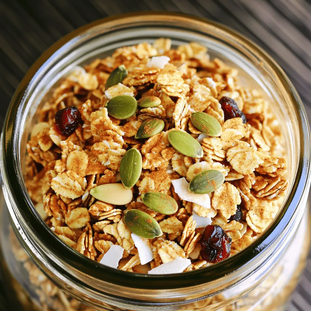 Die Basis für mein Kürbisgewürz-Granola sind einfache, gesunde Zutaten. Hier sind die Hauptbestandteile: - 2 Tassen Haferflocken - 1 Tasse rohe Kürbiskerne - 1/2 Tasse gehobelte Mandeln - 1/2 Tasse ungesüßte Kokosraspeln - 1/4 Tasse Ahornsirup - 1/4 Tasse Kokosöl, geschmolzen - 1 Teelöffel Vanilleextrakt - 1 Teelöffel Kürbiskuchengewürz - 1/2 Teelöffel Salz Diese Zutaten bieten einen tollen Mix aus Geschmack und Textur. Die Haferflocken geben eine gute Basis, während die Kürbiskerne und Mandeln für Crunch sorgen. Das Kokosöl und der Ahornsirup fügen eine süße Note hinzu. Das Kürbiskuchengewürz bringt den typischen Herbstgeschmack. Um dein Granola noch interessanter zu machen, kannst du ein paar optionale Zutaten hinzufügen: - 1/2 Tasse getrocknete Cranberries oder Rosinen - 1/4 Tasse Sonnenblumenkerne - 1/4 Tasse gehackte Walnüsse Diese Zutaten fügen noch mehr Geschmack und Nährstoffe hinzu. Du kannst die Trockenfrüchte nach deinem Geschmack wählen. Sie machen das Granola süßer und fruchtiger. Die Wahl der richtigen Zutaten kann dein Granola verbessern. Achte auf: - Frische: Kaufe frische Nüsse und Kerne. Sie schmecken besser und sind gesünder. - Bio-Qualität: Wenn möglich, wähle Bio-Zutaten. Sie sind oft frei von Chemikalien. - Unbehandelt: Achte darauf, dass die Kokosraspeln ungesüßt sind. Dies macht das Granola gesünder. Mit diesen Tipps kannst du sicherstellen, dass dein Kürbisgewürz-Granola köstlich und nahrhaft ist. Für das vollständige Rezept schau dir die [Full Recipe] an! Zuerst müssen wir alle Zutaten bereitstellen. Das macht das Kochen einfacher. Hier ist, was du brauchst: - 2 Tassen Haferflocken - 1 Tasse rohe Kürbiskerne - 1/2 Tasse gehobelte Mandeln - 1/2 Tasse ungesüßte Kokosraspeln - 1/4 Tasse Ahornsirup - 1/4 Tasse Kokosöl, geschmolzen - 1 Teelöffel Vanilleextrakt - 1 Teelöffel Kürbiskuchengewürz - 1/2 Teelöffel Salz - 1/2 Tasse getrocknete Cranberries oder Rosinen (optional) Sammle alles in einer großen Schüssel. Das macht es einfach, wenn du anfängst, die Mischung zu machen. Jetzt geht es ans Backen. Heize zuerst deinen Ofen auf 175°C vor. Lege ein Backblech mit Backpapier aus. In einer großen Schüssel vermenge die Haferflocken, Kürbiskerne, gehobelte Mandeln und Kokosraspeln. Mische alles gut. In einer anderen Schüssel mische das Kokosöl, den Ahornsirup, die Vanille und die Gewürze. Rühre, bis alles gut vermischt ist. Gieße diese flüssige Mischung über die trockenen Zutaten. Rühre alles gut um, damit jede Flake und Nuss bedeckt ist. Verteile die Mischung gleichmäßig auf dem Backblech. Drücke sie leicht zusammen, um Klumpen zu bilden. Backe die Granola 20 bis 25 Minuten lang. Rühre sie zur Hälfte um, damit sie gleichmäßig bräunt. Wenn sie goldbraun ist, nimm sie aus dem Ofen. Lass die Granola auf dem Blech abkühlen. Sie wird beim Abkühlen knusprig. Wenn sie kalt ist, füge die getrockneten Früchte hinzu, falls du sie verwendest. Mische alles vorsichtig. Für die beste Textur achte darauf, dass die Mischung nicht zu lange im Ofen bleibt. So bleibt sie knusprig und lecker. Lagere die Granola in einem luftdichten Behälter. So bleibt sie frisch und lecker für bis zu zwei Wochen. Wenn du mehr Details über das Rezept möchtest, sieh dir das Full Recipe an. Beim Backen von Granola gibt es ein paar Dinge, die schiefgehen können. Ein häufiger Fehler ist, die Mischung zu lange zu backen. Achte darauf, dass dein Granola goldbraun und nicht zu dunkel wird. Wenn du es überbackst, wird es hart und bitter. Ein weiterer Fehler ist, die Zutaten nicht gut zu mischen. Stelle sicher, dass alles gleichmäßig verteilt ist. So schmeckt jede Portion gleich gut. Um dein Kürbisgewürz-Granola noch besser zu machen, füge frische Zutaten hinzu. Ein Spritzer Zitronensaft kann die Aromen aufhellen. Probiere, etwas Zimt oder Muskatnuss hinzuzufügen. Diese Gewürze passen gut zum Kürbisgewürz. Du kannst auch Nüsse wie Walnüsse oder Haselnüsse hinzufügen. Das gibt einen tollen Crunch und mehr Nährstoffe. Wenn du den Süßegrad anpassen möchtest, spiele mit der Menge des Ahornsirups. Wenn du es süßer magst, füge mehr hinzu. Du kannst auch Honig oder Agavensirup verwenden. Wenn du es weniger süß magst, reduziere die Menge. Denke daran, dass die Trockenfrüchte auch eine natürliche Süße bringen. Probiere verschiedene Kombinationen aus, um deinen perfekten Geschmack zu finden. Für das vollständige Rezept kannst du [Full Recipe] hier nachlesen. {{image_4}} Du kannst dein Kürbisgewürz-Granola ganz nach deinem Geschmack anpassen. Ich empfehle, verschiedene Nüsse und Samen hinzuzufügen. Mandeln sind schon drin, aber auch Walnüsse oder Haselnüsse passen toll. Du kannst auch Sonnenblumenkerne oder Leinsamen verwenden. Diese geben nicht nur einen guten Crunch, sondern auch gesunde Fette und Proteine. Um dein Granola interessanter zu machen, probiere andere Gewürze aus. Zimt passt gut zu Kürbisgewürz. Du kannst auch Muskatnuss oder Ingwer hinzufügen. Wenn du es süßer magst, füge ein wenig Kakao oder Schokoladenstückchen hinzu. Diese Variationen bringen neue Aromen und machen das Granola einzigartig. Wenn du auf Zucker verzichten möchtest, gibt es gesunde Alternativen. Du kannst Honig oder Agavendicksaft verwenden. Diese sind süß, haben aber auch Nährstoffe. Für einen niedrigeren Zuckergehalt nutze reife Bananen oder Apfelmus. Diese Optionen geben deinem Granola eine natürliche Süße und halten es gesund. So kannst du dein Kürbisgewürz-Granola ganz nach deinem Geschmack gestalten und genießen. Probiere die verschiedenen Variationen aus und finde deinen persönlichen Favoriten! Kürbisgewürz-Granola hält sich bis zu zwei Wochen. Es bleibt frisch, wenn Sie es richtig lagern. Verwenden Sie einen luftdichten Behälter. So bleibt die Knusprigkeit erhalten. Achten Sie auf das Haltbarkeitsdatum. Wenn Sie die Granola selbst gemacht haben, notieren Sie das Datum. Bewahren Sie die Granola an einem kühlen, trockenen Ort auf. Ein Küchenschrank ist ideal. Vermeiden Sie Feuchtigkeit. Feuchtigkeit macht die Granola weich und schlabberig. Ein luftdichter Behälter schützt vor Luft und Licht. So bleibt der Geschmack frisch und lecker. Sehen Sie nach Verfärbungen oder Schimmel. Wenn die Granola komisch riecht, ist sie nicht mehr gut. Auch eine weiche Textur ist ein Warnsignal. Bei Unsicherheit werfen Sie die Granola weg. Es ist besser, auf Nummer sicher zu gehen. So genießen Sie immer die beste Qualität Ihrer Kürbisgewürz-Granola. Um Kürbisgewürz-Granola vegan zu machen, tauschen Sie das Kokosöl gegen pflanzliches Öl wie Sonnenblumenöl aus. Statt Ahornsirup können Sie auch Agavensirup verwenden. Beide Optionen sind vegan und bringen einen tollen Geschmack. Die restlichen Zutaten sind ohnehin pflanzlich. So bleibt Ihr Granola lecker und tierfreundlich. Kürbisgewürz-Granola finden Sie in vielen Supermärkten und Bioläden. Achten Sie auf die Regale für Frühstücksartikel oder Snacks. Online gibt es viele Marken, die sie verkaufen. Schauen Sie sich die Inhaltsstoffe an, um die beste Wahl zu treffen. Wenn Sie ein besonderes Rezept im Kopf haben, machen Sie einfach Ihr eigenes Granola mit dem Full Recipe. Kürbisgewürz-Granola bleibt in einem luftdichten Behälter bis zu zwei Wochen frisch. Lagern Sie es bei Zimmertemperatur, um die Knusprigkeit zu erhalten. Achten Sie darauf, dass der Behälter gut verschlossen ist. So vermeiden Sie, dass Feuchtigkeit eindringt. Wenn das Granola weich wird, ist es besser, es nicht mehr zu essen. Kürbisgewürz-Granola ist einfach zuzubereiten und sehr vielseitig. Wir haben die besten Zutaten besprochen und wie du sie auswählen kannst. Die Schritt-für-Schritt-Anleitung hilft dir, die perfekte Textur zu erreichen. Mit den Tipps kannst du häufige Fehler vermeiden und das Granola an deinen Geschmack anpassen. Lagere dein Granola richtig, um die Haltbarkeit zu maximieren. Nutze die Variationen, um neue Aromen zu entdecken. Jetzt bist du bereit, dein eigenes leckeres Granola zu machen!