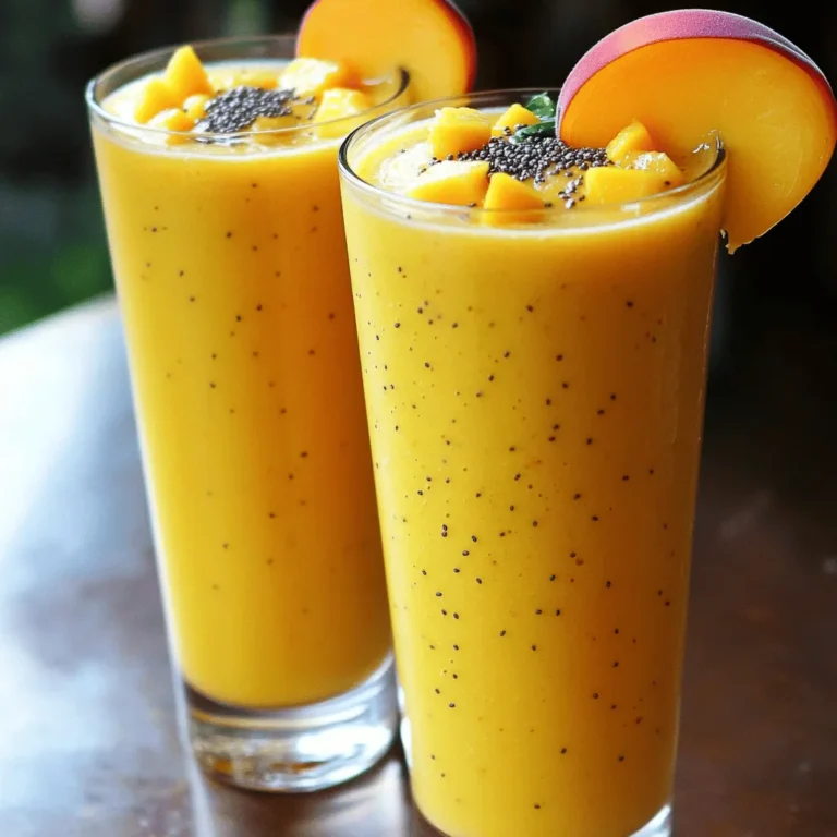 - 1 reife Mango, gewürfelt - 1 reife Pfirsich, in Scheiben - 1 Banane, in Scheiben - 1 Tasse Spinat (optional für zusätzliche Nährstoffe) - 1 Tasse Kokoswasser (oder normales Wasser) - 1 Esslöffel Honig oder Agavendicksaft (nach Geschmack anpassen) - 1 Esslöffel Chiasamen (für zusätzliche Textur und Nährstoffe) - Eiswürfel (nach Bedarf für mehr Dicke) - Mango: Reich an Vitamin C und Antioxidantien. Gut für das Immunsystem. - Pfirsich: Hat Ballaststoffe und Vitamine. Stärkt die Verdauung. - Banane: Liefert Kalium und Energie. Perfekt für einen schnellen Snack. - Spinat: Voll mit Eisen und Vitaminen. Gut für die Muskeln und Knochen. - Kokoswasser: Hydriert und enthält Elektrolyte. Hilft beim Durstlöschen. - Honig/Agavendicksaft: Natürliche Süße und Antioxidantien. Gut für die Gesundheit. - Chiasamen: Reich an Omega-3-Fettsäuren und Ballaststoffen. Unterstützt die Herzgesundheit. - Eiswürfel: Kühlen den Smoothie und machen ihn erfrischend. - Verwenden Sie frische Früchte für den besten Geschmack. - Probieren Sie andere Früchte wie Ananas oder Beeren. - Fügen Sie frische Minze für einen kühlen Kick hinzu. - Nutzen Sie saisonale Früchte für mehr Vielfalt. - Experimentieren Sie mit verschiedenen Milchalternativen wie Mandelmilch oder Hafermilch. Diese Zutaten machen den Mango Peach Sunrise Smoothie frisch und nahrhaft. Für das vollständige Rezept, schauen Sie sich die [Full Recipe] an. Zuerst solltest du die Früchte vorbereiten. Nimm die reife Mango und schneide sie in kleine Würfel. Achte darauf, die Schale vorher zu entfernen. Dann nimm einen reifen Pfirsich und schneide ihn in dünne Scheiben. Wenn du eine Banane hast, schneide sie ebenfalls in Scheiben. Wenn du mehr Nährstoffe möchtest, füge eine Tasse frischen Spinat hinzu. Diese Vorbereitung ist wichtig, um alles gleichmäßig zu pürieren. Jetzt ist es Zeit für den Mixer. Gib alle vorbereiteten Früchte in den Mixer. Gieße eine Tasse Kokoswasser dazu. Das Kokoswasser macht den Smoothie cremig und frisch. Wenn du etwas Süße magst, füge einen Esslöffel Honig oder Agavendicksaft hinzu. Das ist wichtig, um den Geschmack zu verbessern. Jetzt kommen die Chiasamen dazu. Sie geben Textur und zusätzliche Nährstoffe. Stelle den Mixer auf hohe Stufe und püriere alles, bis es schön glatt ist. Wenn der Smoothie die richtige Konsistenz hat, probiere ihn. Vielleicht möchtest du mehr Süße hinzufügen. Mixe dann erneut, bis alles gut vermischt ist. Jetzt kannst du den Smoothie in hohe Gläser gießen. Für eine schöne Präsentation kannst du eine Scheibe Pfirsich oder Mango am Rand des Glases anbringen. Serviere den Smoothie sofort mit einem bunten Strohhalm. So sieht er toll aus und schmeckt frisch. Das ist dein Mango-Pfirsich Sonnenaufgang Smoothie! Für das vollständige Rezept, schau dir das Full Recipe an. Um die perfekte Konsistenz für deinen Mango Peach Sunrise Smoothie zu erreichen, benutze reife Früchte. Frische Mango und Pfirsich sind saftig und liefern eine cremige Basis. Füge nach und nach Eiswürfel hinzu, um die Dicke zu steuern. Mixe alle Zutaten gut durch, bis sie ganz glatt sind. Wenn der Smoothie zu dick ist, gib einfach mehr Kokoswasser dazu. So bleibt er frisch und leicht. Die Süße ist sehr wichtig für den Geschmack. Du kannst den Honig oder Agavendicksaft nach deinem Wunsch anpassen. Beginne mit einem Esslöffel und probiere den Smoothie. Magst du es süßer? Füge mehr hinzu und mixe erneut. Manche mögen ihren Smoothie weniger süß. Du kannst auch die Menge an Obst anpassen, um die Süße zu steuern. Gefrorene Früchte sind eine tolle Wahl für deinen Smoothie. Sie geben dir nicht nur eine kühle Erfrischung, sondern machen ihn auch dicker. Du kannst gefrorene Mangostücke oder Pfirsiche verwenden. Wenn du gefrorene Früchte nimmst, reduziere die Eiswürfel. So wird der Smoothie nicht zu fest. Außerdem bleiben alle Nährstoffe in gefrorenen Früchten gut erhalten. {{image_4}} Wenn Sie Allergien haben, können Sie die Zutaten anpassen. Zum Beispiel, wenn Sie auf Mango oder Pfirsiche allergisch sind, können Sie andere Früchte verwenden. Äpfel oder Birnen sind tolle Alternativen. Sie geben auch Frische und Geschmack. Wenn Sie gegen Nüsse allergisch sind, verwenden Sie kein Kokoswasser. Stattdessen nehmen Sie einfach normales Wasser. So bleibt der Smoothie lecker und sicher für alle. Es macht Spaß, mit verschiedenen Früchten zu experimentieren! Neben Mango und Pfirsich können Sie auch Erdbeeren oder Ananas probieren. Diese Früchte fügen süße und saftige Noten hinzu. Sie können sogar eine Mischung aus verschiedenen Früchten machen. Eine Kombination aus Beeren und Kiwi könnte auch großartig schmecken. Lassen Sie Ihrer Kreativität freien Lauf und finden Sie Ihre Lieblingsmischung. Um den Smoothie noch gesünder zu machen, können Sie zusätzliche Nährstoffe hinzufügen. Zum Beispiel, fügen Sie einen Löffel Proteinpulver hinzu. Das macht den Smoothie sättigender. Sie können auch Haferflocken oder Leinsamen einrühren. Diese geben Ballaststoffe und helfen der Verdauung. Chiasamen sind bereits im Rezept enthalten und bieten viele Nährstoffe. So wird Ihr Mango-Pfirsich Sonnenaufgang Smoothie nicht nur frisch, sondern auch nahrhaft! Um deinen Mango-Pfirsich-Sonnenaufgang-Smoothie frisch zu halten, lagere ihn in einem luftdichten Behälter. Stelle sicher, dass der Behälter gut verschlossen ist. Das hilft, den Smoothie vor Luft und Licht zu schützen. Im Kühlschrank bleibt er etwa 1-2 Tage frisch. Vor dem Trinken einfach gut schütteln oder umrühren. Wenn du mehr Smoothie machst, kannst du die Reste einfrieren. Fülle den Smoothie in Eiswürfelformen oder einen gefrierfesten Behälter. So kannst du ihn später schnell auftauen. Zum Auftauen stellst du die Portionen einfach in den Kühlschrank oder bei Raumtemperatur. Du kannst die gefrorenen Würfel auch in anderen Getränken verwenden. Die Zutaten für den Smoothie haben unterschiedliche Haltbarkeiten. Frische Mangos und Pfirsiche halten sich in der Regel 3-5 Tage bei Raumtemperatur. In den Kühlschrank kommen sie länger, bis zu einer Woche. Bananen reifen schnell, also achte darauf, sie rechtzeitig zu verwenden. Spinat sollte frisch sein und innerhalb von 3-5 Tagen verbraucht werden. Kokoswasser und Chiasamen halten sich lange, solange sie trocken und kühl gelagert werden. Ein Mango-Pfirsich-Sonnenaufgang-Smoothie hat etwa 200 Kalorien pro Portion. Die Kalorienanzahl kann je nach Zutaten variieren. Wenn Sie zum Beispiel mehr Honig hinzufügen oder die Banane weglassen, ändert sich die Kalorienzahl. Generell sind Smoothies eine großartige Wahl für einen leichten Snack oder Frühstück. Ja, Sie können den Smoothie vegan zubereiten. Verwenden Sie einfach Agavendicksaft anstelle von Honig. Alle anderen Zutaten sind bereits pflanzlich. Die Verwendung von Kokoswasser macht ihn zudem besonders frisch und lecker. Der Mango-Pfirsich-Sonnenaufgang-Smoothie ist reich an Vitaminen und Mineralstoffen. - Mango: Voller Vitamin A und C, gut für die Haut. - Pfirsich: Unterstützt die Verdauung und ist hydratisierend. - Banane: Eine gute Quelle für Kalium und Energie. - Spinat: Voller Eisen und Antioxidantien, ideal für die Gesundheit. - Chiasamen: Bieten Ballaststoffe und gesunde Fette. Diese Zutaten zusammen machen den Smoothie nahrhaft und lecker. So haben Sie einen gesunden Start in den Tag! Dieser Blogbeitrag hat die Zubereitung eines Mango-Pfirsich-Sonnenaufgang-Smoothies erklärt. Wir haben die wichtigsten Zutaten, die besten Zubereitungsschritte und nützliche Tipps besprochen. Außerdem gab es Variationen für Allergiker und wichtige Lagerungshinweise. Denke daran, bei der Auswahl der Zutaten frisch und gesund zu bleiben. Experimentiere mit verschiedenen Kombinationen, um deinen perfekten Smoothie zu finden. Viel Spaß beim Mixen und Genießen!