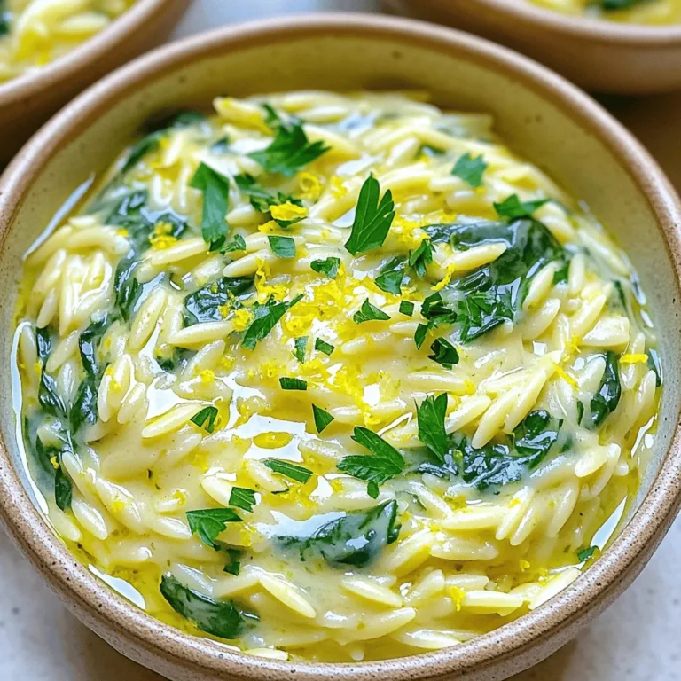 Für die cremige Zitronen-Knoblauch-Orzo benötigst du: - 1 Tasse Orzo-Nudeln - 2 Esslöffel Olivenöl - 4 Zehen Knoblauch, fein gehackt - 1 Tasse Gemüsebrühe - 1 Tasse Schlagsahne - 1 Tasse frischer Spinat - Abrieb von 1 Zitrone - Saft von 1 Zitrone - 1/2 Tasse geriebener Parmesan - Salz und Pfeffer nach Geschmack - Frische Petersilie, gehackt (zum Garnieren) Jede Zutat hat ihre eigene Rolle im Gericht. Die Orzo-Nudeln bilden die Basis und geben dem Gericht Struktur. Olivenöl sorgt für einen reichen Geschmack und hilft, den Knoblauch zu braten. Knoblauch bringt ein schönes Aroma, das das Gericht lebendig macht. Gemüsebrühe fügt Tiefe hinzu, während Schlagsahne die Sauce cremig macht. Der frische Spinat bringt Farbe und Nährstoffe. Zitronenabrieb und -saft geben Frische und Helligkeit. Parmesan fügt einen herzhaften Geschmack hinzu. Petersilie rundet alles ab und sorgt für eine schöne Präsentation. Falls du Allergien hast oder bestimmte Zutaten nicht magst, gibt es Alternativen: - Orzo-Nudeln: Verwende glutenfreie Nudeln oder Reis. - Schlagsahne: Nutze Kokosmilch oder Hafercreme für eine pflanzliche Option. - Parmesan: Ersetze ihn durch Hefeflocken für einen veganen Geschmack. - Gemüsebrühe: Verwende Wasser, wenn du keine Brühe hast. Mit diesen Anpassungen bleibt das Gericht lecker und anpassbar. Für das volle Rezept schau bei [Full Recipe] vorbei. Zuerst bringe ich in einem großen Topf genug Wasser zum Kochen. Ich füge eine Prise Salz dazu. Dann koche ich die Orzo-Nudeln laut Packungsanweisung. Dies dauert normalerweise etwa 8 bis 10 Minuten. Ich achte darauf, sie al dente zu kochen. Nach dem Kochen gieße ich die Nudeln ab und stelle sie beiseite. Jetzt ist es Zeit, die leckere Sauce zu machen. Ich erhitze 2 Esslöffel Olivenöl im selben Topf bei mittlerer Hitze. Sobald das Öl warm ist, gebe ich 4 fein gehackte Knoblauchzehen hinein. Ich brate den Knoblauch etwa 1 Minute lang, bis er duftet und goldbraun ist. Ich achte darauf, dass er nicht anbrennt. Dann gieße ich 1 Tasse Gemüsebrühe in den Topf und lasse sie sanft köcheln. Anschließend füge ich 1 Tasse Schlagsahne hinzu und rühre alles gut um. Ich gebe den Abrieb und den Saft von 1 Zitrone dazu. Danach kommt 1 Tasse frischer Spinat in den Topf. Ich koche alles für 2 bis 3 Minuten, bis der Spinat zusammenfällt. Jetzt ist es an der Zeit, die Orzo-Nudeln hinzuzufügen. Ich rühre die gekochten Nudeln und 1/2 Tasse geriebenen Parmesan unter die Sauce. Ich schmecke alles mit Salz und Pfeffer ab. Dann lasse ich das Gericht für weitere 1 bis 2 Minuten kochen, damit die Sauce leicht eindickt. Nachdem ich den Topf vom Herd genommen habe, garniere ich das Gericht mit frisch gehackter Petersilie. Ich serviere die cremige Orzo warm und genieße die köstlichen Aromen. Wenn du mehr Details möchtest, schau dir das Full Recipe an. Um die perfekte Konsistenz für deine cremige Zitronen-Knoblauch-Orzo zu erreichen, achte auf die Kochzeit der Orzo-Nudeln. Sie sollten al dente sein, also bissfest, damit sie die Sauce gut aufnehmen. Füge die Schlagsahne langsam hinzu, um eine schöne, glatte Textur zu bekommen. Wenn die Sauce zu dick wird, kannst du etwas Gemüsebrühe oder Wasser hinzufügen, um sie zu verdünnen. Rühre ständig, um Klumpen zu vermeiden und die Cremigkeit zu bewahren. Ein häufiger Fehler ist, den Knoblauch zu lange zu braten. Er sollte nur leicht goldbraun werden, sonst wird er bitter. Achte auch darauf, die Orzo nicht zu lange zu kochen. Wenn sie zu weich sind, verlieren sie ihren Biss und die Textur des Gerichts leidet. Ein weiterer Fehler ist, die Gewürze erst am Ende hinzuzufügen. Schmecke die Sauce während des Kochens ab, um sicherzustellen, dass der Geschmack perfekt ist. Kräuter bringen frische Aromen in dein Gericht. Verwende frische Petersilie zum Garnieren, das gibt Farbe und Geschmack. Du kannst auch Basilikum oder Thymian hinzufügen, um neue Geschmacksrichtungen zu entdecken. Für ein wenig Schärfe füge eine Prise rote Paprikaflocken hinzu. Diese kleinen Anpassungen können das Gericht auf ein neues Level heben. Experimentiere mit verschiedenen Kräutern, um deinen persönlichen Favoriten zu finden. {{image_4}} Um das Gericht noch fleischloser zu machen, können Sie verschiedene Gemüse verwenden. Zucchini, Paprika oder Erbsen passen gut. Diese Gemüse geben dem Gericht Farbe und Textur. Sie können auch Pilze hinzufügen, um mehr Tiefe zu erzeugen. Diese Alternativen machen das Gericht spannend und lecker. Wenn Sie mehr Protein möchten, können Sie Hähnchen oder Garnelen hinzufügen. Braten Sie das Fleisch einfach mit dem Knoblauch an, bevor Sie die Brühe hinzufügen. Alternativ können Sie Kichererbsen verwenden. Sie sind eine großartige pflanzliche Proteinquelle und ergänzen die cremige Textur des Orzo. Für schärfere Geschmäcker können Sie rote Paprikaflocken oder frische Chilischoten verwenden. Fügen Sie diese zusammen mit dem Knoblauch hinzu, um eine angenehme Schärfe zu erzielen. Diese kleine Änderung bringt das Gericht auf das nächste Level und macht es aufregender. Experimentieren Sie ruhig mit der Schärfe, um die perfekte Balance für Ihren Gaumen zu finden. Um Reste von cremiger Zitronen-Knoblauch-Orzo aufzubewahren, lassen Sie das Gericht zuerst abkühlen. Füllen Sie die Orzo dann in einen luftdichten Behälter. Achten Sie darauf, dass der Behälter gut schließt. So bleiben die Aromen frisch. Lagern Sie den Behälter im Kühlschrank. Reste sind bis zu drei Tage haltbar. Wenn Sie die Orzo länger aufbewahren möchten, können Sie sie einfrieren. Geben Sie die abgekühlte Orzo in gefrierfeste Behälter oder Beutel. Lassen Sie etwas Platz, da die Orzo beim Einfrieren etwas an Volumen zunimmt. Beschriften Sie die Behälter mit dem Datum. Im Gefrierschrank bleibt die Orzo bis zu drei Monate frisch. Beim Aufwärmen sollten Sie vorsichtig sein, damit die Orzo nicht austrocknet. Geben Sie die Reste in einen Topf und fügen Sie einen Schuss Gemüsebrühe oder Sahne hinzu. Erhitzen Sie die Orzo langsam bei mittlerer Hitze. Rühren Sie oft um, damit alles gleichmäßig warm wird. So bleibt die cremige Textur erhalten. Die Evelahe kann im Kühlschrank bis zu drei Tage aufbewahrt werden. Wichtig ist, sie in einem luftdichten Behälter zu lagern. Vor dem Servieren einfach aufwärmen. Wenn Sie die Evelahe zu lange stehen lassen, kann die Konsistenz der Sauce leiden. Ja, Sie können andere Pasta verwenden. Kleinere Sorten wie Reisnudeln oder Farfalle sind gute Alternativen. Achten Sie darauf, die Kochzeit anzupassen. Größere Nudeln können länger brauchen, um weich zu werden. Das Originalrezept ist nicht glutenfrei, da es Orzo enthält. Sie können jedoch glutenfreie Pasta verwenden. Achten Sie darauf, die Packungsanweisungen für die Kochzeit zu befolgen. So bleibt das Gericht lecker und passt zu Ihrer Diät. Für das vollständige Rezept schauen Sie in die [Full Recipe]. Diese Anleitung zeigt dir, wie du ein leckeres Gericht mit Orzo zubereitest. Wir haben die besten Zutaten und ihre Aufgaben erklärt. Du kannst auch Alternativen finden, falls du Allergien hast. Die Schritt-für-Schritt-Anleitung hilft dir, alles richtig zu machen. Tipps zur Konsistenz und zu häufigen Fehlern unterstützen dich bei der Zubereitung. Variationen wie vegetarische oder proteinreiche Optionen geben deinem Gericht mehr Vielfalt. Schließlich erfährst du, wie du Reste richtig lagerst und aufwärmst. Viel Spaß beim Kochen!