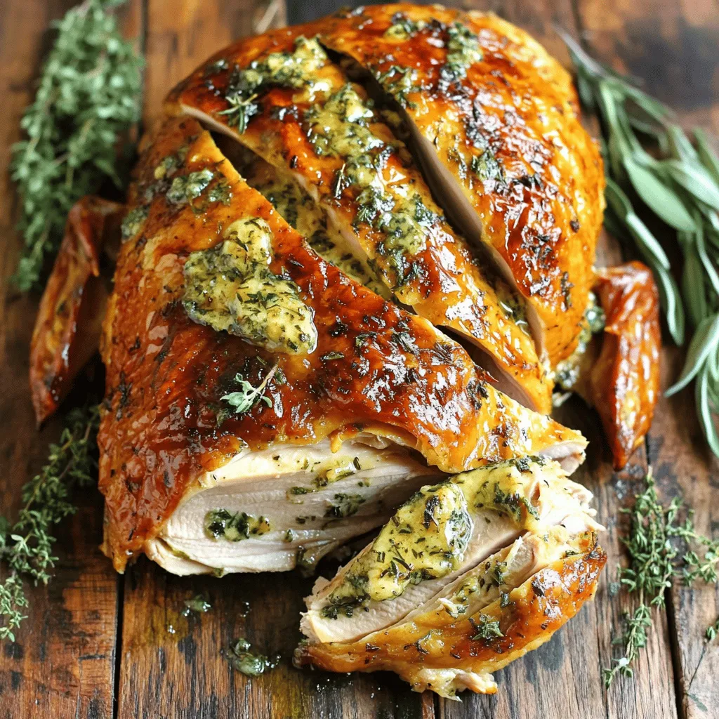 Für diesen köstlichen Knoblauch-Kräuter-Butter-Roast-Türkei benötigen Sie: - 1 ganze Türkei (12-14 Pfund), aufgetaut - 1 Tasse ungesalzene Butter, weich - 10 Knoblauchzehen, fein gehackt - 1 Zitrone, abgerieben und ausgepresst - 1 Esslöffel frischer Rosmarin, fein gehackt - 1 Esslöffel frischer Salbei, fein gehackt - 1 Esslöffel frischer Thymian, fein gehackt - Salz und frisch gemahlener schwarzer Pfeffer nach Geschmack - 2 Tassen natriumarme Hühnerbrühe - Frische Kräuter zum Garnieren (Rosmarin, Salbei, Thymian) Diese einfachen Zutaten machen das Gericht besonders lecker. Die Türkei wird saftig und voller Geschmack. Die Gewürze und Kräuter sind der Schlüssel zu einem tollen Geschmack. Knoblauch bringt einen starken, herzhaften Geschmack. Rosmarin, Salbei und Thymian sorgen für eine frische Note. Die Zitrone gibt einen leichten, spritzigen Akzent. Verwenden Sie frische Kräuter, wenn möglich. Sie machen den Unterschied. Salz und Pfeffer helfen, die Aromen zu verstärken. Um diesen Roast perfekt zuzubereiten, benötigen Sie einige wichtige Geräte: - Ein großes Bratblech mit Rost - Ein Fleischthermometer - Eine mittelgroße Schüssel - Papiertücher zum Abtrocknen Diese Utensilien helfen Ihnen, die Türkei gleichmäßig zu braten. Das Fleischthermometer ist wichtig, um sicherzustellen, dass die Türkei gut durchgegart ist. Mit der richtigen Ausrüstung wird das Kochen einfacher und erfolgreicher. Für die vollständige Zubereitung können Sie das Rezept [Full Recipe] verwenden. Zuerst heizen Sie Ihren Ofen auf 165°C vor. Das ist wichtig für eine gleichmäßige Garung. Dann nehmen Sie die Türkei aus der Verpackung. Vergessen Sie nicht, die Innereien zu entfernen. Tupfen Sie die Türkei mit Papiertüchern trocken. So wird die Haut knuspriger. Lösen Sie die Haut über der Brust vorsichtig mit Ihren Händen oder einem Löffel. Achten Sie darauf, die Haut nicht zu beschädigen. Mischen Sie die Kräuterbutter in einer Schüssel. Verwenden Sie dazu weiche Butter, gehackten Knoblauch, Zitronenschale, Zitronensaft, Rosmarin, Salbei, Thymian, Salz und Pfeffer. Nehmen Sie zwei Drittel der Mischung. Reiben Sie diese unter der Haut der Türkei ein. Stellen Sie sicher, dass beide Brüste gut bedeckt sind. Verteilen Sie die restliche Butter gleichmäßig auf der Außenseite der Türkei. Diese Schritte sorgen für einen tollen Geschmack. Platzieren Sie die Türkei auf einem Rost in einer großen Bratform. Gießen Sie die Hühnerbrühe in die Form. So bleibt die Türkei während des Bratens schön feucht. Rosten Sie die Türkei für etwa 13-15 Minuten pro Pfund. Nutzen Sie ein Fleischthermometer. Die Brust sollte 75°C erreichen, die Oberschenkel 80°C. Bästen Sie die Türkei alle 30 Minuten mit dem Bratensaft. Dies hält sie saftig und aromatisch. Wenn die Haut zu schnell bräunt, decken Sie die Türkei mit Aluminiumfolie ab. Lassen Sie die Türkei nach dem Braten 25-30 Minuten ruhen. Dies hilft, die Säfte im Fleisch zu halten. Für das vollständige Rezept schauen Sie sich die [Full Recipe] an. Um die Türkei saftig zu halten, gibt es einige einfache Tricks. Erstens, die Butter sollte gut unter die Haut gerieben werden. So zieht der Geschmack in das Fleisch. Zweitens, die Türkei braucht ausreichend Zeit zum Ruhen. Nach dem Braten sollten Sie sie mindestens 25-30 Minuten ruhen lassen. Das hilft, die Säfte zu halten. Ein häufiger Fehler ist, die Türkei zu früh zu schneiden. Wenn Sie das Fleisch sofort anschneiden, laufen die Säfte aus. Ein weiterer Fehler ist, die Türkei nicht zu basten. Wenn Sie die Türkei alle 30 Minuten mit Bratensaft begießen, bleibt sie feucht und lecker. Achten Sie auch darauf, die Temperatur im Ofen genau zu kontrollieren. Zu hohe Hitze kann die Haut verbrennen, während das Fleisch innen roh bleibt. Für das perfekte Bästen verwenden Sie einen Löffel oder eine Spritze. Gießen Sie den Bratensaft gleichmäßig über die Türkei. Konzentrieren Sie sich auf die Brüste, da sie am schnellsten austrocknen. Wenn die Haut zu braun wird, decken Sie die Türkei mit Aluminiumfolie ab. Das hilft, die Haut knusprig zu halten, ohne das Fleisch zu übergaren. Für weitere Details können Sie das [Full Recipe] einsehen. {{image_4}} Ich liebe es, mit Kräutern zu spielen. Rosmarin, Thymian und Salbei sind klassisch, aber du kannst auch andere verwenden. Frischer Estragon oder Oregano geben einen neuen Twist. Mische verschiedene Kräuter für deinen eigenen Geschmack. Denke daran, die Menge anzupassen. Beginne mit einer kleinen Menge und taste dich voran. Du kannst die Kräuterbutter auch mit Gewürzen aufpeppen. Paprika, Kreuzkümmel oder sogar Chili geben deiner Türkei mehr Kick. Diese Gewürze bringen neue Aromen ins Spiel. Probiere, einen Teelöffel von jedem Gewürz hinzuzufügen. Du wirst überrascht sein, wie viel mehr Geschmack du bekommst. Experimentiere und finde deine perfekte Mischung. Eine schöne Türkei braucht tolle Beilagen. Ich empfehle, einen frischen grünen Salat oder geröstetes Gemüse zu servieren. Diese Beilagen bringen Farbe und Frische auf den Tisch. Auch Kartoffelpüree oder Preiselbeersoße passen perfekt dazu. Diese Kombination macht dein festliches Dinner rundum gelungen. Sieh dir das Rezept für Knoblauch-Kräuter-Butter-Roast-Türkei für weitere Ideen an. Um die Reste Ihrer Knoblauch-Kräuter-Butter-Roast-Türkei frisch zu halten, lassen Sie sie zuerst abkühlen. Wickeln Sie die Türkei fest in Frischhaltefolie oder Aluminiumfolie. Sie können auch einen luftdichten Behälter verwenden. So bleibt die Türkei saftig und lecker. Lagern Sie sie im Kühlschrank. Die Reste sind bis zu vier Tage haltbar. Wenn Sie mehr Reste haben, als Sie essen können, frieren Sie sie ein. Schneiden Sie die Türkei in Portionen. Wickeln Sie jede Portion in Folie ein. Legen Sie sie dann in einen Gefrierbeutel. Beschriften Sie den Beutel mit dem Datum. So wissen Sie, wie lange sie im Gefrierfach sind. Die gefrorene Türkei hält bis zu drei Monate. Um die Türkei wieder aufzuwärmen, heizen Sie den Ofen auf 165°C vor. Legen Sie die Türkei in eine Auflaufform. Fügen Sie etwas Hühnerbrühe oder Wasser hinzu, um die Feuchtigkeit zu halten. Decken Sie die Form mit Folie ab. Erwärmen Sie die Türkei für etwa 20 bis 30 Minuten. So bleibt sie saftig und geschmackvoll. Vermeiden Sie Mikrowellen, da diese die Textur beeinträchtigen können. Lass die Türkei nach dem Braten 25 bis 30 Minuten ruhen. Diese Zeit hilft, die Säfte im Fleisch zu halten. Wenn du die Türkei sofort schneidest, verlierst du diese Säfte. Das Fleisch bleibt so zart und saftig. Die beste Temperatur für die Türkei ist 75 °C (165 °F) in der Brust. Für die Oberschenkel solltest du 80 °C (175 °F) anstreben. Ein Fleischthermometer hilft dir, die Temperatur genau zu messen. So stellst du sicher, dass das Fleisch richtig gekocht ist und sicher verzehrt werden kann. Ja, du kannst die Kräuterbutter im Voraus zubereiten. Du kannst sie bis zu zwei Tage im Voraus machen. Bewahre sie in einem luftdichten Behälter im Kühlschrank auf. Vor dem Auftragen solltest du die Butter auf Raumtemperatur bringen, damit sie sich leicht verteilen lässt. So sparst du Zeit am Tag des Bratens. Zusammenfassend haben wir die wichtigsten Zutaten für Knoblauch-Kräuter-Butter-Roast-Türkei besprochen. Wir haben die besten Kräuter und Gewürze sowie die nötigen Küchengeräte behandelt. Die Schritt-für-Schritt-Anleitung hilft dir, die Türkei perfekt zuzubereiten. Tipps und Tricks sorgen dafür, dass die Türkei saftig bleibt. Variationen bieten kreative Ideen für dein Festessen. Zuletzt haben wir erklärt, wie du Reste richtig lagerst. Mit diesen Tipps wird dein nächstes Dinner sicher ein Hit!