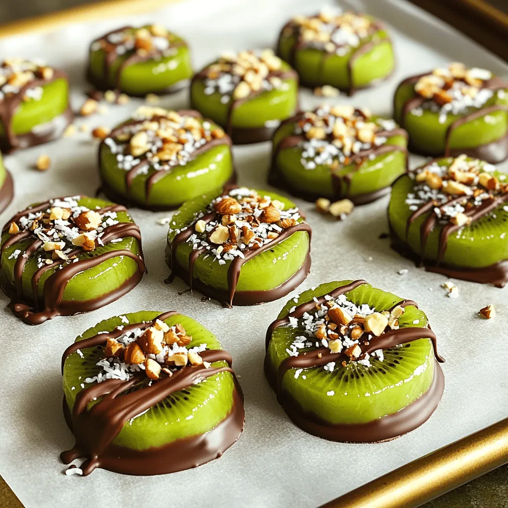 - 3 reife Kiwis, geschält und in dicke Scheiben geschnitten - 1 Tasse dunkle Schokoladenstückchen oder halb-süß - 1 Esslöffel Kokosöl Die Hauptzutaten sind einfach und frisch. Die Kiwis sind der Star dieses Rezepts. Sie bringen einen süßen und leicht sauren Geschmack mit. Dunkle Schokolade gibt den Pops einen reichhaltigen, tiefen Geschmack. Das Kokosöl macht die Schokolade glatt und glänzend. Diese Mischung ist ein Genuss! - 1/2 Tasse gehackte Nüsse (Mandeln, Haselnüsse oder Walnüsse) - 1/4 Tasse getrocknete Kokosraspeln (optional) Toppings machen die Pops noch besser. Die gehackten Nüsse fügen Crunch und Nährstoffe hinzu. Die getrockneten Kokosraspeln geben einen tropischen Touch. Wenn du kreativ sein willst, mische verschiedene Toppings. Du kannst auch etwas Salz für einen tollen Kontrast verwenden. - 10 Holz-Popsicle-Stäbchen - Mikrowellengeeignete Schüssel Die Utensilien sind leicht zu finden. Holz-Popsicle-Stäbchen sind perfekt für das Eintauchen. Eine mikrowellengeeignete Schüssel hilft dir, die Schokolade schnell zu schmelzen. Wenn du alles bereit hast, bist du bereit für das Rezept. Du findest die vollständige Anleitung in der [Full Recipe]. Zuerst schälen wir die Kiwis. Dies geht einfach mit einem kleinen Messer. Dann schneiden wir die Kiwis in dicke Scheiben. Dicke Scheiben sind wichtig, damit sie beim Eintauchen in die Schokolade stabil bleiben. Nach dem Schneiden tupfen wir die Kiwis mit einem Papiertuch trocken. So bleibt die Schokolade besser haften. Jetzt beginnen wir mit der Schokolade. Wir nehmen eine mikrowellengeeignete Schüssel und geben die Schokoladenstückchen hinein. Dann fügen wir einen Esslöffel Kokosöl hinzu. Das Kokosöl hilft, die Schokolade schön glänzend zu machen. Wir stellen die Schüssel in die Mikrowelle. Dort erhitzen wir die Schokolade in 30-Sekunden-Intervallen. Dabei rühren wir die Schokolade regelmäßig um. So vermeiden wir, dass sie anbrennt. Wenn die Schokolade glatt ist, halten wir jeden Kiwi-Pop am Stäbchen und tauchen ihn in die geschmolzene Schokolade. Achten Sie darauf, dass die Kiwi vollständig bedeckt ist. Lassen Sie die überschüssige Schokolade zurück in die Schüssel tropfen. Jetzt wird es kreativ! Während die Schokolade noch warm ist, können wir die Toppings hinzufügen. Wir können die Kiwi-Pops in gehackte Nüsse oder Kokosraspeln rollen. Diese sorgen für einen tollen Crunch. Danach legen wir die beschichteten Kiwi-Pops auf ein Backblech. Wir stellen das Blech dann in den Kühlschrank. Nach etwa 30 Minuten sind die Pops fest und bereit zum Genießen! Die Auswahl der Kiwis ist wichtig. Reife Kiwis haben eine sanfte, aber nicht matschige Textur. Drücke leicht auf die Kiwi. Wenn sie etwas nachgibt, ist sie reif. Achte auf die Schale. Sie sollte glatt und ohne Druckstellen sein. Vermeide Kiwis mit dunklen Flecken, da sie überreif sein könnten. Um die Schokolade gleichmäßig zu schmelzen, benutze die Mikrowelle. Gib die Schokoladenstückchen in eine mikrowellengeeignete Schüssel. Erhitze sie in 30-Sekunden-Intervallen. Rühre zwischendurch gut um, damit sie nicht anbrennt. Alternativ kannst du ein Wasserbad nutzen. Fülle einen Topf mit Wasser und bringe es zum Kochen. Stelle eine hitzebeständige Schüssel mit der Schokolade darauf. Das Wasser sollte die Schüssel nicht berühren. Die Präsentation macht viel aus. Arrange die Kiwi-Pops auf einem großen Teller. Du kannst etwas geschmolzene Schokolade darüber träufeln. Das sieht toll aus! Frische Minzblätter sind ein schöner Farb- und Frischeeffekt. Kombiniere die Kiwi-Pops mit anderen Früchten. Erdbeeren oder Bananen passen gut dazu. So erhältst du eine bunte und leckere Mischung. {{image_4}} Für deine Schokoladenüberzogenen Kiwi-Pops kannst du verschiedene Schokoladensorten verwenden. Zartbitterschokolade bietet einen intensiven Geschmack. Vollmilchschokolade ist süßer und cremiger. Weiße Schokolade bringt eine milde Süße mit. Wenn du vegan kochen möchtest, gibt es viele vegane Schokoladenoptionen. Diese Schokoladen bestehen oft aus Kakaomasse und pflanzlichen Fetten. Sie sind eine tolle Wahl für alle, die tierische Produkte meiden. Zusätzliche Toppings machen deine Kiwi-Pops noch spannender. Du kannst sie mit bunten Streuseln oder gehackten Trockenfrüchten bestreuen. Diese Toppings bringen nicht nur Geschmack, sondern auch eine tolle Optik. Eine andere Möglichkeit ist, die Schokolade zu aromatisieren. Füge etwas Zimt oder Vanille hinzu. Das gibt den Pops einen besonderen Kick. Du kannst auch Nussbutter oder Karamell in die Schokolade mischen. Diese Ideen machen das Rezept noch kreativer. Wenn du Abwechslung möchtest, probiere andere Früchte. Erdbeeren sind eine beliebte Wahl. Sie sind süß und saftig. Bananen passen ebenfalls gut. Ihre cremige Textur harmoniert perfekt mit Schokolade. Ananas sorgt für einen tropischen Twist. Du kannst auch verschiedene Früchte in einem Popsicle kombinieren. Mixe Kiwis, Erdbeeren und Bananen. Das ergibt eine fruchtige Explosion. So wird jedes Eis einzigartig und lecker. Bewahre die Schokoladenüberzogenen Kiwi-Pops im Kühlschrank auf. So bleiben sie frisch und lecker. Lege sie in einen luftdichten Behälter. Dies schützt die Pops vor Feuchtigkeit. Feuchtigkeit kann die Schokolade weich machen. Stelle sicher, dass der Behälter nicht zu voll ist. So vermeidest du, dass die Pops aneinander kleben. Die Kiwi-Pops bleiben frisch für etwa fünf Tage. Nach dieser Zeit können sie an Geschmack verlieren. Achte auf Anzeichen von Verderb. Wenn die Schokolade stumpf aussieht oder die Kiwi matschig wird, ist es Zeit, sie wegzuwerfen. Frische ist der Schlüssel zu einem leckeren Snack. Du kannst die Kiwi-Pops im Voraus zubereiten. Das spart Zeit, besonders wenn Gäste kommen. Mache die Pops einen Tag vorher und lagere sie im Kühlschrank. Wenn du mehr Haltbarkeit willst, friere die Kiwi-Pops ein. Lege sie auf ein Backblech und stelle sie in den Gefrierschrank. Nach ein paar Stunden sind sie fest. Dann kannst du sie in einen Behälter umfüllen. Damit bleiben sie bis zu einem Monat frisch. Die Schokoladenüberzogenen Kiwi-Pops halten sich bis zu einer Woche im Kühlschrank. Lagern Sie sie in einem luftdichten Behälter. So bleiben sie frisch und lecker. Vermeiden Sie Feuchtigkeit, da sie sonst matschig werden können. Ja, Sie können die Kiwi-Pops einfrieren. Wickeln Sie sie in Frischhaltefolie oder legen Sie sie in einen gefrierfesten Behälter. So bleiben sie bis zu einem Monat haltbar. Zum Auftauen legen Sie sie einfach in den Kühlschrank. So bleibt die Schokolade schön fest. Dunkle Schokolade ist ideal für Kiwi-Pops. Sie hat einen reichhaltigen Geschmack und passt gut zur Süße der Kiwi. Halb-süße Schokolade ist auch eine gute Wahl, wenn Sie es süßer mögen. Achten Sie darauf, hochwertige Schokolade zu verwenden. Die Kiwi-Pops sind nicht vegan, wenn Sie normale Schokolade verwenden. Für eine vegane Option nutzen Sie dunkle Schokolade ohne Milchbestandteile. Auch Kokosöl ist eine gute Zutat. Prüfen Sie die Etiketten, um sicherzustellen, dass die Schokolade vegan ist. Ja, dieses Rezept ist vielseitig! Sie können auch Erdbeeren, Bananen oder Ananas verwenden. Diese Früchte schmecken ebenfalls köstlich mit Schokolade. Experimentieren Sie mit verschiedenen Kombinationen für neue Geschmackserlebnisse. Kiwi-Pops sind eine leckere und gesunde Nascherei. Wir haben gelernt, wie man Kiwis mit Schokolade überzieht. Die Auswahl der richtigen Zutaten ist wichtig für den Geschmack. Verschiedene Toppings bringen Abwechslung. Diese Pops sind einfach zuzubereiten und gut lagerbar. Experimentiere mit verschiedenen Früchten für neue Kombinationen. Genieße diese süßen Snacks auf Partys oder zu Hause. Denk daran: Frische Zutaten machen einen großen Unterschied. Viel Spaß beim Ausprobieren!