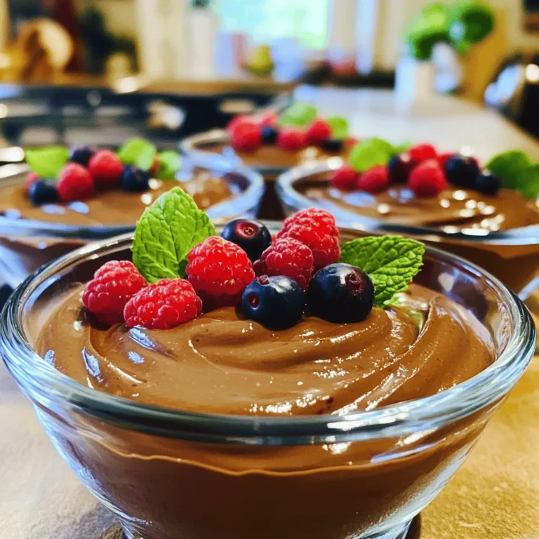 - 2 reife Avocados, geschält und entkernt - 125 g ungesüßtes Kakaopulver - 125 ml Ahornsirup (oder Honig) Die Hauptzutaten sind einfach und gesund. Avocados machen die Mousse cremig. Sie sind reich an gesunden Fetten. Kakaopulver gibt den starken Schokoladengeschmack. Es ist wichtig, ungesüßtes Kakaopulver zu wählen. Ahornsirup oder Honig süßen die Mousse auf natürliche Weise. - 60 ml Mandelmilch (oder Milch nach Wahl) - 1 Teelöffel Vanilleextrakt - Eine Prise Meersalz Diese Zutaten machen die Mousse noch besser. Mandelmilch fügt eine feine Note hinzu. Vanilleextrakt verstärkt den Geschmack von Schokolade. Meersalz bringt die Aromen hervor und sorgt für eine schöne Balance. - Frische Beeren - Minzblätter Die Dekoration macht die Mousse schön und frisch. Beeren bringen Farbe und eine fruchtige Note. Minzblätter sorgen für einen frischen Kick. Sie machen die Mousse perfekt für besondere Anlässe. Für die vollständige Anleitung, schauen Sie sich das Full Recipe an. Zuerst schäle ich die reifen Avocados. Ich schneide sie längs auf und entferne den Kern. Dann lege ich das Fruchtfleisch in die Schüssel der Küchenmaschine. Die Avocados sind wichtig, denn sie machen die Mousse cremig und gesund. Jetzt gebe ich alle anderen Zutaten in die Küchenmaschine. Dazu gehören ungesüßtes Kakaopulver, Ahornsirup, Mandelmilch, Vanilleextrakt und eine Prise Meersalz. Diese Mischung sorgt für einen tollen Geschmack. Ich schließe den Deckel gut und mache mich bereit zum Mixen. Ich stelle die Küchenmaschine auf hohe Stufe. Es dauert ein paar Minuten, bis die Mischung glatt und cremig wird. Zwischendurch kratze ich die Ränder der Schüssel ab, um sicherzustellen, dass alles gut vermischt ist. Nach dem Mixen probiere ich die Mousse. Wenn ich mehr Süße brauche, füge ich einfach etwas mehr Ahornsirup hinzu. Sobald ich die perfekte Konsistenz erreicht habe, fülle ich die Mousse in Servierschalen. Ich lasse sie mindestens 30 Minuten im Kühlschrank ruhen. Das Kühlen hilft, die Aromen zu entfalten und die Mousse leicht fest zu machen. Jetzt ist die Mousse bereit zum Genießen. Wer mag, kann sie mit frischen Beeren oder Minzblättern dekorieren. So wird das Dessert noch schöner! Für das gesamte Rezept, siehe [Full Recipe]. Reife Avocados sind der Schlüssel zu einer tollen Mousse. Um zu testen, ob deine Avocados reif sind, drücke leicht auf die Schale. Sie sollte sich sanft anfühlen. Wenn die Schale zu fest ist, ist die Avocado noch nicht reif. Ist sie zu weich, könnte sie überreif sein. Die Süße ist wichtig für den Geschmack. Du kannst Ahornsirup oder Honig verwenden. Beginne mit der Menge im Rezept. Probiere die Mousse und füge mehr Süße hinzu, wenn du es magst. Es ist dein Dessert, also passe die Süße nach deinem Geschmack an. Das Kühlen der Mousse ist wichtig. Stelle sie mindestens 30 Minuten in den Kühlschrank. So kann sich der Geschmack entfalten und die Mousse wird schön fest. Wenn du mehr Zeit hast, lass sie länger kühlen. So wird die Mousse noch besser. {{image_4}} Um die Mousse noch köstlicher zu machen, füge dunkle Schokolade hinzu. Diese Schokolade hat einen intensiven Geschmack. Sie wird perfekt mit der cremigen Avocado harmonieren. Nimm einfach 100 g dunkle Schokolade und schmelze sie. Mische die geschmolzene Schokolade am Ende in die Mousse. So erhält die Mousse eine reichhaltige Note. Kaffee oder Nüsse sind zwei großartige Ideen, um das Rezept zu variieren. Für einen Kaffeegeschmack füge 1 Esslöffel starken Kaffee hinzu. Dieser verleiht der Mousse einen überraschenden Kick. Wenn du Nüsse magst, hacke eine Handvoll Mandeln oder Haselnüsse klein. Mische sie ganz am Ende unter die Mousse. So bekommst du eine knusprige Textur. Wenn du eine vegane oder glutenfreie Option suchst, ist das ganz einfach. Verwende für die Mousse nur pflanzliche Zutaten. Ersetze Honig durch Agavendicksaft. Achte darauf, glutenfreie Zutaten zu wählen, wenn du Allergien hast. So bleibt die Mousse für alle genießbar. Für das komplette Rezept schaue dir die Anleitung unter "Full Recipe" an. Bewahren Sie die Schokoladen-Avocado-Mousse im Kühlschrank auf. Verwenden Sie dafür einen luftdichten Behälter. So bleibt die Mousse frisch und lecker. Die kühle Temperatur hilft, die cremige Textur zu erhalten. Genießen Sie die Mousse frisch innerhalb von 2-3 Tagen. Nach dieser Zeit kann die Qualität abnehmen. Die Avocados können sich bräunlich verfärben. Das ist normal, aber es könnte den Geschmack beeinträchtigen. Wenn Sie die Mousse länger lagern möchten, können Sie sie einfrieren. Füllen Sie die Mousse in einen gefrierfesten Behälter. Decken Sie den Behälter gut ab, um Gefrierbrand zu vermeiden. So bleibt die Mousse bis zu einem Monat haltbar. Lassen Sie die Mousse vor dem Essen im Kühlschrank auftauen. Ja, Schokoladen-Avocado-Mousse ist gesund. Avocados sind nahrhaft und voller guter Fette. Sie sind reich an Ballaststoffen, Vitaminen und Mineralien. Diese Fette helfen, das Herz zu schützen und den Cholesterinspiegel zu senken. Zudem haben Avocados viele Antioxidantien, die gut für die Haut sind. - Nährwerte von Avocados: - Hoher Gehalt an gesunden Fetten - 15 Gramm Fett pro 100 Gramm - Enthält Vitamin E, K und C - 7 Gramm Ballaststoffe pro 100 Gramm Ja, du kannst die Mousse im Voraus zubereiten. Es ist sogar besser, sie einige Stunden oder über Nacht zu kühlen. So verbinden sich die Aromen gut. - Tipps für die Vorbereitung: - Bereite die Mousse bis zu zwei Tage im Voraus vor. - Stelle sicher, dass du sie luftdicht verpackst. - So bleibt sie frisch und lecker. Die Mousse ist vielseitig. Frische Beeren passen perfekt dazu. Sie bringen Farbe und Frische. Auch Minze ist eine tolle Ergänzung. - Serviervorschläge: - Garniere mit Himbeeren oder Erdbeeren. - Füge Minzblätter für einen frischen Geschmack hinzu. - Serviere mit knusprigen Keksen oder Nüssen für Textur. Mit diesen Tipps wird deine Schokoladen-Avocado-Mousse noch leckerer! Du kannst auch das [Full Recipe] für eine präzise Zubereitung ansehen. Diese Anleitung hat gezeigt, wie man eine leckere und gesunde Schokoladen-Avocado-Mousse zubereitet. Wir haben die Haupt- und optionalen Zutaten besprochen. Außerdem gab es Tipps zur Zubereitung und Lagerung. Vergessen Sie nicht, mit verschiedenen Aromen und Variationen zu experimentieren. Die Mousse ist einfach, schnell und lecker. Genießen Sie Ihre süße Kreation in den nächsten Tagen. Bleiben Sie kreativ und machen Sie diese Mousse zu Ihrem neuen Lieblingsdessert!