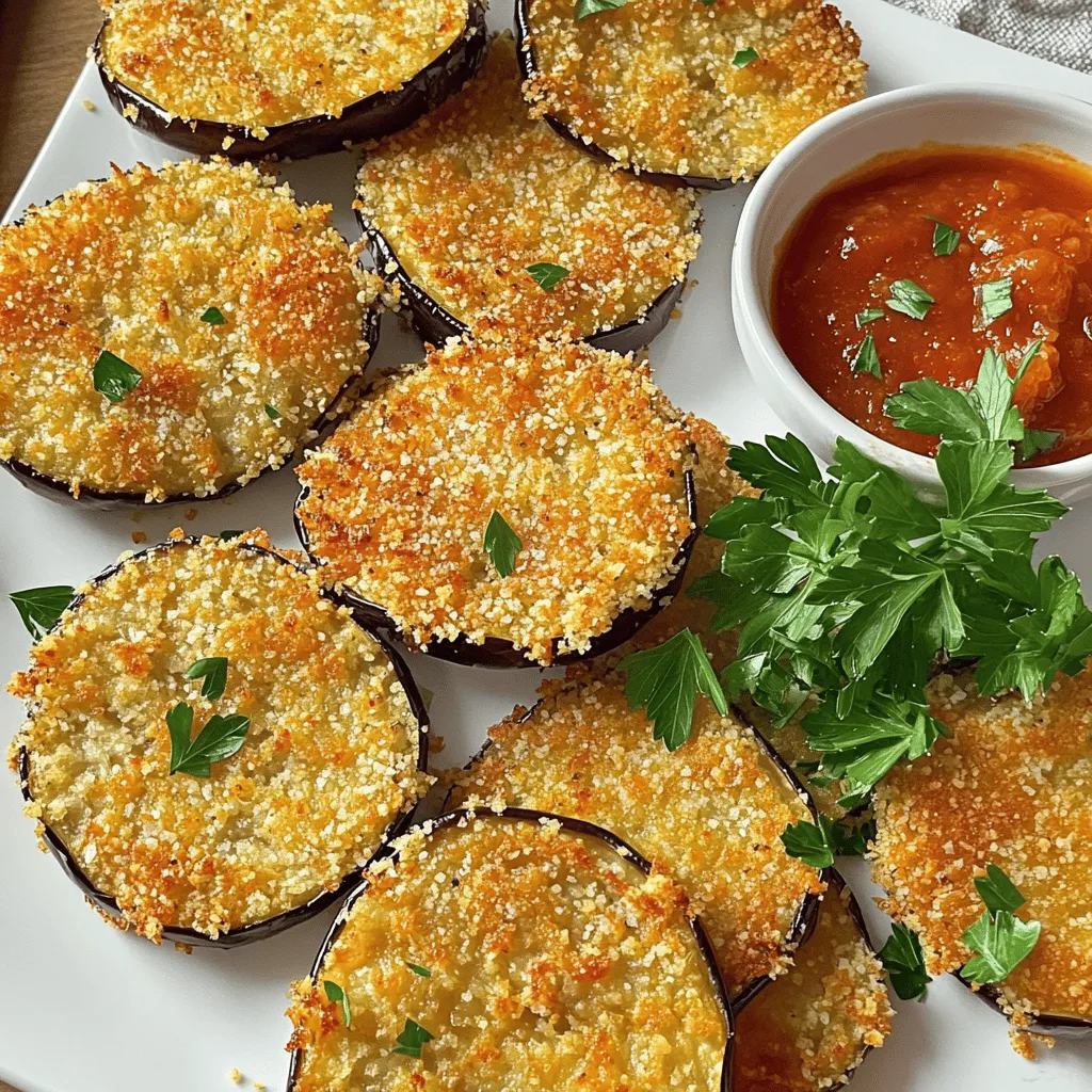 Um knusprige gebackene Auberginenscheiben zu machen, brauchst du folgende Zutaten: - 2 mittelgroße Auberginen, in 0,5 cm dicke Scheiben geschnitten - 1 Tasse Paniermehl (Panko für extra Knusprigkeit) - 1/2 Tasse geriebener Parmesan (oder Nährhefe für eine vegane Option) - 1 Teelöffel Knoblauchpulver - 1 Teelöffel Zwiebelpulver - 1/2 Teelöffel geräuchertes Paprikapulver - Salz und Pfeffer nach Geschmack - 3 Eier, geschlagen (oder gemahlener Leinsamen mit Wasser als vegane Alternative) - 1/4 Tasse frische Petersilie, gehackt (zum Garnieren) - Olivenöl-Spray oder 2 Esslöffel Olivenöl Diese Zutaten sorgen für einen tollen Geschmack und eine knackige Textur. Um den Geschmack deiner Auberginenscheiben zu verbessern, kannst du einige zusätzliche Gewürze nutzen. Du könntest Kreuzkümmel oder italienische Kräuter hinzufügen. Diese geben den Scheiben eine besondere Note und machen sie noch schmackhafter. Wenn du eine vegane Version zubereiten möchtest, ist das einfach. Ersetze die Eier durch eine Mischung aus gemahlenem Leinsamen und Wasser. Für den Parmesan kannst du Nährhefe benutzen. Diese Optionen machen das Gericht lecker und für jeden geeignet. Für das vollständige Rezept, schau dir die [Full Recipe] an. Heize deinen Ofen auf 220°C vor. Lege ein Backblech mit Backpapier aus. Das macht die Reinigung einfach. Schneide die Auberginen in 0,5 cm dicke Scheiben. Lege die Scheiben auf ein Küchentuch. Bestreue sie mit Salz. Lass sie 20–30 Minuten ruhen. Das hilft, die Bitterkeit und Feuchtigkeit zu entfernen. Spüle die Scheiben danach ab und tupfe sie trocken. Mische das Paniermehl, den geriebenen Parmesan, das Knoblauchpulver, das Zwiebelpulver und das geräucherte Paprikapulver in einer flachen Schüssel. Füge Salz und Pfeffer hinzu. In einer anderen Schüssel schlage die Eier gut durch. Du kannst auch gemahlenen Leinsamen mit Wasser verwenden. Tauche jede Auberginenscheibe zuerst in die Ei-Mischung. Lass die überschüssige Flüssigkeit abtropfen. Dann wälze sie in der Panade. Drücke leicht, damit sie gut bedeckt sind. Lege die beschichteten Scheiben auf das Backblech. Besprühe die Oberseite mit Olivenöl oder träufle etwas darauf. Backe sie 25–30 Minuten. Wende die Scheiben zur Hälfte der Zeit, bis sie goldbraun sind. Für das vollständige Rezept, siehe [Full Recipe]. Um die Auberginenscheiben wirklich knusprig zu machen, gibt es ein paar Tricks. Zuerst entziehen wir mit Salz die Feuchtigkeit. Das verbessert die Textur und macht das Endprodukt knuspriger. Verwende Panko-Paniermehl statt normalem. Panko hat eine gröbere Textur, die knuspriger wird. Besprühe die Scheiben vor dem Backen leicht mit Olivenöl. So erhalten sie eine schöne goldene Farbe und mehr Crunch. Ein häufiger Fehler ist, die Auberginen nicht salzen. Dies führt zu matschigen Scheiben. Ein weiterer Fehler ist, die Scheiben zu nah beieinander auf dem Blech zu legen. Lass Platz zwischen ihnen, damit die Luft zirkulieren kann. Vergiss nicht, die Scheiben nach der Hälfte der Backzeit zu wenden. So werden beide Seiten gleichmäßig knusprig. Das richtige Anrichten macht einen großen Unterschied. Lege die knusprigen Auberginenscheiben auf eine große, schöne Platte. Du kannst sie mit frischen Kräutern und Zitronenscheiben garnieren. Ein Dip wie Marinara oder Tzatziki passt perfekt dazu. Die Farben und Texturen machen das Gericht ansprechend und lecker. Für das volle Rezept, schau dir die vollständige Anleitung an. {{image_4}} Es gibt viele Möglichkeiten, die Panade für Ihre Auberginenscheiben zu variieren. Sie können verschiedene Brotsorten verwenden. Versuchen Sie zum Beispiel, italienisches oder sogar Gewürzbrot zu nehmen. Oder mischen Sie in die Panade gemahlene Nüsse, wie Mandeln oder Walnüsse. Das gibt den Auberginen einen tollen Crunch. Wenn Sie etwas mehr Geschmack wünschen, probieren Sie Panko. Es sorgt für eine extra knusprige Textur! Sie können die Auberginenscheiben mit vielen Aromen anpassen. Fügen Sie frische Kräuter wie Basilikum oder Oregano hinzu. Diese Kräuter geben den Auberginen mehr Tiefe. Auch geriebener Käse ist eine tolle Wahl. Verwenden Sie Feta oder Mozzarella für einen mediterranen Touch. Wenn Sie es scharf mögen, mischen Sie etwas Cayennepfeffer in die Panade. So wird jede Bissen spannend und voller Geschmack. Zu knusprigen Auberginenscheiben passen tolle Dips. Marinara-Sauce ist ein Klassiker. Sie können auch Joghurt mit Kräutern mischen. Tzatziki ist eine frische und leckere Wahl. Verwenden Sie für einen besonderen Kick Sriracha oder eine scharfe Salsa. Diese Dips machen das Essen noch besser! Servieren Sie die Auberginen auf einer großen Platte. Das sieht schön aus und macht das Teilen einfach. Für das vollständige Rezept schauen Sie bitte hier: [Full Recipe]. Um die knusprigen Auberginenscheiben frisch zu halten, bewahre die Reste in einem luftdichten Behälter auf. Lege ein Blatt Küchenpapier zwischen die Schichten, um Feuchtigkeit zu absorbieren. So bleibt die Knusprigkeit länger erhalten. Achte darauf, dass die Auberginen vollständig abgekühlt sind, bevor du sie verpackst. Wenn du die Auberginenscheiben aufwärmen möchtest, benutze den Ofen. Heize ihn auf 180°C vor und lege die Scheiben auf ein Backblech. Backe sie für etwa 10 Minuten, bis sie wieder knusprig sind. Mikrowellen können die Textur weich machen, also vermeide diese Methode. Im Kühlschrank halten die Auberginenscheiben etwa 3 bis 4 Tage. Wenn du sie länger aufbewahren möchtest, friere sie ein. Lege sie in einen gefrierfesten Behälter oder einen Beutel. So bleiben sie bis zu 3 Monate frisch. Um sie später zu genießen, taue sie im Kühlschrank auf und backe sie wieder im Ofen. Für das vollständige Rezept, schau dir die Anleitung zu knusprigen Auberginenscheiben an. Gebackene Auberginenscheiben sind im Kühlschrank etwa 3 bis 5 Tage haltbar. Lagern Sie sie in einem luftdichten Behälter. Auf diese Weise bleiben sie frisch und schmackhaft. Wenn Sie die Scheiben länger aufbewahren möchten, können Sie sie auch einfrieren. Achten Sie darauf, sie gut zu verpacken, um Gefrierbrand zu vermeiden. So bleiben sie bis zu 3 Monate haltbar. Ja, Sie können die Auberginen auch frittieren. Frittierte Auberginen sind besonders knusprig und lecker. Verwenden Sie heißes Öl in einer Pfanne. Frittieren Sie die Scheiben ein paar Minuten pro Seite, bis sie goldbraun sind. Achten Sie darauf, nicht zu viele Scheiben auf einmal in die Pfanne zu geben. So bleibt die Temperatur des Öls konstant, und die Auberginen werden gleichmäßig knusprig. Um die Rezeptmenge anzupassen, können Sie die Anzahl der Auberginen ändern. Halbe Mengen sind einfach zu machen. Teilen Sie die anderen Zutaten durch zwei. Für mehr Portionen verdoppeln Sie die Zutaten. Achten Sie darauf, die Backzeit entsprechend anzupassen. Überprüfen Sie die Auberginen nach 20 Minuten. Sie sollten goldbraun und knusprig sein. Das vollständige Rezept für knusprige gebackene Auberginenscheiben finden Sie in der Rezeptübersicht. Dort sind alle Schritte und Zutaten gut erklärt. Schauen Sie sich das Rezept an, um die besten Tipps für die Zubereitung zu erhalten. Die knusprigen Auberginenscheiben sind einfach zuzubereiten und vielseitig. Wir haben die besten Zutaten, Anleitungen und Tipps besprochen. Du kannst verschiedene Panaden und Aromen verwenden, um das Gericht zu variieren. Vergiss nicht, die Reste richtig zu lagern, damit du länger davon Genuss hast. Probiere das Rezept aus und erweitere deine Essensvielfalt. Knusprige Auberginen können ein echter Hit auf deinem Tisch sein!
