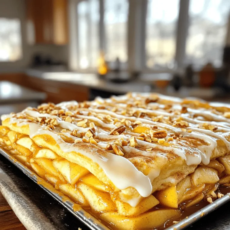 - 2 Dosen Kühlteig für Zimtschnecken - 4 Tassen Äpfel, geschält und in Scheiben geschnitten - 1/2 Tasse Zucker Die Hauptzutaten machen den Zimtschnecken-Apfelkuchen besonders lecker. Die Kühlteigrollen sind leicht zu handhaben. Sie geben dem Kuchen seine süße Basis. Die Äpfel sind der Star des Kuchens. Ich empfehle Granny Smith oder Honeycrisp. Diese Sorten sind süß und leicht sauer. Das gibt dem Kuchen eine schöne Balance. Der Zucker hilft, die Äpfel zu karamellisieren und bringt ihren Geschmack hervor. - 1 Teelöffel gemahlenen Zimt - 1/4 Teelöffel Muskatnuss - 1 Esslöffel Vanilleextrakt Die Gewürze sind wichtig für den Geschmack. Zimt gibt dem Kuchen das typische Aroma. Er passt perfekt zu Äpfeln und macht alles warm und einladend. Muskatnuss fügt eine besondere Note hinzu. Nur ein wenig reicht aus. Vanilleextrakt rundet das Ganze ab. Es bringt Süße und Tiefe in den Geschmack. - 1/4 Tasse gehackte Pekannüsse oder Walnüsse (optional) - 1 Esslöffel geschmolzene Butter - 1 Esslöffel Zitronensaft Zusätzliche Zutaten machen den Kuchen noch besser! Nüsse geben einen schönen Crunch. Sie sind optional, aber sie bringen Textur. Geschmolzene Butter sorgt dafür, dass der Kuchen goldbraun wird. Zitronensaft hilft, die Äpfel frisch zu halten. Es bringt auch einen kleinen Spritzer Säure, der die Süße ausgleicht. Zuerst nehme ich die Äpfel. Ich schäle sie und schneide sie in dünne Scheiben. In einer großen Schüssel vermenge ich die Äpfel mit 1/2 Tasse Zucker, 1 Teelöffel Zimt, 1/4 Teelöffel Muskatnuss und 1 Esslöffel Zitronensaft. Ich gebe auch 2 Esslöffel Mehl dazu. Das hilft, die Saftigkeit zu binden. Dann lasse ich die Mischung für 10 Minuten ziehen. So ziehen die Gewürze gut in die Äpfel ein. Jetzt bereite ich den Boden vor. Ich öffne die Dosen mit dem Zimtschneckenteig. Ich trenne die Rollen und rolle jede Rolle auf einer Fläche aus. Die Scheiben sind jetzt flach und bereit für die Pieform. Ich lege die Teigscheiben in eine gefettete 23-cm Pieform. Dabei achte ich darauf, die Ränder gut zu verbinden. So vermeide ich Lücken. Ich verteile die vorbereitete Apfelfüllung gleichmäßig auf dem Zimtschneckenboden. Die Äpfel sollten gut verteilt sein, damit jeder Bissen lecker ist. Ich reiße den restlichen Zimtschneckenteig in kleine Stücke und streue diese über die Füllung. Zum Schluss giesse ich 1 Esslöffel geschmolzene Butter über den Kuchen. Wenn ich will, streue ich noch etwas Zimt darüber für extra Geschmack. Jetzt ist es Zeit zu backen. Ich stelle den Kuchen in den vorgeheizten Ofen bei 175°C. Ich backe ihn für 30 bis 35 Minuten. Der Kuchen ist fertig, wenn die Apfelfüllung blubbert und die Oberseite goldbraun ist. Nach dem Backen nehme ich den Kuchen aus dem Ofen und lasse ihn etwa 10 Minuten abkühlen. Zum Schluss gieße ich den Zuckerguss aus der Zimtschneckenpackung über den Kuchen. Um die besten Äpfel für deinen Zimtschnecken-Apfelkuchen zu finden, empfehle ich Granny Smith oder Honeycrisp. Granny Smith hat einen tollen, säuerlichen Geschmack. Honeycrisp ist süß und knusprig. Diese Sorten halten beim Backen gut ihre Form. Um Äpfel richtig zu schälen, benutze einen Sparschäler. Schneide die Äpfel dann in dünne Scheiben. So verteilen sich die Aromen gleichmäßig im Kuchen. Die richtige Backzeit ist wichtig für dein Ergebnis. Backe den Kuchen bei 175°C (350°F). Die Backzeit beträgt 30 bis 35 Minuten. Du erkennst, ob der Kuchen fertig ist, wenn die Füllung blubbert und die Oberseite goldbraun ist. Ein Zahnstocher sollte sauber herauskommen, wenn du ihn in die Mitte steckst. Für zusätzliche Toppings kannst du gehackte Pekannüsse oder Walnüsse verwenden. Diese geben einen schönen Crunch. Serviere den Kuchen warm. Er passt gut zu Vanilleeis oder Schlagsahne. Ein kleiner Minzzweig macht das Stück frisch und einladend. {{image_4}} Eine tolle Möglichkeit, den Zimtschnecken-Apfelkuchen gesünder zu machen, ist der Austausch von Zucker. Verwende Honig oder Ahornsirup statt normalem Zucker. Diese Süßungsmittel haben oft mehr Geschmack und sind weniger verarbeitet. Wenn du Allergien hast, wähle glutenfreie Kühlteige. Diese gibt es in vielen Geschäften. So kannst du den Kuchen genießen, ohne dir Sorgen zu machen. Du kannst den Kuchen auch interessanter gestalten. Füge Trockenfrüchte wie Cranberries oder Rosinen hinzu. Nüsse wie Mandeln oder Pekannüsse bringen noch mehr Crunch. Experimentiere auch mit verschiedenen Gewürzen. Eine Prise Ingwer oder Nelken kann dem Kuchen eine neue Note geben. Sei kreativ und finde deinen eigenen Geschmack. Hast du Lust auf kleine Portionen? Mach Mini-Muffins oder Tartes aus dem Rezept. Rolle den Teig dünner und schneide ihn in kleine Stücke. Fülle diese mit der Apfelfüllung und backe sie in Muffinförmchen. So hast du kleine Leckerbissen für jede Gelegenheit. Kinder lieben sie, und sie sind perfekt für Partys. Bewahre den Zimtschnecken-Apfelkuchen im Kühlschrank auf. Benutze eine luftdichte Box. So bleibt er frisch und lecker. Der Kuchen hält sich etwa 3 bis 4 Tage. Um den Kuchen einzufrieren, folge diesen einfachen Schritten: 1. Lass den Kuchen zuerst ganz abkühlen. 2. Schneide ihn in Stücke. 3. Wickel jedes Stück in Frischhaltefolie. 4. Lege die Stücke in einen Gefrierbeutel. 5. Beschrifte den Beutel mit dem Datum. Für beste Ergebnisse beim Wiedererwärmen: - Nimm den Kuchen aus dem Gefrierbeutel. - Lass ihn über Nacht im Kühlschrank auftauen. - Erhitze die Stücke im Ofen bei 175°C für 10 bis 15 Minuten. So bleibt der Kuchen saftig und frisch! Ja, frische Äpfel sind perfekt für diesen Kuchen. Ich empfehle Granny Smith oder Honeycrisp. Diese Sorten sind knackig und süß-sauer. Sie behalten ihre Form gut beim Backen. Wenn du frisch erntest, achte darauf, dass die Äpfel reif sind. Sie geben dem Kuchen tollen Geschmack und Textur. Wenn der Kuchen nicht aufgeht, gibt es einige Gründe. Möglicherweise war der Ofen nicht heiß genug. Überprüfe die Temperatur vor dem Backen. Auch der Teig kann zu dick sein. Achte darauf, die Zimtschnecken gleichmäßig zu verteilen. Wenn die Füllung zu feucht ist, kann dies auch das Aufgehen stören. In diesem Fall füge etwas mehr Mehl hinzu, um die Flüssigkeit zu binden. Um den Kuchen vegan zu machen, ersetze die Butter durch pflanzliche Margarine. Verwende auch pflanzliche Milch anstelle von Milch. Für die Eier, die in anderen Rezepten verwendet werden, kannst du Apfelmus oder Leinsamen verwenden. Diese Alternativen helfen, die gleiche Textur zu erreichen. Achte darauf, veganen Zuckerguss zu wählen, wenn du ihn hinzufügst. Das vollständige Rezept für Zimtschnecken-Apfelkuchen findest du hier: Zimtschnecken-Apfelkuchen . Dort sind alle Schritte und Zutaten aufgelistet. Dieser Blogbeitrag bietet ein einfaches Rezept für einen Zimtschnecken-Apfelkuchen. Wir haben die Hauptzutaten, Gewürze und eine step-by-step Anleitung behandelt. Du lernst, wie du die Äpfel vorbereitest, den Teig formst und den Kuchen backst. Zudem findest du nützliche Tipps zur Auswahl der Äpfel und zur Anpassung des Rezepts. Mein Tipp: Trau dich, mit Aromen und Zutaten zu experimentieren! So schmeckt dein Kuchen immer wieder anders. Bereit, das Rezept auszuprobieren? Viel Spaß beim Backen!