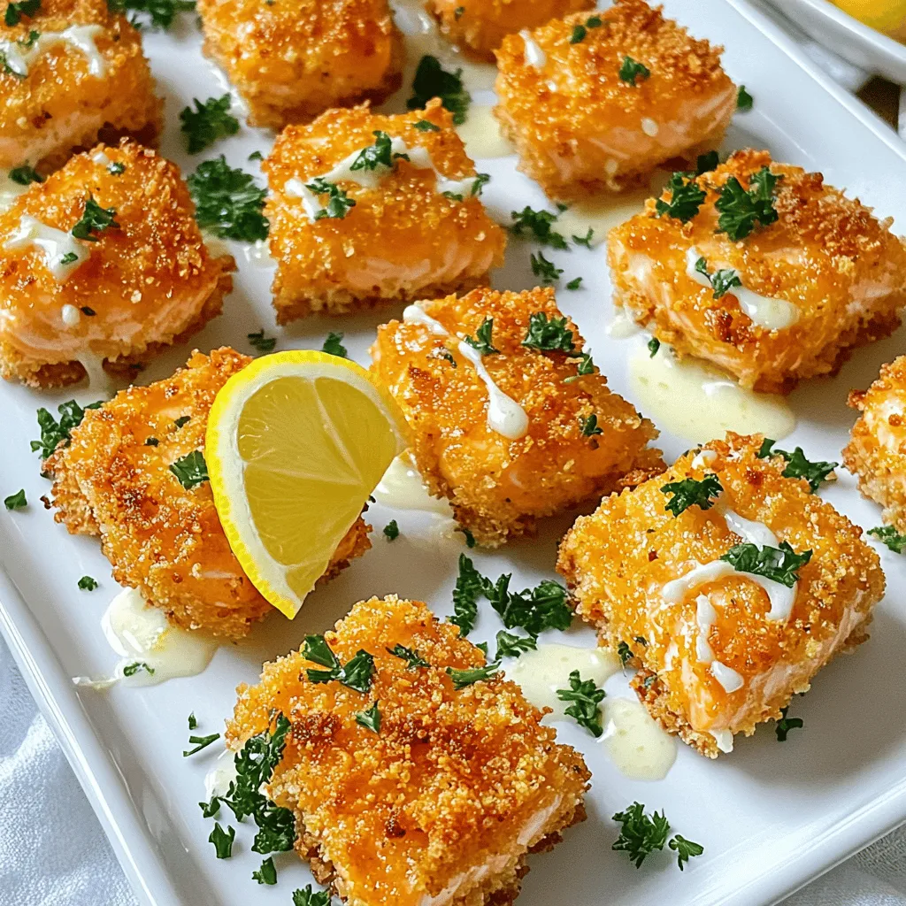 - 450 g Lachsfilet, ohne Haut, in mundgerechte Würfel geschnitten - 3 Esslöffel ungesalzene Butter, geschmolzen - 4 Knoblauchzehen, fein gehackt - 1 Teelöffel Zitronensaft - 120 ml Panko-Brösel - 1 Teelöffel geräuchertes Paprikapulver - 1 Teelöffel getrocknete Petersilie - Salz und Pfeffer nach Geschmack - Frische Petersilie zum Garnieren Die Hauptzutaten geben dem Gericht seine Basis. Der Lachs bringt einen tollen Geschmack, während die Butter und der Knoblauch für eine reiche, aromatische Note sorgen. Panko-Brösel sorgen für die knusprige Kruste, die wir lieben. Die Gewürze in der Marinade sind wichtig. Das geräucherte Paprikapulver fügt einen rauchigen Ton hinzu. Petersilie bringt Frische. Salz und Pfeffer helfen, die Aromen zu verstärken. Zum Garnieren verwende ich frische Petersilie. Sie sieht nicht nur schön aus, sondern gibt auch einen extra Geschmacksschub. Wenn du möchtest, füge eine Zitronenscheibe hinzu. Sie bringt Farbe und einen frischen Kick. Zuerst mache ich die Marinade. In einer Schüssel vermische ich die geschmolzene Butter, den gehackten Knoblauch, Zitronensaft, Paprikapulver und Petersilie. Ich füge auch Salz und Pfeffer hinzu. Diese Mischung gibt dem Lachs einen tollen Geschmack. Nun gebe ich die Lachswürfel in die Marinade. Ich achte darauf, dass jeder Würfel gut bedeckt ist. Dann lasse ich die Lachswürfel 15 Minuten marinieren. So zieht der Geschmack richtig ein. Jetzt ist es Zeit, den Air Fryer vorzubereiten. Ich stelle ihn auf 200 °C ein und lasse ihn vorheizen. Das sorgt dafür, dass die Lachs-Bissen gleichmäßig garen. Ein heißer Air Fryer ist wichtig für die knusprige Kruste. Nach 15 Minuten nehme ich die Lachswürfel aus der Marinade. Dann wälze ich sie in Panko-Bröseln. Ich drücke die Brösel leicht an, damit sie gut haften. Jetzt lege ich die panierten Lachsbissen in den Korb des Air Fryers. Ich achte darauf, dass sie nicht überlappen. Dann frittiere ich sie für 8-10 Minuten. Nach 8 Minuten schaue ich nach dem Garzustand. Die Lachs-Bissen sind fertig, wenn sie goldbraun und knusprig sind. Sobald sie fertig sind, nehme ich die Bissen aus dem Air Fryer. Ich garnieren sie mit frisch gehackter Petersilie. So sehen sie toll aus und schmecken noch besser! Um die perfekte Kruste zu erreichen, wähle frische Panko-Brösel. Diese Brösel sind leichter und knuspriger als normale Semmelbrösel. Tauche die Lachswürfel gut in die Marinade, bevor du sie in die Panko-Brösel wälzt. Drücke die Brösel fest an, damit sie gut haften. Dies sorgt für eine schöne, knusprige Textur. Die Marinierzeit ist wichtig. Marinier die Lachswürfel für mindestens 15 Minuten. So nehmen sie den vollen Geschmack der Marinade auf. Du kannst sie auch länger marinieren, aber achte darauf, dass der Lachs nicht zu weich wird. Ein zu langes Marinieren kann die Textur verändern. Ein häufiger Fehler ist, den Air Fryer zu überfüllen. Platziere die Lachs-Bissen in einer einzigen Schicht. Dies hilft, dass sie gleichmäßig garen und knusprig werden. Ein weiterer Fehler ist, die Temperatur nicht richtig einzustellen. Stelle sicher, dass der Air Fryer auf 200 °C vorgeheizt ist. So wird der Lachs schön goldbraun und knusprig. {{image_4}} Sie können die Aromen der Lachs-Bissen leicht anpassen. Fügen Sie zum Beispiel frische Kräuter hinzu, wie dill oder Schnittlauch. Diese geben einen frischen Geschmack. Für eine scharfe Note können Sie gehackte Chilischoten oder etwas Cayennepfeffer in die Marinade mischen. Mögen Sie es asiatisch? Versuchen Sie, Sojasauce oder Ingwer hinzuzufügen. Diese Zutaten machen Ihre Lachs-Bissen noch spannender. Wenn Sie eine vegetarische Option suchen, sind Blumenkohl oder Tofu gute Alternativen. Schneiden Sie den Blumenkohl in kleine Stücke oder würfeln Sie den Tofu. Verwenden Sie die gleiche Marinade und die Panko-Brösel, um diese Alternativen zuzubereiten. Luftfrittieren Sie sie ebenfalls. So erhalten Sie knusprige und leckere Happen, die jedem schmecken. Die Präsentation ist wichtig! Servieren Sie die Lachs-Bissen auf einer schönen Platte. Fügen Sie Zitronenscheiben und frische Petersilie hinzu, um das Gericht lebendig zu machen. Eine kleine Schüssel mit Dipsauce ist ein Muss. Cremige Knoblauch-Aioli oder scharfe Mayonnaise passen perfekt dazu. Diese Dips bringen zusätzlichen Geschmack und machen das Essen noch besser. Bewahren Sie die Lachs-Bissen in einem luftdichten Behälter auf. So bleibt der Geschmack frisch. Im Kühlschrank halten sie sich bis zu drei Tage. Achten Sie darauf, dass die Bissen gut kühl sind, bevor Sie sie lagern. Dies hilft, die Knusprigkeit so gut wie möglich zu erhalten. Sie können die Lachs-Bissen auch einfrieren. Legen Sie sie nach dem Frittieren auf ein Backblech. Frieren Sie sie eine Stunde lang ein, bis sie fest sind. Danach können Sie die Bissen in einen gefrierfesten Beutel umpacken. So bleiben sie bis zu drei Monate haltbar. Denken Sie daran, sie vor dem Frittieren vollständig aufzutauen. Um die Lachs-Bissen wieder aufzuwärmen, nutzen Sie den Air Fryer. Heizen Sie ihn auf 180 °C vor. Legen Sie die Bissen in den Korb und frittieren Sie sie für etwa fünf Minuten. So werden sie wieder knusprig und lecker. Alternativ können Sie auch einen Ofen verwenden, aber der Air Fryer ist schneller und einfacher. Die Lachs-Bissen halten sich im Kühlschrank etwa 2-3 Tage. Bewahre sie in einem luftdichten Behälter auf. So bleiben sie frisch und lecker. Vor dem Essen einfach kurz aufwärmen. Achte darauf, sie nicht zu lange zu lagern. Der frische Geschmack ist am besten in den ersten Tagen. Ja, gefrorenen Lachs kannst du verwenden! Achte darauf, ihn vorher gut aufzutauen. Lege den Lachs über Nacht in den Kühlschrank oder tau ihn in kaltem Wasser auf. So bleibt die Textur gut. Nach dem Auftauen kannst du die Lachswürfel wie im Rezept beschrieben marinieren. Zu den Lachs-Bissen passen viele leckere Dips. Hier sind einige Vorschläge: - Kremige Knoblauch-Aioli: Diese Sauce ergänzt den Knoblauchgeschmack. - Scharfe Mayonnaise: Für einen würzigen Kick ist diese Sauce ideal. - Zitronen-Dill-Sauce: Frisch und leicht, perfekt für Lachs. - Avocado-Dip: Cremig und gesund, eine tolle Wahl. Experimentiere mit verschiedenen Dips, um deinen Favoriten zu finden! Diese Anleitung zeigt Ihnen, wie Sie köstliche Lachs-Bissen zubereiten. Wir haben die besten Zutaten, Marinadentipps und verschiedene Variationen besprochen. Durch die richtige Marinierzeit und das Vermeiden häufiger Fehler erzielen Sie die perfekte Kruste. Denken Sie auch an die Lagerung, damit Ihre Lachs-Bissen frisch bleiben. Wenn Sie Fragen haben, beantworten die FAQs alles wichtige. Nutzen Sie diese Tipps, um leckere Gerichte zu kreieren. Sie können die Lachs-Bissen nach Ihrem Geschmack anpassen und genießen. Machen Sie sich bereit für ein geschmackvolles Erlebnis!