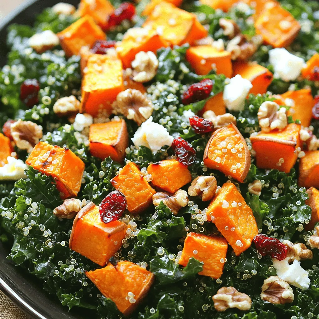 - 2 mittelgroße Süßkartoffeln, gewürfelt - 4 Tassen Grünkohl, grob gehackt - 1 Tasse Quinoa, gut gewaschen und abgetropft - 1/2 Tasse getrocknete Cranberries - 1/2 Tasse Walnüsse, grob gehackt - 1/4 Tasse Feta-Käse, zerbröselt (optional) - 3 Esslöffel Olivenöl - 2 Esslöffel Ahornsirup - 1 Esslöffel Apfelessig - 1 Teelöffel Knoblauchpulver - Salz und Pfeffer nach Geschmack Süßkartoffeln sind das ganze Jahr über erhältlich, aber im Herbst sind sie besonders süß. Grünkohl wächst am besten im Winter. Er wird oft nach dem ersten Frost geerntet. Wenn Sie keinen Grünkohl haben, können Sie Spinat verwenden. Quinoa ist eine tolle, glutenfreie Alternative zu Reis. Cranberries geben dem Salat eine süße Note. Sie sind das ganze Jahr über erhältlich, aber frisch sind sie am besten im Herbst. Walnüsse fügen einen nussigen Geschmack hinzu. Sie können auch Mandeln oder Pekannüsse verwenden. Feta-Käse ist optional, kann aber eine cremige Textur bieten. Frische Zutaten sind in der Regel geschmackvoller und gesünder. Ich empfehle, frischen Grünkohl und Süßkartoffeln zu verwenden. Getrocknete Cranberries sind süß und praktisch, besonders wenn frische nicht verfügbar sind. Wenn Sie frischen Feta-Käse verwenden, wird der Salat cremiger. Frische Kräuter können auch einen frischen Geschmack hinzufügen. Heize zuerst deinen Ofen auf 200 °C vor. Nimm zwei mittelgroße Süßkartoffeln und würfle sie. Gib die gewürfelten Süßkartoffeln in eine Schüssel. Vermenge sie mit einem Esslöffel Olivenöl, einer Prise Salz, Pfeffer und dem Knoblauchpulver. Verteile die Süßkartoffeln gleichmäßig auf einem Backblech. Röste sie im Ofen für 25 bis 30 Minuten. Wende sie nach der Hälfte der Zeit, damit sie gleichmäßig garen. Während die Süßkartoffeln rösten, bereite die Quinoa vor. Spüle eine Tasse Quinoa gut ab und lasse sie abtropfen. Koche die Quinoa gemäß den Anweisungen auf der Verpackung. Stelle sie nach dem Kochen beiseite, damit sie abkühlen kann. Nimm eine große Schüssel und füge den grob gehackten Grünkohl hinzu. Gib einen Esslöffel Olivenöl und eine Prise Salz dazu. Reibe den Grünkohl mit den Händen, bis er leicht verwelkt. Lass die gerösteten Süßkartoffeln kurz abkühlen. Füge sie dann zur Schüssel mit dem Grünkohl hinzu. Ergänze die gekochte Quinoa, getrocknete Cranberries und grob gehackte Walnüsse. Wenn du magst, füge auch zerbröselten Feta-Käse hinzu. Für das Dressing vermische das verbleibende Olivenöl, den Ahornsirup und den Apfelessig in einer kleinen Schüssel. Gieße das Dressing über den Salat und vermenge alles gut. Schmecke den Salat mit Salz und Pfeffer ab. Serviere ihn sofort oder lasse ihn für 30 Minuten im Kühlschrank ziehen. Um die Süßkartoffeln perfekt zu rösten, gibt es einige einfache Tipps. Schneiden Sie die Süßkartoffeln gleichmäßig in Würfel. So garen sie gleichmäßig. Verwenden Sie genug Olivenöl, um sie leicht zu bedecken. Dies hilft, eine schöne Karamellisierung zu erzielen. Achten Sie darauf, die Süßkartoffeln nicht zu überfüllen. Platzieren Sie sie in einer einzigen Schicht auf dem Blech. Wenden Sie die Würfel nach der Hälfte der Garzeit, damit sie gleichmäßig bräunen. Sie sind fertig, wenn sie zart und goldbraun sind. Ein großer Vorteil dieses Rezepts ist die Möglichkeit, vieles im Voraus zu machen. Kochen Sie die Quinoa am Vortag. Lassen Sie sie abkühlen und bewahren Sie sie im Kühlschrank auf. Sie können auch die Süßkartoffeln im Voraus rösten. Kühlen Sie sie nach dem Rösten ab und stellen Sie sie in den Kühlschrank. Der Grünkohl kann ebenfalls vorbereitet werden. Mischen Sie ihn mit Olivenöl und Salz und lassen Sie ihn ein paar Stunden ziehen. So wird er zarter und geschmackvoller. Das Anrichten des Salats kann kreativ sein. Beginnen Sie mit einer Basis aus Grünkohl in einer großen Schüssel. Fügen Sie die gerösteten Süßkartoffeln und die Quinoa hinzu. Mischen Sie alles gut durch. Streuen Sie die Cranberries und Walnüsse obenauf. Wenn Sie Feta verwenden, bröseln Sie ihn gleichmäßig über den Salat. Servieren Sie den Salat frisch für ein knuspriges Erlebnis. Alternativ können Sie ihn etwa 30 Minuten im Kühlschrank ziehen lassen, damit die Aromen sich gut verbinden. {{image_4}} Um den Salat noch nahrhafter zu machen, fügen Sie Protein hinzu. Hühnchen ist einfach zuzubereiten. Grillen oder braten Sie das Hühnchen und schneiden Sie es in Stücke. Tofu ist eine gute Wahl für Vegetarier. Marinieren Sie den Tofu in Sojasauce, bevor Sie ihn anbraten. Beides passt gut zu den Röstaromen von Süßkartoffeln und Grünkohl. Der Salat ist leicht anpassbar. Für eine vegane Version lassen Sie den Feta-Käse weg. Der Salat bleibt trotzdem lecker. Fügen Sie mehr Nüsse oder Samen hinzu, um den Geschmack zu intensivieren. Sonnenblumenkerne oder Kürbiskerne sind tolle Alternativen. Sie bringen eine knusprige Textur und gesunde Fette. Nutzen Sie saisonales Gemüse, um den Salat zu variieren. Im Herbst passt Kürbis perfekt. Schneiden Sie ihn in Würfel und rösten Sie ihn zusammen mit den Süßkartoffeln. Im Frühling können Sie Spargel hinzufügen. Die Aromen ändern sich je nach Saison, was den Salat spannend hält. Experimentieren Sie und finden Sie Ihre Lieblingskombination! Um den Süßkartoffel-Kale-Erntesalat gut aufzubewahren, benutze einen luftdichten Behälter. Stelle sicher, dass der Salat vollständig abgekühlt ist, bevor du ihn hineinlegst. So bleibt er frisch und lecker. Du kannst den Salat bis zu drei Tage im Kühlschrank lagern. Die Haltbarkeit hängt von den Zutaten ab. Der Salat hält sich am besten, wenn du den Feta-Käse separat aufbewahrst. Wenn du die Walnüsse und Cranberries bereits vermischst, kann der Salat schneller weich werden. Achte darauf, dass du den Salat vor dem Verzehr auf Anzeichen von Verderb überprüfst. Es ist am besten, den Salat kalt zu genießen. Wenn du ihn aufwärmen möchtest, mache es vorsichtig. Erhitze ihn in einer Pfanne bei niedriger Hitze. Achte darauf, dass die Süßkartoffeln nicht matschig werden. Du kannst auch frischen Grünkohl und Dressing hinzufügen, um die Aromen aufzufrischen. Ja, du kannst den Salat im Voraus machen. Bereite die Süßkartoffeln und die Quinoa vor. Lass sie abkühlen. Mische dann alles am Tag des Servierens. So bleiben die Aromen frisch. Walnüsse passen gut zu diesem Salat. Du kannst auch Pekannüsse oder Mandeln verwenden. Diese Nüsse bringen einen schönen Crunch. Sie ergänzen die Süße der Süßkartoffeln perfekt. Ja, du kannst den Feta weglassen. Der Salat schmeckt auch ohne ihn gut. Du kannst etwas mehr Nüsse oder Avocado hinzufügen für mehr Geschmack. Um das Rezept glutenfrei zu machen, benutze Quinoa. Quinoa ist von Natur aus glutenfrei. Achte darauf, dass die anderen Zutaten auch glutenfrei sind. So kannst du diesen leckeren Salat ohne Bedenken genießen. Dieser Artikel gab einen klaren Überblick über die Zubereitung eines leckeren Salats. Wir schauten uns die Zutaten, Vorbereitungen und Tipps für die richtigen Techniken an. Variationen helfen dir, das Rezept anzupassen, während Lagerungshinweise die Frische bewahren. Letztlich kannst du den Salat nach deinem Geschmack anpassen und perfekt servieren. Lass deiner Kreativität freien Lauf und genieße jede Bissen!