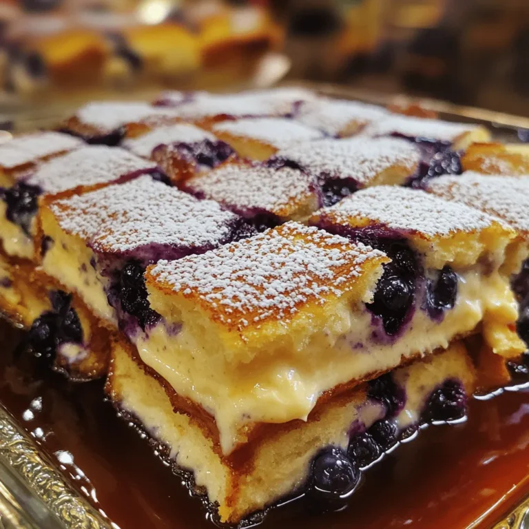 - 1 Laib Briochebrot, in Würfel geschnitten - 2 Tassen frische Blaubeeren - 8 Unzen Frischkäse, weich gemacht - 1/2 Tasse Kristallzucker - 4 große Eier - 2 Tassen Milch - 1 Teelöffel Vanilleextrakt - 1 Teelöffel gemahlener Zimt - 1/4 Teelöffel Salz - 1/4 Tasse Puderzucker (zum Bestäuben) - 2 Esslöffel Butter (zum Einfetten) Ich empfehle, die Zutaten gut abzumessen. Die Brioche sorgt für eine weiche Basis. Frische Blaubeeren bringen den süßen Geschmack. Der Frischkäse gibt dem Auflauf die cremige Textur. Zuckermengen steuern die Süße. Eier und Milch verbinden alles. Vanille und Zimt geben einen feinen Geschmack. Salz hebt die Aromen hervor. Der Puderzucker ist für das Finish. Achte beim Einkauf auf frische Blaubeeren. Sie sollten prall und fest sein. Vermeide solche mit Schimmel oder Druckstellen. Wähle ein gutes Briochebrot, das weich und frisch ist. Frischkäse sollte weich und cremig sein, ohne Klumpen. Achte darauf, die Eier frisch zu kaufen. Sie müssen fest und nicht beschädigt sein. Insgesamt ist die Qualität der Zutaten der Schlüssel zu einem köstlichen Auflauf. Heize zuerst deinen Ofen auf 175°C vor. Das gibt ihm Zeit, um die richtige Temperatur zu erreichen. Nimm dann eine 9x13 Zoll große Auflaufform und fette sie mit 2 Esslöffeln Butter ein. Achte darauf, dass die Butter überall verteilt ist. So bleibt der Auflauf beim Backen nicht kleben. In einer mittelgroßen Schüssel mische 8 Unzen weichgemachten Frischkäse mit 1/2 Tasse Kristallzucker. Rühre die Mischung glatt. Dann füge 4 große Eier, 2 Tassen Milch, 1 Teelöffel Vanilleextrakt, 1 Teelöffel gemahlenen Zimt und 1/4 Teelöffel Salz hinzu. Mische alles gut, bis die Masse gleichmäßig aussieht. Diese Mischung gibt deinem Auflauf den cremigen Käsekuchen-Geschmack. Beginne mit der Hälfte der Briochebrotwürfel. Lege sie gleichmäßig auf den Boden der Auflaufform. Gieße dann die Hälfte der Käsemischung gleichmäßig über das Brot. Danach streue die Hälfte der frischen Blaubeeren darüber. Wiederhole den Vorgang mit den restlichen Briochebrotwürfeln und der Käsemischung. Toppe alles mit den verbleibenden Blaubeeren. Jetzt ist dein Auflauf bereit für den Ofen! Decke die Form mit Aluminiumfolie ab und backe sie 30 Minuten lang. Nach dieser Zeit entferne die Folie und backe weitere 15-20 Minuten. Achte darauf, dass die Oberseite goldbraun wird und die Mitte fest ist. Lass den Auflauf nach dem Backen etwas abkühlen. Vor dem Servieren bestäube ihn mit Puderzucker. Ein häufiger Fehler ist, den Auflauf zu lange zu backen. Achten Sie darauf, die Zeit genau zu messen. Wenn die Oberseite zu dunkel wird, decken Sie sie mit Folie ab. Ein weiterer Fehler ist die Verwendung von kaltem Frischkäse. Lassen Sie den Käse vorher auf Raumtemperatur kommen. Das sorgt für eine glatte Mischung. Um neue Geschmäcker hinzuzufügen, probieren Sie andere Früchte. Erdbeeren oder Himbeeren passen gut. Sie können auch Nüsse wie Walnüsse oder Mandeln hinzufügen. Diese geben dem Auflauf einen tollen Crunch. Für einen besonderen Kick fügen Sie etwas Zitronenschale hinzu. Das bringt Frische und Tiefe. Präsentation ist wichtig, um den Auflauf appetitlich zu machen. Schneiden Sie ihn in schöne Stücke. Servieren Sie die Stücke warm auf einem hübschen Teller. Ein Spritzer Ahornsirup oder ein Klecks Schlagsahne macht das Gericht noch leckerer. Streuen Sie etwas Puderzucker darüber für einen schönen Look. {{image_4}} Du kannst viele Früchte in diesem Auflauf verwenden. Wenn du keine Blaubeeren hast, probiere Erdbeeren oder Himbeeren. Beides passt gut zu dem Käse. Auch Äpfel oder Pfirsiche sind gute Optionen. Achte darauf, die Früchte klein zu schneiden, damit sie gleichmäßig garen. So bleibt der Auflauf saftig und lecker. Wenn du glutenfrei essen möchtest, wähle glutenfreies Brot. Es gibt viele Sorten, die gut für diesen Auflauf geeignet sind. Achte darauf, dass das Brot frisch ist. So bleibt der Auflauf weich und schmackhaft. Du kannst auch glutenfreies Briochebrot verwenden, um den gleichen süßen Geschmack zu erzielen. Um diesen Auflauf vegan zu machen, ersetze die Eier durch einen pflanzlichen Ersatz. Du kannst 1/4 Tasse Apfelmus für jedes Ei verwenden. Für die Milch wähle Pflanzenmilch wie Mandel- oder Hafermilch. Der Frischkäse kann durch einen veganen Frischkäse ersetzt werden. So genießt du die gleiche cremige Textur ohne tierische Produkte. Um den Blaubeer-Käsekuchen-Toastauflauf frisch zu halten, lassen Sie ihn zuerst abkühlen. Schneiden Sie den Auflauf in Portionen. Legen Sie ihn dann in einen luftdichten Behälter. So bleibt der Auflauf bis zu drei Tage im Kühlschrank gut. Wenn Sie den Auflauf aufwärmen möchten, nehmen Sie ein Stück heraus. Legen Sie es auf einen Teller. Erhitzen Sie es in der Mikrowelle für etwa 30 bis 60 Sekunden. Alternativ können Sie den Auflauf auch im Ofen auf 175°C (350°F) erwärmen. Decken Sie ihn mit Aluminiumfolie ab, um ein Austrocknen zu verhindern. Um Austrocknung zu vermeiden, verwenden Sie die Folie beim Erhitzen. Achten Sie darauf, dass der Auflauf nicht zu lange im Ofen bleibt. Fügen Sie beim Aufwärmen einen kleinen Spritzer Milch hinzu. Das hilft, die Feuchtigkeit zu bewahren. Genießen Sie den Auflauf warm, um den besten Geschmack zu erleben. Du kannst diesen Auflauf bis zu 24 Stunden im Voraus zubereiten. Einfach alles bis zum Backen zusammenstellen und im Kühlschrank lagern. So kannst du die Aromen gut durchziehen lassen. Vor dem Backen musst du ihn nur etwas länger im Ofen lassen. Das ist super praktisch für Frühstück oder Brunch! Ja, gefrorene Blaubeeren sind eine tolle Option! Sie sind oft genauso nahrhaft und schmecken gut. Einfach die gefrorenen Blaubeeren direkt in den Auflauf geben. Du musst sie nicht auftauen. Achte darauf, dass sie gleichmäßig verteilt sind, damit sie gleichmäßig backen. Wenn du keinen Puderzucker hast, kannst du auch braunen Zucker verwenden. Er gibt dem Auflauf einen schönen Karamellgeschmack. Eine andere Möglichkeit ist, Zimt zu verwenden. Das bringt eine warme Note. Du kannst auch frische Früchte oder einen Fruchtpüree als Garnitur verwenden. So hast du eine frische und leckere Variante! Der Blaubeer-Käsekuchen-Toastauflauf ist einfach zu machen und sehr lecker. Wir haben die besten Zutaten, Schritt-für-Schritt-Anleitungen und nützliche Tipps behandelt. Vermeide häufige Fehler und entdecke Variationen, um neue Aromen hinzuzufügen. Denke daran, wie du den Auflauf richtig lagerst, um seine Frische zu bewahren. Mit diesen Informationen kannst du dieses Rezept leicht meistern und deine Gäste beeindrucken. Genieße die Freude, einen köstlichen Auflauf zu kreieren!