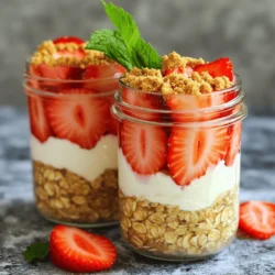Für die Erdbeer-Cheesecake Übernacht Haferflocken benötigst du die folgenden Zutaten: - 1 Tasse Haferflocken (grobe Flocken) - 1 Tasse ungesüßte Mandelmilch (oder nach Wahl Milch) - 1/2 Tasse griechischer Joghurt - 1 Esslöffel Ahornsirup (oder Honig) - 1 Teelöffel Vanilleextrakt - 1/2 Teelöffel gemahlener Zimt - 1/4 Tasse Frischkäse, weichgerührt - 1 Tasse frische Erdbeeren, entkelchert und in Scheiben geschnitten Diese Zutaten bilden die Basis für dein köstliches Frühstück. Die Haferflocken liefern Ballaststoffe, während der griechische Joghurt und Frischkäse für Cremigkeit sorgen. Um deinen Haferflocken einen knusprigen Biss zu verleihen, kannst du einige Keksbrösel hinzufügen. Diese sind einfach zuzubereiten: - Keksbrösel (nach Wahl, z.B. von Butterkeksen oder Graham Crackern) Ein bisschen Crunch macht das Frühstück interessanter und gibt dir das Gefühl von einem echten Cheesecake. Wenn du eine andere Milchalternative ausprobieren möchtest, gibt es viele Optionen: - Hafermilch - Sojamilch - Kokosmilch Jede dieser Alternativen bringt ihren eigenen Geschmack mit. Dies kann dein Erlebnis noch besser machen. Wähle die Milch, die dir am besten gefällt. Die Vorbereitungszeit für diese Erdbeer-Cheesecake Übernacht Haferflocken beträgt nur 15 Minuten. Sie brauchen einfache Utensilien: - Eine große Schüssel - Eine kleine Schüssel - Einen Löffel oder einen Rührbesen - Messbecher und Löffel - Einmachgläser oder Behälter mit Deckel 1. Mischen Sie in der großen Schüssel die Haferflocken, Mandelmilch, griechischen Joghurt, Ahornsirup, Vanilleextrakt und Zimt. Rühren Sie gut, bis alles gleichmäßig ist. 2. In der kleinen Schüssel rühren Sie den Frischkäse glatt. Fügen Sie den Frischkäse zur Haferflocken-Mischung hinzu und mischen Sie, bis keine Klumpen mehr da sind. 3. Heben Sie die Erdbeeren vorsichtig unter. Behalten Sie einige Scheiben für die Dekoration. 4. Teilen Sie die Mischung gleichmäßig auf zwei oder drei Einmachgläser auf. Schließen Sie die Behälter gut. 5. Stellen Sie die Gläser über Nacht in den Kühlschrank, damit die Haferflocken weich werden. 6. Am Morgen rühren Sie die Mischung gut um. Fügen Sie bei Bedarf etwas Milch hinzu, um die Konsistenz zu verbessern. 7. Garnieren Sie die Haferflocken mit den aufbewahrten Erdbeerscheiben und optional mit Keksbröseln. Um die besten Ergebnisse zu erzielen, mischen Sie die Zutaten gründlich. Achten Sie darauf, dass der Frischkäse gut eingearbeitet ist, damit die Mischung cremig wird. Nutzen Sie einen starken Löffel oder einen Rührbesen, um Klumpen zu vermeiden. Wenn Sie die Erdbeeren unterheben, gehen Sie vorsichtig vor, um die Frische zu bewahren. Ein häufiger Fehler ist, die Haferflocken nicht gründlich zu vermengen. Das führt zu Klumpen. Achte darauf, die Zutaten gut zu mischen, damit alles gleichmäßig ist. Ein weiterer Fehler ist, die Erdbeeren zu früh hinzuzufügen. Sie sollten erst vor dem Servieren untergehoben werden, damit sie frisch bleiben und nicht matschig werden. Wenn du eine cremigere Konsistenz möchtest, füge mehr griechischen Joghurt oder Frischkäse hinzu. Ein kleiner Schuss zusätzliche Mandelmilch hilft auch. Rühre die Mischung morgens gut um. So verteilen sich die Zutaten besser, und die Haferflocken werden noch geschmeidiger. Serviere die Haferflocken in hübschen Einmachgläsern. Das sieht toll aus und ist praktisch. Für einen frischen Look, füge einen Zweig Minze obenauf hinzu. Du kannst auch ein paar Keksbrösel für einen knusprigen Effekt streuen. Das gibt deinen Overnight Oats das gewisse Etwas und macht sie noch leckerer. {{image_4}} Wenn du Erdbeeren nicht magst, probiere andere Früchte aus. Himbeeren, Blaubeeren und Pfirsiche passen gut. Diese Früchte bringen frische Aromen. Du kannst die frischen Früchte einfach in die Mischung geben, genau wie die Erdbeeren. Sie sorgen für eine süße und fruchtige Note. Misch auch gerne verschiedene Früchte, um neue Geschmäcker zu entdecken. Für eine vegane Version ersetze den griechischen Joghurt und Frischkäse. Nutze stattdessen Kokosjoghurt. Die Mandelmilch bleibt eine gute Wahl. Achte darauf, glutenfreie Haferflocken zu wählen. So kannst du die Übernacht Haferflocken auch ohne Gluten genießen. Diese Varianten sind einfach und lecker für jeden. Möchtest du das Rezept noch interessanter machen? Füge etwas Kakao oder Erdnussbutter hinzu. Diese Zutaten geben den Haferflocken einen neuen Twist. Auch ein Schuss Espresso kann für Kaffeeliebhaber spannend sein. Experimentiere mit verschiedenen Gewürzen wie Muskat oder Ingwer, um eine besondere Note zu erreichen. Sei kreativ und finde deinen persönlichen Lieblingsgeschmack! Um die Erdbeer-Cheesecake Übernacht-Haferflocken frisch zu halten, nutzen Sie Einmachgläser oder luftdichte Behälter. Diese halten die Feuchtigkeit drin und verhindern, dass die Haferflocken austrocknen. Stellen Sie sicher, dass die Behälter gut verschlossen sind, bevor Sie sie in den Kühlschrank legen. Im Kühlschrank halten sich die Haferflocken bis zu drei Tage. Nach drei Tagen kann die Textur weicher werden. Wenn Sie sie länger lagern möchten, prüfen Sie die Konsistenz und den Geruch. Wenn alles gut aussieht, können Sie sie noch genießen. Aber am besten ist es, sie frisch zu essen. Für längere Lagerung können Sie die Haferflocken auch einfrieren. Teilen Sie die Mischung in Portionen auf und fügen Sie sie in gefriergeeignete Behälter oder Beutel. Achten Sie darauf, etwas Platz zu lassen, da die Mischung beim Gefrieren expandiert. Sie können die gefrorenen Haferflocken bis zu einem Monat aufbewahren. Zum Auftauen einfach über Nacht im Kühlschrank lassen. Du kannst die Erdbeer-Cheesecake Übernacht Haferflocken bis zu drei Tage im Kühlschrank lagern. Das hält sie frisch und lecker. Achte darauf, sie in einem gut verschlossenen Behälter aufzubewahren. So bleiben die Aromen erhalten und die Haferflocken bleiben weich. Wenn du sie länger aufbewahren möchtest, kannst du sie auch einfrieren. Ja, du kannst die Haferflocken auch warm genießen! Erwärme sie einfach in der Mikrowelle für etwa eine bis zwei Minuten. Rühre gut um, damit sie gleichmäßig warm werden. Du kannst in diesem Fall etwas zusätzliche Milch hinzufügen, um die Konsistenz zu verbessern. Die besten Toppings sind frische Erdbeeren und Keksbrösel. Du kannst auch Nüsse oder Samen hinzufügen für einen Crunch. Ein Klecks griechischer Joghurt obendrauf macht es noch cremiger. Frische Minze verleiht einen schönen Farbkontrast und zusätzlichen Geschmack. Erdbeer-Cheesecake Übernacht-Haferflocken sind einfach zuzubereiten und köstlich. Wir haben die Hauptzutaten und Tipps für perfekten Genuss besprochen. Denk daran, deine Haferflocken gut zu lagern, um ihre Frische zu bewahren. Vergiss nicht, mit anderen Früchten oder Geschmackskombinationen zu experimentieren. Das Rezept ist vielseitig und macht das Frühstück besonders. Ich hoffe, du bist bereit, deine eigenen köstlichen Haferflocken zu kreieren!