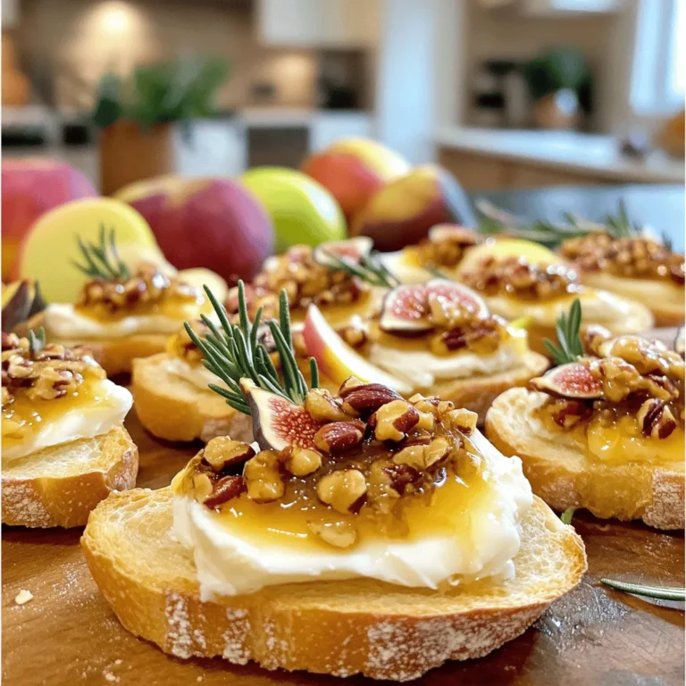 - 1 französisches Baguette, in 1,25 cm dicke Scheiben geschnitten - 225 g Brie-Käse, mit Rinde - 120 ml Pekannüsse, grob gehackt - 60 ml Ahornsirup - 30 g ungesalzene Butter - 1 Esslöffel frischer Rosmarin, fein gehackt - Salz und Pfeffer nach Geschmack - Optional: Frische Feigen oder Apfelscheiben zur Garnierung Die Hauptzutaten sind einfach und lecker. Das Baguette gibt eine knusprige Basis. Der Brie-Käse bringt einen cremigen Geschmack. Die Pekannüsse fügen einen schönen Crunch hinzu. Ahornsirup gibt eine süße Note. Die Butter sorgt für eine goldene Farbe beim Backen. Die Gewürze und frischen Zutaten sind wichtig, um Tiefe zu schaffen. Der frische Rosmarin gibt ein tolles Aroma. Salz und Pfeffer runden die Aromen ab. Optional kannst du Feigen oder Apfelstücke verwenden. Diese bringen frische und Farbe auf den Teller. So wird dein Gericht noch schöner und schmackhafter. Heize den Ofen auf 190°C vor. Das gibt den Crostini eine schöne goldene Farbe. Schneide das Baguette in 1,25 cm dicke Scheiben. Lege die Scheiben auf ein Backblech. Bestreiche jede Scheibe leicht mit geschmolzener Butter. Diese Butter hilft, dass das Brot knusprig wird. Röste die Pekannüsse in einer Pfanne bei mittlerer Hitze. Das dauert etwa 2-3 Minuten. Du wirst den tollen Duft riechen, wenn sie fertig sind. Füge dann den Ahornsirup und den gehackten Rosmarin hinzu. Rühre gut um und lasse die Mischung 1-2 Minuten köcheln. Sie sollte leicht eindicken. Vergiss nicht, mit Salz und Pfeffer zu würzen. So wird das Topping noch besser! Nimm die Crostini aus dem Ofen. Lass sie leicht abkühlen, damit du dich nicht verbrennst. Schneide den Brie-Käse in dünne Scheiben. Lege eine Scheibe auf jede Crostini. Toppe den Brie mit der warmen Pekan-Mischung. Lass etwas davon über die Ränder fließen. Das sieht rustikal und lecker aus! Du kannst die Crostini auch mit frischen Feigen oder Apfelscheiben garnieren. Das gibt Farbe und zusätzlichen Geschmack. Um die Crostini perfekt zu rösten, heize deinen Ofen auf 190°C vor. Lege die Baguettescheiben auf ein Backblech und bestreiche sie leicht mit geschmolzener Butter. Röste sie für 8-10 Minuten. Achte darauf, dass sie goldbraun und knusprig sind. Brie sollte bei Raumtemperatur sein, bevor du ihn verwendest. So wird er schön weich und cremig. Wenn du ihn auf die Crostini legst, wird er herrlich schmelzen. Wenn du Nussalternativen suchst, probiere Walnüsse oder Mandeln. Diese Nüsse haben einen tollen Geschmack und passen gut zum Brie. Du kannst auch Pistazien verwenden, wenn du etwas Neues ausprobieren möchtest. Für Abwechslung bei den Käsesorten kannst du Ziegenkäse oder Gouda nehmen. Diese Käsesorten haben unterschiedliche Texturen und Geschmäcker, die deine Crostini spannend machen. Präsentiere die Crostini auf einem schönen Holzbrett oder einem großen Teller. Du kannst sie mit frischen Feigen oder Apfelscheiben garnieren, um Farbe und Frische hinzuzufügen. Zu diesen Crostini passen auch ein leichter Salat oder eine fruchtige Salsa. Diese Beilagen ergänzen die Aromen gut und machen das Gericht noch interessanter. {{image_4}} Eine süß-salzige Variante macht das Rezept noch spannender. Sie können Honig zum Topping hinzufügen. Der Honig gibt eine schöne Süße und passt gut zu Brie. Außerdem können Sie gemischte Nüsse verwenden. Die Kombination aus verschiedenen Nüssen bringt zusätzliche Textur und Geschmack. Probieren Sie Mandeln oder Walnüsse. Diese Varianten bringen neue Aromen auf den Tisch. Für eine vegetarische Version können Sie den Rosmarin durch andere Kräuter ersetzen. Thymian oder Basilikum sind tolle Alternativen. Sie geben einen anderen Geschmack, der ebenfalls gut harmoniert. Sie können auch saisonales Gemüse als Topping hinzufügen. Gegrillte Zucchini oder geröstete Paprika sind ideal. So wird Ihr Crostini bunt und gesund. Wenn Sie glutenfrei essen, verwenden Sie glutenfreies Brot. Es gibt viele leckere Alternativen im Handel. Achten Sie darauf, dass alle anderen Zutaten ebenfalls glutenfrei sind. Zum Beispiel sind die meisten Nüsse und der Brie-Käse glutenfrei. Diese Anpassungen machen das Rezept für jeden zugänglich. Um die Crostini frisch zu halten, legen Sie sie in einen luftdichten Behälter. Der Kühlschrank ist der beste Ort dafür. Stellen Sie sicher, dass sie vollständig abgekühlt sind, bevor Sie sie lagern. So bleibt ihre Knusprigkeit erhalten. Decken Sie die Crostini nicht mit Folie ab, da sie weich werden können. Wenn Sie etwas Frisches möchten, können Sie auch ein Stück Pergamentpapier zwischen die Schichten legen. Dies hilft, die Feuchtigkeit zu regulieren. Die besten Methoden, um die Crostini aufzuwärmen, sind das Backen oder Grillen. Heizen Sie den Ofen auf 180°C vor und legen Sie die Crostini auf ein Backblech. Backen Sie sie etwa 5 Minuten lang, bis sie warm sind. Dies hilft, die Knusprigkeit zurückzubringen. Vermeiden Sie die Mikrowelle, da sie die Crostini weich macht und den Geschmack mindert. Ein kurzer Grillgang kann auch helfen, sie aufzufrischen, ohne sie zu verbrennen. Im Kühlschrank halten sich die Crostini etwa 3 Tage. Achten Sie darauf, sie gut zu verpacken, um Gerüche und Feuchtigkeit zu vermeiden. Wenn Sie die Crostini länger aufbewahren möchten, können Sie sie auch einfrieren. Legen Sie sie in einen gefrierfesten Behälter und trennen Sie die Schichten mit Pergamentpapier. So lassen sie sich bis zu 2 Monate aufbewahren. Zum Auftauen legen Sie sie einfach für ein paar Stunden in den Kühlschrank, bevor Sie sie aufwärmen. Die Zubereitung dauert insgesamt 30 Minuten. Dabei sind 15 Minuten für die Vorbereitung und 15 Minuten für das Backen und Zusammenstellen der Crostini nötig. So hast du schnell eine leckere Vorspeise. Ja, du kannst die Crostini im Voraus vorbereiten. Du kannst die Baguettescheiben mit Butter bestreichen und im Ofen rösten. Das Topping kannst du ebenfalls vorher zubereiten und im Kühlschrank aufbewahren. Wenn du bereit bist zu servieren, einfach alles zusammenstellen und kurz im Ofen aufwärmen. Wenn du keine Pekannüsse magst, kannst du Walnüsse oder Mandeln verwenden. Beides gibt einen tollen Geschmack. Du kannst auch geröstete Haselnüsse probieren. Sie bringen eine andere, aber leckere Note. Ja, diese Crostini ist vegetarisch. Sie enthält nur Brie-Käse, Pekannüsse und pflanzliche Zutaten. Alle Zutaten sind aus pflanzlichen Quellen, was sie ideal für Vegetarier macht. Diese leckeren Maple Pecan Brie Crostini sind einfach zuzubereiten. Wir haben das Rezept Schritt für Schritt erklärt. Mit frischen Zutaten und tollen Variationen wird jedes Gericht besonders. Denke daran, das Baguette perfekt zu rösten. Die Lagerung ist ebenfalls wichtig, um die Frische zu bewahren. Du kannst die Crostini im Voraus machen und variieren, wie du möchtest. Genieße die Vielfalt der Aromen und zaubere diese köstlichen Snacks für deine nächsten Gäste. Schnapp dir die Zutaten und leg los!