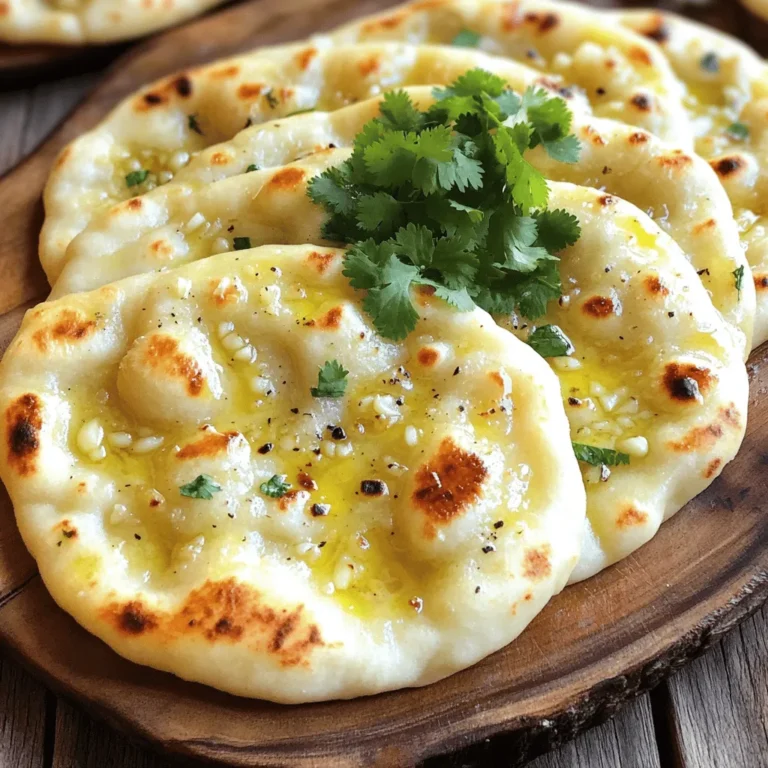 - 2 Tassen Weizenmehl - 1/2 Tasse Joghurt - 3 Knoblauchzehen Die Hauptzutaten sind die Basis für dein Knoblauch Naan. Das Weizenmehl sorgt für die Struktur. Der Joghurt macht das Brot weich und lecker. Der Knoblauch gibt dem Naan seinen besonderen Geschmack. - 1 Teelöffel Zucker - 1 Teelöffel Salz - 1 Teelöffel Backpulver - 1/2 Teelöffel Natron Die Gewürze und Backmittel sind wichtig für den Geschmack und die Textur. Zucker hilft, das Brot leicht zu bräunen. Salz verstärkt die Aromen. Backpulver und Natron sorgen dafür, dass das Naan schön aufgeht. - 2 Esslöffel Ghee oder geschmolzene Butter - Frische Koriander- oder Petersilienblätter Fette geben dem Naan einen köstlichen Geschmack. Ghee oder geschmolzene Butter machen das Brot reichhaltig. Frische Kräuter wie Koriander oder Petersilie sind perfekte Garnituren. Sie bringen Farbe und Frische. - Mische in einer großen Schüssel 2 Tassen Weizenmehl, 1 Teelöffel Zucker, 1 Teelöffel Salz, 1 Teelöffel Backpulver und 1/2 Teelöffel Natron gut. Achte darauf, dass alles gleichmäßig vermischt ist. - Gib 1/2 Tasse Joghurt in die Schüssel. Vermenge alles mit deinen Händen, bis die Mischung krümelig ist. - Füge nach und nach warmes Wasser hinzu, bis der Teig formbar ist. Knete den Teig für etwa 5-7 Minuten, bis er glatt und elastisch ist. - Decke die Schüssel mit einem feuchten Geschirrtuch ab. Lass den Teig mindestens 30 Minuten ruhen. Diese Pause hilft dem Gluten, sich zu entspannen. So wird das Naan weicher und fluffiger. - Teile den Teig in 6-8 gleich große Stücke und forme sie zu Kugeln. - Auf einer bemehlten Fläche rolle jede Teigkugel zu einer ovalen Form aus, etwa 0,5 cm dick. - Erhitze eine schwere Pfanne bei mittlerer bis hoher Temperatur. - Bestreiche eine Seite des ausgerollten Naans mit geschmolzenem Ghee oder Butter. Streue dann die gehackten Knoblauchzehen gleichmäßig darüber. - Lege das Naan mit der Knoblauchseite nach unten in die heiße Pfanne. Brate es für 1-2 Minuten, bis kleine Blasen sichtbar sind. - Wende das Naan und koche die andere Seite für weitere 1-2 Minuten, bis sie goldbraun ist. - Nimm das Naan aus der Pfanne und bestreiche es nochmals mit Ghee oder Butter. Garniere es mit frisch gehacktem Koriander oder Petersilie. - Wiederhole diesen Vorgang mit den restlichen Teigkugeln. Jetzt hast du leckeres Knoblauch Naan, das perfekt zu jedem Gericht passt! Um den Teig perfekt zu machen, achte darauf, dass er nicht zu trocken oder zu nass wird. Beginne mit der angegebenen Menge Wasser. Füge dann nur bei Bedarf mehr hinzu. Der Teig sollte weich und elastisch sein, aber nicht kleben. Wenn du zu viel Wasser hinzufügst, kann der Teig schwer zu handhaben sein. Die richtige Pfannentemperatur ist wichtig. Sie sollte heiß genug sein, damit Blasen auf dem Naan entstehen. Eine gut erhitzte Pfanne sorgt für eine schöne goldbraune Farbe. Wenn die Pfanne nicht heiß genug ist, wird das Naan nicht gut aufgehen. Teste die Hitze, indem du einen kleinen Teigrest hineinlegst. Blasen sollten schnell erscheinen. Um den Knoblauchgeschmack zu intensivieren, verwende frischen Knoblauch. Hacke die Zehen fein, damit sie den besten Geschmack abgeben. Du kannst auch die Mengen anpassen, je nach deinem Geschmack. Mehr Knoblauch sorgt für ein kräftigeres Aroma. Wenn du magst, füge etwas Knoblauchpulver zum Teig hinzu, um den Geschmack zu verstärken. {{image_4}} Kräuter-Naan bringt frische Aromen in dein Brot. Du kannst frische Kräuter wie Koriander oder Petersilie verwenden. Diese Kräuter passen gut zu Knoblauch und machen das Naan noch leckerer. Eine gute Menge ist etwa eine halbe Tasse gehackte Kräuter. Mische sie einfach in den Teig, bevor du ihn ruhen lässt. Du kannst auch andere Kräuter ausprobieren, wie Oregano oder Basilikum. So wird jeder Biss zu einem neuen Erlebnis. Käse-Naan ist eine schmackhafte Variante. Du kannst den Teig mit Käse füllen, bevor du ihn backst. Ein guter Käse ist Mozzarella oder Cheddar. Lege einfach eine kleine Menge Käse in die Mitte des Teigs, bevor du ihn schließt und ausrollst. So schmilzt der Käse beim Backen und gibt dem Naan eine tolle, cremige Textur. Es ist eine perfekte Beilage zu jedem Gericht. Gewürz-Naan bringt zusätzliche Tiefe in den Geschmack. Du kannst verschiedene Gewürze wie Kreuzkümmel oder Garam Masala hinzufügen. Diese Gewürze verleihen dem Naan einen warmen, würzigen Geschmack. Mische etwa einen Teelöffel Gewürze in den Teig, bevor du ihn knetest. Für ein noch intensiveres Aroma kannst du auch eine Prise Chili hinzufügen. So wird dein Naan noch spannender und aromatischer. Wie lange bleibt das Naan frisch? Frisches Naan bleibt im Kühlschrank etwa 3 bis 4 Tage gut. Bewahre es in einem luftdichten Behälter auf. So bleibt es weich und lecker. Wenn du es länger aufbewahren möchtest, friere es besser ein. Schritt-für-Schritt-Anleitung zum Einfrieren: Zuerst lasse das Naan vollständig abkühlen. Lege dann jedes Stück zwischen Backpapier. Das schützt es vor Frostschäden. Packe die Naan-Stücke in einen Gefrierbeutel. Drücke die Luft heraus und verschließe den Beutel gut. So bleibt das Naan bis zu 3 Monate haltbar. Beste Methoden zum Aufwärmen: Du kannst das Naan im Ofen aufwärmen. Stelle den Ofen auf 180 Grad Celsius. Lege das Naan auf ein Backblech und backe es 5 bis 7 Minuten. Eine andere Methode ist die Pfanne. Erhitze eine Pfanne ohne Fett und lege das Naan hinein. Erhitze es auf mittlerer Stufe, bis es warm und leicht knusprig ist. Die Zubereitung von Easy Garlic Naan Bread dauert insgesamt etwa 40 Minuten. Die Vorbereitungszeit beträgt nur 10 Minuten. Du wirst die meisten Zeit mit dem Ruhen des Teigs verbringen. Lasse den Teig mindestens 30 Minuten ruhen. Das gibt dem Gluten Zeit, sich zu entspannen. So wird das Naan schön weich. Ja, du kannst den Teig im Voraus zubereiten. Bereite den Teig einfach wie beschrieben vor. Decke ihn dann mit einem feuchten Tuch ab. So bleibt er frisch. Du kannst den Teig bis zu 24 Stunden im Kühlschrank aufbewahren. Vor der Verwendung lasse ihn einfach auf Raumtemperatur kommen. Es gibt viele leckere Beilagen, die gut zu Naan passen. Du kannst es mit Joghurt, Hummus oder verschiedenen Currys servieren. Auch eine leckere Salsa oder ein Dip aus frischem Gemüse sind toll. Naan ist auch perfekt für Grillgerichte oder als Snack. Es ist vielseitig und passt zu vielen Gerichten. Zusammenfassend haben wir die wichtigsten Zutaten und Schritte für die Zubereitung von Easy Garlic Naan Bread besprochen. Der Teig braucht eine gute Balance, und die richtige Temperatur ist entscheidend. Sie können viele Variationen ausprobieren, um neues Aroma zu entdecken. Bewahren Sie das Naan richtig auf, damit es frisch bleibt. Das Hinzufügen von Kräutern, Käse oder Gewürzen kann den Geschmack erhöhen. Jetzt sind Sie bereit, Ihr Naan selbst zu machen und zu genießen!