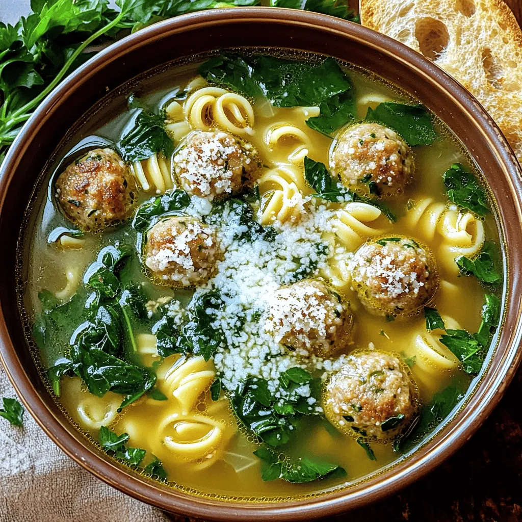 Um eine köstliche Italienische Hochzeitsuppe zu machen, brauchen Sie einige wichtige Zutaten. Hier sind die Hauptzutaten: - 1 Tasse kleine Pasta (z.B. Acini di Pepe oder Orzo) - 450 g gemischtes Hackfleisch (Rind oder Pute) - 120 g fein geriebener Parmesan - 1 kleine Zwiebel, fein gehackt - 2 Knoblauchzehen, gehackt - 120 g frische Petersilie, grob gehackt - 120 g Karotten, gewürfelt - 120 g Sellerie, gewürfelt - 1,5 Liter Hühnerbrühe - 60 g frischer Spinat, grob gehackt - 1 großes Ei, verquirlt - 1 Teelöffel getrockneter Oregano - Salz und Pfeffer nach Geschmack - Olivenöl zum Anbraten Jede Zutat bringt ihren eigenen Geschmack in die Suppe. Das gemischte Hackfleisch sorgt für eine herzhafte Basis. Die kleinen Nudeln machen es sättigend und die frischen Kräuter bringen Farbe und Aroma. Wenn Sie eine andere Geschmacksrichtung wünschen, können Sie einige Zutaten ersetzen. Hier sind einige Optionen: - Verwenden Sie Lamm- oder Hühnerhackfleisch anstelle von Rind oder Pute. - Ersetzen Sie die Pasta durch Quinoa oder Reis für eine glutenfreie Variante. - Fügen Sie andere Gemüse hinzu, wie Zucchini oder grüne Bohnen, um mehr Vielfalt zu schaffen. - Für eine cremige Note können Sie etwas Sahne oder Milch hinzufügen. Diese Alternativen können der Suppe neue Dimensionen verleihen. Wählen Sie frische Zutaten für den besten Geschmack. Hier sind einige Tipps: - Kaufen Sie frisches Gemüse, das knackig und leuchtend ist. - Wählen Sie hochwertiges Hackfleisch ohne viel Fett für eine gesunde Suppe. - Achten Sie darauf, dass der Parmesan frisch gerieben ist. Das erhöht den Geschmack. - Verwenden Sie frische Kräuter, wenn möglich. Sie bieten mehr Aroma als getrocknete. Mit der richtigen Auswahl wird Ihre Italienische Hochzeitsuppe noch besser. Zuerst mische ich das Hackfleisch mit dem geriebenen Parmesan, dem Ei, Knoblauch und Oregano. Ich füge Salz und Pfeffer hinzu. Danach forme ich kleine Bällchen, etwa 2,5 cm groß. Diese Mischung sorgt für saftige und schmackhafte Fleischbällchen. Ich erhitze etwas Olivenöl in einem großen Topf. Die gehackte Zwiebel, Karotten und Sellerie kommen hinein. Ich schwitze das Gemüse für etwa 5-7 Minuten an, bis es weich wird. Dann gebe ich die Fleischbällchen dazu und brate sie rundherum goldbraun an. Dieser Schritt gibt der Suppe viel Geschmack. Nach dem Anbraten gieße ich die Hühnerbrühe in den Topf und bringe sie zum Kochen. Sobald die Brühe kocht, füge ich die kleine Pasta hinzu. Ich reduziere die Hitze und lasse alles 10 Minuten köcheln, bis die Pasta al dente ist. So wird die Suppe schön herzhaft und sättigend. Ich rühre den gehackten Spinat und die frische Petersilie unter die Suppe. Diese Kräuter bringen Frische und Farbe in das Gericht. Ich lasse sie 2-3 Minuten in der heißen Suppe welken. Vor dem Servieren schmecke ich die Suppe ab und passe die Gewürze nach Bedarf an. Um die perfekte Konsistenz zu erreichen, sind einige Punkte wichtig. Die Pasta sollte al dente sein. Kochen Sie die Pasta nur, bis sie leicht fest ist. So wird sie nicht matschig. Die Brühe muss reichhaltig sein. Nutzen Sie frisch zubereitete Hühnerbrühe für den besten Geschmack. Wenn die Suppe zu dick wird, fügen Sie einfach mehr Brühe hinzu. Achten Sie darauf, die frischen Kräuter erst kurz vor dem Servieren hinzuzufügen. So bleibt der Geschmack frisch und lebendig. Gutes Zeitmanagement macht das Kochen einfacher. Beginnen Sie mit den Fleischbällchen, da sie etwas Zeit brauchen. Während die Fleischbällchen ruhen, schneiden Sie das Gemüse. Das spart Zeit und hält alles organisiert. Braten Sie das Gemüse an, während die Brühe kocht. So nutzen Sie die Hitze optimal aus. Wenn alles bereit ist, geben Sie die Pasta und die Kräuter hinzu. So bleibt der gesamte Kochprozess schnell und effizient. Ein häufiges Problem ist die überkochte Pasta. Achten Sie darauf, die Pasta rechtzeitig hinzuzufügen. Sie sollten auch die Brühe vor dem Hinzufügen der Kräuter abschmecken. So stellen Sie sicher, dass die Aromen stimmen. Ein weiteres Problem kann die Konsistenz der Suppe sein. Wenn sie zu dick wird, fügen Sie einfach etwas Wasser oder Brühe hinzu. Für den perfekten Geschmack ist frischer Parmesan ein Muss. Verwenden Sie keinen vorgeriebenen Käse, da er weniger Geschmack hat. {{image_4}} Wenn du eine vegetarische oder vegane Version der Italienischen Hochzeitsuppe machen möchtest, ersetze das Hackfleisch. Nutze stattdessen eine Mischung aus Linsen oder Kichererbsen. Du kannst auch gebratene Tofuwürfel hinzufügen. Verwende Gemüsebrühe anstelle von Hühnerbrühe. Füge mehr Gemüse wie Zucchini oder Paprika hinzu, um die Suppe reichhaltig zu machen. Die Italienische Hochzeitsuppe ist ideal für saisonale Anpassungen. Im Frühling kannst du Spargel und Erbsen hinzufügen. Im Sommer bringen frische Tomaten und Zucchini Farbe und Geschmack. Im Herbst sind Kürbis und Süßkartoffeln tolle Ergänzungen. Im Winter verwende Wurzelgemüse wie Rüben oder Kohl. So bleibt die Suppe frisch und lecker. In verschiedenen Regionen Italiens gibt es viele Varianten der Hochzeitsuppe. In Neapel fügen viele eine Zitronenschale hinzu, um einen frischen Geschmack zu erzeugen. In der Toskana wird oft Grana Padano anstelle von Parmesan verwendet. In manchen Gegenden kommen mehr Kräuter wie Thymian oder Basilikum zum Einsatz. Diese kleinen Unterschiede machen jede Suppe einzigartig und spannend. Um die Italienische Hochzeitsuppe frisch zu halten, kühl sie zuerst ab. Gieße die Suppe in einen luftdichten Behälter. Du kannst die Suppe bis zu drei Tage im Kühlschrank lagern. Achte darauf, die Suppe nicht in der gleichen Schüssel aufzubewahren, in der du sie gekocht hast. So vermeidest du, dass sie an Geschmack verliert. Falls du die Suppe länger aufbewahren möchtest, friere sie ein. Fülle die abgekühlte Suppe in gefriergeeignete Behälter. Lasse dabei etwas Platz oben, da sich die Suppe beim Einfrieren ausdehnt. Du kannst die Suppe bis zu drei Monate einfrieren. Zum Auftauen stell die Suppe einfach über Nacht in den Kühlschrank. Die Haltbarkeit der Suppe hängt von der Aufbewahrung ab. Im Kühlschrank bleibt sie drei Tage frisch. Im Gefrierfach hält sie bis zu drei Monate. Achte darauf, die Suppe vor dem Verzehr gut zu erhitzen. So stellst du sicher, dass sie sicher zu essen ist. Prüfe vor dem Essen immer den Geruch und das Aussehen. Die Italienische Hochzeitsuppe stammt aus Italien. Sie hat ihren Namen von den Hochzeiten, wo sie oft serviert wird. Die Suppe vereint verschiedene Aromen. Sie zeigt die Vielfalt der italienischen Küche. In den USA wurde die Suppe beliebt, vor allem in italienischen Städten. Hier wird sie oft mit einer Mischung aus Fleischbällchen und frischen Kräutern zubereitet. Ja, du kannst die Suppe im Voraus zubereiten. Sie bleibt frisch und lecker, wenn du sie richtig lagerst. Koche die Suppe und lasse sie abkühlen. Fülle sie in einen luftdichten Behälter. Im Kühlschrank hält sie sich etwa drei Tage. Du kannst die Suppe auch einfrieren. Achte darauf, die Pasta getrennt zu kochen. So bleibt die Konsistenz der Suppe gut. Zu dieser Suppe passen viele Beilagen. Ein Stück knuspriges Brot ist perfekt. Es hilft, die köstliche Brühe aufzusaugen. Ein einfacher grüner Salat ergänzt die Suppe auch gut. Du kannst auch Parmesan oder extra Petersilie zum Garnieren verwenden. Diese Beilagen machen das Essen noch besser. Um die Suppe würziger zu machen, füge mehr Gewürze hinzu. Du kannst extra Oregano oder Pfeffer verwenden. Auch rote Paprika gibt einen schönen Kick. Experimentiere mit frischen Kräutern wie Basilikum oder Thymian. Du kannst auch etwas Chiliöl verwenden. So erhält die Suppe einen schönen, würzigen Geschmack. Die italienische Hochzeitsuppe ist ein herzhaftes Gericht mit einfachen Zutaten. Wir haben die Hauptzutaten und Tipps zur Auswahl besprochen. Auch die Zubereitung der Fleischbällchen, das Anbraten von Gemüse und das Kochen der Brühe sind wichtig. Zudem sahen wir, wie man die Konsistenz perfekt hinbekommt und häufige Fehler vermeidet. Variationen und Aufbewahrungstipps helfen dir, die Suppe länger zu genießen. Denke daran, dass du sie nach deinem Geschmack anpassen kannst. Probiere es aus und schaffe dein eigenes Hochzeitsessen zu Hause!