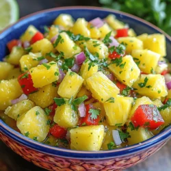 - 1 reife Ananas, fein gewürfelt - 1 rote Paprika, gewürfelt - 1 kleine rote Zwiebel, fein gehackt - 1 Jalapeño-Pfeffer, entkernt und fein gehackt - 2 Esslöffel frischer Koriander, gehackt - Saft von 1 Limette - 1 Esslöffel Honig (optional) - Salz und Pfeffer nach Geschmack Die Zutaten für die Spicy Pineapple Salsa sind frisch und einfach. Die Ananas bringt Süße und Saftigkeit. Die rote Paprika fügt einen knackigen Biss hinzu. Die Zwiebel gibt den Salsa einen tollen Geschmack. Der Jalapeño sorgt für Schärfe. Du kannst die Menge anpassen, um die Schärfe nach deinem Geschmack zu wählen. Der Koriander bringt einen frischen, grünen Geschmack. Der Limettensaft fügt Säure hinzu, die die Süße der Ananas ausgleicht. Honig ist optional, aber er kann die Salsa süßer machen. - Kalorien pro Portion: ca. 60 - Makronährstoffverteilung: - Kohlenhydrate: 15 g - Fette: 0 g - Proteine: 1 g Die Salsa ist leicht und gesund. Sie hat wenig Kalorien, aber viele Nährstoffe. Die Kohlenhydrate kommen von der Ananas und der Paprika. Diese Zutaten sind reich an Vitaminen und Mineralien. - Verwende Mango oder Kiwi, wenn du eine fruchtige Note willst. - Statt Jalapeño kannst du Paprika für weniger Schärfe nehmen. - Frischer Koriander kann durch Petersilie ersetzt werden. - Frische Zutaten sind am besten, aber gefrorene Ananas funktioniert auch. Diese Alternativen helfen dir, die Salsa nach deinem Geschmack anzupassen. Der Spaß beim Kochen ist, dass du mit den Zutaten spielen kannst. Um die Ananas zuzubereiten, schneiden Sie zuerst die Schale ab. Achten Sie darauf, auch die "Augen" der Ananas zu entfernen. Diese sind hart und nicht lecker. Danach schneiden Sie das Fruchtfleisch in kleine Würfel. Halten Sie die Stücke gleichmäßig, damit sie gut aussehen und gleichmäßig schmecken. Tipps für das richtige Würfeln: - Verwenden Sie ein scharfes Messer für saubere Schnitte. - Schneiden Sie die Ananas über einer Schüssel, um den Saft aufzufangen. Fügen Sie die gewürfelte rote Paprika und die gehackte Zwiebel zur Ananas hinzu. Die Farben machen die Salsa schön und einladend. Dann kommt der Jalapeño-Pfeffer. Passen Sie die Menge nach Ihrem Schärfewunsch an. Für weniger Schärfe, verwenden Sie weniger Jalapeño. Hinweise zur Anpassung der Schärfe: - Fügen Sie mehr Jalapeño für mehr Hitze hinzu. - Probieren Sie auch andere Chilis wie Serrano oder Fresno. Jetzt kommt der beste Teil: das Abschmecken! Geben Sie Salz und Pfeffer hinzu, um den Geschmack zu verbessern. Fügen Sie den Limettensaft hinzu. Dies bringt Frische und Balance. Tipps zum Würzen: - Beginnen Sie mit einer kleinen Menge Salz und Pfeffer. - Schmecken Sie mehrmals ab, um den perfekten Geschmack zu finden. Lassen Sie die Salsa mindestens 15 Minuten ruhen. Das ist wichtig! So können sich die Aromen gut vermischen. Das Warten lohnt sich, denn die Salsa wird viel besser schmecken. Bewahren Sie Ihre Spicy Pineapple Salsa im Kühlschrank auf. Nutzen Sie einen luftdichten Behälter. So bleibt die Salsa frisch. Sie hält sich etwa 3 bis 5 Tage. Achten Sie darauf, die Salsa nicht zu lange stehen zu lassen. Um den Geschmack zu intensivieren, fügen Sie mehr Limettensaft hinzu. Die Säure bringt die Aromen hervor. Frische Kräuter wie Basilikum oder Minze können auch gut passen. Sie geben der Salsa eine neue Note. Experimentieren Sie mit verschiedenen Kräutern für den perfekten Geschmack. Die Salsa passt hervorragend zu Grillgerichten. Servieren Sie sie zu gegrilltem Hähnchen oder Fisch. Sie ist auch ein toller Dip für Tortilla-Chips. Kinder und Erwachsene lieben diese Kombination. Stellen Sie die Salsa in eine schöne Schale für den perfekten Look. {{image_4}} Um der Salsa mehr Geschmack zu geben, kann man Mangos oder Papaya hinzufügen. Diese Früchte bringen eine süße Note und machen das Gericht fruchtiger. Für einen tropischen Flair, sind auch Früchte wie Kiwi oder Mango eine gute Wahl. Du kannst die Ananas sogar mit verschiedenen Früchten mischen, um neue Geschmäcker zu entdecken. Die Schärfe der Salsa lässt sich leicht anpassen. Du kannst verschiedene Chilis verwenden. Zwiebel, Paprika oder Jalapeño sind tolle Optionen. Für etwas mehr Würze, probiere auch Cayennepfeffer oder scharfe Soßen aus. Wenn du die Salsa süßer magst, kannst du Honig ersetzen. Agavendicksaft oder Ahornsirup sind ebenfalls gute Alternativen. Die Ananassalsa ist von Natur aus vegan und glutenfrei. Du kannst sie leicht anpassen, um sie noch gesünder zu machen. Füge mehr Gemüse wie Gurken oder Avocado hinzu. Diese Zutaten machen die Salsa noch nahrhafter. Achte darauf, dass alle Zutaten frisch und ohne Zusatzstoffe sind. Die Salsa hält sich im Kühlschrank etwa 3 bis 5 Tage. Um die Frische zu bewahren, bewahren Sie die Salsa in einem luftdichten Behälter auf. Stellen Sie sicher, dass die Salsa gut abgedeckt ist, um Oxidation zu vermeiden. So bleibt der Geschmack intensiv und frisch. Für längere Lagerung können Sie die Salsa einfrieren. Füllen Sie die Salsa in einen gefriersicheren Behälter. Lassen Sie etwas Platz für die Ausdehnung. Vor dem Gefrieren ist es hilfreich, die Salsa gut zu vermischen. So bleibt der Geschmack gleichmäßig verteilt. Wenn die Salsa schlecht geworden ist, kann sie unangenehm riechen oder eine schleimige Textur haben. Auch eine veränderte Farbe ist ein Zeichen. Lagern Sie die Salsa immer im Kühlschrank und verwenden Sie saubere Utensilien, um die Haltbarkeit zu verlängern. Die Salsa hält sich gut im Kühlschrank. Ich empfehle, sie in einem fest verschlossenen Behälter zu lagern. Optimal ist eine Lagerzeit von 3 bis 5 Tagen. Nach dieser Zeit kann der Geschmack nachlassen. Achte darauf, die Salsa vor dem Servieren gut umzurühren. Ja, du kannst die Salsa im Voraus zubereiten! Mache sie bis zu 24 Stunden vorher. So können die Aromen gut durchziehen. Lagere sie einfach im Kühlschrank. Wenn du die Salsa zubereitest, lasse den Limettensaft bis kurz vor dem Servieren weg. Das hält die Frische der Zutaten. Diese Salsa passt toll zu vielen Gerichten. Hier sind einige Ideen: - Serviere sie mit gegrilltem Hähnchen oder Fisch. - Verwende sie als Dip für Tortilla-Chips. - Sie schmeckt auch gut auf Tacos oder Burritos. - Probiere sie in Salaten oder auf Sandwiches. Mit diesen Tipps kannst du die Salsa perfekt genießen! Diese Salsa ist frisch und voller Geschmack. Wir haben die besten Zutaten wie Ananas und Gemüse kombiniert. Die Tipps zur Lagerung helfen dir, die Qualität zu bewahren. Variationen ermöglichen neue Geschmackserlebnisse. Denk daran, diese Salsa passt gut zu Geoessen oder Snacks. Nutze frische Zutaten für den besten Geschmack. Egal wie du sie anpasst, diese Salsa wird sicher begeistern. Probiere es aus und genieße die Vielfalt!