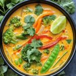 - 1 Esslöffel Kokosöl - 1 mittelgroße Zwiebel, gewürfelt - 3 Knoblauchzehen, gehackt - 1 Esslöffel Ingwer, gerieben - 2 Esslöffel rote Currypaste - 1 Dose (400 ml) Kokosmilch - 4 Tassen Gemüsebrühe - 2 Tassen Brokkoliröschen - 1 rote Paprika, in dünne Streifen geschnitten - 1 Karotte, in feine Streifen (julienne) geschnitten - 1 Tasse Zuckerschoten Die Hauptzutaten geben der Suppe ihren besonderen Geschmack. Kokosöl sorgt für das feine Aroma. Zwiebel, Knoblauch und Ingwer bringen eine tolle Basis. Rote Currypaste gibt der Suppe eine schöne Schärfe. Kokosmilch macht sie cremig und reichhaltig. Gemüsebrühe fügt Tiefe und Geschmack hinzu. Brokkoli, Paprika, Karotten und Zuckerschoten bringen Farbe und Nährstoffe. - 2 Esslöffel Sojasauce - 1 Esslöffel Limettensaft - Salz, nach Geschmack - Optional: 1 Teelöffel Kurkuma für zusätzlichen Geschmack und Farbe - Frischer Koriander zur Garnierung Die Gewürze runden den Geschmack ab. Sojasauce bringt eine salzige Note. Limettensaft sorgt für Frische. Salz macht alles leckerer. Optional kannst du Kurkuma hinzufügen. Es gibt der Suppe eine schöne Farbe und einen besonderen Geschmack. Frischer Koriander ist perfekt zum Garnieren. Er bringt einen frischen Duft und sieht toll aus. Erhitze 1 Esslöffel Kokosöl in einem großen Topf bei mittlerer Hitze. Füge die gewürfelte Zwiebel hinzu. Brate sie 3 bis 4 Minuten lang, bis sie weich ist. Dann kommen 3 gehackte Knoblauchzehen und 1 Esslöffel geriebener Ingwer dazu. Rühre alles gut um, bis es aromatisch ist. Jetzt rührst du 2 Esslöffel rote Currypaste ein. Koche die Mischung 2 Minuten, um die Aromen zu entfalten. Gieße dann 1 Dose (400 ml) Kokosmilch und 4 Tassen Gemüsebrühe in den Topf. Mische alles gut, bis die Currypaste gleichmäßig verteilt ist. Bring die Suppe zum leichten Köcheln. Füge 2 Tassen Brokkoliröschen, 1 rote Paprika in Streifen, 1 in feine Streifen geschnittene Karotte und 1 Tasse Zuckerschoten hinzu. Lass die Suppe 10 bis 12 Minuten köcheln, bis das Gemüse zart, aber knackig ist. Rühre 2 Esslöffel Sojasauce und 1 Esslöffel Limettensaft ein. Taste die Suppe ab und füge nach Bedarf Salz hinzu. Nimm den Topf vom Herd und lass die Suppe einige Minuten abkühlen. Serviere die Suppe in tiefen Schalen und garniere sie mit frischem Koriander. Um die perfekte Konsistenz Ihrer Thai Kokos-Curry Suppe zu erreichen, passen Sie die Menge der Brühe und der Kokosmilch an. Wenn Sie die Suppe dicker mögen, verwenden Sie weniger Brühe. Für eine dünnere Suppe fügen Sie mehr Brühe hinzu. Achten Sie auf die Garzeit des Gemüses. Brokkoli und Zuckerschoten brauchen weniger Zeit als Karotten. Kochen Sie das Gemüse nur so lange, bis es zart, aber noch knackig ist. Probieren Sie verschiedene Currypasten aus, um neue Geschmäcker zu entdecken. Jede Currypaste hat ihren eigenen Charakter und bringt etwas Einzigartiges in Ihre Suppe. Frische Kräuter und Gewürze verleihen der Suppe einen frischen Kick. Fügen Sie Basilikum oder Minze hinzu, um die Aromen zu verstärken. Die Präsentation Ihrer Suppe ist wichtig. Servieren Sie sie in tiefen Schalen und garnieren Sie sie mit frischem Koriander. Ein Limettenschnitz an der Seite sorgt für zusätzlichen Farbakzent und Geschmack. Denken Sie an passende Beilagen. Reis oder knuspriges Brot ergänzen die Suppe perfekt. Sie können auch frische Frühlingsrollen als Snack anbieten. {{image_4}} Wenn du eine vegetarische oder vegane Suppe zubereiten möchtest, kannst du Tofu oder Tempeh verwenden. Diese sind tolle Proteinquellen. Tofu hat eine zarte Textur und nimmt den Geschmack der Suppe gut auf. Tempeh hat einen nussigen Geschmack und gibt der Suppe einen interessanten Biss. Du kannst das Gemüse auch nach deinem Geschmack anpassen. Versuche, Karotten, Kürbis oder Spinat hinzuzufügen. Diese Zutaten sind gesund und bringen zusätzliche Farben ins Gericht. Die Schärfe deiner Suppe kannst du leicht ändern. Wenn du es mild magst, verwende weniger Currypaste. Für eine mittlere Schärfe, nimm die normale Menge. Möchtest du es scharf? Dann füge etwas mehr Currypaste hinzu. Du kannst auch frische Chilis oder Pfeffer verwenden. Diese bringen Hitze und mehr Geschmack. Denke daran, die Suppe während des Kochens zu probieren. So kannst du die Schärfe perfekt anpassen. Nutze Gemüse der Saison für deine Suppe. Im Frühling sind Spargel und Erbsen toll. Im Sommer kannst du Zucchini oder Tomaten verwenden. Im Herbst sind Kürbis und Süßkartoffeln fantastisch. Im Winter sind Wurzelgemüse wie Rüben und Karotten ideal. Achte darauf, die Zutaten nach Verfügbarkeit auszuwählen. So bleibt deine Suppe frisch und lecker. Nach dem Kochen bewahre die Thai Kokos-Curry Suppe in luftdichten Behältern auf. So bleibt die Suppe frisch und lecker. Stelle sicher, dass die Suppe vollständig abgekühlt ist, bevor du sie in den Kühlschrank stellst. Sie hält sich bis zu 4 Tage im Kühlschrank. Wenn du die Suppe länger aufbewahren möchtest, friere sie ein. Verwende dafür gefriergeeignete Behälter oder Beutel. Die Suppe bleibt bis zu 3 Monate im Gefrierschrank haltbar. Achte darauf, etwas Platz im Behälter zu lassen, damit sich die Suppe ausdehnen kann. Um die Suppe aufzuwärmen, stelle einen Topf auf mittlere Hitze. Gieße die Suppe hinein und rühre gut um. Du kannst die Suppe auch in der Mikrowelle aufwärmen. Stelle die Mikrowelle auf mittlere Leistung und erhitze sie in Intervallen von 1 Minute. Beim Wiedererhitzen kann die Konsistenz dicker werden. Füge einfach etwas Gemüsebrühe oder Kokosmilch hinzu, um die gewünschte Dicke zu erreichen. Achte darauf, die Suppe gut umzurühren, damit sie gleichmäßig warm wird. Die Thai Kokos-Curry Suppe bleibt im Kühlschrank für drei bis fünf Tage frisch. Achte darauf, die Suppe in einem luftdichten Behälter zu lagern. Dies hilft, die Aromen zu bewahren. Wenn du die Suppe länger aufbewahren möchtest, kannst du sie einfrieren. Im Gefrierschrank hält sie bis zu drei Monate. Achte darauf, die Suppe vor dem Einfrieren abzukühlen. So vermeidest du Eiskristalle. Ja, du kannst das Rezept nach deinem Geschmack ändern. Probiere verschiedene Gemüsesorten, wie Spinat oder Kürbis. Für eine proteinreiche Variante füge Tofu oder Hühnchen hinzu. Du kannst auch die Currypaste anpassen. Wenn du es schärfer magst, nimm mehr Currypaste. Für eine mildere Suppe reduziere die Menge. Auch das Hinzufügen von Nüssen gibt der Suppe einen tollen Crunch. Die Thai Kokos-Curry Suppe passt gut zu Reis oder frischen Brötchen. Du kannst auch einen leichten Salat dazu servieren. Ein fruchtiger Cocktail oder ein Glas Limonade ergänzt die Aromen. Wenn du es klassisch magst, ist grüner Tee eine feine Wahl. Die Thai Kokos-Curry Suppe ist einfach zuzubereiten und vielseitig. Wir haben die wichtigsten Zutaten, die Schritt-für-Schritt-Anleitung und nützliche Tipps besprochen. Mit einfachen Anpassungen können Sie die Suppe nach Ihrem Geschmack gestalten. Denken Sie daran, saisonales Gemüse und verschiedene Gewürze auszuprobieren. So bleibt das Rezept spannend und abwechslungsreich. Genießen Sie die Aromen und vor allem die Freude am Kochen. Ihre Kreationen werden sicher ein Hit!