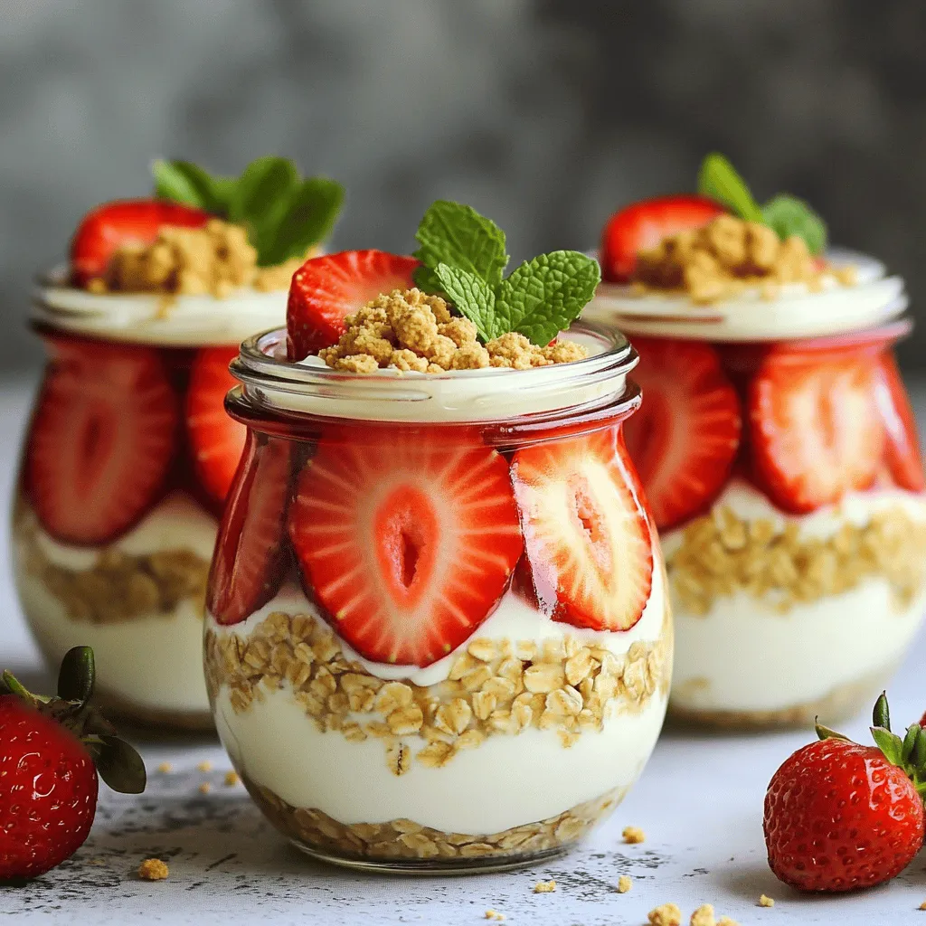 Um die perfekten Erdbeer-Käsekuchen Übernacht-Haferflocken zu machen, brauchst du: - 1 Tasse Haferflocken (gerollt) - 1 Tasse Mandelnmilch oder andere Milch nach Wahl - 1/2 Tasse griechischer Joghurt - 1/4 Tasse Frischkäse, weich gerührt - 2 Esslöffel Ahornsirup oder Honig - 1 Teelöffel Vanilleextrakt - 1/2 Tasse frische Erdbeeren, entstielt und in Scheiben geschnitten - 1 Esslöffel Chiasamen - 1 Esslöffel zerbröselte Graham Cracker - Frische Minzblätter zum Garnieren (optional) Diese Zutaten machen das Rezept cremig und lecker. Die Haferflocken sind die Basis, während die Erdbeeren den frischen Geschmack bringen. Du kannst verschiedene Milchalternativen nutzen. Mandelnmilch ist leicht und hat einen nussigen Geschmack. Sojamilch oder Hafermilch sind ebenfalls gute Optionen. Griechischer Joghurt macht die Mischung cremig und proteinreich. Frischkäse gibt den Käsekuchen-Geschmack und sorgt für eine samtige Textur. Für das Topping kannst du die restlichen Erdbeeren verwenden. Sie sorgen für Farbe und fruchtigen Geschmack. Die zerbröselten Graham Cracker bringen eine knusprige Note. Optional kannst du frische Minzblätter hinzufügen. Sie sehen schön aus und geben einen frischen Kick. Zuerst nehme ich eine große Schüssel. Dort gebe ich 1 Tasse Haferflocken. Dann füge ich 1 Tasse Mandelnmilch hinzu. Es folgt 1/2 Tasse griechischer Joghurt. Danach kommt 1/4 Tasse Frischkäse, weich gerührt. Ich füge 2 Esslöffel Ahornsirup hinzu. 1 Teelöffel Vanilleextrakt sorgt für den Geschmack. Schließlich gebe ich 1 Esslöffel Chiasamen dazu. Ich rühre alles gut um, bis die Mischung schön cremig wird. Jetzt ist es Zeit für die Erdbeeren. Ich schneide 1/2 Tasse frische Erdbeeren in Scheiben. Dann füge ich die Hälfte dieser Erdbeeren zur Haferflocken-Mischung hinzu. Ich rühre vorsichtig um und bewahre die andere Hälfte für später auf. Jetzt teile ich die Mischung gleichmäßig auf zwei Gläser auf. Ich verschließe die Gläser und stelle sie über Nacht in den Kühlschrank. So nehmen die Haferflocken die Flüssigkeit auf und werden weich. Am nächsten Morgen hole ich die Gläser aus dem Kühlschrank. Ich rühre die Mischung gründlich um. Falls sie zu dick ist, füge ich einen Schuss Mandelnmilch hinzu. Jetzt kommt der Spaß! Ich belege jedes Glas mit den restlichen Erdbeeren. Dann streue ich zerbröselte Graham Cracker darüber. Für einen besonderen Touch kann ich frische Minzblätter als Garnierung verwenden. Voilà, mein Erdbeer-Käsekuchen Übernacht-Haferflocken ist fertig! Ein häufiger Fehler ist, die Haferflocken zu lange im Kühlschrank zu lassen. Sie können matschig werden. Achte darauf, sie maximal 48 Stunden zu lagern. Ein weiterer Fehler ist das falsche Verhältnis von Flüssigkeit zu Haferflocken. Wenn du zu viel Milch verwendest, wird die Mischung zu dünn. Halte dich an das Rezept, um die richtige Konsistenz zu erreichen. Manchmal sind die Haferflocken am Morgen zu dick. Das kann passieren, wenn du viel griechischen Joghurt verwendest. Füge einfach einen Schuss Mandelmilch hinzu. Rühre gut um, bis die Mischung cremig ist. Du kannst auch weniger Haferflocken nehmen, wenn du eine leichtere Konsistenz möchtest. Um den Geschmack zu verbessern, kannst du verschiedene Zutaten hinzufügen. Frische Minze bringt einen tollen Kick. Zimt oder Kakaopulver sind auch gute Optionen. Wenn du es süßer magst, füge mehr Ahornsirup oder Honig hinzu. Du kannst auch andere Früchte wie Bananen oder Heidelbeeren probieren. Diese Variationen machen das Rezept spannend und lecker. {{image_4}} Du kannst die Erdbeeren leicht durch andere Früchte ersetzen. Himbeeren, Blaubeeren oder Pfirsiche passen wunderbar. Diese Früchte bringen ihren eigenen Geschmack und Frische mit. Du kannst sogar eine Mischung aus verschiedenen Früchten verwenden. So wird dein Frühstück bunt und lecker. Wenn du eine vegane Option möchtest, ersetze den Frischkäse durch veganen Frischkäse. Nutze pflanzlichen Joghurt statt griechischem Joghurt. Auch die Milch kannst du ganz nach deinem Geschmack wählen, wie z.B. Hafer- oder Kokosmilch. Diese Alternativen machen dein Rezept laktosefrei und tierfreundlich. Um mehr Protein hinzuzufügen, verwende proteinreichen Joghurt. Du kannst auch einen Esslöffel Proteinpulver in die Mischung geben. Das gibt dir einen Energieschub für den Tag. Außerdem helfen Nüsse oder Samen, den Proteingehalt zu steigern. So wird dein Frühstück nicht nur lecker, sondern auch nahrhaft. Nach der Zubereitung ist die Lagerung der Erdbeer-Käsekuchen Übernacht-Haferflocken einfach. Du solltest die Gläser oder Behälter mit Deckel gut verschließen. Stelle sie dann in den Kühlschrank. So bleiben die Haferflocken frisch und lecker. Es ist wichtig, sie nicht offen zu lagern, damit sie keine anderen Gerüche aufnehmen. Die Haferflocken sind im Kühlschrank gut haltbar. Du kannst sie bis zu drei Tage lang genießen. Nach dieser Zeit können sie an Geschmack und Konsistenz verlieren. Ich empfehle, sie innerhalb von zwei Tagen zu essen, um die beste Qualität zu erleben. Einfrieren ist möglich, aber nicht ideal. Die Textur der Haferflocken ändert sich beim Auftauen. Wenn du sie einfrieren möchtest, teile die Portionen in luftdichte Behälter auf. Dann kannst du sie bis zu einem Monat aufbewahren. Zum Verzehr lasse sie einfach im Kühlschrank auftauen. Rühre sie gut durch, bevor du sie genießt. Du kannst die Übernacht-Haferflocken bis zu 3 Tage im Kühlschrank aufbewahren. Achte darauf, sie in einem luftdichten Behälter zu lagern. So bleiben sie frisch und lecker. Die Haferflocken nehmen weiterhin Flüssigkeit auf, also rühre vor dem Essen gut um. Wenn sie zu dick sind, füge einfach etwas Mandelnmilch hinzu. Ja, du kannst andere Joghurtarten verwenden. Probier Kokosjoghurt oder laktosefreien Joghurt aus. Diese Optionen bringen einen anderen Geschmack und sind gut für spezielle diätetische Bedürfnisse. Der griechische Joghurt macht die Mischung cremig, aber jede Art von Joghurt kann gut funktionieren. Kürbiskerne oder Leinsamen sind gute Alternativen zu Chiasamen. Sie fügen ebenfalls Ballaststoffe hinzu. Du kannst auch Haferkleie verwenden, um die Textur zu ändern. Denke daran, die Menge nach deinem Geschmack anzupassen. Jede dieser Optionen bringt eine eigene Note in dein Rezept. Erdbeer-Käsekuchen Übernacht-Haferflocken sind einfach und lecker. Wir haben wichtige Zutaten und ihre Variationen behandelt. Die Schritt-für-Schritt-Anleitung macht das Zubereiten leicht. Tipps helfen dir, häufige Fehler zu vermeiden. Denke auch an die Lagerung und Haltbarkeit. Du kannst kreativ sein und deine eigenen Geschmäcker ausprobieren. Probiere verschiedene Früchte oder Milchalternativen aus. So wird jeder Bissen zum Genuss. Du bist bereit, dein eigenes Rezept zu erstellen!