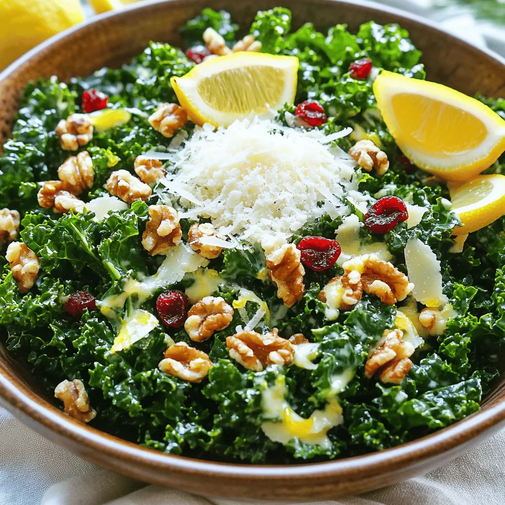 Für den Zitronen-Parmesan-Grünkohlsalat brauchen Sie: - 4 Tassen frischer Grünkohl, Stiele entfernt und in mundgerechte Stücke zerrissen - 1 Tasse frisch geriebener Parmesan - 1 große Zitrone (Saft und Abrieb) - 1/4 Tasse nativem Olivenöl extra - 1 Esslöffel Honig - 1 Teelöffel Dijon-Senf - 1/4 Teelöffel Knoblauchpulver - Salz und Pfeffer nach Geschmack - 1/4 Tasse gehackte Walnüsse (geröstet) - 1/4 Tasse getrocknete Cranberries Diese Zutaten machen den Salat frisch und nahrhaft. Der Grünkohl gibt dem Salat eine knusprige Basis. Parmesan fügt einen salzigen, reichen Geschmack hinzu. Die Zitrone bringt Frische und einen Hauch von Säure. Das Dressing ist einfach und lecker. Sie verwenden Zitronensaft, Abrieb, Olivenöl, Honig, Dijon-Senf, Knoblauchpulver, Salz und Pfeffer. Diese Zutaten harmonieren gut miteinander. Sie geben dem Salat einen tollen Geschmack. Die Walnüsse und Cranberries bringen zusätzlich Textur und Süße. Die Nüsse sind knackig, und die Cranberries sind fruchtig. Sie machen den Salat bunt und spannend. Dieser Salat ist nicht nur lecker, sondern auch gesund. Grünkohl ist reich an Vitaminen. Er hat viel Vitamin K, A und C. Parmesan liefert Protein und Calcium. Die Walnüsse bringen gesunde Fette mit. Cranberries sind voll von Antioxidantien. Durch die Kombination dieser Zutaten bietet der Salat viele Nährstoffe. Er unterstützt Ihre Gesundheit und gibt Ihnen Energie. Genießen Sie diesen nahrhaften Salat als Beilage oder als Hauptgericht! Beginne mit dem Grünkohl. Nimm vier Tassen frischen Grünkohl und entferne die festen Stiele. Zerrisse die Blätter in mundgerechte Stücke. Das macht den Salat zarter und leichter zu essen. Lege die zerrissenen Blätter in eine große Schüssel. Jetzt kommt das Dressing. In einer kleinen Schüssel mische den Saft und Abrieb einer großen Zitrone. Füge 1/4 Tasse nativem Olivenöl, 1 Esslöffel Honig, 1 Teelöffel Dijon-Senf und 1/4 Teelöffel Knoblauchpulver hinzu. Streue auch etwas Salz und Pfeffer hinein. Schlage alles zusammen mit einem Schneebesen, bis die Mischung gut verbunden ist. Gieße das Dressing über den Grünkohl. Massiere die Blätter für etwa 2-3 Minuten mit den Händen. So werden sie zart und nehmen den Geschmack auf. Jetzt füge 1 Tasse frisch geriebenen Parmesan, 1/4 Tasse gehackte Walnüsse und 1/4 Tasse getrocknete Cranberries hinzu. Mische alles vorsichtig. Lass den Salat zehn Minuten ruhen, damit die Aromen sich verbinden. Serviere ihn dann frisch. Um Grünkohl richtig vorzubereiten, fangen Sie mit frischen Blättern an. Entfernen Sie die harten Stiele. Zerrissen Sie die Blätter in kleine Stücke. Legen Sie den Grünkohl in eine große Schüssel. Gießen Sie das Dressing über die Blätter. Jetzt kommt der wichtigste Teil: Massieren Sie den Grünkohl für 2-3 Minuten kräftig mit den Händen. Dies macht die Blätter zart und süß. Es hilft, die Aromen gut aufzunehmen. Achten Sie darauf, die Blätter sanft zu kneten, nicht zu zerreißen. Das Dressing ist das Herzstück dieses Salats. Mischen Sie Zitronensaft, Zitronenabrieb, Olivenöl, Honig, Dijon-Senf und Knoblauchpulver. Diese Mischung bringt frische und Tiefe. Sie können auch etwas mehr Honig für Süße hinzufügen. Wenn Sie es schärfer mögen, probieren Sie einen Hauch mehr Dijon-Senf. Ein Spritzer mehr Zitronensaft bringt noch mehr Säure. Experimentieren Sie mit den Zutaten, um es nach Ihrem Geschmack anzupassen. Die Präsentation macht einen großen Unterschied. Servieren Sie den Salat in einer großen Schüssel. Sie können auch einzelne Portionen auf Tellern anrichten. Dekorieren Sie den Salat mit zusätzlichen Zitronenscheiben. Eine Prise frischer Parmesan obenauf sieht schön aus. Fügen Sie die gerösteten Walnüsse und Cranberries hinzu, um Farbe zu bringen. Lassen Sie den Salat vor dem Servieren etwa 10 Minuten ruhen. So verbinden sich die Aromen gut. {{image_4}} Wenn Sie keine Walnüsse mögen, probieren Sie Mandeln oder Sonnenblumenkerne. Diese Optionen bringen einen tollen Crunch. Anstelle von Cranberries können Sie Rosinen oder getrocknete Aprikosen verwenden. Diese Früchte fügen eine süße Note hinzu. Seien Sie kreativ! Überlegen Sie, was Ihnen am besten schmeckt. Um den Salat vegan zu machen, ersetzen Sie den Parmesan durch einen pflanzlichen Käse. Es gibt viele leckere Optionen auf dem Markt. Achten Sie darauf, dass das Dressing vegan ist. Ersetzen Sie den Honig durch Ahornsirup oder Agavendicksaft. Für eine glutenfreie Version verwenden Sie glutenfreies Dijon-Senf. So bleibt der Salat für alle genießbar. Im Frühling können Sie frische Erbsen oder Spargel hinzufügen. Im Sommer sind Kirschen oder Pfirsiche lecker. Im Herbst passen geröstete Kürbiswürfel gut dazu. Im Winter können Sie Granatapfelkerne für einen Farbklecks verwenden. Diese Anpassungen machen den Salat spannend und frisch das ganze Jahr über. Um die frischen Zutaten zu lagern, sollten Sie den Grünkohl gut waschen. Trocknen Sie ihn dann mit einem Küchentuch oder in einer Salatschleuder. Bewahren Sie den Grünkohl in einem luftdichten Behälter im Kühlschrank auf. So bleibt der Grünkohl knackig und frisch. Parmesan sollte in Plastikfolie eingewickelt werden. Lagern Sie ihn im Kühlschrank, um die Frische zu bewahren. Die Walnüsse können Sie in einem verschlossenen Glas aufbewahren, um sie knusprig zu halten. Frischer Grünkohl hält sich etwa 3 bis 5 Tage im Kühlschrank. Der Parmesan bleibt für 1 bis 2 Wochen frisch, wenn er gut eingewickelt ist. Walnüsse können bis zu 6 Monate haltbar sein, wenn sie richtig gelagert werden. Cranberries, getrocknet, halten sich etwa 6 bis 12 Monate. Achten Sie immer auf das Mindesthaltbarkeitsdatum. Reste des Salats können Sie in einer Schüssel aufbewahren. Am besten genießen Sie den Salat innerhalb von 1 bis 2 Tagen. Wenn der Grünkohl weich wird, können Sie ihn in eine Suppe geben. Auch in einem Sandwich oder Wrap macht er sich gut. Die restlichen Zutaten lassen sich auch in eine Quiche oder ein Omelett einarbeiten. Kreativität ist hier der Schlüssel! Um den besten Zitronen-Parmesan-Grünkohlsalat zu machen, beginne mit frischem Grünkohl. Entferne die Stiele, da sie hart sind. Zerrisse die Blätter in kleine Stücke. Mische dann Zitronensaft, Abrieb, Olivenöl, Honig, Dijon-Senf, Knoblauchpulver, Salz und Pfeffer in einer Schüssel. Schlage die Mischung gut durch. Gieße das Dressing über den Grünkohl und massiere die Blätter für 2-3 Minuten. So wird der Grünkohl zart. Füge frisch geriebenen Parmesan, Walnüsse und Cranberries hinzu. Mische alles vorsichtig und lasse den Salat 10 Minuten ruhen. Ja, du kannst den Salat im Voraus zubereiten. Mache das Dressing und bereite den Grünkohl vor. Bewahre den Grünkohl und das Dressing getrennt auf. Mische sie kurz vor dem Servieren. So bleibt der Grünkohl frisch und knackig. Wenn du den Salat zu lange stehen lässt, wird er matschig. Der Zitronen-Parmesan-Grünkohlsalat passt gut zu vielen Gerichten. Er ergänzt gegrilltes Hähnchen oder Fisch hervorragend. Auch Pasta oder Quinoa-Gerichte sind eine gute Wahl. Du kannst ihn auch mit einem warmen Brot servieren. So hast du eine tolle Kombination. Dieser Blogpost hilft Ihnen, einen köstlichen und gesunden Zitronen-Parmesan-Grünkohlsalat zuzubereiten. Wir haben die Zutaten besprochen, von den Hauptbestandteilen bis zu den Gewürzen. Die Schritt-für-Schritt-Anleitung führt Sie durch die Zubereitung. Sie erhalten praktische Tipps für die richtige Massage des Grünkohls und die besten Dressings. Denken Sie auch an Variationen und Anpassungen. Nutzen Sie die Aufbewahrungshinweise, um den Salat frisch zu halten. Experimentieren Sie und genießen Sie Ihren Salat in vollen Zügen!