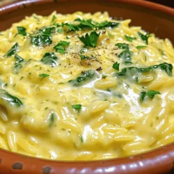 - 1 Tasse Orzo-Pasta - 2 Esslöffel Olivenöl - 4 Knoblauchzehen, fein gehackt - 2 Tassen Gemüsebrühe - 1 Tasse Schlagsahne - 1 Tasse geriebener Parmesan-Käse - 1 Tasse frischer Spinat, grob gehackt - Salz und Pfeffer nach Geschmack - 1 Teelöffel italienische Kräuter (Oregano, Basilikum) - Frische Petersilie, gehackt, zum Garnieren Um ein köstliches Gericht zu machen, benötigst du ein paar einfache Zutaten. Die Hauptzutat ist die Orzo-Pasta. Diese Reisform hat eine tolle Textur und nimmt die Aromen gut auf. Knoblauch bringt einen wunderbaren Geschmack. Ich empfehle, frischen Knoblauch zu verwenden, denn er ist viel aromatischer. Die Gemüsebrühe gibt der Pasta einen tiefen Geschmack und sorgt für eine gute Basis. Schlagsahne macht die Mischung schön cremig. Der Parmesan-Käse fügt einen herzhaften Geschmack hinzu und sorgt für die perfekte Konsistenz. Frischer Spinat bringt Farbe und Nährstoffe. Er hat auch einen milden Geschmack, der gut mit Käse und Knoblauch harmoniert. Salz und Pfeffer sind wichtig, um die Aromen zu verstärken. Die italienischen Kräuter geben dem Gericht einen extra Kick. Vergiss die frische Petersilie nicht! Sie sorgt für einen schönen Farbkontrast und frischen Geschmack. Mit diesen einfachen Zutaten kannst du ein leckeres und cremiges Gericht zaubern. Es ist schnell gemacht und perfekt für ein gemütliches Abendessen. 1. Bringe die Gemüsebrühe in einem mittelgroßen Topf zum Kochen. 2. Füge die Orzo-Pasta hinzu und koche sie. Halte dich an die Packungsanweisung, meist 9-11 Minuten. 3. Rühre gelegentlich um, damit die Pasta nicht klebt. 4. Gieße die überschüssige Brühe ab, wenn die Orzo fertig ist. 1. Erhitze das Olivenöl in einer großen Pfanne bei mittlerer Hitze. 2. Füge den fein gehackten Knoblauch hinzu. 3. Brate den Knoblauch 1-2 Minuten an, bis er duftet. Achte darauf, dass der Knoblauch nicht verbrennt. 1. Gib die gekochte Orzo in die Pfanne mit dem Knoblauch. 2. Füge die Schlagsahne hinzu und rühre alles gut um. 3. Koche die Mischung 2-3 Minuten, bis sie leicht eindickt. 4. Rühre den geriebenen Parmesan ein, bis er schmilzt und cremig wird. 5. Füge den grob gehackten Spinat hinzu und rühre weiter, bis er zusammenfällt. 6. Schmecke die Mischung mit Salz, Pfeffer und italienischen Kräutern ab. 7. Nimm die Pfanne vom Herd, wenn alles gut vermischt ist. 8. Serviere die Orzo sofort, garniert mit frischer Petersilie und mehr Parmesan. - Dosierung der Schlagsahne: Die Schlagsahne macht das Gericht cremig. Füge sie langsam hinzu. So kannst du die Konsistenz besser kontrollieren. Wenn du eine dickere Sauce wünschst, verwende mehr Schlagsahne. - Abschmecken mit Gewürzen: Nutze Salz, Pfeffer und italienische Kräuter. Beginne mit einer kleinen Menge und taste dich vor. So kannst du den Geschmack perfekt anpassen. - Anbrennen des Knoblauchs: Brate den Knoblauch bei mittlerer Hitze. Zu hohe Hitze macht ihn bitter. Rühre ihn ständig um, damit er gleichmäßig bräunt. - Zu viel oder zu wenig Brühe: Achte auf die richtige Menge Brühe. Zu viel macht das Gericht wässrig, zu wenig kann es trocken sein. Halte dich an die Anleitung und überprüfe die Konsistenz. - Mit frischer Petersilie garnieren: Frische Petersilie bringt Farbe und frischen Geschmack. Streue sie großzügig über das Gericht. - Neben einem Salat oder Brot servieren: Ein einfacher grüner Salat passt gut dazu. Auch frisches Brot ist eine tolle Ergänzung. Es sorgt für ein volleres Essen und macht es noch leckerer. {{image_4}} Möchtest du dein Gericht aufpeppen? Füge Gemüse wie Zucchini oder Paprika hinzu. Diese geben nicht nur Farbe, sondern auch einen tollen Geschmack. Du kannst auch Proteinoptionen wie Hähnchen oder Garnelen wählen. Beides passt wunderbar zur cremigen Orzo-Basis. Koche das Hähnchen vorher oder brate die Garnelen schnell an. So hast du ein vollwertiges Gericht. Wenn du keinen Parmesan magst, sind Alternativen eine gute Wahl. Du könntest Pecorino oder Grana Padano verwenden. Diese Käse geben ebenfalls einen kräftigen Geschmack. Für vegane Optionen gibt es viele Käsesorten aus Nüssen oder Soja. Sie schmelzen gut und sorgen für eine cremige Textur, ähnlich wie der Parmesan. Frische Kräuter können dein Gericht aufpeppen. Probiere Basilikum oder Schnittlauch für einen frischen Kick. Du kannst auch etwas Chili für mehr Schärfe hinzufügen. Passe die Gewürze nach deinem Geschmack an. So wird jedes Mal ein neues, leckeres Gericht daraus. Bewahre die Reste in einem luftdichten Behälter auf. So bleibt die Frische erhalten. Im Kühlschrank hält sich die Orzo bis zu drei Tage. Wenn du die Orzo länger aufbewahren willst, friere sie ein. Verwende dafür einen gefrierfesten Behälter. Um die Reste wieder warm zu machen, nutze die Mikrowelle oder den Herd. In der Mikrowelle erhitze die Orzo in kurzen Intervallen. Rühre zwischendurch um, damit sie gleichmäßig warm werden. Auf dem Herd erwärmst du sie bei mittlerer Hitze. Füge etwas Gemüsebrühe oder Sahne hinzu. So bleibt die Konsistenz schön cremig. Achte darauf, dass die Orzo nicht anbrennt. Die Kochzeit der Orzo-Pasta beträgt normalerweise 9 bis 11 Minuten. Ich empfehle, die Orzo in kochender Gemüsebrühe zuzubereiten. Das bringt viel Geschmack. Während des Kochens rühre ich die Pasta gelegentlich um. So wird sie nicht klebrig. Achte darauf, die Orzo al dente zu kochen. Das bedeutet, sie bleibt fest, wenn du hineinbeißt. Ja, du kannst die Schlagsahne ersetzen. Eine gute Option ist Kokosmilch. Sie macht das Gericht cremig und gibt einen leichten Kokosgeschmack. Auch Hafer- oder Mandelmilch funktionieren gut. Diese Alternativen haben jedoch weniger Fett. Das kann die Konsistenz etwas verändern. Du kannst auch eine Mischung aus Gemüsebrühe und Pflanzencreme probieren. Das sorgt für einen guten Geschmack, ohne den Fettgehalt zu erhöhen. Ja, das Rezept eignet sich gut für Meal Prep. Du kannst die Orzo im Voraus kochen und in Portionen aufteilen. Achte darauf, die Orzo gut abzukühlen, bevor du sie lagerst. Verwende luftdichte Behälter, um die Frische zu bewahren. Du kannst die Portionen bis zu drei Tage im Kühlschrank aufbewahren. Wenn du sie erwärmst, füge etwas Gemüsebrühe hinzu. So bleibt die Orzo cremig und lecker. Um das Rezept vegan zu machen, tausche die Schlagsahne gegen eine pflanzliche Alternative aus. Du kannst auch den Parmesan durch einen veganen Käse ersetzen. Eine Mischung aus Nährhefe und Cashewkernen funktioniert ebenfalls gut. Das gibt einen käsigen Geschmack, ohne tierische Produkte. Achte darauf, die Gemüsebrühe zu wählen, die vegan ist. So bleibt dein Gericht ganz pflanzlich und trotzdem lecker. Im Artikel besprachen wir einfaches und schmackhaftes Orzo-Pasta. Wir schauten auf die Zutaten wie Orzo, Knoblauch, und Spinat. Die Zubereitung umfasst klare Schritte, vom Kochen der Pasta bis zur Sauce. Tipps helfen, Fehler zu vermeiden und Reste richtig aufzubewahren. Variationen geben dir Spielraum, um das Rezept nach deinem Geschmack zu erweitern. Denke daran, Rezepte anzupassen und zu experimentieren. Viel Spaß beim Kochen!