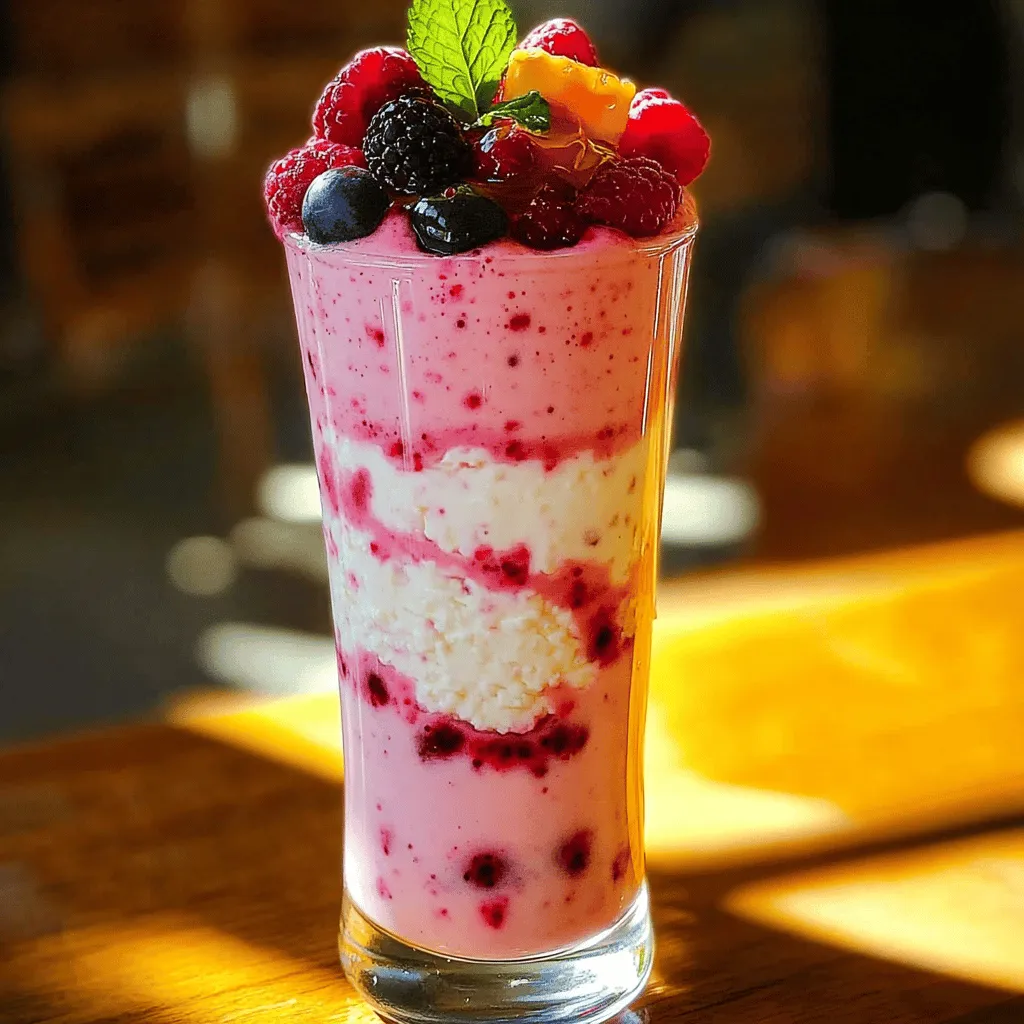 Für deinen kraftvollen High-Protein Berry Cheesecake Smoothie brauchst du: - 1 Tasse frische oder gefrorene gemischte Beeren (Erdbeeren, Blaubeeren, Himbeeren) - 1/2 Tasse griechischer Joghurt (natur oder aromatisiert) - 1/4 Tasse Hüttenkäse - 1 Esslöffel Honig oder Ahornsirup (nach Geschmack anpassen) - 1 Esslöffel Chiasamen - 1/2 Teelöffel Vanilleextrakt - 1/2 Tasse Milch (Milchprodukte oder pflanzlich, z.B. Mandel- oder Hafermilch) - Eiswürfel (optional, für eine cremigere Konsistenz) - Frische Beeren und ein Minzblatt zur Garnitur Jede Zutat in deinem Smoothie hat wichtige Nährstoffe: - Gemischte Beeren: Voller Antioxidantien und Vitamine, sie unterstützen dein Immunsystem. - Griechischer Joghurt: Reich an Protein und Probiotika, gut für die Verdauung. - Hüttenkäse: Mehr Protein für Muskeln und wenig Fett. - Chiasamen: Sie liefern Ballaststoffe und Omega-3-Fettsäuren. - Honig oder Ahornsirup: Natürliche Süße, die Energie gibt. - Milch: Versorgt dich mit Kalzium und weiteren Proteinen. Du kannst die Zutaten nach deinem Geschmack anpassen: - Beeren: Nutze deine Lieblingsfrüchte wie Kirschen oder Pfirsiche. - Joghurt: Ersetze griechischen Joghurt durch Soja- oder Kokosjoghurt für eine vegane Option. - Süße: Verwende Stevia oder Dattelsirup, wenn du weniger Zucker möchtest. - Milch: Probiere Kokosmilch oder Erbsenmilch für einen anderen Geschmack. - Extra Nährstoffe: Füge Spinat, Proteinpulver oder Nüsse hinzu für mehr Gesundheit. Diese Vielfalt macht deinen Smoothie lecker und nahrhaft! Um deinen Kraftvollen High-Protein Berry Cheesecake Smoothie zuzubereiten, beginne mit der Auswahl der Zutaten. Du brauchst: - 1 Tasse frische oder gefrorene gemischte Beeren (Erdbeeren, Blaubeeren, Himbeeren) - 1/2 Tasse griechischer Joghurt - 1/4 Tasse Hüttenkäse - 1 Esslöffel Honig oder Ahornsirup - 1 Esslöffel Chiasamen - 1/2 Teelöffel Vanilleextrakt - 1/2 Tasse Milch (deine Wahl) - Eiswürfel (optional) Sorge, dass die Beeren gut gewaschen sind, wenn du frische verwendest. Wenn du gefrorene Beeren nimmst, kannst du sie direkt verwenden. Mische die Joghurt- und Hüttenkäse-Mengen gut, um Klumpen zu vermeiden. Jetzt kommen die spannenden Schritte! Gib alle Zutaten in deinen Mixer. Beginne mit den Beeren, gefolgt von Joghurt und Hüttenkäse. Füge dann Honig, Chiasamen, Vanilleextrakt und Milch hinzu. - Mixe alles auf hoher Stufe. - Achte darauf, dass die Mischung schön cremig wird. - Wenn du es dicker magst, füge einige Eiswürfel hinzu und mixe erneut. Das Mixen sollte etwa 30 Sekunden dauern. Probiere den Smoothie, um zu sehen, ob die Süße deinem Geschmack entspricht. Wenn er nicht süß genug ist, füge mehr Honig oder Ahornsirup hinzu. Für eine noch cremigere Textur kannst du mehr Joghurt oder Hüttenkäse verwenden. Wenn der Smoothie zu dick ist, gib einen Schuss Milch hinzu. Mixe erneut, bis du die perfekte Konsistenz findest. Gieße den Smoothie in ein Glas und dekoriere ihn mit frischen Beeren und einem Minzblatt. So sieht dein Smoothie nicht nur toll aus, sondern schmeckt auch großartig! Um deinen High-Protein Berry Cheesecake Smoothie perfekt zuzubereiten, benutze frische oder gefrorene Beeren. Sie geben dem Smoothie einen tollen Geschmack. Wenn du gefrorene Beeren wählst, brauchst du weniger Eis. Das macht deinen Smoothie cremiger und kälter. Achte darauf, die Zutaten gut zu messen. Das sorgt für die richtige Konsistenz. Mixe die Zutaten auf hoher Stufe. Beginne mit den weicheren Zutaten wie Joghurt und Hüttenkäse. Füge die Beeren danach hinzu. Dadurch zerkleinern sie besser. Wenn du eine dickere Textur magst, füge einige Eiswürfel hinzu. Mixe weiter, bis alles gut vermischt und schaumig ist. Probiere den Smoothie zwischendurch. So kannst du die Süße anpassen. Du kannst den Smoothie leicht aufpeppen. Füge eine Banane für mehr Süße und Cremigkeit hinzu. Auch Spinat oder Grünkohl sind tolle Ergänzungen. Sie bringen viele Vitamine, ohne den Geschmack zu verändern. Eine Handvoll Nüsse oder Samen kann auch helfen. Sie geben gesunde Fette und Proteine. Experimentiere mit deinen Lieblingszutaten! {{image_4}} Du kannst mit verschiedenen Früchten spielen. Probiere zum Beispiel, Mango oder Banane hinzuzufügen. Diese Früchte bringen eine süße Note. Wenn du es gerne frisch magst, probiere Kiwi oder Ananas. Die Kombination von Beeren und diesen Früchten sorgt für einen tollen Geschmack. Für eine vegane Version tausche den griechischen Joghurt und Hüttenkäse aus. Nutze stattdessen pflanzlichen Joghurt aus Soja oder Kokosnuss. Auch für die Milch kannst du Mandel- oder Hafermilch verwenden. Mit diesen Zutaten bleibt der Smoothie cremig und lecker. Um deinen Smoothie noch gesünder zu machen, füge probiotische Zutaten hinzu. Zum Beispiel kannst du einen Esslöffel Kefir einmischen. Das gibt einen zusätzlichen Gesundheitskick. Auch eine Handvoll Spinat kann eine gute Wahl sein. So erhältst du mehr Nährstoffe, ohne den Geschmack zu verändern. Um deinen High-Protein Berry Cheesecake Smoothie frisch zu halten, stelle ihn in den Kühlschrank. Verwende einen luftdichten Behälter. Der Smoothie bleibt so ein bis zwei Tage genießbar. Wenn du ihn länger aufbewahren möchtest, ist das Einfrieren eine bessere Option. Um den Smoothie einzufrieren, fülle ihn in einen sicheren Behälter. Lasse etwas Platz oben, damit er beim Gefrieren Raum hat. Du kannst auch Eiswürfelformen verwenden. So hast du Portionen, die du schnell auftauen kannst. Um den Smoothie zu genießen, lasse ihn einfach über Nacht im Kühlschrank auftauen. Bewahre die Zutaten für den Smoothie getrennt auf. Frische Beeren solltest du im Kühlschrank lagern. Greek Joghurt und Hüttenkäse halten sich auch gut im Kühlschrank. Chiasamen und Vanilleextrakt kannst du in einem kühlen, trockenen Ort aufbewahren. So bleiben alle Zutaten frisch und bereit für deinen nächsten Smoothie! Der High-Protein Beeren-Käsekuchen-Smoothie hat etwa 300 Kalorien pro Portion. Die Kalorien kommen aus den frischen Beeren, dem griechischen Joghurt und dem Hüttenkäse. Diese Zutaten sind nahrhaft und liefern viele Proteine. Beeren haben wenig Zucker und viele Vitamine. Griechischer Joghurt hat auch gesunde Fette. Ja, du kannst den Smoothie im Voraus zubereiten. Mache ihn einfach am Abend davor. Fülle ihn in einen luftdichten Behälter und stelle ihn in den Kühlschrank. Wenn du ihn am nächsten Tag trinkst, schüttle den Behälter gut. So bleiben die Nährstoffe frisch. Du kannst auch Eiswürfel hinzufügen, um ihn kälter und cremiger zu machen. Für Smoothies sind Hochleistungsmixer am besten. Sie können Früchte und Joghurt gut zerkleinern. Ein guter Mixer hat eine starke Leistung von mindestens 600 Watt. Beliebte Marken sind Vitamix und Ninja. Du kannst auch einen einfachen Standmixer nutzen, wenn du keine große Menge machst. Achte darauf, dass die Klingen scharf sind, um eine glatte Konsistenz zu erhalten. Der Smoothie ist einfach zuzubereiten und bietet viele Vorteile. Wir haben die Zutaten, die Nährstoffe und Variationen besprochen. Die Schritt-für-Schritt-Anleitung macht das Mixen leicht. Tipps helfen dir, den perfekten Smoothie zu bekommen. Denk daran, dass das Einfrieren und die Lagerung wichtig sind. Du kannst viele Fragen klären, wie Kalorien und Mixerwahl. Nutze diese Infos, um gesünder zu leben und Freude am Mixen zu haben. Jetzt bist du bereit, deinen besten Smoothie zu kreieren. Viel Spaß beim Ausprobieren!