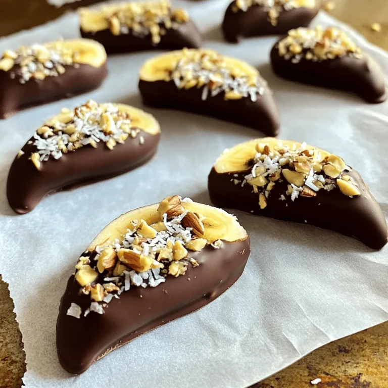 Um diese leckeren Schokoladen-Bananen-Pops zu machen, benötigst du folgende Zutaten: - 4 reife Bananen - 1 Tasse dunkle Schokoladenstückchen - 2 Esslöffel Kokosöl Diese Zutaten sind einfach zu finden und machen den Grundstein für einen tollen Snack. Reife Bananen geben dir die beste Süße. Die dunkle Schokolade bringt den vollen Geschmack. Das Kokosöl sorgt dafür, dass die Schokolade schön glatt wird. Du kannst die Pops noch interessanter machen. Hier sind einige tolle Toppings: - 1/2 Tasse zerstoßene Nüsse (Mandeln, Walnüsse oder Erdnüsse) - 1/4 Tasse ungesüßte Kokosraspeln Diese Toppings geben den Pops einen knusprigen Biss. Du kannst auch andere Toppings ausprobieren, wie Müsli oder bunte Streusel. Sei kreativ! Für dieses Rezept brauchst du ein paar einfache Geräte: - Mikrowelle - Schüssel für die Schokolade - Backblech - Backpapier - Holz-Eisstäbchen oder Spieße Die Mikrowelle hilft dir, die Schokolade schnell zu schmelzen. Das Backpapier verhindert, dass die Pops ankleben. Mit diesen Geräten hast du alles, was du brauchst, um diese köstlichen Snacks zu machen. Zuerst schälen Sie die reifen Bananen. Teilen Sie jede Banane in zwei Hälften. Stecken Sie dann ein Holzstäbchen in jede Hälfte. Das Stäbchen sollte bis zur Mitte in die Banane eindringen. Legen Sie die Bananenhälften auf ein Backblech mit Backpapier. So bleibt alles sauber und einfach. Jetzt kommt der spaßige Teil: die Schokolade! Nehmen Sie eine mikrowellengeeignete Schüssel. Geben Sie die dunklen Schokoladenstückchen und das Kokosöl hinein. Stellen Sie die Schüssel in die Mikrowelle. Schmelzen Sie die Mischung in 30-Sekunden-Intervallen. Rühren Sie nach jedem Intervall um. Machen Sie das, bis die Mischung glatt und flüssig ist. Dies dauert meist etwa 1 bis 1,5 Minuten. Tauchen Sie nun jeden Bananenpop in die geschmolzene Schokolade. Stellen Sie sicher, dass die Banane vollständig bedeckt ist. Lassen Sie überschüssige Schokolade abtropfen. Nach dem Überziehen können Sie die Bananen mit Nüssen oder Kokosraspeln bestreuen. Legen Sie die Pops zurück auf das Backblech. Wiederholen Sie den Vorgang mit allen Bananenhälften. Stellen Sie das Blech dann für mindestens eine Stunde in den Gefrierschrank. Warten Sie, bis die Schokolade fest ist. Genießen Sie die Bananenpops, wenn sie schön kühl sind! Wählen Sie dunkle Schokolade mit 70% Kakao. Sie hat den besten Geschmack. Achten Sie darauf, dass die Schokolade von guter Qualität ist. Mischen Sie das Kokosöl hinzu. Das Öl macht die Schokolade geschmeidiger. Diese Mischung lässt sich gut über die Bananen gießen. Ein häufiger Fehler ist, die Schokolade zu heiß zu schmelzen. Schmelzen Sie die Schokolade in kurzen Intervallen. Rühren Sie nach jedem Intervall um. So verhindern Sie, dass die Schokolade anbrennt. Lassen Sie die Bananen nicht zu lange in der Schokolade. Die Schokolade könnte fest werden, bevor sie richtig haftet. Verleihen Sie den Pops mehr Farbe mit verschiedenen Toppings. Zerstoßene Nüsse sind eine tolle Wahl. Sie geben den Pops einen schönen Crunch. Auch ungesüßte Kokosraspeln sind lecker. Eine andere Idee ist, bunte Streusel zu verwenden. Diese machen die Pops noch einladender für Kinder. Präsentieren Sie die Pops in einem schönen Glas. Das sieht toll aus und zieht die Blicke an. {{image_4}} Du kannst mit verschiedenen Schokoladensorten spielen, um neue Geschmäcker zu entdecken. Dunkle Schokolade bringt einen intensiven und reichen Geschmack. Milchschokolade ist süßer und cremiger. Weiße Schokolade bietet eine süße, vanillige Note. Du kannst auch eine Mischung aus diesen Sorten verwenden. Es macht die Bananenpops spannender und passt zu jedem Geschmack. Wenn du magst, füge etwas Meersalz hinzu, um den Geschmack zu verstärken. Früchte sind eine tolle Ergänzung zu schokoladenüberzogenen Bananenpops. Probiere Erdbeeren, Himbeeren oder Ananasstücke. Diese Früchte bringen Frische und eine neue Textur. Du kannst die Bananen auch mit einer Schicht Erdnussbutter bestreichen, bevor du sie in Schokolade tauchst. Das gibt einen köstlichen Kontrast zur Süße der Banane. Für einen tropischen Twist kannst du auch Mango oder Kiwi verwenden. Die Möglichkeiten sind endlos! Wenn du Gluten meiden möchtest, sind diese Pops perfekt. Alle Zutaten sind von Natur aus glutenfrei. Du kannst die Schokolade auch durch vegane Schokolade ersetzen. Achte darauf, dass du ungesüßte Kokosraspeln und Nüsse verwendest, die keine Zusatzstoffe enthalten. Diese Alternativen machen die Bananenpops für jeden geeignet. Egal ob vegan oder glutenfrei, der Genuss bleibt gleich! Um die frischen Schokoladenüberzogenen Bananenpops zu lagern, lege sie in den Gefrierschrank. Verwende einen luftdichten Behälter oder einen Gefrierbeutel. Achte darauf, dass sie nicht zusammenkleben. Lege sie aufrecht oder nebeneinander, damit die Schokolade intakt bleibt. So bleiben sie frisch und lecker. Schokoladenüberzogene Bananenpops bleiben bis zu zwei Monate im Gefrierschrank. Nach dieser Zeit kann die Qualität abnehmen. Du kannst sie jederzeit als schnellen Snack oder Dessert genießen. Lass sie vor dem Servieren kurz auftauen. So schmecken sie frisch und köstlich. Wenn du nach dem Überziehen Schokolade übrig hast, bewahre sie auf. Lass die Schokolade abkühlen und gieße sie in einen Behälter. Du kannst sie später für andere Rezepte verwenden. Schmelze sie erneut für weitere Bananenpops oder andere Leckereien. So sparst du Zeit und Zutaten. Schokoladenüberzogene Bananenpops halten bis zu zwei Monate im Gefrierschrank. Achten Sie darauf, sie in einem luftdichten Behälter zu lagern. Dadurch bleiben sie frisch und lecker. Wenn Sie sie länger lagern, kann die Textur leiden. Ja, Sie können andere Früchte verwenden! Erdbeeren, Ananas oder Äpfel sind tolle Alternativen. Stellen Sie sicher, dass die Früchte fest sind, damit sie gut halten. Schneiden Sie sie in Stücke oder verwenden Sie ganze Früchte mit einem Stiel. Um die Schokolade glatter zu machen, fügen Sie etwas Kokosöl hinzu. Das hilft, die Schokolade zu verdünnen und macht das Überziehen leichter. Achten Sie darauf, die Mischung in kurzen Intervallen zu schmelzen. Rühren Sie gründlich um, bis sie ganz glatt ist. Schoko-Bananen-Pops sind einfach und lecker. Wir haben die besten Zutaten, Variationen und Küchengeräte besprochen. Die Schritt-für-Schritt-Anleitung hilft dir, sie perfekt zuzubereiten. Mit unseren Tipps vermeidest du häufige Fehler. Vergiss nicht, die Lagerungshinweise zu beachten, damit deine Bananen frisch bleiben. Probiere verschiedene Schokoladen und Früchte aus. Jetzt bist du bereit, deine eigenen Leckerbissen zu kreieren!