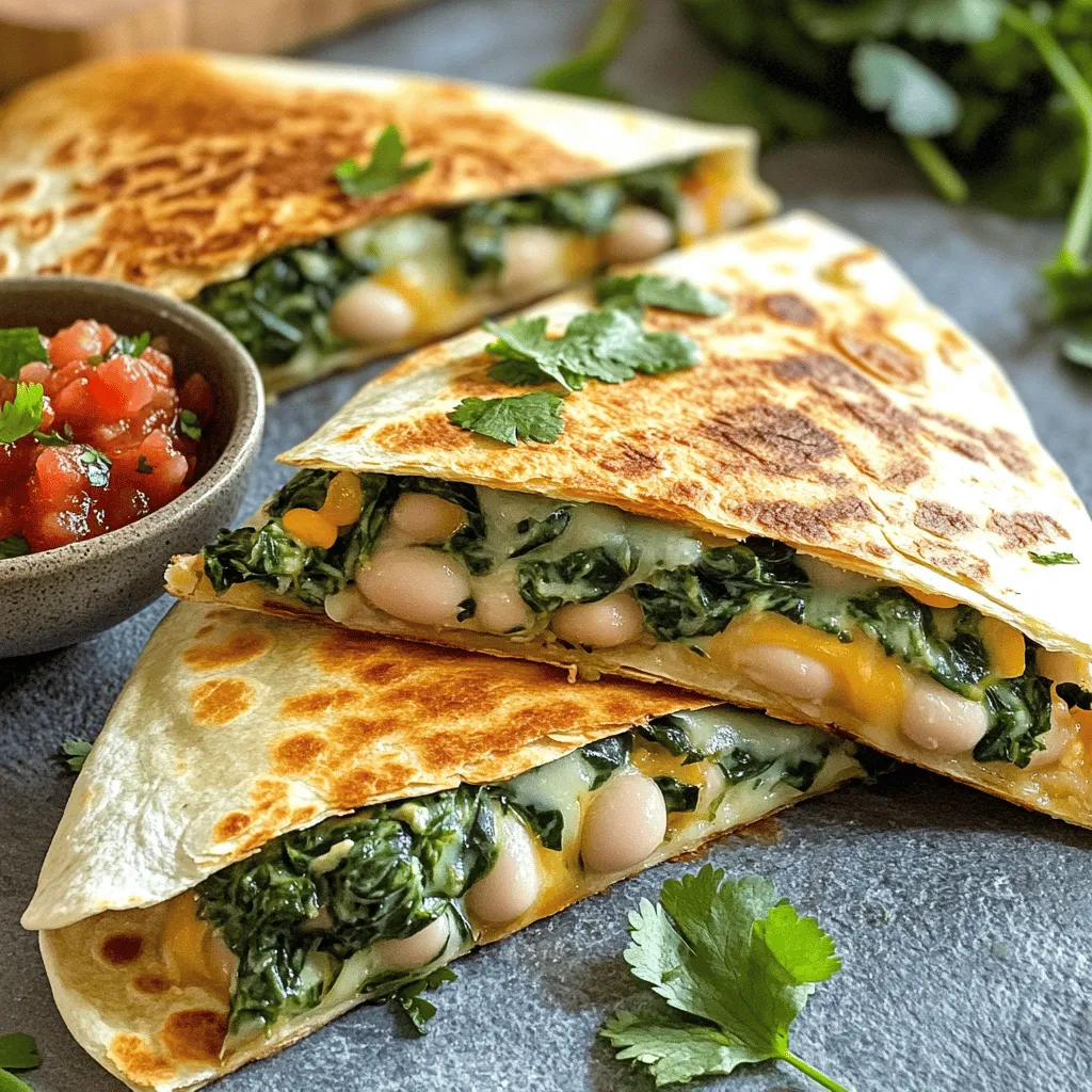 - Frischer Spinat - Weiße Bohnen (Cannellini oder Navy) - Käsevariationen (Frischkäse, Mozzarella, Parmesan) Die Hauptzutaten machen diese Quesadillas besonders lecker. Frischer Spinat gibt Farbe und Geschmack. Weiße Bohnen sorgen für eine cremige Textur. Ich mag es, verschiedene Käsesorten zu verwenden. Frischkäse macht die Füllung besonders cremig. Mozzarella sorgt für einen schönen Schmelz. Parmesan gibt einen kräftigen, salzigen Geschmack. - Knoblauch - Zwiebelpulver - Geräuchertes Paprikapulver Die Gewürze bringen das Gericht zum Leben. Knoblauch gibt einen tollen, würzigen Geschmack. Zwiebelpulver fügt eine subtile Süße hinzu. Geräuchertes Paprikapulver gibt eine rauchige Note. Diese Aromen machen die Füllung spannend und lecker. Du solltest die Gewürze gut vermischen, um den besten Geschmack zu erzielen. - Große Mehl-Tortillas - Olivenöl zum Braten Die Tortillas sind die Basis für diese Quesadillas. Große Mehl-Tortillas sind perfekt, um die Füllung zu halten. Olivenöl hilft, die Quesadillas knusprig zu braten. Ich empfehle, die Pfanne vor dem Braten gut zu erhitzen. So wird die Tortilla schön goldbraun. Mit diesen Zutaten macht das Kochen richtig Spaß! Zuerst nehme ich eine große Rührschüssel. Dort gebe ich die folgenden Zutaten: - 2 Tassen frischer Spinat, grob gehackt - 1 Dose weiße Bohnen, abgetropft und gespült - 1 Tasse weicher Frischkäse - ½ Tasse geriebener Mozzarella-Käse - ½ Tasse geriebener Parmesan-Käse - 2 fein gehackte Knoblauchzehen - 1 Teelöffel Zwiebelpulver - ½ Teelöffel geräuchertes Paprikapulver - Salz und Pfeffer nach Geschmack Ich vermenge alles gut. Die Füllung sollte cremig und gut gewürzt sein. Ich überprüfe die Konsistenz. Wenn nötig, füge ich etwas mehr Frischkäse hinzu. Nun heize ich eine große Pfanne bei mittlerer Hitze vor. Ich gebe einen kleinen Schuss Olivenöl hinein. Wenn das Öl heiß ist, lege ich eine große Tortilla in die Pfanne. Dann gebe ich einen großen Löffel der Füllung auf eine Hälfte der Tortilla. Die andere Hälfte klappe ich über die Füllung. Ich brate die Quesadilla etwa 3-4 Minuten. Die Unterseite wird goldbraun und knusprig. Jetzt wende ich die Quesadilla vorsichtig und brate die andere Seite ebenfalls 3-4 Minuten. Wenn beide Seiten schön goldbraun sind, nehme ich die Quesadilla aus der Pfanne. Ich lasse sie kurz abkühlen und schneide sie dann in Keile. Um die besten Quesadillas zu braten, kontrolliere die Hitze gut. Zu hohe Hitze macht sie außen dunkel, aber innen kalt. Bei mittlerer Hitze wird die Tortilla goldbraun und knusprig. Achte darauf, dass die Tortilla nicht durchweicht. Ein wenig Öl in der Pfanne hilft, die Tortilla knusprig zu halten. Du kannst die Füllung leicht anpassen. Füge zusätzlich Gemüse wie Paprika oder Zucchini hinzu. Gewürze wie Kreuzkümmel oder Chili können für mehr Geschmack sorgen. Verschiedene Käsesorten bringen neue Aromen. Probiere Feta oder Cheddar für eine interessante Wendung. Serviere die Quesadillas warm mit Salsa oder Guacamole. Diese Beilagen machen das Gericht noch besser. Du kannst die Quesadillas mit frischem Koriander oder zusätzlichem Käse dekorieren. So wird der Teller ein echter Hingucker. {{image_4}} - Du kannst Käse durch pflanzliche Alternativen ersetzen. So wird das Gericht vegan. - Füge mehr Gemüse wie Paprika oder Zucchini hinzu. Das bringt mehr Farbe und Geschmack. - Hähnchen oder Tofu sind tolle Füllungen. Sie machen die Quesadillas noch sättigender. - Ersetze die Bohnen durch Linsen. Das gibt einen anderen Geschmack und mehr Protein. - Verwende scharfe Salsas oder Jalapeños für einen würzigen Kick. - Experimentiere mit verschiedenen Chilis in der Füllung. So wird jedes Mal eine neue Quesadilla spannend. Um die Quesadillas frisch zu halten, lasse sie zuerst abkühlen. Bewahre sie dann im Kühlschrank auf. Nutze dafür einen luftdichten Behälter. Das schützt die Quesadillas vor dem Austrocknen. Du kannst auch Frischhaltefolie verwenden. Beim Aufwärmen stehen dir zwei Optionen zur Verfügung: Mikrowelle oder Pfanne. Die Mikrowelle ist schnell, aber die Quesadillas werden weich. Wenn du einen knusprigen Effekt möchtest, benutze die Pfanne. Erhitze die Pfanne bei mittlerer Hitze und füge etwas Öl hinzu. Brate die Quesadilla etwa 2-3 Minuten auf jeder Seite. Um die Quesadillas einzufrieren, lasse sie zuerst abkühlen. Wickle jede Quesadilla in Frischhaltefolie. Lege sie dann in einen gefriergeeigneten Behälter. So bleiben sie mehrere Monate frisch. Zum Auftauen lege sie für ein paar Stunden in den Kühlschrank. Erhitze sie dann wie gewohnt in der Pfanne oder Mikrowelle. Die Quesadillas halten sich gut. Im Kühlschrank bleiben sie etwa 3 bis 5 Tage frisch. Bewahre sie in einem luftdichten Behälter auf. Wenn du sie einfrierst, halten sie bis zu 3 Monate. Achte darauf, sie gut zu verpacken, um Gefrierbrand zu vermeiden. Ja, du kannst die Füllung im Voraus zubereiten. Mische einfach alle Zutaten in einer Schüssel. Lagere die Mischung in einem luftdichten Behälter im Kühlschrank. Sie bleibt frisch für bis zu 2 Tage. Bereite die Quesadillas dann einfach schnell zu, wenn du bereit bist. Zu Quesadillas passen viele Beilagen. Salsa ist eine beliebte Wahl. Guacamole bringt einen frischen Geschmack. Auch saure Sahne oder Joghurt passen gut. Garnieren mit frischem Koriander macht das Gericht noch schöner. Diese Quesadillas sind einfach zuzubereiten und machen Spaß. Du hast die Hauptzutaten wie frischen Spinat und weiße Bohnen genutzt. Mit unseren Tipps und Tricks kannst du sie perfekt braten und die Füllung anpassen. Variationen wie vegetarische oder proteinreiche Optionen bieten noch mehr Geschmack. Achte auf die Lagerung, damit sie frisch bleiben. Du bist nun bereit, deine eigenen leckeren Quesadillas zu machen! Viel Freude beim Ausprobieren und Genießen!