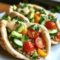 - 4 Vollkorn-Pita-Taschen - 1 Tasse gekochte Quinoa - 1 Tasse Cherrytomaten, halbiert - 1 Gurke, gewürfelt - 1 Paprika (beliebige Farbe), gewürfelt - 1/2 rote Zwiebel, fein gehackt - 1 Tasse Spinatblätter, grob gehackt Ich liebe Vollkorn-Pita-Taschen, weil sie gesund und lecker sind. Sie sind eine tolle Basis für viele Füllungen. Die gekochte Quinoa bringt einen nussigen Geschmack und viele Nährstoffe. Du kannst die Quinoa einfach im Voraus kochen und kühl lagern. Das frische Gemüse sorgt für Farbe und Knackigkeit. Cherrytomaten, Gurken, Paprika und rote Zwiebel geben viel Geschmack. Spinat ist ein toller Zusatz, der die Füllung noch gesünder macht. - 1/4 Tasse Tahini - 2 Esslöffel Zitronensaft - 2 Esslöffel Olivenöl - 1 Teelöffel Knoblauchpulver - Salz und Pfeffer nach Geschmack Das Dressing ist einfach und schnell gemacht. Tahini bringt eine cremige Textur und einen tollen Geschmack. Zitronensaft sorgt für Frische und eine leichte Säure. Olivenöl macht das Dressing geschmeidig. Mit Knoblauchpulver, Salz und Pfeffer kannst du den Geschmack perfekt anpassen. - Frische Petersilie, gehackt Die frische Petersilie ist die perfekte Garnitur. Sie gibt dem Gericht Farbe und einen frischen Geschmack. Du kannst die Petersilie grob oder fein hacken, je nach Vorliebe. Sie macht die Pita-Taschen nicht nur hübsch, sondern auch noch schmackhafter. Zuerst nehmen wir die gekochte Quinoa. Sie sollte bereits abgekühlt sein. Dann schneiden wir das Gemüse. Halbiere die Cherrytomaten. Würfle die Gurke und die Paprika. Hacke die rote Zwiebel fein. Grob hacke die Spinatblätter. Du kannst alles nach deinem Geschmack anpassen. Jetzt machen wir das Dressing. Nimm eine kleine Schüssel und gebe die Tahini hinein. Füge den Zitronensaft und das Olivenöl hinzu. Streue das Knoblauchpulver dazu. Würze das Ganze mit Salz und Pfeffer. Rühre alles gut um, bis die Mischung glatt ist. Probiere das Dressing und passe den Geschmack nach deinem Wunsch an. Nehmen wir uns nun die Pita-Taschen. Halbiere jede Tasche vorsichtig, um zwei Hälften zu bekommen. Öffne jede Hälfte, um eine Tasche zu formen. Fülle jede Pita-Tasche mit der Quinoa-Gemüsemischung. Lege die Avocadoscheiben obenauf. Garniere mit frisch gehackter Petersilie. So sieht dein Gericht nicht nur gut aus, sondern schmeckt auch frisch und lecker! Um die Pita-Taschen gut zu öffnen, halte sie einfach sanft in deiner Hand. Drücke leicht auf die Außenseite. So wird die Tasche nicht beschädigt. Ein kleiner Schnitt an der Oberseite hilft auch. Die Tasche bleibt ganz und du kannst sie gut füllen. Rissbildung passiert oft, wenn die Pita-Taschen zu heiß sind. Lass sie kurz abkühlen, bevor du sie öffnest. So bleiben sie schön weich. Wenn du die Taschen in einem Handtuch einwickelst, bleiben sie warm und frisch. Die Füllung kann je nach Saison variiert werden. Im Sommer sind frische Gurken und Tomaten toll. Im Herbst kannst du Kürbis oder Süßkartoffeln hinzufügen. Das macht das Rezept spannend. Du kannst auch andere Dressings verwenden. Probiere Joghurt oder ein leichtes Balsamico-Dressing. So passt du den Geschmack ganz nach deinem Wunsch an. Füge nährstoffreiche Zutaten hinzu, um die Pita-Taschen gesünder zu machen. Kichererbsen sind eine gute Wahl. Sie geben Protein und Ballaststoffe. Auch Nüsse oder Samen bringen Crunch und gute Fette. Verwende kalorienarme Dressings, wenn du auf deine Kalorien achten möchtest. Ein leichter Joghurt-Dip ist eine gute Idee. So bleiben die Pita-Taschen lecker und gesund. {{image_4}} Um die Pita-Taschen nahrhafter zu machen, füge Kichererbsen oder Tofu hinzu. Kichererbsen sind eine tolle Proteinquelle. Sie bringen auch eine schöne Textur in die Füllung. Tofu kann gewürzt und angebraten werden, um mehr Geschmack zu erhalten. Schneide den Tofu in kleine Stücke, damit er gut in die Tasche passt. Diese Zutaten machen deine Mahlzeit sättigender und gesünder. Du kannst die Pita-Taschen mit verschiedenen Kräutern und Gewürzen aufpeppen. Probiere frischen Dill oder Koriander, um eine neue Note zu schaffen. Auch Kreuzkümmel oder Paprika können den Geschmack intensivieren. Experimentiere mit den Mengen, um deinen Lieblingsgeschmack zu finden. Das macht das Gericht spannend und immer wieder anders. Wenn du vegane Optionen suchst, ersetze die Dressing-Zutaten. Statt Tahini kannst du auch Cashewcreme verwenden. Für einen frischen Kick, nutze Limettensaft anstelle von Zitronensaft. Achte darauf, dass alle verwendeten Zutaten pflanzlich sind. So kannst du auch ohne tierische Produkte leckere Pita-Taschen genießen. Die ungefüllten Pita-Taschen bewahre ich am besten in einem luftdichten Behälter auf. So bleiben sie frisch und weich. Du kannst sie auch in ein sauberes Küchentuch wickeln. Achte darauf, sie an einem kühlen Ort zu lagern. Wenn du sie länger aufbewahren möchtest, friere sie einfach ein. So bleiben sie mehrere Monate haltbar. Die Füllungen für die Pita-Taschen, wie die Quinoa und das Gemüse, bewahre ich im Kühlschrank auf. Nutze dafür einen gut verschlossenen Behälter. So bleibt das Gemüse knackig und frisch. Die Füllungen können bis zu drei Tage haltbar sein. Vor dem Servieren solltest du sie gut durchmischen. So vereinen sich die Aromen optimal. Die Pita-Taschen sind ungefüllt bis zu einer Woche haltbar, wenn du sie richtig lagerst. Die gefüllten Pita-Taschen solltest du aber am besten gleich essen. Sollten sie jedoch übrig bleiben, kannst du sie in einem luftdichten Behälter für bis zu zwei Tage im Kühlschrank aufbewahren. Achte darauf, sie vorher zu erwärmen, um den Geschmack zu verbessern. Die Zubereitung der Pita-Taschen dauert insgesamt 30 Minuten. Davon sind 15 Minuten für die Vorbereitung und 15 Minuten für das Füllen und Servieren. Die Schritte sind schnell und einfach. Bereiten Sie zuerst die Quinoa und das Gemüse vor. Dann machen Sie das Dressing und füllen alles in die Pita-Taschen. Ja, Sie können das Rezept im Voraus zubereiten. Bereiten Sie die Quinoa und das Gemüse einen Tag zuvor vor. Lagern Sie die Füllungen in einem luftdichten Behälter im Kühlschrank. Füllen Sie die Pita-Taschen erst kurz vor dem Servieren. So bleiben die Pita-Taschen frisch und knusprig. Zu den Pita-Taschen passen viele Beilagen. Hier sind einige Ideen: - Ein einfacher grüner Salat - Hummus mit Gemüsesticks - Joghurt-Dip oder Tzatziki - Gebackene Süßkartoffel-Pommes Diese Beilagen ergänzen die frischen Aromen der Pita-Taschen sehr gut. Du hast gelernt, wie man leckere und gesunde Pita-Taschen zubereitet. Von den frischen Zutaten bis zum einfachen Dressing haben wir alles abgedeckt. Du kannst die Füllungen je nach saisonalen Zutaten anpassen. Denke daran, die Pita-Taschen richtig zu lagern, damit sie frisch bleiben. Mit diesen Tipps und Variationen kannst du kreativ sein und deine eigenen gesunden Gerichte kreieren. Viel Spaß beim Ausprobieren und guten Appetit!