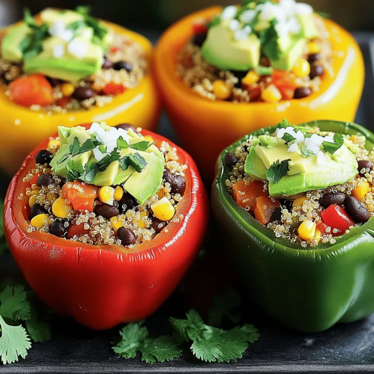 - 4 große Paprika (beliebige Farbe) - 1 Tasse Quinoa, abgespült - 2 Tassen Gemüsebrühe oder Wasser - 1 Dose (15 oz) schwarze Bohnen, abgetropft und abgespült - 1 Tasse Mais (frisch oder tiefgefroren) - 1 kleine rote Zwiebel, gewürfelt - 2 Knoblauchzehen, fein gehackt - Gewürze: Kreuzkümmel, Chili-Pulver, geräuchertes Paprikapulver - Frische Zutaten: Avocado, Koriander, Limettensaft Die Hauptzutaten sind einfach zu finden. Ich benutze Paprika in verschiedenen Farben. Das gibt dem Gericht schöne Farben. Quinoa ist gesund und einfach zu kochen. Gemüsebrühe gibt der Quinoa einen tollen Geschmack. Zusätzliche Zutaten machen die Füllung reichhaltig. Schwarze Bohnen sind proteinreich und nahrhaft. Mais bringt Süße in das Gericht. Die rote Zwiebel gibt einen tollen Biss und Geschmack. Die Gewürze sind wichtig. Knoblauch sorgt für einen intensiven Geschmack. Kreuzkümmel und Chili-Pulver geben Schärfe und Wärme. Geräuchertes Paprikapulver gibt einen rauchigen Geschmack. Frische Zutaten wie Avocado und Koriander machen das Gericht lebendig. Limettensaft bringt Frische und Säure. Diese Zutaten machen die mexikanischen Quinoa gefüllten Paprika lecker und nahrhaft. Sie sind perfekt für eine gesunde Mahlzeit. Heize den Ofen auf 190°C (375°F) vor. Schneide die Oberseiten der Paprika ab. Entferne die Kerne und das Innere. Bestreiche die Außenseite der Paprika leicht mit Olivenöl. Stelle sie aufrecht in eine Auflaufform. Bringe in einem mittleren Topf die Gemüsebrühe zum Kochen. Füge die abgespülte Quinoa hinzu. Reduziere die Hitze auf niedrig. Decke den Topf ab und lasse die Quinoa 15 Minuten köcheln. Die Flüssigkeit sollte vollständig aufgesogen sein. Stelle die Quinoa danach beiseite. Erhitze in einer großen Pfanne einen Schuss Olivenöl bei mittlerer Hitze. Füge die gewürfelte Zwiebel und den gehackten Knoblauch hinzu. Brate sie an, bis die Zwiebel glasig ist, etwa 3-4 Minuten. Rühre schwarze Bohnen, Mais, Kreuzkümmel, Chili-Pulver, geräuchertes Paprikapulver, Salz und Pfeffer ein. Vermische die gekochte Quinoa und die gehackten Tomaten gründlich. Nimm die Pfanne vom Herd und rühre den Limettensaft unter. Löffle vorsichtig die Quinoa-Mischung in jede Paprika. Drücke die Mischung leicht nach unten. Wenn du magst, streue etwas geriebenen Käse oben drauf. Decke die Auflaufform mit Aluminiumsfolie ab. Backe die Paprika 25 Minuten im Ofen. Entferne die Folie und backe sie weitere 10-15 Minuten, bis sie zart sind. Um die besten gefüllten Paprika zu machen, wähle große, feste Paprika. Ihre Farben können von rot, gelb bis grün variieren. Jede Farbe hat ihren eigenen Geschmack. Rote Paprika sind süß, während grüne Paprika einen herberen Geschmack haben. Achte darauf, dass sie keine Flecken oder Druckstellen haben. Diese Zeichen deuten auf schlechte Qualität hin. Eine gute Wahl sorgt für einen tollen Geschmack und ein schönes Aussehen. Du kannst die Füllung anpassen, um sie vegan oder vegetarisch zu machen. Zum Beispiel, lass den Käse weg oder ersetze ihn durch pflanzliche Alternativen. Wenn du mehr Gemüse magst, füge Zucchini, Spinat oder Pilze hinzu. Diese Gemüsesorten passen gut zur Quinoa und tragen zur Nährstoffvielfalt bei. Deine Füllung wird so noch bunter und leckerer. Zu gefüllten Paprika passen leckere Beilagen. Probiere einen frischen grünen Salat oder eine Guacamole. Diese ergänzen das Gericht gut. Für Getränke empfehle ich einen frischen Limetten-Soda oder ein leichtes Bier. Das bringt eine schöne Frische. Zum Garnieren benutze gewürfelte Avocado und frischen Koriander. Das gibt deinem Gericht nicht nur Farbe, sondern auch zusätzlichen Geschmack. {{image_4}} Das Rezept für mexikanische Quinoa gefüllte Paprika ist sehr vielseitig. Du kannst verschiedene Getreidearten verwenden. Reis ist eine beliebte Alternative. Er hat eine ähnliche Konsistenz und nimmt die Aromen gut auf. Hirse ist auch eine gute Wahl. Sie ist glutenfrei und hat einen nussigen Geschmack. Du kannst sogar einen Mix aus verschiedenen Getreidearten ausprobieren. So erhältst du eine spannende Textur. Die Gewürze machen das Gericht besonders. Du kannst deine eigenen Gewürzmischungen ausprobieren. Zum Beispiel, füge mehr Chili-Pulver für extra Schärfe hinzu. Oder mische geräucherte Paprika mit Oregano. Mit Kreuzkümmel erreichst du eine erdige Note. Du kannst auch frische Kräuter wie Basilikum oder Thymian verwenden. Das macht die Füllung noch interessanter. Sei kreativ mit deinen Gewürzen! Für mehr Protein kannst du Tofu oder Tempeh hinzufügen. Tofu ist eine gute Wahl, da er die Aromen gut aufnimmt. Einfach in kleine Stücke schneiden und anbraten. Tempeh hat einen festen Biss und einen kräftigen Geschmack. Es passt gut in die Mischung. Du kannst auch Hühnchen oder Rindfleisch verwenden, wenn du möchtest. So wird das Gericht noch nahrhafter und sättigender. Lager die gefüllten Paprika im Kühlschrank. Verwende einen luftdichten Behälter. So bleiben sie frisch. Diese Paprika halten sich etwa 3 bis 5 Tage. Achte darauf, dass sie nicht austrocknen. Um die gefüllten Paprika aufzuwärmen, nutze den Ofen. Heize ihn auf 175°C vor. Lege die Paprika in eine Auflaufform und decke sie mit Folie ab. Backe sie etwa 15 bis 20 Minuten. So bleiben sie saftig und lecker. Eine Mikrowelle ist auch eine Option. Stelle die Paprika in eine mikrowellengeeignete Schüssel. Erwärme sie in kurzen Intervallen von 1 bis 2 Minuten. Rühre zwischendurch um, damit sie gleichmäßig warm werden. Um die Paprika einzufrieren, lass sie zuerst abkühlen. Danach packe sie einzeln in Gefrierbeutel. Drücke die Luft heraus, bevor du sie verschließt. So vermeidest du Gefrierbrand. Um sie später zu genießen, nimm sie einfach aus dem Gefrierfach. Lasse sie im Kühlschrank über Nacht auftauen. Erhitze sie dann wie beschrieben. Das sorgt dafür, dass der Geschmack bleibt. Ja, die gefüllten Paprika sind vegan, wenn wir keinen Käse verwenden. Sie bestehen aus Quinoa, Bohnen und Gemüse. Diese Zutaten machen sie nahrhaft und lecker. Möchten Sie Anpassungen vornehmen? Sie können die Quinoa auch mit anderen pflanzlichen Zutaten ersetzen. Zum Beispiel können Sie die Bohnen durch Linsen oder Kichererbsen ersetzen. Auch die Gewürze können nach Ihrem Geschmack angepasst werden. Die gesamte Zubereitungszeit für die gefüllten Paprika beträgt etwa 50 Minuten. Die Vorbereitungszeit liegt bei 15 Minuten. In dieser Zeit schneiden Sie die Paprika und bereiten die Füllung vor. Die Kochzeit im Ofen beträgt 35 Minuten. Die ersten 25 Minuten sind die Paprika mit Folie abgedeckt. Danach entfernen Sie die Folie für die letzten 10 bis 15 Minuten. Ja, Sie können andere Gemüse verwenden, um die Füllung anzupassen. Zucchini, Karotten oder Spinat sind gute Optionen. Auch Pilze bringen einen tollen Geschmack. Achten Sie darauf, das Gemüse klein zu schneiden, damit es gut in die Paprika passt. Sie können auch frische Kräuter wie Basilikum oder Oregano hinzugeben, um den Geschmack zu variieren. Ja, Sie können die gefüllten Paprika im Voraus zubereiten. Füllen Sie die Paprika und decken Sie sie ab. Sie können sie im Kühlschrank für bis zu zwei Tage aufbewahren. Wenn Sie bereit sind zu essen, backen Sie sie einfach im Ofen. Dies spart Zeit und macht das Essen einfach. Sie können sie auch einfrieren. Wickeln Sie sie gut ein und lagern Sie sie bis zu drei Monate im Gefrierfach. In diesem Artikel habe ich die Zutaten und die Zubereitung gefüllter Paprika ausführlich erklärt. Wir haben die Hauptzutaten wie Quinoa, Gemüse und Gewürze betrachtet. Zudem habe ich hilfreiche Tipps zu Variationen und Lagerung gegeben. Experimentiere mit verschiedenen Füllungen und Gewürzen, um deinen eigenen Geschmack zu finden. Gefüllte Paprika sind vielseitig und lassen sich leicht anpassen. Sie sind ideal für ein schnelles, gesundes Gericht. Schwinge den Kochlöffel und genieße dein leckeres Ergebnis!