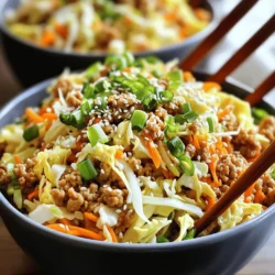 Für das köstliche Gericht benötigst du folgende Zutaten: - 450 g gemahlene Hähnchen- oder Putenbrust - 4 Tassen Coleslaw-Mischung (zerkleinerter Kohl und Karotten) - 2 Frühlingszwiebeln, in Ringe geschnitten - 3 Knoblauchzehen, fein gehackt - 1 Esslöffel frischer Ingwer, gerieben - 3 Esslöffel Sojasauce - 1 Esslöffel Sesamöl - 1 Teelöffel Reisessig - 1 Esslöffel Sriracha (optional, für Schärfe) - Salz und Pfeffer nach Geschmack - Sesamsamen zur Garnierung (optional) Diese Zutaten machen das Gericht bunt und schmackhaft. Die Mischung aus Gemüse und Fleisch ist einfach lecker. Die Nährwerte sind wichtig, um zu wissen, was du isst. Hier sind einige Werte: - Hähnchen- oder Putenbrust liefert viel Protein. - Die Coleslaw-Mischung bringt Ballaststoffe. - Sesamöl hat gesunde Fette. - Sojasauce gibt Geschmack, aber achte auf den Salzgehalt. Das Gericht ist nahrhaft und unterstützt eine ausgewogene Ernährung. Du kannst einige Zutaten leicht ersetzen: - Benutze Tofu anstelle von Hähnchen für eine vegetarische Option. - Ersetze die Sojasauce durch Tamari für eine glutenfreie Variante. - Verwende eine andere Gemüse-Mischung wie Paprika oder Brokkoli. Diese Alternativen machen das Gericht flexibel und anpassbar an deinen Geschmack. Beginne mit dem Erhitzen von 1 Esslöffel Sesamöl in einer großen Pfanne. Stelle die Hitze auf mittel bis hoch ein. Füge 450 g gemahlene Hähnchen- oder Putenbrust in die Pfanne. Zerbrich das Fleisch mit einem Spatel. Koche es für 5 bis 7 Minuten, bis es schön gebräunt ist. Achte darauf, dass das Fleisch gut durchgegart ist. So bleibt es saftig und lecker. Jetzt kommt der spannende Teil! Rühre 3 fein gehackte Knoblauchzehen und 1 Esslöffel geriebenen frischen Ingwer in die Pfanne. Koche alles für 1 Minute. Der Duft wird großartig sein! Gib danach 4 Tassen Coleslaw-Mischung in die Pfanne. Mische alles gut. Koche die Mischung für 3 bis 4 Minuten. Der Kohl sollte zart werden, aber noch knusprig bleiben. Nimm die Pfanne vom Herd. Gieße 3 Esslöffel Sojasauce und 1 Teelöffel Reisessig über die Mischung. Falls du es scharf magst, füge 1 Esslöffel Sriracha hinzu. Mische alles gut durch. Schmecke das Gericht mit Salz und Pfeffer ab. Serviere das Gericht in tiefen Schalen. Garniere es mit 2 in Ringe geschnittenen Frühlingszwiebeln und optionalen Sesamsamen. Verwende Essstäbchen, um das Essen authentisch zu genießen! Beim Kochen von Eierrollen in einer Schüssel gibt es einige häufige Fehler. Ein Fehler ist, das Hähnchen nicht gut zu bräunen. Das gibt mehr Geschmack. Achte darauf, das Fleisch in kleine Stücke zu zerbrechen, damit es gleichmäßig gart. Ein weiterer Fehler ist, die Coleslaw-Mischung zu lange zu kochen. Sie sollte nur zart sein, nicht matschig. Um Zeit zu sparen, bereite die Zutaten vor. Hacke den Knoblauch und den Ingwer im Voraus. Du kannst auch die Frühlingszwiebeln bereits schneiden. Eine weitere Idee ist, eine fertige Coleslaw-Mischung zu kaufen. Das spart dir das Zerkleinern von Kohl und Karotten. Wenn du das Hähnchen vorher kochst, ist das Gericht noch schneller fertig. Für dieses Rezept ist eine große Pfanne oder ein Wok ideal. Damit bleibt das Essen gleichmäßig heiß. Ein scharfes Messer hilft dir beim Schneiden der Zutaten. Ein Holzspatel ist perfekt, um das Hähnchen zu zerbrechen. Schließlich ist eine Schüssel zum Servieren wichtig. Sie macht das Gericht schön und einfach zu essen. {{image_4}} Wenn du eine vegetarische Version der Eierrolle in einer Schüssel machen willst, gibt es einfache Änderungen. Ersetze das Hähnchen oder die Putenbrust durch Tofu oder Tempeh. Diese Optionen sind reich an Eiweiß und nehmen die Aromen gut auf. Schneide den Tofu in kleine Würfel und brate ihn goldbraun. Du kannst auch mehr Gemüse hinzufügen, wie Paprika oder Zucchini. Das macht das Gericht bunt und gesund. Für eine Low-Carb Version kannst du die Coleslaw-Mischung verwenden. Sie enthält wenig Kohlenhydrate und ist knackig. Du kannst auch Zucchini-Nudeln (Zoodles) statt Reis verwenden. Brate die Zoodles kurz an, bis sie weich sind. Das gibt dir den gleichen Geschmack mit weniger Kohlenhydraten. Achte darauf, die Sojasauce zu überprüfen. Einige Marken haben Zucker. Suche nach einer zuckerfreien Option für dein Gericht. Um mehr Geschmack zu bekommen, füge zusätzliche Gewürze und Kräuter hinzu. Frischer Koriander oder Basilikum passen gut dazu. Ein Spritzer Limettensaft bringt Frische. Für mehr Schärfe kannst du mehr Sriracha verwenden oder rote Pfefferflocken hinzufügen. Wenn du es süßer magst, probiere etwas Honig oder Agavendicksaft. Diese Zutaten geben deinem Gericht eine besondere Note und machen es noch köstlicher. Lagere deine Eierrolle in einer Schüssel in einem luftdichten Behälter. So bleibt das Gericht frisch. Stelle sicher, dass die Schüssel gut verschlossen ist. Im Kühlschrank bleibt es bis zu drei Tage genießbar. Achte darauf, die Temperatur bei 4 °C oder weniger zu halten. Du kannst die Eierrolle auch einfrieren. Teile das Gericht in Portionen auf und lege sie in gefriergeeignete Behälter. So bleibt der Geschmack erhalten. Im Gefrierfach hält sich das Gericht bis zu drei Monate. Zum Wiederaufwärmen, tau die Portionen über Nacht im Kühlschrank auf. Erhitze sie dann in der Mikrowelle oder in einer Pfanne, bis sie heiß sind. Die Reste von Eierrollen in einer Schüssel sind eine großartige Option für spätere Mahlzeiten. Achte darauf, dass du die Reste nicht länger als drei Tage im Kühlschrank aufbewahrst. Wenn du sie länger aufbewahren möchtest, friere sie ein. So hast du später noch einen schnellen und leckeren Snack zur Hand. Um das Rezept schärfer zu machen, füge mehr Sriracha hinzu. Du kannst auch frische Chilis verwenden. Schneide sie klein und mische sie in die Pfanne. Achte darauf, die Schärfe langsam zu erhöhen. Probiere es in kleinen Schritten, bis es dir gefällt. Ja, dieses Rezept kann glutenfrei sein. Verwende glutenfreie Sojasauce. Das ist wichtig, um die Glutenfreiheit zu gewährleisten. Achte auch darauf, dass alle anderen Zutaten glutenfrei sind. So bleibt das Gericht für alle geeignet. Zu Eierrollen in einer Schüssel passen viele Beilagen. Reis oder Quinoa sind gute Optionen. Du kannst auch eine frische Gurkensalat servieren. Eine scharfe Sauce ist ebenfalls lecker dazu. Probiere es aus und finde deinen Favoriten! Diese Anleitung gibt Ihnen alle nötigen Informationen für köstliche Eierrollen in einer Schüssel. Wir haben Zutaten und Nährwerte detailliert beschrieben. Sie wissen jetzt, wie Sie das Hähnchen oder Putenfleisch zubereiten und mit Aromen versehen. Sie haben Tipps gelernt, um Fehler zu vermeiden und Zeit zu sparen. Variationen wie vegetarische und Low-Carb Optionen stehen bereit. Auch die Lagerung und Haltbarkeit der Reste sind wichtig. Nutzen Sie diese Tipps, um Ihr Gericht zu perfektionieren und genießen Sie das Kochen!