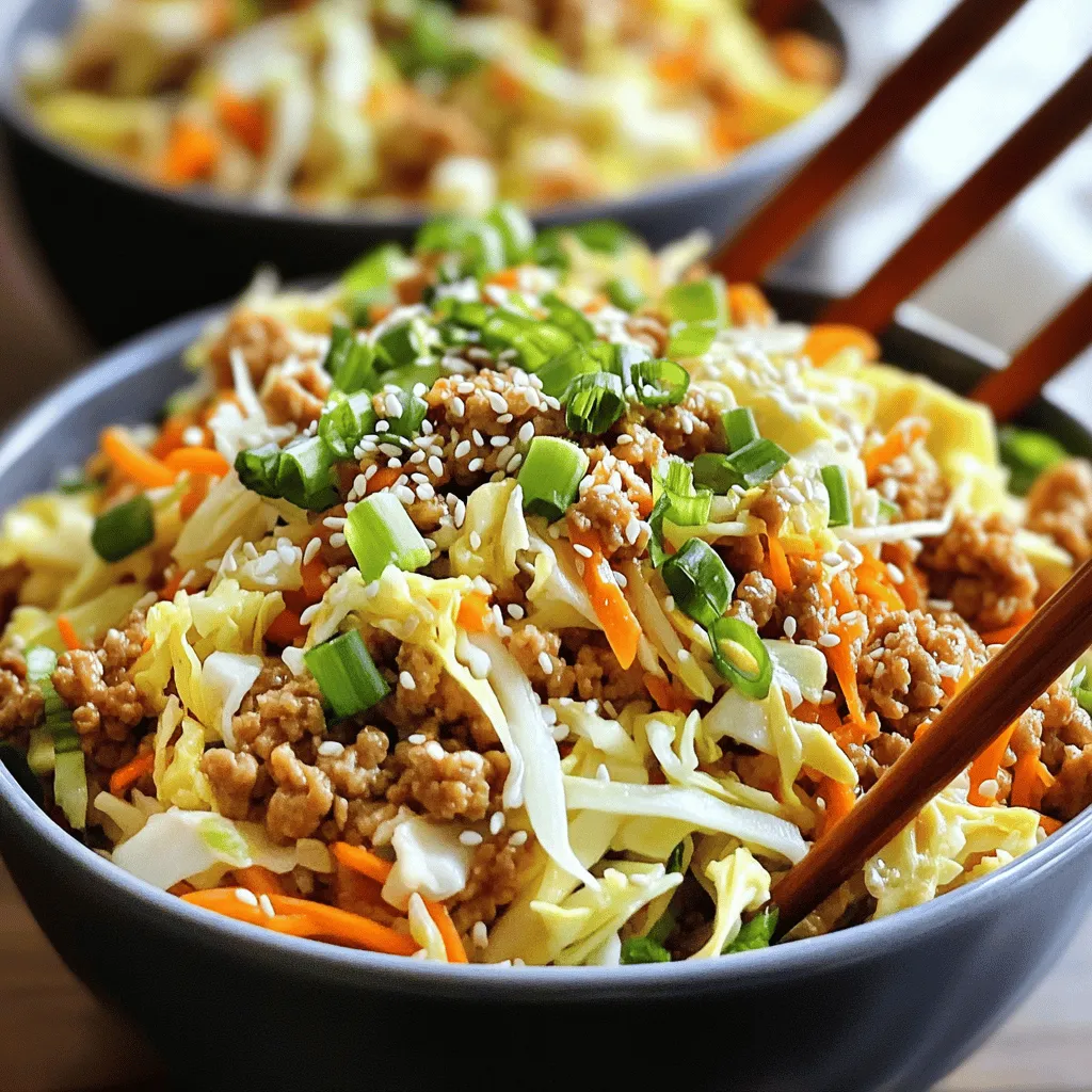 Für das köstliche Gericht benötigst du folgende Zutaten: - 450 g gemahlene Hähnchen- oder Putenbrust - 4 Tassen Coleslaw-Mischung (zerkleinerter Kohl und Karotten) - 2 Frühlingszwiebeln, in Ringe geschnitten - 3 Knoblauchzehen, fein gehackt - 1 Esslöffel frischer Ingwer, gerieben - 3 Esslöffel Sojasauce - 1 Esslöffel Sesamöl - 1 Teelöffel Reisessig - 1 Esslöffel Sriracha (optional, für Schärfe) - Salz und Pfeffer nach Geschmack - Sesamsamen zur Garnierung (optional) Diese Zutaten machen das Gericht bunt und schmackhaft. Die Mischung aus Gemüse und Fleisch ist einfach lecker. Die Nährwerte sind wichtig, um zu wissen, was du isst. Hier sind einige Werte: - Hähnchen- oder Putenbrust liefert viel Protein. - Die Coleslaw-Mischung bringt Ballaststoffe. - Sesamöl hat gesunde Fette. - Sojasauce gibt Geschmack, aber achte auf den Salzgehalt. Das Gericht ist nahrhaft und unterstützt eine ausgewogene Ernährung. Du kannst einige Zutaten leicht ersetzen: - Benutze Tofu anstelle von Hähnchen für eine vegetarische Option. - Ersetze die Sojasauce durch Tamari für eine glutenfreie Variante. - Verwende eine andere Gemüse-Mischung wie Paprika oder Brokkoli. Diese Alternativen machen das Gericht flexibel und anpassbar an deinen Geschmack. Beginne mit dem Erhitzen von 1 Esslöffel Sesamöl in einer großen Pfanne. Stelle die Hitze auf mittel bis hoch ein. Füge 450 g gemahlene Hähnchen- oder Putenbrust in die Pfanne. Zerbrich das Fleisch mit einem Spatel. Koche es für 5 bis 7 Minuten, bis es schön gebräunt ist. Achte darauf, dass das Fleisch gut durchgegart ist. So bleibt es saftig und lecker. Jetzt kommt der spannende Teil! Rühre 3 fein gehackte Knoblauchzehen und 1 Esslöffel geriebenen frischen Ingwer in die Pfanne. Koche alles für 1 Minute. Der Duft wird großartig sein! Gib danach 4 Tassen Coleslaw-Mischung in die Pfanne. Mische alles gut. Koche die Mischung für 3 bis 4 Minuten. Der Kohl sollte zart werden, aber noch knusprig bleiben. Nimm die Pfanne vom Herd. Gieße 3 Esslöffel Sojasauce und 1 Teelöffel Reisessig über die Mischung. Falls du es scharf magst, füge 1 Esslöffel Sriracha hinzu. Mische alles gut durch. Schmecke das Gericht mit Salz und Pfeffer ab. Serviere das Gericht in tiefen Schalen. Garniere es mit 2 in Ringe geschnittenen Frühlingszwiebeln und optionalen Sesamsamen. Verwende Essstäbchen, um das Essen authentisch zu genießen! Beim Kochen von Eierrollen in einer Schüssel gibt es einige häufige Fehler. Ein Fehler ist, das Hähnchen nicht gut zu bräunen. Das gibt mehr Geschmack. Achte darauf, das Fleisch in kleine Stücke zu zerbrechen, damit es gleichmäßig gart. Ein weiterer Fehler ist, die Coleslaw-Mischung zu lange zu kochen. Sie sollte nur zart sein, nicht matschig. Um Zeit zu sparen, bereite die Zutaten vor. Hacke den Knoblauch und den Ingwer im Voraus. Du kannst auch die Frühlingszwiebeln bereits schneiden. Eine weitere Idee ist, eine fertige Coleslaw-Mischung zu kaufen. Das spart dir das Zerkleinern von Kohl und Karotten. Wenn du das Hähnchen vorher kochst, ist das Gericht noch schneller fertig. Für dieses Rezept ist eine große Pfanne oder ein Wok ideal. Damit bleibt das Essen gleichmäßig heiß. Ein scharfes Messer hilft dir beim Schneiden der Zutaten. Ein Holzspatel ist perfekt, um das Hähnchen zu zerbrechen. Schließlich ist eine Schüssel zum Servieren wichtig. Sie macht das Gericht schön und einfach zu essen. {{image_4}} Wenn du eine vegetarische Version der Eierrolle in einer Schüssel machen willst, gibt es einfache Änderungen. Ersetze das Hähnchen oder die Putenbrust durch Tofu oder Tempeh. Diese Optionen sind reich an Eiweiß und nehmen die Aromen gut auf. Schneide den Tofu in kleine Würfel und brate ihn goldbraun. Du kannst auch mehr Gemüse hinzufügen, wie Paprika oder Zucchini. Das macht das Gericht bunt und gesund. Für eine Low-Carb Version kannst du die Coleslaw-Mischung verwenden. Sie enthält wenig Kohlenhydrate und ist knackig. Du kannst auch Zucchini-Nudeln (Zoodles) statt Reis verwenden. Brate die Zoodles kurz an, bis sie weich sind. Das gibt dir den gleichen Geschmack mit weniger Kohlenhydraten. Achte darauf, die Sojasauce zu überprüfen. Einige Marken haben Zucker. Suche nach einer zuckerfreien Option für dein Gericht. Um mehr Geschmack zu bekommen, füge zusätzliche Gewürze und Kräuter hinzu. Frischer Koriander oder Basilikum passen gut dazu. Ein Spritzer Limettensaft bringt Frische. Für mehr Schärfe kannst du mehr Sriracha verwenden oder rote Pfefferflocken hinzufügen. Wenn du es süßer magst, probiere etwas Honig oder Agavendicksaft. Diese Zutaten geben deinem Gericht eine besondere Note und machen es noch köstlicher. Lagere deine Eierrolle in einer Schüssel in einem luftdichten Behälter. So bleibt das Gericht frisch. Stelle sicher, dass die Schüssel gut verschlossen ist. Im Kühlschrank bleibt es bis zu drei Tage genießbar. Achte darauf, die Temperatur bei 4 °C oder weniger zu halten. Du kannst die Eierrolle auch einfrieren. Teile das Gericht in Portionen auf und lege sie in gefriergeeignete Behälter. So bleibt der Geschmack erhalten. Im Gefrierfach hält sich das Gericht bis zu drei Monate. Zum Wiederaufwärmen, tau die Portionen über Nacht im Kühlschrank auf. Erhitze sie dann in der Mikrowelle oder in einer Pfanne, bis sie heiß sind. Die Reste von Eierrollen in einer Schüssel sind eine großartige Option für spätere Mahlzeiten. Achte darauf, dass du die Reste nicht länger als drei Tage im Kühlschrank aufbewahrst. Wenn du sie länger aufbewahren möchtest, friere sie ein. So hast du später noch einen schnellen und leckeren Snack zur Hand. Um das Rezept schärfer zu machen, füge mehr Sriracha hinzu. Du kannst auch frische Chilis verwenden. Schneide sie klein und mische sie in die Pfanne. Achte darauf, die Schärfe langsam zu erhöhen. Probiere es in kleinen Schritten, bis es dir gefällt. Ja, dieses Rezept kann glutenfrei sein. Verwende glutenfreie Sojasauce. Das ist wichtig, um die Glutenfreiheit zu gewährleisten. Achte auch darauf, dass alle anderen Zutaten glutenfrei sind. So bleibt das Gericht für alle geeignet. Zu Eierrollen in einer Schüssel passen viele Beilagen. Reis oder Quinoa sind gute Optionen. Du kannst auch eine frische Gurkensalat servieren. Eine scharfe Sauce ist ebenfalls lecker dazu. Probiere es aus und finde deinen Favoriten! Diese Anleitung gibt Ihnen alle nötigen Informationen für köstliche Eierrollen in einer Schüssel. Wir haben Zutaten und Nährwerte detailliert beschrieben. Sie wissen jetzt, wie Sie das Hähnchen oder Putenfleisch zubereiten und mit Aromen versehen. Sie haben Tipps gelernt, um Fehler zu vermeiden und Zeit zu sparen. Variationen wie vegetarische und Low-Carb Optionen stehen bereit. Auch die Lagerung und Haltbarkeit der Reste sind wichtig. Nutzen Sie diese Tipps, um Ihr Gericht zu perfektionieren und genießen Sie das Kochen!