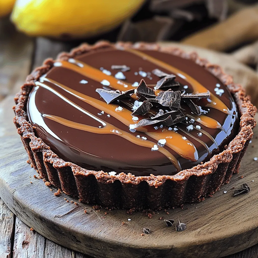 - 1 ½ Tassen Weizenmehl - ½ Tasse ungesüßtes Kakaopulver - ½ Tasse Puderzucker - ½ Tasse ungesalzene Butter, weich - 1 großes Eigelb - 1-2 Esslöffel kaltes Wasser Der Tarteboden ist die Grundlage der Tarte. Um ihn zart und schokoladig zu machen, mische zuerst das Mehl, Kakaopulver und Puderzucker. Die weiche Butter macht den Teig geschmeidig. Das Eigelb bringt eine schöne Farbe und bindet alles. Kaltes Wasser hilft, den Teig zusammenzubringen. - 1 Tasse Kristallzucker - 6 Esslöffel ungesalzene Butter, gewürfelt - ½ Tasse Sahne - 1 Teelöffel Meersalz Das gesalzene Karamell ist der Star dieser Tarte. Der Zucker schmilzt und wird goldbraun. Die Butter sorgt für die Cremigkeit. Die Sahne macht das Karamell weich und leicht. Das Meersalz verstärkt den Geschmack und gibt einen tollen Kontrast zur Süße. - 8 Unzen Zartbitterschokolade (70% Kakaogehalt), gehackt - 1 Tasse Sahne - 1 Teelöffel Vanilleextrakt Die Schokoladenganache ist der letzte Schliff. Die Zartbitterschokolade sorgt für einen tiefen, reichen Geschmack. Sahne macht die Ganache seidig und glatt. Vanilleextrakt bringt ein zusätzliches Aroma, das perfekt zur Schokolade passt. - Flaky Meersalz zum Bestreuen - Dunkle Schokoladenspäne (optional) Die Garnitur macht die Tarte noch schöner. Flaky Meersalz gibt einen tollen Crunch. Dunkle Schokoladenspäne sind eine schöne Dekoration und fügen mehr Schokoladengeschmack hinzu. Du kannst kreativ sein und deine eigenen Ideen für die Garnitur nutzen. Um den Teig für den Boden zu machen, mische zuerst das Mehl, Kakaopulver und Puderzucker in einer großen Schüssel. Füge die weiche Butter und das Eigelb hinzu. Die Mischung wird krümelig. Gib dann kaltes Wasser esslöffelweise dazu, bis der Teig zusammenkommt. Heize den Ofen auf 175°C vor. Drücke den Teig gleichmäßig in eine 9-Zoll Tarteform. Achte darauf, dass der Teig gleichmäßig auf Boden und Seiten verteilt ist. Steche mit einer Gabel Löcher in den Boden, damit Dampf entweichen kann. Backe den Teig 15 bis 20 Minuten, bis er fest ist. Lass ihn danach vollständig abkühlen. Für das Karamell schmelze den Zucker in einem mittelgroßen Kochtopf bei mittlerer Hitze. Rühre ständig, bis der Zucker eine goldene Farbe hat. Füge die gewürfelte Butter hinzu und rühre weiter, bis sie geschmolzen ist. Gieße langsam die Sahne dazu. Sei vorsichtig, da es sprudeln kann! Lass die Mischung eine Minute köcheln und rühre dann das Meersalz ein. Gieße das Karamell gleichmäßig in die abgekühlte Tarteform. Lass es etwa 30 Minuten bei Raumtemperatur fest werden. Für die Ganache gib die gehackte Zartbitterschokolade in eine hitzebeständige Schüssel. Erhitze die Sahne in einem kleinen Topf, bis sie fast kocht. Gieße die heiße Sahne über die Schokolade und lasse sie 5 Minuten ruhen. Rühre dann alles mit einem Schneebesen glatt und füge den Vanilleextrakt hinzu. Gieße die Ganache vorsichtig über das gesalzene Karamell und verteile sie gleichmäßig. Kühle die Tarte mindestens 2 Stunden im Kühlschrank, damit sie gut fest wird. Wenn die Tarte fest ist, nimm sie vorsichtig aus der Form. Bestreue sie mit flakigem Meersalz und dekoriere sie nach Belieben mit dunklen Schokoladenspänen. Um den perfekten Tarteboden zu machen, achte auf die Konsistenz des Teigs. Mische Mehl, Kakaopulver und Puderzucker gut. Während du die Butter hinzufügst, arbeite schnell. Der Teig sollte krümelig, aber nicht trocken sein. Füge kaltes Wasser langsam hinzu. Drücke den Teig gleichmäßig in die Form. Steche Löcher hinein, damit der Dampf entweichen kann. So bleibt der Boden knusprig. Für das gesalzene Karamell ist Timing wichtig. Schmelze den Zucker bei mittlerer Hitze. Rühre ständig, damit er nicht anbrennt. Wenn der Zucker goldbraun wird, füge die Butter hinzu. Rühre weiter, bis sie schmilzt. Die Sahne langsam hinzufügen. Sei vorsichtig, denn es sprudelt stark. Lass das Karamell kurz köcheln, bevor du das Meersalz einrührst. So wird das Karamell glatt und lecker. Um die Schokoladenganache perfekt zu machen, benutze hochwertige Schokolade. Hacke die Schokolade fein, damit sie sich gut mit der Sahne verbindet. Erhitze die Sahne fast bis zum Kochen. Gieße die heiße Sahne über die Schokolade und lasse sie kurz ruhen. Rühre dann mit einem Schneebesen, bis alles glatt ist. Das sorgt für eine seidige Textur und einen tiefen Geschmack. {{image_4}} Wenn Sie die Tarte etwas anders machen möchten, probieren Sie diese Alternativen. Sie können das gesalzene Karamell durch einen anderen Sirup ersetzen. Honig oder Agavensirup geben eine süße Note. Für eine fruchtige Variante verwenden Sie eine Himbeer- oder Mango-Sauce. Diese Saucen bringen Frische und Farbe auf den Teller. Die Wahl der Schokolade kann viel verändern. Dunkle Schokolade gibt einen reichen Geschmack. Wenn Sie es milder mögen, verwenden Sie Milchschokolade. Weiße Schokolade ist ebenfalls eine tolle Option. Sie hat einen süßen, cremigen Geschmack. Sie können auch eine Mischung aus verschiedenen Schokoladensorten verwenden. Das sorgt für mehr Tiefe und Komplexität. Die Dekoration macht die Tarte besonders. Für Festtage können Sie essbare Blumen verwenden. Sie sehen schön aus und schmecken leicht süß. Schokoladenspäne oder Kakaopulver sind einfache, aber schicke Optionen. Ein paar frische Beeren auf der Tarte machen sie lebendig und frisch. Nutzen Sie auch die Möglichkeit, die Tarte mit Schlagsahne zu servieren. Das gibt eine cremige Textur und sieht toll aus. Die Schokoladen gesalzene Karamell Tarte sollte immer im Kühlschrank aufbewahrt werden. Das hilft, die Frische zu bewahren. Wickeln Sie die Tarte gut in Frischhaltefolie oder stellen Sie sie in einen luftdichten Behälter. So bleibt die Tarte bis zu fünf Tage frisch und lecker. Sie können die Tarte auch im Voraus zubereiten. Bereiten Sie die Tarte bis zur Kühlung vor und lassen Sie sie dann im Kühlschrank. So sparen Sie Zeit, wenn Gäste kommen oder wenn Sie selbst Lust auf etwas Süßes haben. Die Karamellschicht wird durch das Kühlen fester und schmeckt noch besser. Die Tarte kann bis zu fünf Tage im Kühlschrank aufbewahrt werden. Wenn Sie sie länger aufbewahren möchten, frieren Sie die Tarte ein. Wickeln Sie sie gut ein, um Gefrierbrand zu vermeiden. So bleibt die Tarte bis zu drei Monate haltbar. Lassen Sie sie vor dem Servieren im Kühlschrank auftauen. Die Schokoladentarte mit gesalzenem Karamell hält sich gut. Sie bleibt im Kühlschrank bis zu fünf Tage frisch. Achte darauf, sie in einem luftdichten Behälter zu lagern. So bleibt der Geschmack und die Textur erhalten. Ja, du kannst die Tarte glutenfrei machen. Ersetze das Weizenmehl durch eine glutenfreie Mehlmischung. Achte darauf, dass die Mischung geeignet für Backwaren ist. So erhältst du eine leckere glutenfreie Tarte. Um die Tarte schön zu schneiden, benutze ein scharfes Messer. Tauche das Messer in heißes Wasser und wische es ab. So schneidest du durch die Schokoladenganache und das Karamell leicht. Wiederhole diesen Schritt für jedes Stück. Du kannst die Tarte einfach genießen. Wenn du magst, serviere sie mit frischen Beeren oder Sahne. Ein Klecks Vanilleeis macht das Dessert noch besser. Flaky Meersalz auf der Tarte bringt den Geschmack hervor. In diesem Artikel haben wir die Zutaten, die Zubereitung und die Tipps für eine Schokoladentarte behandelt. Von einem knusprigen Boden bis hin zu gesalzenem Karamell und cremiger Schokoladenganache. Ich hoffe, diese Informationen helfen Ihnen, eine köstliche Tarte zu kreieren. Denken Sie an die Variationen und Lagerhinweise, um das Beste aus Ihrem Dessert herauszuholen. Genießen Sie das Backen und die süßen Ergebnisse!