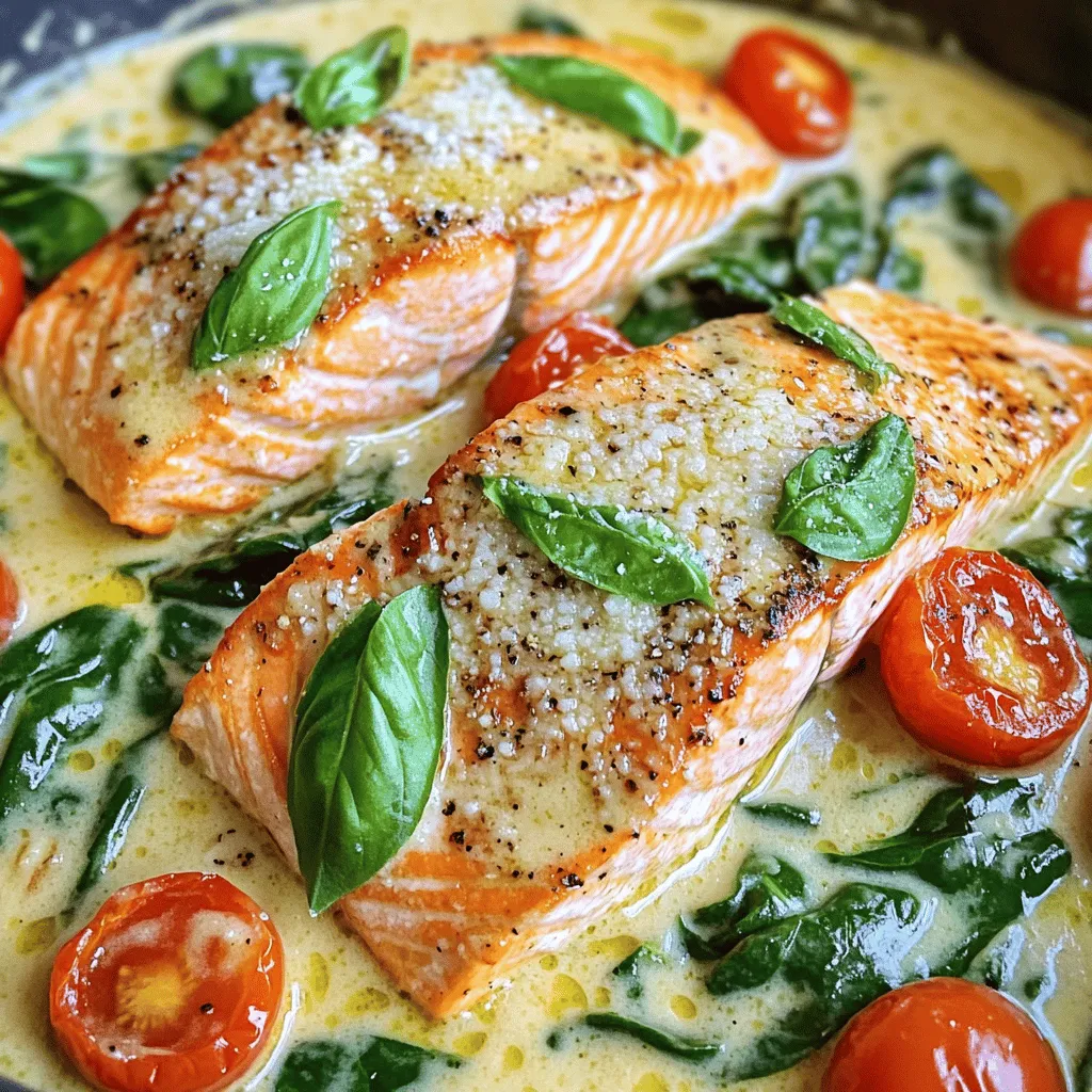 Für diesen köstlichen Lachs brauchst du folgende Hauptzutaten: - 4 Lachsfilets - 2 Esslöffel Olivenöl - 3 Knoblauchzehen, gehackt - 1 Tasse Kirschtomaten, halbiert - 1 Tasse frischer Spinat, grob gehackt - 1 Tasse Sahne - ½ Tasse geriebener Parmesan Die Lachsfilets sind der Star des Gerichts. Wähle frische, feste Filets. Sie geben dem Gericht Geschmack und Textur. Hier ist eine Liste der Gewürze und zusätzlichen Zutaten: - 1 Teelöffel italienische Gewürzmischung - Salz und Pfeffer nach Geschmack - Frische Basilikumblätter zur Garnierung Die italienische Gewürzmischung bringt die Aromen zusammen. Salz und Pfeffer helfen, den Geschmack zu verstärken. Frischer Basilikum fügt eine schöne Note hinzu. Achte beim Einkaufen auf die Qualität der Zutaten. Hier sind einige Tipps: - Lachs: Kaufe wild gefangenen Lachs, wenn möglich. Er hat mehr Geschmack. - Gemüse: Wähle frische Kirschtomaten und Spinat. Sie sollten knackig und lebendig aussehen. - Sahne: Verwende echte Sahne für eine cremige Konsistenz. Vermeide fettarme Alternativen. - Käse: Frisch geriebener Parmesan ist der beste. Er schmilzt besser als verpackter Käse. Mit diesen hochwertigen Zutaten wird dein cremiger toskanischer Lachs garantiert ein Hit. Um die Lachsfilets vorzubereiten, beginne mit 4 frischen Lachsfilets. Du würzt sie mit Salz und Pfeffer. Das macht den Lachs schmackhaft. Erhitze dann 2 Esslöffel Olivenöl in einer großen Pfanne auf mittlerer bis hoher Hitze. Wenn das Öl heiß ist, lege die Lachsfilets mit der Hautseite nach unten in die Pfanne. Brate sie etwa 4-5 Minuten lang, bis sie goldbraun sind. Wende den Lachs und lasse ihn weitere 3-4 Minuten garen. Nimm den Lachs aus der Pfanne und lege ihn beiseite. In derselben Pfanne gib 3 gehackte Knoblauchzehen. Brate sie etwa 30 Sekunden an, bis sie duften. Füge 1 Tasse halbierte Kirschtomaten hinzu. Koche die Tomaten für 2-3 Minuten, bis sie weich sind. Jetzt kommt 1 Tasse grob gehackter Spinat dazu. Koche den Spinat, bis er verwelkt ist, etwa 1-2 Minuten. Reduziere die Hitze auf niedrig und gieße 1 Tasse Sahne hinein. Mische das Gemüse gut. Ergänze ½ Tasse geriebenen Parmesan und 1 Teelöffel italienische Gewürzmischung. Rühre weiter, bis der Käse schmilzt und die Sauce cremig wird. Legen die gekochten Lachsfilets vorsichtig in die Pfanne. Löffle etwas von der cremigen Sauce darüber. Lasse alles eine Minute lang erhitzen, damit der Lachs warm wird. Probiere die Sauce und passe die Würze nach Bedarf an. Serviere den Lachs auf einem Bett von der cremigen Sauce. Für eine schöne Präsentation garnierst du das Gericht mit frischen Basilikumblättern. Du kannst den Lachs auch mit Pasta oder Knoblauchbrot kombinieren. Die Garzeit für den Lachs ist sehr wichtig. Du möchtest zarten, saftigen Lachs. Brate die Filets etwa 4-5 Minuten auf der Hautseite. Danach wende sie für weitere 3-4 Minuten. Achte darauf, dass der Lachs sich leicht mit einer Gabel zerteilen lässt. So erkennst du, dass er perfekt ist. Die Sauce sollte cremig, aber nicht zu dick sein. Wenn sie zu dick ist, füge mehr Sahne hinzu. Wenn sie zu dünn ist, lasse sie länger köcheln. Rühre gut um, damit alle Zutaten sich vermischen. Dies hilft, die richtige Textur zu erreichen. Präsentiere den Lachs auf einem Bett aus der cremigen Sauce. Garniere das Gericht mit frischen Basilikumblättern. Der Kontrast zwischen dem Grün und der cremigen Sauce sieht toll aus. Du kannst auch Pasta oder Knoblauchbrot dazu servieren. Das macht das Essen noch leckerer und schöner. {{image_4}} Wenn du eine vegetarische Version von cremigem toskanischem Lachs machen möchtest, gibt es viele leckere Optionen. Du kannst zum Beispiel Zucchini oder Auberginen verwenden. Schneide sie in dünne Scheiben und brate sie anstatt des Lachses. Die cremige Sauce passt auch gut zu gebratenem Tofu. Tofu nimmt die Aromen gut auf und ist eine tolle Proteinquelle. Die Sauce ist sehr anpassbar. Du kannst die Sahne durch Kokosmilch ersetzen, wenn du einen anderen Geschmack magst. Für mehr Frische füge Zitronensaft hinzu. Wenn du es würziger magst, probiere rote Paprika oder Chili. Frische Kräuter wie Dill oder Petersilie geben der Sauce einen neuen Twist. Experimentiere mit diesen Optionen, um deine perfekte Sauce zu finden. Zu cremigem toskanischem Lachs passen viele Beilagen. Pasta ist eine klassische Wahl. Du kannst sie einfach in der Sauce schwenken. Reis, besonders Risotto, ist eine weitere leckere Option. Knoblauchbrot ist ideal, um die Sauce aufzutunken. Frischer Salat oder gedünstetes Gemüse ergänzen das Gericht perfekt. Wähle die Beilage, die dir am besten gefällt! Um die Reste von Cremigem toskanischen Lachs gut zu lagern, solltest du sie schnell abkühlen. Lege die Reste in einen luftdichten Behälter. Achte darauf, dass die Reste innerhalb von zwei Stunden nach dem Kochen in den Kühlschrank kommen. So bleibt der Lachs frisch und lecker. Wenn du die Reste wieder aufwärmen möchtest, nimm sie aus dem Kühlschrank. Erhitze eine Pfanne bei niedriger Hitze. Füge einen kleinen Schuss Wasser oder Brühe hinzu, um den Lachs feucht zu halten. Lege die Reste in die Pfanne und decke sie ab. So bleibt die Sauce cremig und der Lachs saftig. Rühre sanft um, bis alles warm ist. Im Kühlschrank halten die Reste etwa 2 bis 3 Tage. Stelle sicher, dass der Behälter gut verschlossen ist. Wenn du die Reste länger aufbewahren möchtest, friere sie ein. Im Gefrierschrank sind sie bis zu 3 Monate haltbar. Achte darauf, die Reste gut zu verpacken, um Gefrierbrand zu vermeiden. Ja, du kannst frischen Spinat durch Tiefkühlspinat ersetzen. Tiefkühlspinat ist oft praktisch. Achte darauf, ihn gut abzutropfen. So bleibt die Sauce nicht zu wässrig. Verwende etwa eine Tasse tiefgekühlten Spinat für dieses Rezept. Um die Sauce leichter zu machen, kannst du die Sahne reduzieren. Statt einer Tasse Sahne kannst du auch griechischen Joghurt verwenden. Das gibt der Sauce eine schöne Cremigkeit, aber mit weniger Fett. Eine andere Option ist, eine pflanzliche Milch zu nutzen, wie Mandel- oder Hafermilch. Ja, es gibt Alternativen zu Parmesan. Du kannst Pecorino verwenden, der ähnlich im Geschmack ist. Auch Hefeflocken sind eine gute Option für einen veganen Ersatz. Sie geben einen käsigen Geschmack ohne Milchprodukte. Achte darauf, die Menge nach deinem Geschmack anzupassen. In diesem Artikel haben wir die Zutaten für cremigen toskanischen Lachs erkundet. Wir haben die Hauptzutaten, Gewürze und Tipps für frische Produkte betrachtet. Die Schritt-für-Schritt-Anleitung half Ihnen beim Zubereiten des Gerichts. Wir gaben Tipps zur Garzeit, Konsistenz und Präsentation. Auch Variationen und Aufbewahrungshinweise wurden behandelt. Mit diesen Informationen sind Sie bereit, köstlichen Lachs zu kochen und anzupassen. Experimentieren Sie mit den Rezepten und machen Sie sie zu Ihrem eigenen. Genießen Sie jeden Bissen!