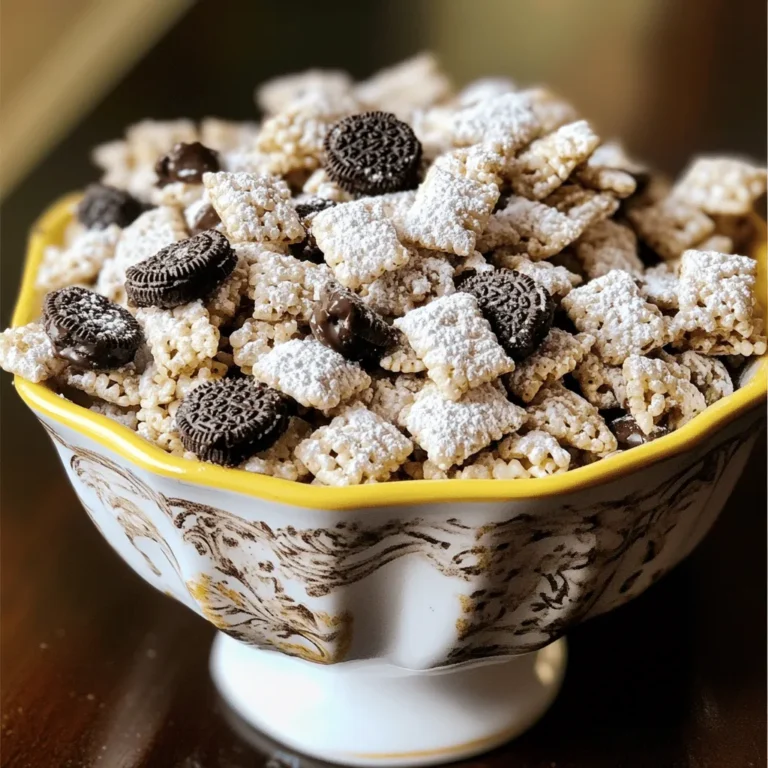 - 9 Tassen Reis-Chex-Getreide - 1 Tasse Schokoladenstückchen mit Keksen und Sahne - 1/2 Tasse cremige Erdnussbutter - 1/4 Tasse ungesalzene Butter - 1 Teelöffel Vanilleextrakt - 2 Tassen Puderzucker - 1 Tasse zerbröselte Oreo-Kekse (ca. 5-6 Kekse) Die Hauptzutaten für Cookies & Cream Puppy Chow sind einfach zu finden. Du brauchst Reis-Chex-Getreide, das eine tolle Basis bietet. Die Schokoladenstückchen mit Keksen und Sahne geben einen leckeren Geschmack. Die cremige Erdnussbutter sorgt für eine glatte Textur und verbindet alles. Zusätzlich benötigst du ein paar andere Zutaten. Ungesalzene Butter macht die Mischung noch cremiger. Vanilleextrakt gibt ein wenig mehr Geschmack. Puderzucker sorgt dafür, dass alles süß und klebrig wird. Schließlich bringen die zerbröselten Oreo-Kekse den typischen Keks-Geschmack. Mit diesen Zutaten kannst du ein schnelles und leckeres Dessert zaubern. Es ist einfach zuzubereiten und macht viel Spaß! - Getreide vorbereiten: Beginnen Sie mit 9 Tassen Reis-Chex-Getreide. Geben Sie es in eine große Rührschüssel. Stellen Sie diese beiseite. - Schokoladenmischung schmelzen: Nehmen Sie eine mikrowellengeeignete Schüssel. Fügen Sie 1 Tasse Schokoladenstückchen mit Keksen und Sahne, 1/2 Tasse cremige Erdnussbutter und 1/4 Tasse ungesalzene Butter hinzu. Erhitzen Sie die Mischung in der Mikrowelle. Verwenden Sie 30-Sekunden-Intervalle. Rühren Sie zwischendurch um, bis alles geschmolzen und glatt ist. Dies dauert etwa 1-2 Minuten. - Vanille hinzufügen: Nehmen Sie die Schüssel aus der Mikrowelle. Fügen Sie 1 Teelöffel Vanilleextrakt hinzu. Rühren Sie die Mischung gut um, bis alles gut verbunden ist. - Getreide beschichten: Gießen Sie die geschmolzene Schokoladenmischung über das Reis-Chex-Getreide. Verwenden Sie einen Spatel, um vorsichtig zu rühren. Achten Sie darauf, dass alle Getreidestücke gleichmäßig beschichtet sind. - Zucker und Kekse hinzufügen: Nehmen Sie einen großen, wieder verschließbaren Plastikbeutel. Vermischen Sie dort 2 Tassen Puderzucker und 1 Tasse zerbröselte Oreo-Kekse. Übertragen Sie die beschichteten Getreidestücke vorsichtig in den Beutel. Schließen Sie den Beutel fest und schütteln Sie ihn. So wird alles gleichmäßig mit der Zucker- und Keks-Mischung bedeckt. - Abkühlen und lagern: Verteilen Sie die Puppy Chow-Mischung gleichmäßig auf ein großes Backblech. Legen Sie das Blech mit Backpapier aus, damit es nicht kleben bleibt. Lassen Sie die Mischung abkühlen. Danach können Sie die Puppy Chow in einem luftdichten Behälter aufbewahren. Bei Raumtemperatur bleibt sie bis zu einer Woche frisch. Um die beste Konsistenz für Cookies & Cream Puppy Chow zu erreichen, sollten Sie die Schokoladenmischung gut schmelzen. Mikrowellen sind ideal für das sanfte Erhitzen. Nutzen Sie 30-Sekunden-Intervalle und rühren Sie die Mischung gründlich. Die Mischung sollte glatt und cremig sein. Ein gut geschmolzener Mix sorgt für eine perfekte Beschichtung des Getreides. Wenn Sie das Reis-Chex-Getreide damit überziehen, stellen Sie sicher, dass jedes Stück gleichmäßig bedeckt ist. Verwenden Sie einen Spatel, um alles gut zu vermischen. Um Zeit zu sparen, können Sie die Vorbereitung und Kühlung optimieren. Bereiten Sie alle Zutaten vor, bevor Sie anfangen zu kochen. Verwenden Sie Backpapier auf dem Blech, um die Reinigung zu erleichtern. Die Mikrowelle hilft, die Schokoladenmischung schnell zu schmelzen. Mit dieser Methode sparen Sie viel Zeit und Mühe. Außerdem kühlt die Mischung schneller auf dem Backpapier ab, was Ihnen mehr Zeit für den Genuss gibt. Die Präsentation ist wichtig! Servieren Sie das Puppy Chow in niedlichen Treat-Beuteln. Diese sehen nicht nur gut aus, sondern sind auch praktisch. Eine große dekorative Schüssel macht ebenfalls Eindruck. Dekorieren Sie die Oberseite mit zusätzlichen zerbröselten Oreo-Keksen, um Farbe und Textur hinzuzufügen. Solche Details machen Ihr Dessert noch ansprechender und freuen Ihre Gäste. {{image_4}} Du kannst mehr Schokolade hinzufügen. Extra Schokoladenstückchen machen das Rezept noch schokoladiger. Probiere verschiedene Sorten aus. Dunkle Schokolade oder weiße Schokolade passen gut dazu. Wenn du eine neue Geschmacksrichtung suchst, ersetze die Keks- und Sahne-Schokolade. Verwende z.B. Erdnussbutter-Schokolade oder Minz-Schokolade. Jedes Mal wird das Puppy Chow anders und spannend. Für eine gesündere Option, tausche die Erdnussbutter gegen Mandelbutter aus. Mandelbutter hat einen anderen Geschmack, ist aber auch lecker. So wird dein Puppy Chow nussiger und cremiger. Verwende glutenfreies Getreide, wenn du auf Gluten achtest. Es gibt viele gute Optionen im Supermarkt. Reis-Chex hat auch glutenfreie Varianten. Wenn du Nüsse vermeiden musst, gibt es viele Alternativen. Sonnenblumenbutter ist eine tolle nussfreie Option. Sie hat einen ähnlichen Geschmack und ist einfach zu finden. Für veganes Puppy Chow, verwende pflanzliche Butter und Schokolade. Viele Marken bieten vegane Schokoladenstückchen an. So kannst du das Rezept genießen, ohne tierische Produkte zu verwenden. Wähle einen luftdichten Behälter, um die Frische zu bewahren. Ein Glasbehälter oder ein Plastikbehälter funktioniert gut. Stelle den Behälter an einen kühlen, trockenen Ort. Halte ihn von direkter Sonne fern, damit die Mischung nicht schmilzt. Bei Raumtemperatur bleibt dein Cookies & Cream Puppy Chow bis zu einer Woche frisch. Achte darauf, den Behälter immer gut zu schließen. So bleibt der Geschmack erhalten und die Mischung knusprig. Du hast Reste? Nutze sie! Mische das Puppy Chow mit Joghurt für einen leckeren Snack. Du kannst es auch als Topping auf Eis oder in Müsliriegeln verwenden. Kombiniere es mit Nüssen oder Trockenfrüchten für mehr Abwechslung. Falls du kein Reis-Chex hast, keine Sorge! Du kannst auch andere Getreidearten verwenden. Eine gute Wahl ist Corn Chex oder sogar Puffreis. Diese Alternativen bieten eine ähnliche Textur. Du kannst auch Müsli verwenden, aber achte darauf, dass es nicht zu süß ist. Diese Optionen geben deinem Puppy Chow den gleichen Knusper und Geschmack. Cookies & Cream Puppy Chow bleibt bis zu einer Woche frisch. Lagere es in einem luftdichten Behälter bei Raumtemperatur. So bleibt es knusprig und lecker. Vermeide direkte Sonneneinstrahlung oder Wärmequellen. Wenn du es länger aufbewahren möchtest, kannst du es auch einfrieren. In einem gefrierfesten Behälter bleibt es bis zu drei Monate gut. Ja, du kannst das Rezept ganz einfach anpassen! Wenn du Erdnussbutter nicht magst, probiere Mandelbutter oder Sonnenblumenbutter. Diese bieten einen ähnlichen Geschmack. Für eine glutenfreie Version wähle glutenfreies Getreide. Du kannst auch vegane Schokoladenstückchen verwenden, wenn du eine pflanzliche Option suchst. Sei kreativ und passe die Zutaten nach deinem Geschmack an! In diesem Artikel haben wir leckere Rezepte und Tipps für Cookies & Cream Puppy Chow besprochen. Wir haben die Hauptzutaten, die Zubereitungsschritte und nützliche Tricks behandelt. Denke daran, dass du die Zutaten nach deinem Geschmack anpassen kannst. Experimentiere mit verschiedenen Schokoladen und Keksvarianten. Außerdem helfen die Lagerhinweise, dass dein Snack frisch bleibt. Lass deiner Kreativität freien Lauf und genieße das Kochen!