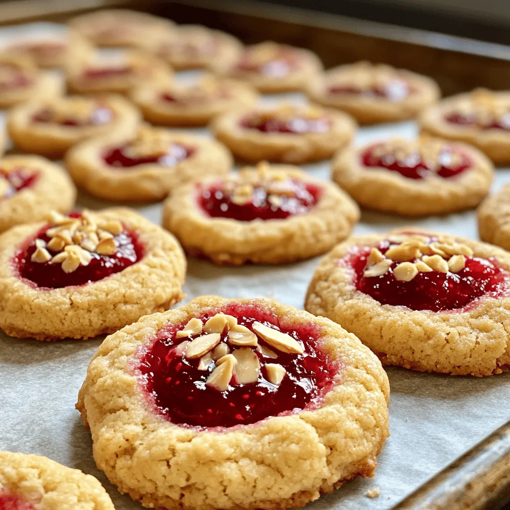 Für die Zubereitung von Raspberry Almond Thumbprint Cookies brauchst du folgende Zutaten: - 1 Tasse ungesalzene Butter, weich - 1/2 Tasse Kristallzucker - 1/2 Tasse brauner Zucker, fest gepackt - 1 großes Ei - 2 Teelöffel Vanilleextrakt - 1 Teelöffel Mandelextrakt - 2 Tassen Weizenmehl - 1/2 Teelöffel Backpulver - 1/4 Teelöffel Salz - 1/2 Tasse Himbeermarmelade - Mandelscheiben zur Garnierung Diese Zutaten sind einfach zu finden und machen die Kekse lecker und knusprig. Falls du Allergien hast, gibt es viele einfache Alternativen: - Butter: Verwende pflanzliche Margarine oder Kokosöl. - Zucker: Ersetze Kristallzucker durch Honig oder einen anderen Süßstoff. - Eier: Nutze Apfelmus oder eine Banane als Ei-Ersatz. - Weizenmehl: Verwende glutenfreies Mehl oder Mandelmehl. Mit diesen Tipps kannst du die Kekse an deine Bedürfnisse anpassen. Die Auswahl der Zutaten ist wichtig für den Geschmack. Hier sind einige Tipps: - Butter: Nimm hochwertige, ungesalzene Butter für den besten Geschmack. - Zucker: Frisch gemahlener brauner Zucker sorgt für mehr Feuchtigkeit. - Marmelade: Wähle eine gute Himbeermarmelade mit wenig Zucker für intensiven Geschmack. - Mandeln: Verwende frische Mandelscheiben für zusätzlichen Crunch. Diese Tipps helfen dir, die besten Kekse zu backen. Um den perfekten Teig für die Himbeer-Mandel-Daumenprintkekse zu machen, folge diesen Schritten: 1. Heize deinen Ofen auf 175 °C vor. Lege ein Backblech mit Backpapier aus. 2. In einer großen Schüssel nimm die weiche Butter. Füge Kristallzucker und braunen Zucker hinzu. Schlage sie mit einem Handmixer oder Holzlöffel cremig. 3. Gib das Ei, Vanilleextrakt und Mandelextrakt dazu. Rühre alles gut um, bis die Mischung gut vermischt ist. 4. Nimm eine andere Schüssel und vermische das Weizenmehl, Backpulver und Salz. Stelle sicher, dass es keine Klumpen gibt. 5. Mische die trockenen Zutaten nach und nach in die feuchten Zutaten. Rühre, bis ein weicher Teig entsteht, der nicht mehr an deinen Händen klebt. Jetzt, wo der Teig bereit ist, forme die Kekse: 1. Verwende einen Esslöffel, um Portionen des Teigs abzustechen. Rolle sie in kleine Bälle. 2. Setze die Bälle auf das Backblech. Lass etwa 5 cm Abstand zwischen ihnen. 3. Drücke mit deinem Daumen oder dem Rücken eines Messlöffels eine Vertiefung in die Mitte jedes Kekses. 4. Fülle die Vertiefungen vorsichtig mit Himbeermarmelade. Achte darauf, dass die Marmelade nicht überläuft. 5. Streue Mandelscheiben um die Marmelade auf jedem Keks. Diese geben zusätzlichen Crunch. 6. Backe die Kekse für 12-14 Minuten. Sie sind fertig, wenn die Ränder leicht goldbraun sind. Das Füllen der Vertiefungen ist wichtig für den Geschmack: - Verwende frische Himbeermarmelade für einen fruchtigen Kick. - Achte darauf, dass du nicht zu viel Marmelade nimmst. Zu viel kann überlaufen. - Wenn du magst, kannst du die Marmelade leicht erwärmen. So wird sie einfacher zu füllen. - Probiere verschiedene Marmeladensorten aus, um neue Geschmäcker zu entdecken. Diese Schritte sorgen dafür, dass deine Kekse perfekt schmecken und gut aussehen! Um den perfekten Keks-Teig zu machen, achte auf die Butter. Sie muss weich sein, aber nicht geschmolzen. Mixe die Butter mit Zucker, bis die Mischung leicht und fluffig ist. Das sorgt für eine gute Textur. Füge das Ei und die Aromen hinzu. Das Mandelextrakt gibt den Keksen einen tollen Geschmack. Mische die trockenen Zutaten in einer separaten Schüssel. So vermeidest du Klumpen. Gib die trockenen Zutaten nach und nach zu den feuchten. Dies hilft, einen gleichmäßigen Teig zu bekommen. Der Teig sollte weich, aber nicht klebrig sein. Die Backzeit ist wichtig für die Textur der Kekse. Backe sie bei 175 °C für 12-14 Minuten. Die Ränder sollten leicht goldbraun sein. Wenn du sie zu lange backst, werden sie hart. Wenn du sie zu kurz backst, bleiben sie weich und matschig. Lass die Kekse nach dem Backen einige Minuten auf dem Blech ruhen. So können sie etwas fester werden. Danach lege sie auf ein Kuchengitter, um vollständig abzukühlen. Du kannst die Kekse leicht variieren. Probiere verschiedene Marmeladen wie Aprikose oder Erdbeere. Auch Schokolade oder Nüsse geben einen anderen Geschmack. Für mehr Crunch kannst du die Mandelscheiben durch Haselnüsse oder Walnüsse ersetzen. Experimentiere mit den Aromen, um deinen perfekten Keks zu finden. So wird jeder Biss spannend und neu. {{image_4}} Wenn Sie Himbeermarmelade nicht mögen oder nicht finden können, probieren Sie andere Fruchtaufstriche. Erdbeermarmelade bringt eine süße Note. Johannisbeermarmelade bietet eine fruchtige Säure. Auch Aprikosen- oder Pfirsichmarmelade sind leckere Alternativen. Diese Variationen sorgen für einen neuen Geschmack und halten das Rezept spannend. Die Verwendung anderer Nüsse kann den Keksen einen neuen Charakter geben. Walnüsse oder Haselnüsse passen gut zu dieser Mischung. Hacken Sie die Nüsse klein und fügen Sie sie dem Teig hinzu. Dies verleiht den Keksen einen knackigen Biss. Für eine extra nussige Note können Sie auch gemahlene Nüsse im Teig verwenden. Diese sorgen für einen reichhaltigen Geschmack und eine tolle Textur. Schokolade und Früchte sind eine großartige Kombination. Sie können Schokoladenstückchen in den Teig geben. Dunkle Schokolade bringt eine herzhafte Tiefe. Weiße Schokolade sorgt für Süße und Cremigkeit. Auch frische Früchte wie Himbeeren oder Blaubeeren passen gut. Fügen Sie sie in die Vertiefungen hinzu, bevor Sie backen. Diese Variationen machen die Kekse besonders lecker und interessant. Um die Kekse frisch zu halten, lagere sie in einem luftdichten Behälter. Stelle sicher, dass der Behälter gut verschlossen ist. Das hilft, die Feuchtigkeit zu kontrollieren. Halte die Kekse an einem kühlen, trockenen Ort. Vermeide direkte Sonneneinstrahlung und Wärmequellen. So bleiben die Kekse weich und lecker. Wenn du die Kekse länger aufbewahren möchtest, friere sie ein. Lege sie in einen gefrierfesten Behälter. Trenne die Kekse mit Backpapier, damit sie nicht zusammenkleben. So kannst du sie bis zu drei Monate im Gefrierfach lagern. Du kannst sie einfach im Kühlschrank auftauen, bevor du sie genießt. Um die Frische zu bewahren, kontrolliere regelmäßig die Kekse. Achte darauf, dass sie keine Anzeichen von Trockenheit oder Schimmel zeigen. Wenn du sie im Kühlschrank aufbewahrst, achte darauf, dass sie nicht zu lange dort bleiben. Kekse verlieren schnell ihre gute Textur, wenn sie zu viel Feuchtigkeit aufnehmen. Ja, du kannst die Kekse einfrieren. Lass sie zuerst vollständig abkühlen. Wickel sie dann gut in Frischhaltefolie oder lege sie in einen luftdichten Behälter. So bleiben sie frisch. Du kannst die Kekse bis zu drei Monate einfrieren. Zum Genießen tauche sie einfach im Kühlschrank auf. Die Kekse halten sich in einem luftdichten Behälter bis zu einer Woche. Sie bleiben am besten, wenn du sie kühl und trocken lagerst. Vermeide direkte Sonne, da sie die Kekse weich machen kann. Wenn du sie frisch halten möchtest, lege ein Stück Brot in den Behälter. Das hilft, die Feuchtigkeit zu regulieren. Für eine glutenfreie Version kannst du glutenfreies Mehl verwenden. Achte darauf, ein Mehl zu wählen, das für Backen geeignet ist. Viele Marken bieten spezielle Mischungen an. Du kannst auch Hafermehl verwenden, wenn es glutenfrei ist. Prüfe die Zutaten gut, um sicherzustellen, dass sie keine Gluten enthalten. Kekse zu backen ist einfach und macht Spaß. Wir haben die Zutaten, die Zubereitung und viele Tipps besprochen. Du kennst jetzt Ersatzstoffe und Variationen für Allergien und Geschmäcker. Achte immer auf die richtigen Lagerbedingungen, damit die Kekse frisch bleiben. Denke daran, du kannst die Kekse einfrieren oder glutenfrei machen. Probiere die verschiedenen Vorschläge aus und finde deinen Favoriten. Viel Freude beim Backen!