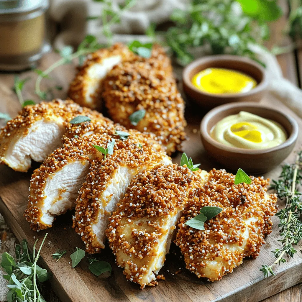 - 2 große Hähnchenbrustfilets - 1 Tasse Brezelbrösel - ½ Tasse Weizenmehl - Knoblauchpulver - Zwiebelpulver - Paprika - Salz und Pfeffer - Kochspray - Optional: Senf oder Käsedip Um die besten Aromen zu erzielen, wähle frische Zutaten. Die Hähnchenbrust sollte saftig und zart sein. Brezelbrösel geben dem Hähnchen die perfekte Knusprigkeit. Verwende feine Brezelbrösel für eine gleichmäßige Panade. Die Gewürze machen das Gericht besonders lecker. Knoblauchpulver und Zwiebelpulver bringen viel Geschmack. Paprika sorgt für eine schöne Farbe und einen milden Kick. Salz und Pfeffer runden die Aromen ab. Kochspray hilft, das Hähnchen knusprig zu machen. Es verhindert, dass das Hähnchen austrocknet. Senf oder Käsedip sind tolle Optionen zum Dippen. Sie sorgen für zusätzlichen Genuss beim Essen. Heize deine Luftfritteuse auf 200°C vor. Das sorgt für eine knusprige Textur. Richte eine Panierstation ein. Du benötigst drei Schüsseln: eine für die Mehlmischung, eine für die Eier und eine für die Brezelbrösel. Nimm ein großes Hähnchenbrustfilet. Wende es in der Mehlmischung. Schüttle das überschüssige Mehl ab. Tauche das Hähnchen in die geschlagenen Eier. Lass die überschüssigen Eier abtropfen. Wälze das Hähnchen nun in den Brezelbröseln. Drücke die Brösel leicht an, damit sie gut haften. Lege das panierte Hähnchen in den Korb der Luftfritteuse. Achte darauf, dass die Filets sich nicht berühren. Koche das Hähnchen etwa 12-15 Minuten lang. Wende die Filets nach der Hälfte der Zeit. Überprüfe die Innentemperatur. Sie sollte 75°C erreichen. Das Hähnchen ist fertig, wenn es goldbraun ist. Lass das Hähnchen nach dem Kochen kurz ruhen, bevor du es aufschneidest. Um die perfekte Knusprigkeit zu erreichen, nutzen Sie frische Brezelbrösel. Zerkleinern Sie die Brezeln nicht zu fein. Ein grober Bruch gibt mehr Struktur. Beim Wenden in der Luftfritteuse ist es wichtig, die Hähnchenstücke nicht zu überladen. Lassen Sie genug Raum, damit die heiße Luft zirkulieren kann. Sprühen Sie die Hähnchenbrust leicht mit Kochspray vor dem Frittieren. Das erhöht die Knusprigkeit. Ein häufiger Fehler ist, die Hähnchenbrust nicht richtig zu panieren. Achten Sie darauf, das überschüssige Mehl abzuschütteln. Wenn zu viel Mehl bleibt, wird die Panade nicht knusprig. Überprüfen Sie auch die Temperatur Ihrer Luftfritteuse. Die richtige Temperatur ist entscheidend. Zu niedrige Temperaturen können das Hähnchen weich machen. Für eine ansprechende Präsentation, legen Sie das Hähnchen auf ein Holzbrett. Servieren Sie kleine Schalen mit Senf oder Käsedip dazu. Das gibt Gästen die Möglichkeit zu dippen. Garnieren Sie das Hähnchen mit frischen Kräutern. Petersilie oder Schnittlauch setzen einen schönen Farbtupfer. {{image_4}} Sie können das Rezept anpassen und verschiedene Gewürze verwenden. Beliebte Gewürzkombinationen sind: - Paprika und Kreuzkümmel - Cayennepfeffer für etwas Schärfe - Italienische Kräuter wie Oregano und Basilikum Kräuter geben dem Hähnchen zusätzlichen Geschmack. Frische oder getrocknete Kräuter sind beide gut. Probieren Sie Rosmarin oder Thymian für ein neues Aroma. Zu brezelpanierter Hähnchenbrust passen viele Beilagen. Hier sind einige Vorschläge: - Knusprige Pommes aus der Luftfritteuse - Bunte Gemüsesticks wie Karotten und Paprika Sie können auch Gemüse in der Luftfritteuse zubereiten. Brokkoli oder Zucchini sind ideal. Einfach mit etwas Olivenöl, Salz und Pfeffer würzen und für 10 Minuten frittieren. Für glutenfreies Hähnchen können Sie die Zutaten anpassen. Verwenden Sie glutenfreies Mehl statt Weizenmehl. Brezelbrösel gibt es auch in glutenfreier Form. So bleibt Ihr Gericht lecker und sicher für alle. Um die Reste von deinem Luftfritteusen-Hähnchen richtig zu lagern, lege sie in einen luftdichten Behälter. So bleibt das Hähnchen frisch und saftig. Stelle den Behälter in den Kühlschrank. So kannst du die Reste bis zu drei Tage aufbewahren. Beim Wiedererwärmen ist es wichtig, die Hähnchenstücke gleichmäßig zu erhitzen. Du kannst die Reste in der Luftfritteuse oder im Ofen bei 180°C (350°F) für etwa 5-7 Minuten aufwärmen. So bleibt die Knusprigkeit erhalten. Die Reste sind im Kühlschrank etwa drei Tage haltbar. Achte darauf, das Hähnchen gut zu verpacken. Anzeichen für Verderb sind ein unangenehmer Geruch oder eine schleimige Textur. Wenn du solche Veränderungen bemerkst, wirf das Hähnchen weg. Sicherheit ist das Wichtigste. Wenn du die Reste für später aufbewahren möchtest, friere sie ein. Hier ist eine Schritt-für-Schritt-Anleitung: 1. Lass das Hähnchen vollständig abkühlen. 2. Wickel jedes Stück in Frischhaltefolie ein. 3. Lege die eingewickelten Stücke in einen gefrierfesten Behälter oder einen Gefrierbeutel. 4. Beschrifte den Behälter mit dem Datum. So bleibt das Hähnchen bis zu drei Monate frisch. Zum späteren Zubereiten nimm das Hähnchen aus dem Gefrierfach und lasse es über Nacht im Kühlschrank auftauen. Danach kannst du es wie gewohnt in der Luftfritteuse erhitzen. Die Zubereitung dauert insgesamt etwa 30 Minuten. Die Vorbereitung nimmt etwa 15 Minuten in Anspruch. Das Kochen in der Luftfritteuse dauert dann 12 bis 15 Minuten. Achten Sie darauf, dass das Hähnchen eine Innentemperatur von 75°C erreicht. So stellen Sie sicher, dass es gut durchgegart ist und sicher zu essen. Ja, Sie können die Menge einfach anpassen. Verdoppeln oder verdreifachen Sie die Zutaten für mehr Portionen. Stellen Sie sicher, dass Sie genügend Platz in Ihrer Luftfritteuse haben. Wenn Sie mehr Hähnchen braten, kochen Sie sie in mehreren Chargen. So bleibt jedes Stück schön knusprig. Wenn Sie keine Brezelbrösel haben, gibt es viele Alternativen. Sie können normale Semmelbrösel verwenden. Eine weitere Option sind Panko-Brösel für mehr Knusprigkeit. Auch Cornflakes, die zerdrückt werden, sind eine gute Wahl. Experimentieren Sie mit verschiedenen Texturen und Geschmäckern, um Ihr Hähnchen zu verfeinern. Das Rezept für brezelpanierte Hähnchenbrust bietet eine einfache und köstliche Kochmöglichkeit. Die Hauptzutaten wie Hähnchen und Brezelbrösel sorgen für tollen Geschmack. Tipps helfen, perfekte Knusprigkeit zu erreichen und häufige Fehler zu vermeiden. Variationen machen das Gericht noch interessanter. Reste lassen sich leicht lagern und wieder aufwärmen. Erfreue dich an der Vielseitigkeit und dem einfachen Prozess. Lass deinen Geschmack die Kontrolle übernehmen und probiere neue Gewürze!