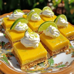 - 1 ½ Tassen Graham-Cracker-Brösel - ½ Tasse ungesalzene Butter, geschmolzen - ⅓ Tasse Kristzzucker (für den Boden) - 2 Tassen gesüßte Kondensmilch - ½ Tasse frisch gepresster Key-Limettensaft - 3 große Eigelb - 1 Esslöffel Key-Limettenabrieb - ¼ Teelöffel Salz Die Hauptzutaten sind einfach zu finden. Sie sorgen für den tollen Geschmack, den wir lieben. - Schlagsahne zum Garnieren - Limettenscheiben zur Dekoration Diese zusätzlichen Zutaten bringen den letzten Schliff. Sie machen die Bars noch schöner und leckerer. Wähle frische Limetten. Sie geben den besten Saft und den besten Geschmack. Verwende echte Butter. Sie macht den Boden reichhaltiger. Achte auf gesüßte Kondensmilch von guter Qualität. Das verbessert die Füllung. Hochwertige Zutaten machen einen großen Unterschied. Sie bringen deine Key Lime Pie Bars auf ein neues Level. Heizen Sie Ihren Ofen auf 175°C (350°F) vor. Dies ist der erste Schritt. Ein gut vorgeheizter Ofen sorgt für eine gleichmäßige Backzeit. Mischen Sie 1 ½ Tassen Graham-Cracker-Brösel, ½ Tasse geschmolzene Butter und ⅓ Tasse Zucker in einer mittelgroßen Schüssel. Rühren Sie gut um, bis die Brösel gleichmäßig feucht sind. Drücken Sie die Mischung fest in eine gefettete 20x20 cm Backform. Backen Sie den Boden für etwa 10 Minuten, bis er goldbraun ist. Lassen Sie ihn dann abkühlen. In einer separaten Schüssel geben Sie 2 Tassen gesüßte Kondensmilch, ½ Tasse frisch gepressten Key-Limettensaft, 3 große Eigelb, 1 Esslöffel Key-Limettenabrieb und ¼ Teelöffel Salz. Rühren Sie alles glatt, bis eine homogene Masse entsteht. Diese Mischung bringt die frische Limettennote in die Bars. Gießen Sie die Füllung gleichmäßig über den abgekühlten Boden. Streichen Sie die Oberseite glatt. Backen Sie die Form für 15-20 Minuten im Ofen, bis die Füllung fest ist. Die Ränder sollten leicht aufgegangen sein, während die Mitte noch etwas wackelig bleibt. Nehmen Sie die Form heraus und lassen Sie sie auf Raumtemperatur abkühlen. Kühlen Sie danach die Bars mindestens 2 Stunden im Kühlschrank. Schneiden Sie die gekühlten Bars in Quadrate. Toppen Sie jedes Quadrat mit einem Klecks Schlagsahne und dekorieren Sie es mit einer Limettenscheibe. Für eine schöne Präsentation arrangieren Sie die Riegel auf einer Servierplatte. Bestäuben Sie sie mit etwas Limettenabrieb für einen zusätzlichen Farbtupfer. Genießen Sie den frischen Geschmack dieser Key Lime Pie Bars! Beim Backen von Key Lime Pie Bars gibt es einige Fehler, die häufig passieren. Ein häufiger Fehler ist, den Boden zu lange zu backen. Achte darauf, dass er nur leicht goldbraun wird. Wenn du die Füllung machst, mische alles gut, aber übermische sie nicht. Das kann Luftblasen erzeugen. Diese Blasen können beim Backen aufplatzen. Für die ideale Konsistenz der Füllung ist es wichtig, frischen Limettensaft zu nutzen. Der Saft bringt den besten Geschmack. Achte auch darauf, die Eier gut einzurühren. Wenn die Füllung gleichmäßig ist, wird sie beim Backen schön fest. Lass die Bars genug Zeit im Kühlschrank. Sie müssen mindestens zwei Stunden kühlen, um die perfekte Textur zu erreichen. Du kannst die Key Lime Pie Bars nach deinem Geschmack anpassen. Für einen süßeren Geschmack kannst du mehr Zucker hinzufügen. Wenn du es fruchtiger magst, füge mehr Limettenabrieb hinzu. Für eine cremigere Textur kannst du etwas mehr gesüßte Kondensmilch verwenden. Experimentiere mit verschiedenen Toppings wie Kokosnuss oder Beeren. {{image_4}} Key Lime Pie Bars sind lecker, aber du kannst sie auch mit anderen Früchten zubereiten. Du kannst Limetten durch Zitronen oder Orangen ersetzen. Das gibt deinem Dessert einen neuen Geschmack. Wenn du Zitronen verwendest, nimm einfach die gleiche Menge wie beim Limettensaft. Bei Orangen kannst du etwas weniger Saft nehmen, da sie süßer sind. Wenn du glutenfrei kochen möchtest, sind diese Bars einfach anzupassen. Verwende glutenfreie Graham-Cracker oder Mandelmehl für den Boden. Die restlichen Zutaten bleiben gleich. Du erhältst trotzdem die gleiche cremige Füllung und den leckeren Geschmack. Achte beim Kauf der Cracker auf das glutenfreie Label. Das Topping ist wichtig für den letzten Schliff. Du kannst die Bars mit Schlagsahne garnieren. Limettenscheiben machen sie frisch und ansprechend. Probiere auch geröstete Kokosnuss oder frische Beeren. Diese Toppings geben mehr Textur und Farbe. Achte darauf, dass die Toppings frisch sind, um den Geschmack zu verbessern. Die Key Lime Pie Bars müssen im Kühlschrank aufbewahrt werden. Sie bleiben frisch und lecker, wenn Sie sie in einem luftdichten Behälter lagern. Ideal ist es, sie innerhalb von fünf Tagen zu essen. So bleibt der Geschmack am besten. Wenn Sie die Bars länger aufbewahren möchten, können Sie sie einfrieren. Schneiden Sie die Riegel in Portionen und legen Sie sie in einen gefrierfesten Behälter. Vergessen Sie nicht, die Riegel mit Frischhaltefolie zu umwickeln. So vermeiden Sie Gefrierbrand. Sie können die Bars bis zu drei Monate im Gefrierfach lassen. Vor dem Servieren sollten Sie die Bars kurz auf Zimmertemperatur bringen. So entfalten sich die Aromen besser. Für zusätzlichen Genuss können Sie frische Schlagsahne und Limettenscheiben hinzufügen. Diese kleinen Extras machen den Unterschied und verbessern die Präsentation. Key Lime Pie Bars bleiben im Kühlschrank bis zu einer Woche frisch. Lagern Sie sie in einem luftdichten Behälter. So bleibt die Textur gut und der Geschmack frisch. Wenn Sie mehr Zeit brauchen, können Sie sie auch einfrieren. Ja, frischer Limettensaft ist eine tolle Wahl! Er gibt dem Dessert einen intensiveren und frischeren Geschmack. Achten Sie darauf, die Limetten gut auszupressen. Verwenden Sie etwa eine halbe Tasse Saft. Wenn Sie keine Graham-Cracker haben, probieren Sie zerbröselte Kekse oder Haferkekse. Auch zerstoßene Nüsse sind eine gute Alternative. Diese liefern eine andere Textur und einen neuen Geschmack. Seien Sie kreativ und finden Sie Ihre Lieblingskombination! In diesem Blogbeitrag haben wir die besten Zutaten für Key Lime Pie Bars besprochen. Ich teilte auch eine Schritt-für-Schritt-Anleitung, um dir zu helfen, sie perfekt zuzubereiten. Du hast Tipps und Tricks gelernt, um häufige Fehler zu vermeiden und die Konsistenz zu verbessern. Variationen wie glutenfreie Optionen und andere Zitrusfrüchte erweitern dein Rezept. Denke daran, wie du sie richtig aufbewahrst. Diese Bars sind wirklich einfach zu machen und lecker. Viel Spaß beim Ausprobieren!