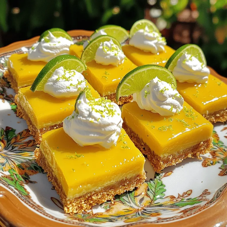 - 1 ½ Tassen Graham-Cracker-Brösel - ½ Tasse ungesalzene Butter, geschmolzen - ⅓ Tasse Kristzzucker (für den Boden) - 2 Tassen gesüßte Kondensmilch - ½ Tasse frisch gepresster Key-Limettensaft - 3 große Eigelb - 1 Esslöffel Key-Limettenabrieb - ¼ Teelöffel Salz Die Hauptzutaten sind einfach zu finden. Sie sorgen für den tollen Geschmack, den wir lieben. - Schlagsahne zum Garnieren - Limettenscheiben zur Dekoration Diese zusätzlichen Zutaten bringen den letzten Schliff. Sie machen die Bars noch schöner und leckerer. Wähle frische Limetten. Sie geben den besten Saft und den besten Geschmack. Verwende echte Butter. Sie macht den Boden reichhaltiger. Achte auf gesüßte Kondensmilch von guter Qualität. Das verbessert die Füllung. Hochwertige Zutaten machen einen großen Unterschied. Sie bringen deine Key Lime Pie Bars auf ein neues Level. Heizen Sie Ihren Ofen auf 175°C (350°F) vor. Dies ist der erste Schritt. Ein gut vorgeheizter Ofen sorgt für eine gleichmäßige Backzeit. Mischen Sie 1 ½ Tassen Graham-Cracker-Brösel, ½ Tasse geschmolzene Butter und ⅓ Tasse Zucker in einer mittelgroßen Schüssel. Rühren Sie gut um, bis die Brösel gleichmäßig feucht sind. Drücken Sie die Mischung fest in eine gefettete 20x20 cm Backform. Backen Sie den Boden für etwa 10 Minuten, bis er goldbraun ist. Lassen Sie ihn dann abkühlen. In einer separaten Schüssel geben Sie 2 Tassen gesüßte Kondensmilch, ½ Tasse frisch gepressten Key-Limettensaft, 3 große Eigelb, 1 Esslöffel Key-Limettenabrieb und ¼ Teelöffel Salz. Rühren Sie alles glatt, bis eine homogene Masse entsteht. Diese Mischung bringt die frische Limettennote in die Bars. Gießen Sie die Füllung gleichmäßig über den abgekühlten Boden. Streichen Sie die Oberseite glatt. Backen Sie die Form für 15-20 Minuten im Ofen, bis die Füllung fest ist. Die Ränder sollten leicht aufgegangen sein, während die Mitte noch etwas wackelig bleibt. Nehmen Sie die Form heraus und lassen Sie sie auf Raumtemperatur abkühlen. Kühlen Sie danach die Bars mindestens 2 Stunden im Kühlschrank. Schneiden Sie die gekühlten Bars in Quadrate. Toppen Sie jedes Quadrat mit einem Klecks Schlagsahne und dekorieren Sie es mit einer Limettenscheibe. Für eine schöne Präsentation arrangieren Sie die Riegel auf einer Servierplatte. Bestäuben Sie sie mit etwas Limettenabrieb für einen zusätzlichen Farbtupfer. Genießen Sie den frischen Geschmack dieser Key Lime Pie Bars! Beim Backen von Key Lime Pie Bars gibt es einige Fehler, die häufig passieren. Ein häufiger Fehler ist, den Boden zu lange zu backen. Achte darauf, dass er nur leicht goldbraun wird. Wenn du die Füllung machst, mische alles gut, aber übermische sie nicht. Das kann Luftblasen erzeugen. Diese Blasen können beim Backen aufplatzen. Für die ideale Konsistenz der Füllung ist es wichtig, frischen Limettensaft zu nutzen. Der Saft bringt den besten Geschmack. Achte auch darauf, die Eier gut einzurühren. Wenn die Füllung gleichmäßig ist, wird sie beim Backen schön fest. Lass die Bars genug Zeit im Kühlschrank. Sie müssen mindestens zwei Stunden kühlen, um die perfekte Textur zu erreichen. Du kannst die Key Lime Pie Bars nach deinem Geschmack anpassen. Für einen süßeren Geschmack kannst du mehr Zucker hinzufügen. Wenn du es fruchtiger magst, füge mehr Limettenabrieb hinzu. Für eine cremigere Textur kannst du etwas mehr gesüßte Kondensmilch verwenden. Experimentiere mit verschiedenen Toppings wie Kokosnuss oder Beeren. {{image_4}} Key Lime Pie Bars sind lecker, aber du kannst sie auch mit anderen Früchten zubereiten. Du kannst Limetten durch Zitronen oder Orangen ersetzen. Das gibt deinem Dessert einen neuen Geschmack. Wenn du Zitronen verwendest, nimm einfach die gleiche Menge wie beim Limettensaft. Bei Orangen kannst du etwas weniger Saft nehmen, da sie süßer sind. Wenn du glutenfrei kochen möchtest, sind diese Bars einfach anzupassen. Verwende glutenfreie Graham-Cracker oder Mandelmehl für den Boden. Die restlichen Zutaten bleiben gleich. Du erhältst trotzdem die gleiche cremige Füllung und den leckeren Geschmack. Achte beim Kauf der Cracker auf das glutenfreie Label. Das Topping ist wichtig für den letzten Schliff. Du kannst die Bars mit Schlagsahne garnieren. Limettenscheiben machen sie frisch und ansprechend. Probiere auch geröstete Kokosnuss oder frische Beeren. Diese Toppings geben mehr Textur und Farbe. Achte darauf, dass die Toppings frisch sind, um den Geschmack zu verbessern. Die Key Lime Pie Bars müssen im Kühlschrank aufbewahrt werden. Sie bleiben frisch und lecker, wenn Sie sie in einem luftdichten Behälter lagern. Ideal ist es, sie innerhalb von fünf Tagen zu essen. So bleibt der Geschmack am besten. Wenn Sie die Bars länger aufbewahren möchten, können Sie sie einfrieren. Schneiden Sie die Riegel in Portionen und legen Sie sie in einen gefrierfesten Behälter. Vergessen Sie nicht, die Riegel mit Frischhaltefolie zu umwickeln. So vermeiden Sie Gefrierbrand. Sie können die Bars bis zu drei Monate im Gefrierfach lassen. Vor dem Servieren sollten Sie die Bars kurz auf Zimmertemperatur bringen. So entfalten sich die Aromen besser. Für zusätzlichen Genuss können Sie frische Schlagsahne und Limettenscheiben hinzufügen. Diese kleinen Extras machen den Unterschied und verbessern die Präsentation. Key Lime Pie Bars bleiben im Kühlschrank bis zu einer Woche frisch. Lagern Sie sie in einem luftdichten Behälter. So bleibt die Textur gut und der Geschmack frisch. Wenn Sie mehr Zeit brauchen, können Sie sie auch einfrieren. Ja, frischer Limettensaft ist eine tolle Wahl! Er gibt dem Dessert einen intensiveren und frischeren Geschmack. Achten Sie darauf, die Limetten gut auszupressen. Verwenden Sie etwa eine halbe Tasse Saft. Wenn Sie keine Graham-Cracker haben, probieren Sie zerbröselte Kekse oder Haferkekse. Auch zerstoßene Nüsse sind eine gute Alternative. Diese liefern eine andere Textur und einen neuen Geschmack. Seien Sie kreativ und finden Sie Ihre Lieblingskombination! In diesem Blogbeitrag haben wir die besten Zutaten für Key Lime Pie Bars besprochen. Ich teilte auch eine Schritt-für-Schritt-Anleitung, um dir zu helfen, sie perfekt zuzubereiten. Du hast Tipps und Tricks gelernt, um häufige Fehler zu vermeiden und die Konsistenz zu verbessern. Variationen wie glutenfreie Optionen und andere Zitrusfrüchte erweitern dein Rezept. Denke daran, wie du sie richtig aufbewahrst. Diese Bars sind wirklich einfach zu machen und lecker. Viel Spaß beim Ausprobieren!