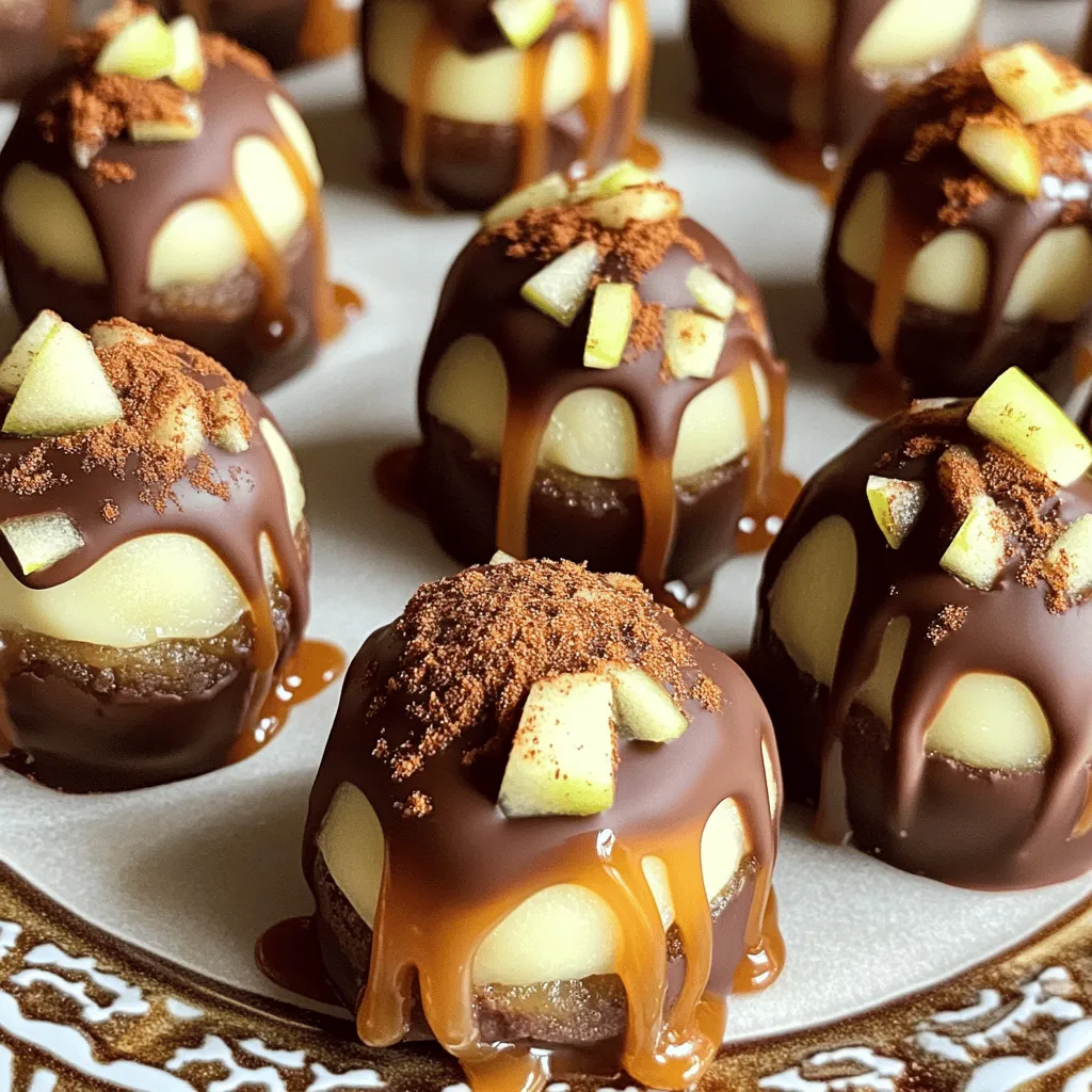 Für die köstlichen Caramel Apple Cheesecake Truffle Bites benötigst du folgende Hauptzutaten: - 1 Tasse Frischkäse, weich (Raumtemperatur) - 1/2 Tasse Puderzucker - 1/2 Tasse fein gehackte grüne Äpfel (ca. 1 kleiner Apfel) - 1 Teelöffel Vanilleextrakt - 1/2 Teelöffel Zimt - 1 Tasse zerdrückte Graham-Cracker - 1/2 Tasse Karamellsauce (plus zusätzlich zum Beträufeln) - 1 Tasse Zartbitterschokoladenstückchen - 1 Esslöffel Kokosöl oder Pflanzenfett (zum Schmelzen der Schokolade) Diese Zutaten machen die Trüffel cremig und süß. Die Äpfel geben einen frischen Biss und der Zimt sorgt für einen warmen Geschmack. Um die Trüffel zu machen, brauchst du einige wichtige Küchenutensilien: - Große Rührschüssel - Handmixer - Keksformer oder deine Hände - Backblech - Backpapier - Mikrowellengeeignete Schüssel Mit diesen Utensilien wird das Zubereiten einfach und macht Spaß. Um die Trüffel schön zu präsentieren, kannst du folgende Zutaten verwenden: - Zimtflocken oder gehackte Äpfel - Mehr Karamellsauce zum Beträufeln Diese Zutaten helfen, deine Trüffel ansprechend zu dekorieren. Ein paar Zimtflocken darauf machen das ganze Bild festlich. Um die Trüffelmasse zu machen, beginne mit einem großen Rührschüssel. Du benötigst 1 Tasse weichen Frischkäse. Schlage den Frischkäse mit einem Handmixer cremig. Füge dann 1/2 Tasse Puderzucker hinzu und mixe, bis die Mischung glatt ist. Jetzt kommen die Aromen! Gib 1/2 Tasse fein gehackte grüne Äpfel, 1 Teelöffel Vanilleextrakt und 1/2 Teelöffel Zimt dazu. Mische alles gut. Zum Schluss füge 1 Tasse zerdrückte Graham-Cracker hinzu und hebe sie vorsichtig unter. Sobald die Masse fertig ist, forme kleine Bällchen. Du solltest etwa 2,5 cm große Bällchen machen. Lege sie auf ein Backblech mit Backpapier. Achte darauf, dass die Bällchen gleichmäßig geformt sind. Wenn du fertig bist, lege das Backblech für mindestens 30 Minuten ins Gefrierfach. So werden die Trüffel fest und lassen sich später besser überziehen. Während die Trüffel im Gefrierfach sind, kannst du die Schokolade schmelzen. Nimm 1 Tasse Zartbitterschokoladenstückchen und 1 Esslöffel Kokosöl. Schmelze die Mischung in einer mikrowellengeeigneten Schüssel. Mache das in 30-Sekunden-Intervallen und rühre nach jedem Intervall um. Die Schokolade sollte glatt sein. Nimm die gefrorenen Trüffel aus dem Gefrierfach. Tauche jede Trüffel in die geschmolzene Schokolade. Verwende eine Gabel, um sie herauszunehmen. Lass die überschüssige Schokolade abtropfen. Lege die Trüffel zurück auf das Backblech. Träufle dann etwas Karamellsauce über jede Trüffel. Stelle das Blech für 15 Minuten in den Kühlschrank, damit die Schokolade fest wird. Um die perfekten Trüffel zu machen, ist die Temperatur wichtig. Stelle sicher, dass der Frischkäse weich ist. Das macht das Mischen leichter. Mixe den Puderzucker langsam ein, damit keine Klumpen entstehen. Achte darauf, die Äpfel fein zu hacken. So verteilen sie sich gut in der Mischung. Nach dem Formen der Bällchen ist das Einfrieren entscheidend. Das hilft, dass die Trüffel beim Tauchen in die Schokolade nicht auseinanderfallen. Du kannst verschiedene Karamell- und Schokoladensaucen verwenden. Wenn du dunkle Schokolade magst, nimm Zartbitterschokolade. Für einen süßeren Geschmack kannst du Vollmilchschokolade wählen. Du kannst auch weiße Schokolade probieren, die einen schönen Kontrast zu den Äpfeln bietet. Experimentiere mit hausgemachter Karamellsauce oder kaufe sie im Geschäft. Vergiss nicht, die Saucen warm zu halten, damit sie beim Überziehen leicht fließen. Die Präsentation macht viel aus. Richte die Trüffel auf einer schönen Platte an. Streue etwas Zimt oder gehackte Äpfel darüber für einen festlichen Look. Du kannst auch Karamellsauce kreativ um die Trüffel träufeln. Das sieht toll aus und zieht die Blicke an. Verwende kleine Papierförmchen für eine hübsche Note. So werden deine Trüffel-Bissen zum Star auf jeder Feier. {{image_4}} Du kannst die Karamell-Apfel-Cheesecake-Trüffel leicht anpassen. Probiere verschiedene Früchte wie Birnen oder Pfirsiche. Diese Früchte bringen neue Aromen. Hacke sie klein und füge sie der Mischung hinzu. Das Ergebnis wird frisch und fruchtig sein. Mit jeder Frucht erhältst du einen neuen Geschmack. Falls du Gluten vermeidest, kannst du glutenfreie Cracker verwenden. Diese sind in vielen Supermärkten erhältlich. Wähle einen neutralen Geschmack, um die Trüffel nicht zu überladen. Das Rezept bleibt gleich, nur die Cracker ändern sich. So genießt du die Trüffel auch glutenfrei und lecker. Wenn du eine vegane Option möchtest, ersetze den Frischkäse. Verwende statt dessen pflanzlichen Frischkäse aus Cashews oder Soja. Achte darauf, dass die Schokolade vegan ist. Du kannst auch Karamellsauce aus Datteln nutzen. Diese Änderungen machen die Trüffel für vegane Freunde geeignet. Sie schmecken trotzdem süß und cremig. Ich empfehle, die Trüffel in einem luftdichten Behälter zu lagern. So bleiben sie frisch und lecker. Vermeiden Sie es, die Trüffel in der Nähe von starken Gerüchen zu lagern. Schokolade nimmt leicht Aromen auf. Ein kühler, trockener Ort ist ideal für die Aufbewahrung. Im Kühlschrank halten die Trüffel bis zu einer Woche. Wenn Sie sie länger aufbewahren möchten, frieren Sie sie ein. Im Tiefkühler sind sie bis zu drei Monate haltbar. Achten Sie darauf, die Trüffel gut einzupacken. So verhindern Sie Gefrierbrand und erhalten den Geschmack. Schokoladenblüte passiert, wenn die Schokolade unschön aussieht. Um dies zu vermeiden, schmelzen Sie die Schokolade sanft. Verwenden Sie die Mikrowelle in kurzen Abständen. Lassen Sie die Trüffel nach dem Überziehen gut abkühlen. Lagern Sie sie bei kühlen Temperaturen, fern von Wärmequellen. So bleibt Ihre Schokolade schön glänzend und appetitlich. Die Trüffel bleiben frisch, wenn du sie richtig lagerst. Im Kühlschrank halten sie bis zu einer Woche. Du kannst sie auch im Gefrierfach aufbewahren, wo sie bis zu drei Monate haltbar sind. Achte darauf, sie in einem luftdichten Behälter zu lagern. So vermeidest du, dass sie an Geschmack verlieren oder austrocknen. Ja, du kannst die Trüffel im Voraus machen. Bereite sie einfach einen Tag vorher zu und lagere sie im Kühlschrank. Dies gibt den Trüffeln Zeit, ihren Geschmack zu entfalten. Wenn du sie einfrierst, lass sie dann einfach im Kühlschrank auftauen. So hast du immer einen süßen Snack bereit! Für das Überziehen empfehle ich Zartbitterschokolade. Sie hat einen reichen, tiefen Geschmack, der gut zu den süßen Trüffeln passt. Du kannst auch Milchschokolade verwenden, wenn du es süßer magst. Achte darauf, die Schokolade mit etwas Kokosöl zu mischen. Das macht die Schokolade geschmeidiger und leichter zu handhaben. Zusammenfassend haben wir die wichtigsten Zutaten und Utensilien für Trüffel behandelt. Die Schritt-für-Schritt-Anleitung zeigt, wie man sie richtig macht. Zudem gab es wertvolle Tipps für Variationen und Präsentationen. Richtig gelagerte Trüffel bleiben frisch und lecker. Denke daran, dass die Auswahl der Schokolade einen großen Unterschied macht. Experimentiere mit verschiedenen Rezepten für deine perfekten Trüffel. Viel Freude beim Ausprobieren und Genießen!