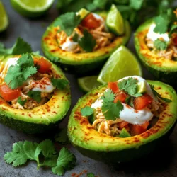 Für die Zubereitung von Chili Lime Chicken Stuffed Avocado brauchst du folgende Hauptzutaten: - 2 reife Avocados - 1 Tasse gekochtes Hähnchen, zerrupft - 1/4 Tasse griechischer Joghurt - 1 Esslöffel Limettensaft - 1 Teelöffel Chilipulver - 1/2 Teelöffel Kreuzkümmel - 1 kleine rote Zwiebel, fein gehackt - 1 kleine Tomate, gewürfelt - 1/4 Tasse frischer Koriander, gehackt - Salz und Pfeffer nach Geschmack - Limettenschnitze zum Servieren Das gekochte Hähnchen macht die Füllung saftig. Der griechische Joghurt bringt eine cremige Textur. Limettensaft und Chilipulver geben den besonderen Geschmack. Du kannst zusätzliche Gewürze oder Aromen hinzufügen, um das Gericht zu verfeinern. Hier sind einige Vorschläge: - Paprikapulver für eine rauchige Note - Knoblauchpulver für mehr Tiefe - Frische Jalapeños für extra Schärfe - Limettenschale für einen intensiveren Zitrusgeschmack Diese Gewürze verleihen dem Gericht mehr Charakter. Experimentiere und finde deine perfekte Mischung. Frische Zutaten bringen Farbe und Geschmack in dein Gericht. Hier sind einige Ideen: - Avocado: Wähle reife und feste Avocados aus. - Tomaten: Verwende Kirschtomaten oder heirloom Tomaten für mehr Süße. - Koriander: Frisch gehackter Koriander bringt einen frischen Geschmack. Du kannst auch andere frische Zutaten wie Gurken oder Paprika hinzufügen. Sie geben eine knusprige Textur und machen das Gericht noch interessanter. Um diese leckeren gefüllten Avocados zu machen, starten wir mit den Avocados. Nimm die reifen Avocados und halbiere sie vorsichtig. Entferne den Kern mit einem Löffel. Sei dabei vorsichtig, um die Haut nicht zu beschädigen. Nimm dann etwas Fruchtfleisch heraus, damit mehr Platz für die Füllung bleibt. Du kannst das herausgenommene Avocadofleisch für später beiseitelegen. Jetzt kommst du zur Füllung. In einer großen Schüssel vermischst du das zerrupfte Hähnchen, den griechischen Joghurt, den Limettensaft, das Chilipulver und den Kreuzkümmel. Füge dann die fein gehackte rote Zwiebel, die gewürfelte Tomate und den frischen Koriander hinzu. Achte darauf, alles gut zu vermischen. Schmecke die Mischung mit Salz und Pfeffer ab. Diese Kombination gibt den Avocados einen tollen Geschmack. Nimm das beiseitegestellte Avocadofleisch und zerdrücke es mit einer Gabel. Mische dann das zerdrückte Avocadofleisch vorsichtig in die Hähnchenmischung. So wird die Füllung cremig und gleichmäßig. Fülle nun jede Avocadohälfte großzügig mit der Mischung. Sieht das nicht lecker aus? Um die beste Avocado zu finden, achte auf die Farbe. Reife Avocados haben eine dunkle, matte Haut. Drücke sanft auf die Frucht. Sie sollte leicht nachgeben, aber nicht zu weich sein. Wenn du eine Avocado mit glatter Haut siehst, ist sie wahrscheinlich noch nicht reif. Es lohnt sich, sie einige Tage bei Raumtemperatur zu lagern, bis sie bereit ist. Es gibt viele Möglichkeiten, die Füllung zu ändern. Du kannst schwarze Bohnen oder Mais hinzufügen, um mehr Textur zu bekommen. Probiere auch andere Kräuter wie Petersilie oder Minze. Für einen scharfen Kick füge frische Jalapeños hinzu. Wenn du keinen Joghurt magst, verwende Avocado oder Frischkäse als Basis. Lass deiner Kreativität freien Lauf und finde deinen eigenen Favoriten! Um die gefüllten Avocados schön zu präsentieren, benutze einen großen Teller. Lege die Avocados in die Mitte und streue frischen Koriander darüber. Füge Limettenschnitze hinzu, damit die Gäste ihren eigenen Geschmack anpassen können. Du kannst auch Tortilla-Chips oder Salat danebenlegen. So wird dein Gericht noch einladender. {{image_4}} Wenn Sie eine vegetarische Füllung suchen, können Sie das Hähnchen einfach durch Kichererbsen ersetzen. Zerdrücken Sie die Kichererbsen leicht, um eine bessere Konsistenz zu erreichen. Sie können auch Quinoa oder schwarze Bohnen verwenden. Beide geben einen tollen Geschmack und die nötige Fülle. Fügen Sie zusätzlich gewürfelte Paprika oder Mais hinzu, um mehr Farbe und Textur zu bieten. Um den Geschmack zu variieren, probieren Sie verschiedene Gewürze aus. Fügen Sie zum Beispiel Paprikapulver hinzu, um eine rauchige Note zu erhalten. Für mehr Schärfe können Sie frische Chili oder scharfe Soße verwenden. Ein Hauch von Knoblauchpulver oder Zwiebelpulver kann die Füllung ebenfalls bereichern. Seien Sie kreativ und passen Sie die Gewürze an Ihren Geschmack an. Servieren Sie die gefüllten Avocados mit einer frischen Beilage. Ein einfacher grüner Salat oder eine Quinoasalat passt hervorragend. Sie können auch Tortilla-Chips dazu reichen. Diese bieten einen knusprigen Kontrast zur cremigen Avocado. Ein erfrischendes Getränk wie Limonade oder Agua Fresca rundet das Gericht perfekt ab. Gefüllte Avocados sind lecker, aber sie sind auch empfindlich. Lagere sie in einem luftdichten Behälter. Das schützt sie vor dem Austrocknen und verhindert, dass sie braun werden. Stelle sicher, dass die Füllung gut abgedeckt ist. Du kannst auch etwas Limettensaft über die Füllung träufeln. Das hilft, die Frische zu bewahren. Wenn du für unterwegs vorbereiten möchtest, ist das ganz einfach. Fülle die Avocados erst kurz vor dem Essen. Du kannst die Füllung im Voraus zubereiten. Bewahre sie in einem separaten Behälter auf. Nimm die Avocados und die Füllung mit. Das ist perfekt für ein schnelles Mittagessen oder einen Snack. Die gefüllten Avocados schmecken am besten frisch. Du solltest sie innerhalb von 1-2 Tagen essen. Wenn du sie länger aufbewahren möchtest, lagere die Füllung separat. Achte darauf, die Avocados nicht zu lange bei Raumtemperatur stehen zu lassen. Sie reifen schnell und werden weich. Wenn du die Füllung im Kühlschrank hältst, bleibt sie frisch. Ja, du kannst die Füllung aufbewahren. Wenn du das Chili Lime Chicken gefrierst, bewahre es in einem luftdichten Behälter auf. Achte darauf, die Füllung gut abzukühlen, bevor du sie gefrierst. So bleibt der Geschmack frisch. Du kannst die gefrorene Füllung für bis zu drei Monate aufbewahren. Wenn du sie verwenden möchtest, taue die Füllung im Kühlschrank auf. Danach kannst du sie wieder aufwärmen und in die frischen Avocados füllen. Ja, gefüllte Avocados sind sehr gesund. Sie bieten viele Nährstoffe. Avocados enthalten gesunde Fette, Ballaststoffe und Vitamine. Das Hähnchen liefert viel Protein. Diese Kombination sorgt für eine ausgewogene Mahlzeit. Die anderen Zutaten wie Tomaten und Zwiebeln bringen zusätzliche Vitamine mit. Mit griechischem Joghurt wird die Füllung cremig, ohne viel Fett. Das Gericht ist also nicht nur lecker, sondern auch nährstoffreich. Um die Schärfe anzupassen, kannst du das Chilipulver variieren. Wenn du es milder magst, benutze weniger Chilipulver. Du kannst auch mildere Paprika oder Paprikaflocken verwenden. Für mehr Schärfe füge einfach mehr Chilipulver hinzu. Frische Chilis sind auch eine gute Option. Du kannst sie fein hacken und zur Füllung geben. Probiere verschiedene Varianten, um die perfekte Schärfe für dich zu finden! Zusammengefasst haben wir viele wichtige Punkte zum Chili Lime Chicken Stuffed Avocado besprochen. Wir haben die besten Zutaten, den Zubereitungsprozess und geniale Tipps geteilt. Variationen zeigen, wie flexibel dieses Gericht ist. Denke an die Lagerung, damit du lange Freude daran hast. Mit diesen Tipps bereitest du eine schmackhafte, gesunde Mahlzeit zu. Vertrauen in deine Kochkünste wird wachsen, während du diese leckeren Avocados zubereitest. Experimentiere und finde deine perfekte Mischung!