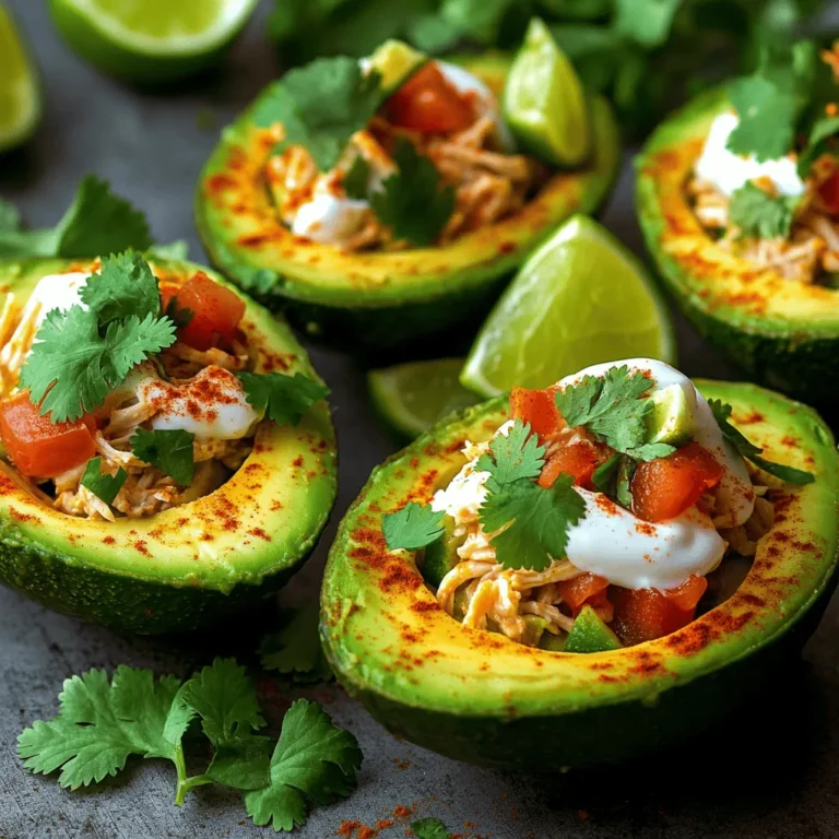 Für die Zubereitung von Chili Lime Chicken Stuffed Avocado brauchst du folgende Hauptzutaten: - 2 reife Avocados - 1 Tasse gekochtes Hähnchen, zerrupft - 1/4 Tasse griechischer Joghurt - 1 Esslöffel Limettensaft - 1 Teelöffel Chilipulver - 1/2 Teelöffel Kreuzkümmel - 1 kleine rote Zwiebel, fein gehackt - 1 kleine Tomate, gewürfelt - 1/4 Tasse frischer Koriander, gehackt - Salz und Pfeffer nach Geschmack - Limettenschnitze zum Servieren Das gekochte Hähnchen macht die Füllung saftig. Der griechische Joghurt bringt eine cremige Textur. Limettensaft und Chilipulver geben den besonderen Geschmack. Du kannst zusätzliche Gewürze oder Aromen hinzufügen, um das Gericht zu verfeinern. Hier sind einige Vorschläge: - Paprikapulver für eine rauchige Note - Knoblauchpulver für mehr Tiefe - Frische Jalapeños für extra Schärfe - Limettenschale für einen intensiveren Zitrusgeschmack Diese Gewürze verleihen dem Gericht mehr Charakter. Experimentiere und finde deine perfekte Mischung. Frische Zutaten bringen Farbe und Geschmack in dein Gericht. Hier sind einige Ideen: - Avocado: Wähle reife und feste Avocados aus. - Tomaten: Verwende Kirschtomaten oder heirloom Tomaten für mehr Süße. - Koriander: Frisch gehackter Koriander bringt einen frischen Geschmack. Du kannst auch andere frische Zutaten wie Gurken oder Paprika hinzufügen. Sie geben eine knusprige Textur und machen das Gericht noch interessanter. Um diese leckeren gefüllten Avocados zu machen, starten wir mit den Avocados. Nimm die reifen Avocados und halbiere sie vorsichtig. Entferne den Kern mit einem Löffel. Sei dabei vorsichtig, um die Haut nicht zu beschädigen. Nimm dann etwas Fruchtfleisch heraus, damit mehr Platz für die Füllung bleibt. Du kannst das herausgenommene Avocadofleisch für später beiseitelegen. Jetzt kommst du zur Füllung. In einer großen Schüssel vermischst du das zerrupfte Hähnchen, den griechischen Joghurt, den Limettensaft, das Chilipulver und den Kreuzkümmel. Füge dann die fein gehackte rote Zwiebel, die gewürfelte Tomate und den frischen Koriander hinzu. Achte darauf, alles gut zu vermischen. Schmecke die Mischung mit Salz und Pfeffer ab. Diese Kombination gibt den Avocados einen tollen Geschmack. Nimm das beiseitegestellte Avocadofleisch und zerdrücke es mit einer Gabel. Mische dann das zerdrückte Avocadofleisch vorsichtig in die Hähnchenmischung. So wird die Füllung cremig und gleichmäßig. Fülle nun jede Avocadohälfte großzügig mit der Mischung. Sieht das nicht lecker aus? Um die beste Avocado zu finden, achte auf die Farbe. Reife Avocados haben eine dunkle, matte Haut. Drücke sanft auf die Frucht. Sie sollte leicht nachgeben, aber nicht zu weich sein. Wenn du eine Avocado mit glatter Haut siehst, ist sie wahrscheinlich noch nicht reif. Es lohnt sich, sie einige Tage bei Raumtemperatur zu lagern, bis sie bereit ist. Es gibt viele Möglichkeiten, die Füllung zu ändern. Du kannst schwarze Bohnen oder Mais hinzufügen, um mehr Textur zu bekommen. Probiere auch andere Kräuter wie Petersilie oder Minze. Für einen scharfen Kick füge frische Jalapeños hinzu. Wenn du keinen Joghurt magst, verwende Avocado oder Frischkäse als Basis. Lass deiner Kreativität freien Lauf und finde deinen eigenen Favoriten! Um die gefüllten Avocados schön zu präsentieren, benutze einen großen Teller. Lege die Avocados in die Mitte und streue frischen Koriander darüber. Füge Limettenschnitze hinzu, damit die Gäste ihren eigenen Geschmack anpassen können. Du kannst auch Tortilla-Chips oder Salat danebenlegen. So wird dein Gericht noch einladender. {{image_4}} Wenn Sie eine vegetarische Füllung suchen, können Sie das Hähnchen einfach durch Kichererbsen ersetzen. Zerdrücken Sie die Kichererbsen leicht, um eine bessere Konsistenz zu erreichen. Sie können auch Quinoa oder schwarze Bohnen verwenden. Beide geben einen tollen Geschmack und die nötige Fülle. Fügen Sie zusätzlich gewürfelte Paprika oder Mais hinzu, um mehr Farbe und Textur zu bieten. Um den Geschmack zu variieren, probieren Sie verschiedene Gewürze aus. Fügen Sie zum Beispiel Paprikapulver hinzu, um eine rauchige Note zu erhalten. Für mehr Schärfe können Sie frische Chili oder scharfe Soße verwenden. Ein Hauch von Knoblauchpulver oder Zwiebelpulver kann die Füllung ebenfalls bereichern. Seien Sie kreativ und passen Sie die Gewürze an Ihren Geschmack an. Servieren Sie die gefüllten Avocados mit einer frischen Beilage. Ein einfacher grüner Salat oder eine Quinoasalat passt hervorragend. Sie können auch Tortilla-Chips dazu reichen. Diese bieten einen knusprigen Kontrast zur cremigen Avocado. Ein erfrischendes Getränk wie Limonade oder Agua Fresca rundet das Gericht perfekt ab. Gefüllte Avocados sind lecker, aber sie sind auch empfindlich. Lagere sie in einem luftdichten Behälter. Das schützt sie vor dem Austrocknen und verhindert, dass sie braun werden. Stelle sicher, dass die Füllung gut abgedeckt ist. Du kannst auch etwas Limettensaft über die Füllung träufeln. Das hilft, die Frische zu bewahren. Wenn du für unterwegs vorbereiten möchtest, ist das ganz einfach. Fülle die Avocados erst kurz vor dem Essen. Du kannst die Füllung im Voraus zubereiten. Bewahre sie in einem separaten Behälter auf. Nimm die Avocados und die Füllung mit. Das ist perfekt für ein schnelles Mittagessen oder einen Snack. Die gefüllten Avocados schmecken am besten frisch. Du solltest sie innerhalb von 1-2 Tagen essen. Wenn du sie länger aufbewahren möchtest, lagere die Füllung separat. Achte darauf, die Avocados nicht zu lange bei Raumtemperatur stehen zu lassen. Sie reifen schnell und werden weich. Wenn du die Füllung im Kühlschrank hältst, bleibt sie frisch. Ja, du kannst die Füllung aufbewahren. Wenn du das Chili Lime Chicken gefrierst, bewahre es in einem luftdichten Behälter auf. Achte darauf, die Füllung gut abzukühlen, bevor du sie gefrierst. So bleibt der Geschmack frisch. Du kannst die gefrorene Füllung für bis zu drei Monate aufbewahren. Wenn du sie verwenden möchtest, taue die Füllung im Kühlschrank auf. Danach kannst du sie wieder aufwärmen und in die frischen Avocados füllen. Ja, gefüllte Avocados sind sehr gesund. Sie bieten viele Nährstoffe. Avocados enthalten gesunde Fette, Ballaststoffe und Vitamine. Das Hähnchen liefert viel Protein. Diese Kombination sorgt für eine ausgewogene Mahlzeit. Die anderen Zutaten wie Tomaten und Zwiebeln bringen zusätzliche Vitamine mit. Mit griechischem Joghurt wird die Füllung cremig, ohne viel Fett. Das Gericht ist also nicht nur lecker, sondern auch nährstoffreich. Um die Schärfe anzupassen, kannst du das Chilipulver variieren. Wenn du es milder magst, benutze weniger Chilipulver. Du kannst auch mildere Paprika oder Paprikaflocken verwenden. Für mehr Schärfe füge einfach mehr Chilipulver hinzu. Frische Chilis sind auch eine gute Option. Du kannst sie fein hacken und zur Füllung geben. Probiere verschiedene Varianten, um die perfekte Schärfe für dich zu finden! Zusammengefasst haben wir viele wichtige Punkte zum Chili Lime Chicken Stuffed Avocado besprochen. Wir haben die besten Zutaten, den Zubereitungsprozess und geniale Tipps geteilt. Variationen zeigen, wie flexibel dieses Gericht ist. Denke an die Lagerung, damit du lange Freude daran hast. Mit diesen Tipps bereitest du eine schmackhafte, gesunde Mahlzeit zu. Vertrauen in deine Kochkünste wird wachsen, während du diese leckeren Avocados zubereitest. Experimentiere und finde deine perfekte Mischung!