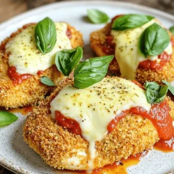 Für ein leckeres Baked Chicken Parmesan benötigst du: - 4 Hähnchenbrustfilets (entbeint und ohne Haut) - 1 Tasse Paniermehl (Vollkorn ist besser) - ½ Tasse geriebener Parmesan - 1 Tasse Marinara-Sauce (selbstgemacht oder gekauft) - 1 Teelöffel italienische Gewürzmischung - 2 Teelöffel Knoblauchpulver - 1 Teelöffel Zwiebelpulver - 2 Eier - 2 Esslöffel Olivenöl - 1 Tasse geriebener Mozzarella - Frisches Basilikum zur Dekoration (optional) - Salz und Pfeffer nach Geschmack Diese Zutaten machen das Gericht lecker und sättigend. Die Gewürze sind wichtig für den Geschmack. Die italienische Gewürzmischung bringt Aroma. Knoblauchpulver und Zwiebelpulver geben Tiefe. Salz und Pfeffer helfen, die Aromen hervorzuheben. Die Panade aus Paniermehl und Parmesan sorgt für einen knusprigen Überzug. Das ist der Schlüssel zu einer tollen Textur. Um dein Baked Chicken Parmesan zu ergänzen, empfehle ich frische Beilagen. Ein einfacher Gartensalat passt gut. Du kannst auch Spaghetti als Beilage servieren. Ein Spritzer zusätzlicher Marinara-Sauce macht das Gericht noch besser. Frisches Basilikum gibt eine schöne Note und sieht toll aus. Experimentiere mit deinen Lieblingsbeilagen! Zuerst heizen Sie den Ofen auf 200°C vor. Fetten Sie ein Backblech leicht mit Kochspray oder Olivenöl ein. Nehmen Sie die folgenden Zutaten: - 4 Hähnchenbrustfilets (entbeint und ohne Haut) - 1 Tasse Paniermehl (Vollkorn empfohlen) - ½ Tasse geriebener Parmesan - 1 Tasse Marinara-Sauce - 1 Teelöffel italienische Gewürzmischung - 2 Teelöffel Knoblauchpulver - 1 Teelöffel Zwiebelpulver - 2 Eier - 2 Esslöffel Olivenöl - 1 Tasse geriebener Mozzarella - Salz und Pfeffer Schlagen Sie die Eier in einer flachen Schüssel auf. Vermengen Sie das Paniermehl, den Parmesan, die Gewürze, Salz und Pfeffer in einer anderen Schüssel. Nehmen Sie ein Hähnchenbrustfilet. Tauchen Sie es zuerst in die Eier. Danach in die Paniermehlmischung. Drücken Sie die Panade sanft an, damit sie gut haftet. Legen Sie die panierten Filets auf das Backblech. Träufeln Sie Olivenöl über jedes Filet. Backen Sie die Hähnchenfilets für 25-30 Minuten. Das Hähnchen ist fertig, wenn es goldbraun ist und die Innentemperatur 74°C erreicht. Kurz bevor das Hähnchen fertig ist, nehmen Sie es aus dem Ofen. Löffeln Sie Marinara-Sauce auf jedes Filet und streuen Sie Mozzarella darüber. Geben Sie das Blech zurück in den Ofen. Backen Sie für weitere 5-7 Minuten, bis der Käse geschmolzen ist. Lassen Sie das Hähnchen einige Minuten ruhen, bevor Sie es servieren. Der erste Fehler, den viele machen, ist, das Hähnchen nicht richtig zu panieren. Achte darauf, das Hähnchen zuerst in die Ei-Mischung zu tauchen. Dann in die Panade drücken, damit sie gut haftet. Ein weiterer häufiger Fehler ist das Überbacken des Käses. Halte die Backzeit im Auge. Wenn der Käse blubbert, ist es Zeit, das Hähnchen herauszunehmen. Die Backzeit für Baked Chicken Parmesan liegt bei 25 bis 30 Minuten. Um sicherzustellen, dass das Hähnchen gut durchgegart ist, verwende ein Fleischthermometer. Die Innentemperatur sollte 74°C erreichen. Wenn du zu lange backst, wird das Hähnchen trocken. Ein kurzer Blick auf die Oberseite hilft. Sie sollte goldbraun und knusprig sein. Für eine großartige Marinara-Sauce empfehle ich, frische Zutaten zu verwenden. Du kannst Tomaten, Zwiebeln und Knoblauch nutzen. Koche sie zusammen mit etwas Olivenöl und italienischen Kräutern. Wenn du es einfach magst, kaufe eine gute Qualität im Geschäft. Achte darauf, dass sie keinen Zucker enthält. Ein bisschen frisches Basilikum macht die Sauce noch besser. {{image_4}} Für einen neuen Geschmack kannst du verschiedene Käsesorten ausprobieren. Statt nur Mozzarella kannst du auch Gouda oder Provolone verwenden. Diese Käsesorten schmelzen gut und geben dem Gericht einen anderen Charakter. Mixe auch Parmesan mit einem Hauch von Feta für einen salzigen Kick. Das macht dein Baked Chicken Parmesan noch interessanter! Füge Gemüse hinzu, um das Gericht nahrhafter zu machen. Spinat oder Zucchini sind großartige Optionen. Du kannst das Gemüse einfach kurz dünsten und dann auf das Hähnchen legen, bevor du den Käse hinzufügst. So bekommst du mehr Vitamine und einen leckeren Geschmack. Auch Paprika oder Champignons passen gut dazu und bringen Farbe auf den Teller. Wenn du auf Gluten verzichten möchtest, gibt es einfache Alternativen. Verwende Mandelmehl oder Kichererbsenmehl für die Panade. Diese Mehle geben deinem Hähnchen eine tolle Textur. Achte darauf, dass die Marinara-Sauce auch glutenfrei ist. So bleibt dein Baked Chicken Parmesan nicht nur lecker, sondern auch gesund und bekömmlich. Es ist wichtig, Reste richtig zu lagern. Lassen Sie das Hähnchen zuerst auf Raumtemperatur abkühlen. Legen Sie dann die Stücke in einen luftdichten Behälter. Achten Sie darauf, dass die Marinara-Sauce nicht zu viel Feuchtigkeit entzieht. Sie können auch Frischhaltefolie verwenden, um das Hähnchen gut abzudecken. So bleibt es frisch und lecker. Um das Baked Chicken Parmesan aufzuwärmen, nutzen Sie den Ofen. Legen Sie die Reste auf ein Backblech. Decken Sie es mit Alufolie ab, um das Austrocknen zu vermeiden. Heizen Sie den Ofen auf 180°C vor und backen Sie das Hähnchen für etwa 15 Minuten. So bleibt es knusprig und saftig. Sie können auch die Mikrowelle nutzen, aber das kann die Kruste weich machen. Servieren Sie das Hähnchen am besten mit frischer Marinara-Sauce und Basilikum. Im Kühlschrank hält sich das Baked Chicken Parmesan etwa 3 bis 4 Tage. Wenn Sie es länger aufbewahren möchten, frieren Sie es ein. In einem luftdichten Behälter kann es bis zu 3 Monate im Gefrierschrank bleiben. Denken Sie daran, das Hähnchen vor dem Einfrieren gut zu verpacken. So vermeiden Sie Gefrierbrand und erhalten den Geschmack. Die Zubereitung von Baked Chicken Parmesan dauert insgesamt etwa 45 Minuten. Die aktive Zeit beträgt etwa 15 Minuten. Das Backen im Ofen dauert 25 bis 30 Minuten. In dieser Zeit können Sie die Marinara-Sauce vorbereiten oder einen Salat machen. Planen Sie also etwas Zeit für die Beilagen ein. Ja, Sie können auch andere Fleischsorten verwenden. Putenbrust eignet sich gut als Ersatz. Sie können auch Schweinefleisch verwenden, aber denken Sie daran, die Garzeit anzupassen. Achten Sie darauf, dass das Fleisch gut durchgegart ist. So bleibt Ihr Gericht sicher und gesund. Ja, Sie können Baked Chicken Parmesan im Airfryer zubereiten. Stellen Sie die Temperatur auf 180°C ein. Backen Sie das Hähnchen etwa 15 bis 20 Minuten lang. Überprüfen Sie die Innentemperatur, um sicherzustellen, dass es gut durch ist. Es wird schön knusprig und lecker. In diesem Artikel haben wir die Zutaten für Baked Chicken Parmesan sowie die Zubereitungsschritte besprochen. Wir haben Tipps gegeben, um häufige Fehler zu vermeiden und die besten Variationen zu entdecken. Du kannst auch erfahren, wie du Reste richtig lagerst. Denke daran, die Marinara-Sauce sorgfältig zu wählen. Mit diesen einfacher Tipps erhältst du ein leckeres Gericht. Experimentiere mit verschiedenen Zutaten und finde deinen persönlichen Favoriten. Guten Appetit!