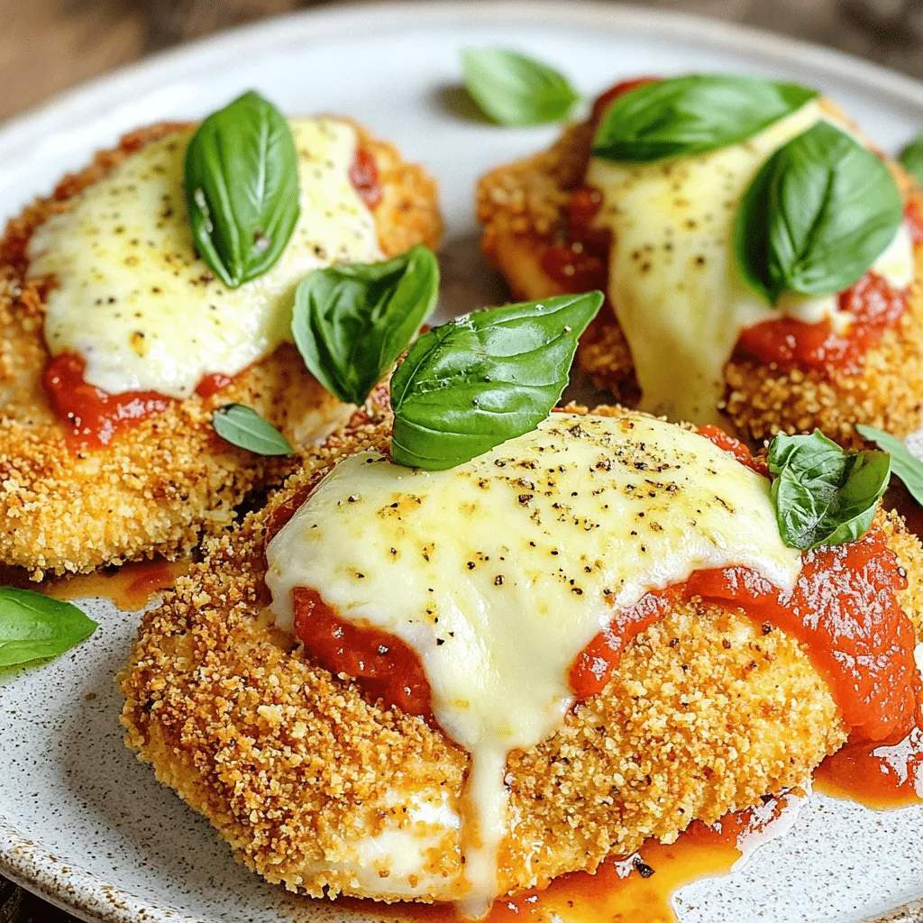Für ein leckeres Baked Chicken Parmesan benötigst du: - 4 Hähnchenbrustfilets (entbeint und ohne Haut) - 1 Tasse Paniermehl (Vollkorn ist besser) - ½ Tasse geriebener Parmesan - 1 Tasse Marinara-Sauce (selbstgemacht oder gekauft) - 1 Teelöffel italienische Gewürzmischung - 2 Teelöffel Knoblauchpulver - 1 Teelöffel Zwiebelpulver - 2 Eier - 2 Esslöffel Olivenöl - 1 Tasse geriebener Mozzarella - Frisches Basilikum zur Dekoration (optional) - Salz und Pfeffer nach Geschmack Diese Zutaten machen das Gericht lecker und sättigend. Die Gewürze sind wichtig für den Geschmack. Die italienische Gewürzmischung bringt Aroma. Knoblauchpulver und Zwiebelpulver geben Tiefe. Salz und Pfeffer helfen, die Aromen hervorzuheben. Die Panade aus Paniermehl und Parmesan sorgt für einen knusprigen Überzug. Das ist der Schlüssel zu einer tollen Textur. Um dein Baked Chicken Parmesan zu ergänzen, empfehle ich frische Beilagen. Ein einfacher Gartensalat passt gut. Du kannst auch Spaghetti als Beilage servieren. Ein Spritzer zusätzlicher Marinara-Sauce macht das Gericht noch besser. Frisches Basilikum gibt eine schöne Note und sieht toll aus. Experimentiere mit deinen Lieblingsbeilagen! Zuerst heizen Sie den Ofen auf 200°C vor. Fetten Sie ein Backblech leicht mit Kochspray oder Olivenöl ein. Nehmen Sie die folgenden Zutaten: - 4 Hähnchenbrustfilets (entbeint und ohne Haut) - 1 Tasse Paniermehl (Vollkorn empfohlen) - ½ Tasse geriebener Parmesan - 1 Tasse Marinara-Sauce - 1 Teelöffel italienische Gewürzmischung - 2 Teelöffel Knoblauchpulver - 1 Teelöffel Zwiebelpulver - 2 Eier - 2 Esslöffel Olivenöl - 1 Tasse geriebener Mozzarella - Salz und Pfeffer Schlagen Sie die Eier in einer flachen Schüssel auf. Vermengen Sie das Paniermehl, den Parmesan, die Gewürze, Salz und Pfeffer in einer anderen Schüssel. Nehmen Sie ein Hähnchenbrustfilet. Tauchen Sie es zuerst in die Eier. Danach in die Paniermehlmischung. Drücken Sie die Panade sanft an, damit sie gut haftet. Legen Sie die panierten Filets auf das Backblech. Träufeln Sie Olivenöl über jedes Filet. Backen Sie die Hähnchenfilets für 25-30 Minuten. Das Hähnchen ist fertig, wenn es goldbraun ist und die Innentemperatur 74°C erreicht. Kurz bevor das Hähnchen fertig ist, nehmen Sie es aus dem Ofen. Löffeln Sie Marinara-Sauce auf jedes Filet und streuen Sie Mozzarella darüber. Geben Sie das Blech zurück in den Ofen. Backen Sie für weitere 5-7 Minuten, bis der Käse geschmolzen ist. Lassen Sie das Hähnchen einige Minuten ruhen, bevor Sie es servieren. Der erste Fehler, den viele machen, ist, das Hähnchen nicht richtig zu panieren. Achte darauf, das Hähnchen zuerst in die Ei-Mischung zu tauchen. Dann in die Panade drücken, damit sie gut haftet. Ein weiterer häufiger Fehler ist das Überbacken des Käses. Halte die Backzeit im Auge. Wenn der Käse blubbert, ist es Zeit, das Hähnchen herauszunehmen. Die Backzeit für Baked Chicken Parmesan liegt bei 25 bis 30 Minuten. Um sicherzustellen, dass das Hähnchen gut durchgegart ist, verwende ein Fleischthermometer. Die Innentemperatur sollte 74°C erreichen. Wenn du zu lange backst, wird das Hähnchen trocken. Ein kurzer Blick auf die Oberseite hilft. Sie sollte goldbraun und knusprig sein. Für eine großartige Marinara-Sauce empfehle ich, frische Zutaten zu verwenden. Du kannst Tomaten, Zwiebeln und Knoblauch nutzen. Koche sie zusammen mit etwas Olivenöl und italienischen Kräutern. Wenn du es einfach magst, kaufe eine gute Qualität im Geschäft. Achte darauf, dass sie keinen Zucker enthält. Ein bisschen frisches Basilikum macht die Sauce noch besser. {{image_4}} Für einen neuen Geschmack kannst du verschiedene Käsesorten ausprobieren. Statt nur Mozzarella kannst du auch Gouda oder Provolone verwenden. Diese Käsesorten schmelzen gut und geben dem Gericht einen anderen Charakter. Mixe auch Parmesan mit einem Hauch von Feta für einen salzigen Kick. Das macht dein Baked Chicken Parmesan noch interessanter! Füge Gemüse hinzu, um das Gericht nahrhafter zu machen. Spinat oder Zucchini sind großartige Optionen. Du kannst das Gemüse einfach kurz dünsten und dann auf das Hähnchen legen, bevor du den Käse hinzufügst. So bekommst du mehr Vitamine und einen leckeren Geschmack. Auch Paprika oder Champignons passen gut dazu und bringen Farbe auf den Teller. Wenn du auf Gluten verzichten möchtest, gibt es einfache Alternativen. Verwende Mandelmehl oder Kichererbsenmehl für die Panade. Diese Mehle geben deinem Hähnchen eine tolle Textur. Achte darauf, dass die Marinara-Sauce auch glutenfrei ist. So bleibt dein Baked Chicken Parmesan nicht nur lecker, sondern auch gesund und bekömmlich. Es ist wichtig, Reste richtig zu lagern. Lassen Sie das Hähnchen zuerst auf Raumtemperatur abkühlen. Legen Sie dann die Stücke in einen luftdichten Behälter. Achten Sie darauf, dass die Marinara-Sauce nicht zu viel Feuchtigkeit entzieht. Sie können auch Frischhaltefolie verwenden, um das Hähnchen gut abzudecken. So bleibt es frisch und lecker. Um das Baked Chicken Parmesan aufzuwärmen, nutzen Sie den Ofen. Legen Sie die Reste auf ein Backblech. Decken Sie es mit Alufolie ab, um das Austrocknen zu vermeiden. Heizen Sie den Ofen auf 180°C vor und backen Sie das Hähnchen für etwa 15 Minuten. So bleibt es knusprig und saftig. Sie können auch die Mikrowelle nutzen, aber das kann die Kruste weich machen. Servieren Sie das Hähnchen am besten mit frischer Marinara-Sauce und Basilikum. Im Kühlschrank hält sich das Baked Chicken Parmesan etwa 3 bis 4 Tage. Wenn Sie es länger aufbewahren möchten, frieren Sie es ein. In einem luftdichten Behälter kann es bis zu 3 Monate im Gefrierschrank bleiben. Denken Sie daran, das Hähnchen vor dem Einfrieren gut zu verpacken. So vermeiden Sie Gefrierbrand und erhalten den Geschmack. Die Zubereitung von Baked Chicken Parmesan dauert insgesamt etwa 45 Minuten. Die aktive Zeit beträgt etwa 15 Minuten. Das Backen im Ofen dauert 25 bis 30 Minuten. In dieser Zeit können Sie die Marinara-Sauce vorbereiten oder einen Salat machen. Planen Sie also etwas Zeit für die Beilagen ein. Ja, Sie können auch andere Fleischsorten verwenden. Putenbrust eignet sich gut als Ersatz. Sie können auch Schweinefleisch verwenden, aber denken Sie daran, die Garzeit anzupassen. Achten Sie darauf, dass das Fleisch gut durchgegart ist. So bleibt Ihr Gericht sicher und gesund. Ja, Sie können Baked Chicken Parmesan im Airfryer zubereiten. Stellen Sie die Temperatur auf 180°C ein. Backen Sie das Hähnchen etwa 15 bis 20 Minuten lang. Überprüfen Sie die Innentemperatur, um sicherzustellen, dass es gut durch ist. Es wird schön knusprig und lecker. In diesem Artikel haben wir die Zutaten für Baked Chicken Parmesan sowie die Zubereitungsschritte besprochen. Wir haben Tipps gegeben, um häufige Fehler zu vermeiden und die besten Variationen zu entdecken. Du kannst auch erfahren, wie du Reste richtig lagerst. Denke daran, die Marinara-Sauce sorgfältig zu wählen. Mit diesen einfacher Tipps erhältst du ein leckeres Gericht. Experimentiere mit verschiedenen Zutaten und finde deinen persönlichen Favoriten. Guten Appetit!