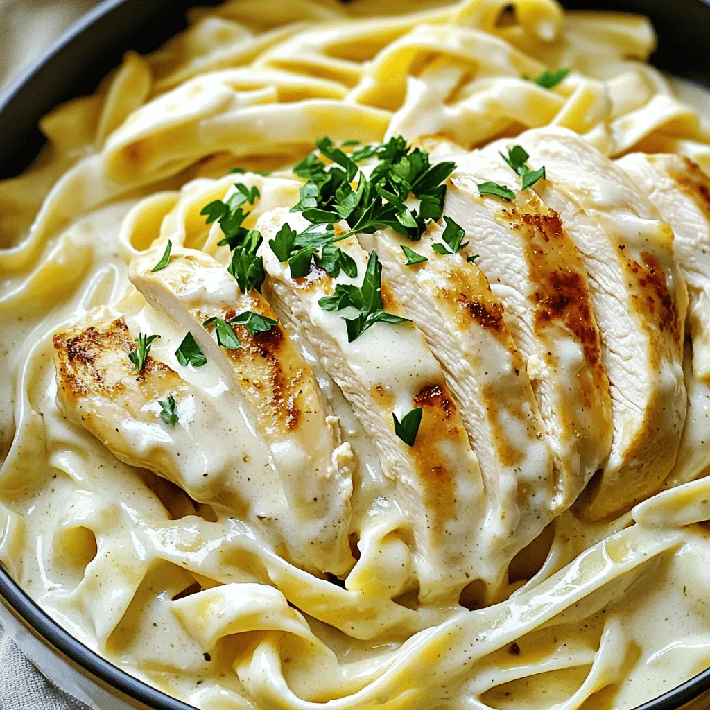 - 2 Hähnchenbrustfilets, ohne Haut und Knochen - 225 g Fettuccine-Pasta - 240 ml Schlagsahne Die Hauptzutaten machen dieses Rezept einfach und lecker. Hähnchenbrustfilets sind mager und zart. Sie bieten eine gute Proteinquelle. Fettuccine-Pasta hat die perfekte Form, um die Sauce aufzunehmen. Schlagsahne gibt der Sauce die cremige Textur, die wir lieben. - 1 Teelöffel italienische Gewürzmischung - 100 g frisch geriebener Parmesan - Frische Petersilie, gehackt (zum Garnieren) Die Gewürze sind wichtig für den Geschmack. Italienische Gewürzmischung bringt die Aromen zusammen. Parmesan fügt eine salzige Note hinzu und macht die Sauce reichhaltig. Die frische Petersilie sorgt für Farbe und Frische. Sie macht das Gericht noch ansprechender. Um die Fettuccine richtig zu kochen, bringe einen großen Topf mit leicht gesalzenem Wasser zum Kochen. Gib die Fettuccine hinein und koche sie gemäß den Anweisungen auf der Verpackung. Achte darauf, dass die Pasta al dente bleibt. Nach dem Kochen, gieße die Nudeln in ein Sieb ab. Vergiss nicht, etwas Nudelwasser aufzuheben. Dieses Wasser hilft später, die Sauce zu verdünnen. Würze die Hähnchenbrustfilets mit Salz und frisch gemahlenem Pfeffer. Erhitze zwei Esslöffel Olivenöl in einer großen Pfanne bei mittlerer Hitze. Lege die Hähnchenfilets in die Pfanne und brate sie etwa 6 bis 7 Minuten pro Seite. Das Hähnchen ist fertig, wenn es durchgegart ist und kein rosa Fleisch mehr zu sehen ist. Nach dem Braten, nimm das Hähnchen aus der Pfanne und lass es kurz ruhen. Danach kannst du es in Scheiben schneiden. In der gleichen Pfanne, in der du das Hähnchen gebraten hast, fügst du den fein gehackten Knoblauch hinzu. Brate den Knoblauch für 1 bis 2 Minuten, bis er aromatisch ist. Achte darauf, dass er nicht anbrennt. Gieße dann die Schlagsahne in die Pfanne. Rühre um, bis sich der Knoblauch gut verteilt hat. Lass die Mischung sanft köcheln. Füge nach und nach den frisch geriebenen Parmesan und die italienische Gewürzmischung hinzu. Rühre ständig, bis die Sauce schön cremig ist. Ist die Sauce zu dick, kannst du einen Schuss des reservierten Nudelwassers hinzufügen. Schneide das gekochte Hähnchen in Scheiben und gib es zusammen mit den Fettuccine zurück in die Pfanne. Vermenge alles gut, sodass die Pasta und das Hähnchen gleichmäßig mit der Sauce überzogen sind. Schmecke alles ab und füge bei Bedarf mehr Salz und Pfeffer hinzu. - Verwendung von Nudelwasser: Bewahren Sie etwas Nudelwasser auf, bevor Sie die Pasta abgießen. Dieses Wasser enthält Stärke, die hilft, die Sauce zu binden. Fügen Sie nach Bedarf einen Schuss Nudelwasser hinzu, um die gewünschte Konsistenz zu erreichen. - Anpassung der Cremigkeit: Wenn die Sauce zu dick ist, fügen Sie einfach mehr Nudelwasser oder Sahne hinzu. Mögen Sie es cremiger? Dann erhöhen Sie die Menge an Schlagsahne. - Salz- und Pfeffer-Tipps: Würzen Sie das Hähnchen großzügig mit Salz und frisch gemahlenem Pfeffer. Dies bringt den Geschmack des Hähnchens hervor. Achten Sie darauf, dass Sie beide Seiten gut würzen. - Weitere Gewürzoptionen: Sie können auch andere Gewürze ausprobieren. Paprika oder Knoblauchpulver verleihen dem Hähnchen einen zusätzlichen Kick. Experimentieren Sie mit Ihrer Lieblingsmischung. - Garnierung mit Petersilie: Das Gericht sieht frisch aus, wenn Sie es mit gehackter Petersilie garnieren. Es sorgt auch für einen schönen Farbkontrast. - Servierempfehlungen für Beilagen: Servieren Sie dazu einen leichten Salat oder gedünstetes Gemüse. Diese Beilagen ergänzen das cremige Gericht perfekt und bringen frische Aromen ins Spiel. {{image_4}} Eine großartige Methode, um dieses Gericht anzupassen, ist die Verwendung von Gemüse oder Tofu. Sie können Zucchini, Paprika oder Brokkoli wählen. Diese Optionen bringen Farbe und einen frischen Geschmack in die Mahlzeit. Wenn Sie Tofu verwenden, schneiden Sie ihn in kleine Würfel. Braten Sie ihn goldbraun, bevor Sie ihn zur Sauce hinzufügen. Für eine vegane Sauce können Sie die Schlagsahne durch Kokosmilch ersetzen. Das gibt eine cremige Textur. Verwenden Sie eine Mischung aus Nussmilch und Hefeflocken für einen käsigen Geschmack. So bleibt Ihr Gericht vegan, aber dennoch lecker. Wollen Sie mehr Geschmack? Fügen Sie Pilze oder Spinat hinzu. Champignons harmonieren gut mit der cremigen Sauce. Braten Sie sie einfach zusammen mit dem Knoblauch an. Spinat gibt eine schöne grüne Farbe und ist sehr gesund. Fügen Sie ihn am Ende der Kochzeit hinzu, damit er nicht zerkocht. Eine weitere Möglichkeit ist, andere Käsesorten zu verwenden. Pecorino oder Gouda können schöne Variationen schaffen. Sie bringen unterschiedliche Aromen, die das Gericht spannend machen. Alfredo-Rezepte variieren stark in verschiedenen Regionen. In Italien ist es üblich, mehr frische Kräuter zu verwenden. Basilikum und Oregano bringen einen tollen Geschmack. In den USA sind die Rezepte oft reichhaltiger und cremiger. Lassen Sie sich von der italienischen Küche inspirieren. Versuchen Sie, Oliven oder getrocknete Tomaten hinzuzufügen. Diese Zutaten geben dem Gericht eine mediterrane Note. Wenn Sie Reste von Ihrem cremigen Knoblauch-Hähnchen Alfredo haben, bewahren Sie sie gut auf. Lagern Sie die Sauce und die Pasta in einem luftdichten Behälter. Stellen Sie sicher, dass die Mischung abgekühlt ist, bevor Sie sie in den Kühlschrank stellen. So bleibt der Geschmack frisch. Verwenden Sie die Reste innerhalb von drei Tagen, um die beste Qualität zu sichern. Um Ihre Alfredo-Sauce richtig aufzuwärmen, verwenden Sie eine Pfanne bei niedriger Hitze. Fügen Sie einen kleinen Schuss Milch oder Nudelwasser hinzu, um die Sauce cremig zu halten. Rühren Sie oft, damit nichts anbrennt. Sie können auch die Mikrowelle nutzen, aber achten Sie darauf, die Mischung in kurzen Intervallen zu erhitzen. So vermeiden Sie, dass die Sauce austrocknet. Die Reste von cremigem Knoblauch-Hähnchen Alfredo sollten innerhalb von drei Tagen gegessen werden. Achten Sie auf Anzeichen von Verderb, wie einen sauren Geruch oder eine veränderte Farbe. Wenn etwas seltsam aussieht oder riecht, werfen Sie es weg. Sicherheit geht vor, besonders bei Milchprodukten! Die Zubereitung dauert insgesamt 30 Minuten. In nur 10 Minuten bereiten Sie alles vor. Dann benötigen Sie 20 Minuten zum Kochen und Braten. Dies ist schnell und einfach, perfekt für ein schnelles Abendessen. Ja, Sie können das Rezept im Voraus machen. Kochen Sie die Pasta und das Hähnchen. Lagern Sie beides getrennt in einem luftdichten Behälter. Stellen Sie die Sauce ebenfalls bereit. Sie können alles zusammen in 15 Minuten aufwärmen. Die Sauce hat einige gute Nährstoffe. Sie enthält Kalzium durch den Parmesan. Schlagsahne fügt gesunde Fette hinzu, aber auch viele Kalorien. Eine Portion hat etwa 500 Kalorien. Genießen Sie sie in Maßen! Gute Beilagen sind grüne Salate oder gedämpftes Gemüse. Sie bringen Frische und Farbe auf den Tisch. Knoblauchbrot passt auch hervorragend dazu. Es ergänzt den Geschmack der Sauce. Wir haben über die leckeren Zutaten für cremiges Knoblauch-Hähnchen Alfredo gesprochen. Die Hauptzutaten wie Hähnchen, Fettuccine und Schlagsahne sind wichtig. Die detaillierte Schritt-für-Schritt-Anleitung zeigt, wie du die Pasta und das Hähnchen richtig zubereitest. Tipps helfen dir, eine perfekte Sauce zu machen. Vergiss nicht, die Reste richtig aufzubewahren! Experimentiere mit Variationen und finde deine Lieblingsversion. Mit diesen Tipps kannst du sicherstellen, dass dein Gericht immer gut gelingt. Viel Spaß beim Kochen und Genießen!