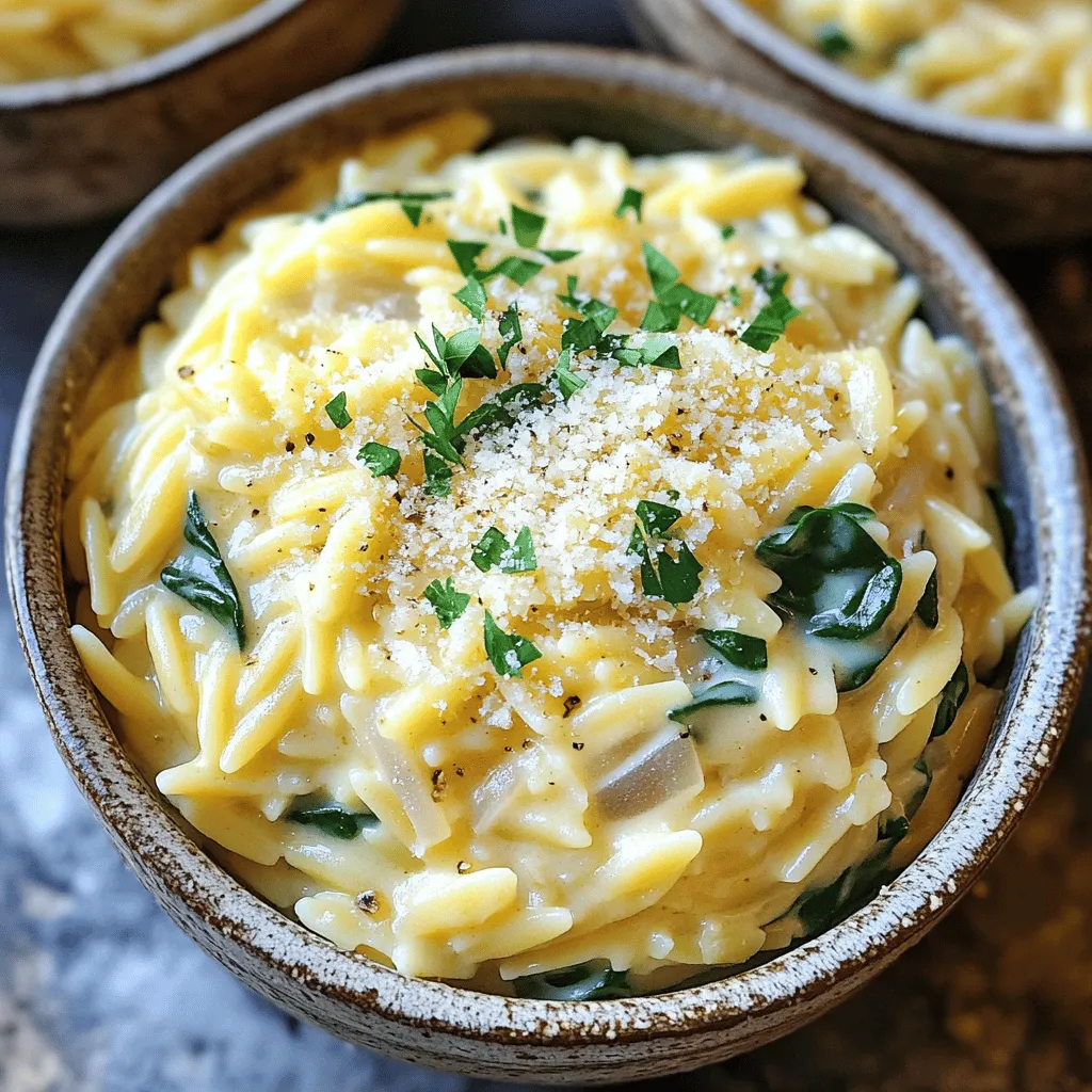- 1 Tasse Orzo-Nudeln - 4 Tassen Gemüsebrühe - 1 Tasse Sahne Die Hauptzutaten sind einfach und leicht zu finden. Orzo-Nudeln sind kleine, reisartige Teigwaren. Sie nehmen den Geschmack gut auf und sind perfekt für dieses Gericht. Gemüsebrühe gibt dem Orzo Tiefe und Geschmack. Die Sahne sorgt für die cremige Textur, die wir lieben. - 4 Knoblauchzehen, fein gehackt - 1 kleine Zwiebel, fein gewürfelt - 1 Tasse frisch geriebener Parmesan - 1 Tasse Spinat, grob gehackt - Salz und Pfeffer nach Geschmack Knoblauch und Zwiebel bringen ein tolles Aroma. Diese beiden Zutaten machen das Gericht lebendig. Parmesan fügt einen reichen, salzigen Geschmack hinzu. Spinat gibt dem Gericht Farbe und Nährstoffe. Vergessen Sie nicht, mit Salz und Pfeffer abzuschmecken. Sie helfen, die Aromen zu heben. - Frische Petersilie, gehackt Am Ende garniere ich das Gericht mit frischer Petersilie. Sie bringt Frische und sieht hübsch aus. Ein kleiner Hauch von Petersilie macht das Gericht noch einladender. - Erhitze zwei Esslöffel Olivenöl in einem großen Topf bei mittlerer Hitze. - Gib die fein gewürfelte Zwiebel hinein. Dünste sie, bis sie glasig ist, etwa 3-4 Minuten. - Füge die vier gehackten Knoblauchzehen hinzu und brate sie für eine weitere Minute. Der Duft wird köstlich sein. - Gib eine Tasse Orzo-Nudeln in die Mischung. - Rühre um und brate die Nudeln kurz an, etwa 2-3 Minuten. So erhalten sie einen nussigen Geschmack. - Fülle vier Tassen Gemüsebrühe in den Topf. - Bringe die Mischung zum Kochen. Reduziere dann die Hitze und lasse alles abgedeckt köcheln. - Nach etwa 10 Minuten sollten die Nudeln al dente sein und die Brühe größtenteils absorbiert sein. - Rühre eine Tasse Sahne in den Topf. - Lasse die Mischung für weitere 2-3 Minuten köcheln, bis sie eindickt. - Füge dann eine Tasse frisch geriebenen Parmesan und eine Tasse grob gehackten Spinat hinzu. Rühre gut um, bis der Käse schmilzt und der Spinat verwelkt. - Schmecke das Gericht mit Salz und Pfeffer ab. - Nimm den Topf vom Herd und lasse das Gericht ein paar Minuten ruhen. So kann es weiter eindicken und die Aromen verbinden sich. Um die perfekte Konsistenz für Orzo zu erreichen, kochen Sie ihn al dente. Das bedeutet, dass der Orzo weich ist, aber noch einen kleinen Biss hat. Dies verhindert, dass er matschig wird. Starten Sie mit der in dem Rezept angegebenen Kochzeit und testen Sie den Orzo gegen Ende der Garzeit. Sie können die Brühe nach Bedarf anpassen. Wenn der Orzo zu trocken erscheint, fügen Sie einfach mehr Brühe oder Wasser hinzu. Käse gibt dem Gericht seinen köstlichen Geschmack. Sie können verschiedene Käsesorten verwenden, um neue Aromen zu erleben. Versuchen Sie Mozzarella für eine cremige Textur oder Feta für einen salzigen Kick. Vegane Alternativen sind auch möglich! Nutzen Sie Nusskäse oder Hefeflocken für einen ähnlichen Geschmack ohne Milchprodukte. Seien Sie kreativ mit zusätzlichen Gewürzen und Aromen! Fügen Sie eine Prise Paprika oder Chili hinzu, um etwas Schärfe zu erzeugen. Kräuter wie Thymian oder Oregano bringen frische Noten ins Gericht. Sie können auch Gemüse oder Protein hinzufügen. Brokkoli, Erbsen oder Hähnchen passen hervorragend dazu und machen das Gericht noch nahrhafter. {{image_4}} Um eine vegetarische Version von One-Pot Creamy Garlic Parmesan Orzo zu machen, integrieren Sie mehr Gemüse. Sie können zum Beispiel Brokkoli, Paprika oder Erbsen verwenden. Diese Zutaten bringen Farbe und Nährstoffe. Verwenden Sie auch Gemüsebrühe anstelle von Hühnerbrühe. Das gibt dem Gericht einen tollen Geschmack und bleibt dabei vegetarisch. Wenn Sie mehr Protein möchten, fügen Sie Hähnchen oder Garnelen hinzu. Braten Sie das Fleisch zuerst an, bevor Sie die Zwiebel und den Knoblauch hinzufügen. Alternativ können Sie auch vegetarische Proteinalternativen wie Kichererbsen oder Tofu verwenden. Diese Optionen sind lecker und machen das Gericht sättigender. Nutzen Sie frische Zutaten je nach Saison. Im Frühling können Sie Spargel oder Erbsen verwenden. Im Herbst sind Kürbis und Pilze großartig. Saisonale Kräuter wie Thymian oder Basilikum geben zusätzlichen Geschmack. Sie fügen nicht nur Aroma hinzu, sondern auch einen frischen Touch. - Kühlschranklagerung: Bewahren Sie den Orzo in einem luftdichten Behälter auf. So bleibt er frisch. Im Kühlschrank hält sich das Gericht bis zu vier Tage. Achten Sie darauf, die Reste gut abzukühlen, bevor Sie sie lagern. - Einfrieren für längere Haltbarkeit: Wenn Sie mehr Orzo machen, können Sie einen Teil einfrieren. Füllen Sie den Orzo in einen gefrierfesten Behälter. So bleibt er bis zu drei Monate haltbar. Achten Sie darauf, die Portionen gut zu kennzeichnen. - Tipps zum Erwärmen der Reste: Nehmen Sie den Orzo aus dem Kühlschrank. Fügen Sie einen Schuss Brühe oder Wasser hinzu, um ihn feucht zu halten. So wird er beim Erwärmen nicht trocken. - Mikrowelle vs. Herd: Die Mikrowelle ist schnell, aber der Herd gibt Ihnen mehr Kontrolle. Erwärmen Sie den Orzo auf mittlerer Hitze. Rühren Sie regelmäßig um, bis die gewünschte Temperatur erreicht ist. - Hinweise zur Frische und Haltbarkeit: Achten Sie darauf, wie der Orzo aussieht und riecht. Wenn er unappetitlich aussieht oder schlecht riecht, sollten Sie ihn nicht essen. - Anzeichen für Verderb: Schleimige Textur oder ein unangenehmer Geruch sind klare Zeichen, dass der Orzo nicht mehr gut ist. Entsorgen Sie ihn in diesem Fall. Der Orzo bleibt im Kühlschrank etwa 3 bis 4 Tage frisch. Bewahre ihn in einem luftdichten Behälter auf. So bleibt der Geschmack besser erhalten. Vor dem Essen solltest du ihn gut durchwärmen. Ja, du kannst frische Zutaten verwenden. Frisches Gemüse wie Zucchini oder Paprika passen gut. Auch frische Kräuter wie Basilikum oder Thymian bringen tollen Geschmack. Achte darauf, sie zum Schluss hinzuzufügen, damit sie knackig bleiben. Es gibt viele Alternativen zur Sahne. Du kannst Milch oder pflanzliche Milchprodukte wie Mandel- oder Hafermilch nutzen. Für eine vegane Option verwende Kokosmilch. Alle diese Optionen sorgen für einen cremigen Geschmack. Dieser cremige Orzo passt gut zu vielen Beilagen. Ein einfacher grüner Salat ist eine gute Wahl. Auch gegrilltes Gemüse oder knuspriges Brot ergänzen das Gericht perfekt. Um das Gericht perfekt zuzubereiten, starten Sie mit Zwiebeln und Knoblauch. Rösten Sie die Orzo-Nudeln und fügen Sie Gemüsebrühe hinzu. Die Sahne und der Parmesan geben dem Gericht den kremigen Geschmack. Experimentieren Sie mit verschiedenen Käsesorten und Gemüse für noch mehr Abwechslung. Lagern Sie Resten gut, um sicherzustellen, dass sie frisch bleiben. Mit diesen Tipps wird Ihr Orzo-Gericht immer ein Hit sein. Nutzen Sie die Ideen aus der Anleitung und genießen Sie Ihre köstlichen Kreationen!