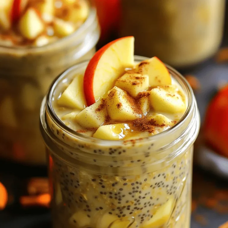 Für das Rezept brauchst du einige einfache Zutaten. Diese sind: - 1 Tasse Haferflocken (gerollt) - 1 Tasse ungesüßte Mandelmilch (oder eine Milch deiner Wahl) - 1 mittelgroßer Apfel, gewürfelt - 1 Teelöffel gemahlener Zimt - 2 Esslöffel Ahornsirup (oder Honig) - 1 Esslöffel Chiasamen - 1/4 Teelöffel Vanilleextrakt - Eine Prise Salz Diese Zutaten machen deine Haferflocken cremig und lecker. Die Haferflocken geben dir Energie. Der Apfel sorgt für Süße und Frische. Zimt bringt einen tollen Geschmack. Zusätzlich kannst du deine Overnight Oats mit Toppings aufpeppen. Hier sind ein paar Ideen: - Gehackte Walnüsse: Sie fügen Crunch hinzu und sind reich an Omega-3-Fettsäuren. - In Scheiben geschnittene Banane: Sie geben mehr Süße und sind voller Vitamine. - Zusätzliche Apfelscheiben: Sie verstärken den Apfelgeschmack und machen das Gericht frischer. - Ein Klecks Joghurt: Er macht die Mischung cremiger und fügt Probiotika hinzu. Diese Toppings machen dein Frühstück nicht nur lecker, sondern auch nährstoffreicher. Wenn du eine pflanzliche Milch verwenden möchtest, gibt es viele Optionen. Hier sind einige, die gut passen: - Hafermilch: Sie hat einen milden Geschmack und ist sehr cremig. - Sojamilch: Sie hat mehr Protein und ist sehr nahrhaft. - Kokosmilch: Sie gibt einen tropischen Geschmack und macht die Mischung reichhaltig. Wähle die Milch, die dir am besten schmeckt. Jede Option bringt ihre eigenen Vorteile. Um die Haferflockenbasis zuzubereiten, nimm eine mittelgroße Schüssel. Füge eine Tasse Haferflocken und eine Tasse ungesüßte Mandelmilch hinzu. Schneide einen mittelgroßen Apfel in kleine Stücke und gib ihn in die Schüssel. Jetzt kommt der Zimt. Ein Teelöffel gemahlener Zimt sorgt für den besonderen Geschmack. Jetzt ist es Zeit, alles gut zu vermischen. Rühre die Mischung mit einem Löffel, bis alles gleichmäßig verteilt ist. Die Chiasamen werden jetzt hinzugefügt. Sie sind wichtig, weil sie die Flüssigkeit aufnehmen. Ein Esslöffel Chiasamen sorgt für eine cremige Konsistenz. Vergiss nicht, eine Prise Salz und zwei Esslöffel Ahornsirup für die Süße hinzuzufügen. Ein kleiner Schuss Vanilleextrakt rundet das Ganze ab. Teile die Mischung in zwei Gläser oder Behälter auf. Verschließe sie gut. Stelle die Gläser in den Kühlschrank. Lass die Haferflocken über Nacht kühlen. So können sich die Aromen entfalten. Wenn du morgens die Haferflocken herausnimmst, rühre sie gut um. Sind sie zu dick? Füge einfach einen Schuss Mandelmilch hinzu. Du wirst sehen, wie lecker und cremig sie werden! Um Zeit zu sparen, bereiten Sie die Haferflocken am Abend vor. Messen Sie die Zutaten ab und stellen Sie sie in einer Schüssel bereit. So haben Sie alles, was Sie brauchen, griffbereit. Das spart viel Zeit am Morgen. Wenn Sie mehrere Portionen machen, können Sie diese in Gläsern aufbewahren. So haben Sie ein schnelles Frühstück für die ganze Woche. Chiasamen sind kleine Kraftpakete. Sie sind reich an Ballaststoffen, Proteinen und Omega-3-Fettsäuren. Diese Samen quellen in Flüssigkeit und machen Ihre Overnight Oats cremiger. Sie helfen auch, den Hunger zu stillen. So bleiben Sie länger satt und zufrieden. Ein Esslöffel reicht für dieses Rezept aus, um die perfekte Konsistenz zu erreichen. Sie können das Grundrezept leicht anpassen. Fügen Sie andere Früchte hinzu, wie Bananen oder Beeren. Wenn Sie es süßer mögen, erhöhen Sie den Ahornsirup. Für einen schokoladigen Geschmack, fügen Sie Kakaopulver hinzu. Experimentieren Sie mit verschiedenen Toppings. Gehackte Nüsse oder Joghurt sorgen für zusätzlichen Geschmack und Textur. So bleibt Ihr Frühstück spannend und lecker. {{image_4}} Du kannst viele Früchte für deine Overnight Oats nutzen. Statt Äpfeln sind Bananen eine tolle Wahl. Sie bringen natürliche Süße und machen die Mischung cremig. Birnen sind eine weitere gute Option. Sie sind saftig und geben einen sanften Geschmack. Auch Beeren wie Himbeeren oder Heidelbeeren passen gut dazu. Sie sorgen für eine frische Note und schöne Farbe. Dieses Rezept ist leicht anpassbar für Veganer und Menschen mit Glutenunverträglichkeit. Verwende einfach Haferflocken, die als glutenfrei gekennzeichnet sind. Wähle pflanzliche Milch wie Soja- oder Hafermilch. Achte darauf, dass dein Ahornsirup oder Honig vegan ist. Diese kleinen Änderungen machen das Rezept für alle zugänglich. Du kannst auch Chiasamen weglassen oder durch Leinsamen ersetzen. Die Toppings bringen Spaß und Vielfalt. Probiere gehackte Nüsse wie Mandeln oder Pekannüsse. Sie geben einen schönen Crunch. Auch Samen wie Sonnenblumenkerne sind eine Option. Für etwas Süße kannst du Kokosraspeln oder getrocknete Früchte hinzufügen. Sei kreativ und mische verschiedene Toppings. So wird dein Frühstück nie langweilig! Um deine Cinnamon Apple Overnight Oats frisch zu halten, verwende luftdichte Behälter. Diese schützen das Porridge vor Luft und Feuchtigkeit. Achte darauf, die Gläser gut zu verschließen. Stelle sie dann in den Kühlschrank. So bleiben die Aromen frisch und die Konsistenz bleibt gut. Die Overnight Oats halten sich im Kühlschrank bis zu fünf Tage. Das macht sie perfekt für die Woche. Du kannst sie am Sonntag zubereiten und jeden Morgen genießen. Achte darauf, die Haferflocken gut umzurühren, bevor du sie isst. Das gibt dir die beste Textur und den besten Geschmack. Wenn du Reste hast, gibt es viele Möglichkeiten, diese zu verwenden. Du kannst die Haferflocken in Smoothies mischen. Sie geben deinem Getränk eine cremige Konsistenz und mehr Nährstoffe. Ebenso kannst du sie als Basis für Muffins verwenden. Das macht sie lecker und gesund. Sei kreativ und probiere verschiedene Variationen aus! Die Cinnamon Apple Overnight Oats halten sich gut bis zu fünf Tage im Kühlschrank. Stelle sicher, dass du sie in einem luftdichten Behälter aufbewahrst. So bleiben die Haferflocken frisch und die Aromen intensiv. Wenn du sie länger aufbewahren möchtest, friere die Mischung in Portionen ein. Das macht es einfach, ein schnelles Frühstück zu haben. Ja, du kannst die Haferflocken auch warm essen. Wenn du warme Overnight Oats bevorzugst, erhitze sie einfach in der Mikrowelle oder auf dem Herd. Füge ein wenig zusätzliche Milch hinzu, um die Konsistenz zu verbessern. Die Aromen von Zimt und Apfel kommen dann noch mehr zur Geltung. Zu diesem Rezept passen viele Nüsse gut. Ich empfehle: - Gehackte Walnüsse - Mandeln - Pecannüsse Diese Nüsse geben einen tollen Crunch und ergänzen den Geschmack der Äpfel und des Zimts. Sie sind auch eine gute Quelle für gesunde Fette und Proteine. Cinnamon Apple Overnight Oats bieten eine einfache und köstliche Frühstücksoption. Wir haben die Hauptzutaten und gesunde Toppings sowie pflanzliche Milchalternativen betrachtet. Die Schritt-für-Schritt-Anleitung hilft Ihnen bei der perfekten Zubereitung. Nutzen Sie die Tipps und Tricks, um Zeit zu sparen und verschiedene Geschmäcker zu testen. Variieren Sie die Früchte und probieren Sie kreative Toppings aus. Achten Sie auf die Lagerung, um die Haltbarkeit zu maximieren. So genießen Sie nahrhafte, leckere Overnight Oats jede Woche.