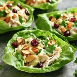 Für diese frischen Wraps benötigst du folgende Zutaten: - 2 Tassen gekochtes Hühnchen, zerkleinert - 1/2 Tasse getrocknete Cranberries, grob gehackt - 1/2 Tasse gehobelte Mandeln, geröstet - 1 kleine rote Zwiebel, fein gewürfelt - 1/4 Tasse griechischer Joghurt oder Mayonnaise - 1 Esslöffel Dijon-Senf - 1 Esslöffel Honig - 1 Esslöffel Zitronensaft - Salz und Pfeffer nach Geschmack - 8 große Salatblätter (z. B. Römersalat oder Butterkopfsalat) - Frische Petersilie zur Garnierung (optional) Diese Zutaten bringen frische Aromen und eine schöne Crunch-Textur. Das Hühnchen macht das Gericht sättigend, während die Cranberries eine süße Note beitragen. Die Mandeln fügen Knusprigkeit hinzu, und die Zwiebel bringt einen leichten Biss. Du kannst griechischen Joghurt oder Mayonnaise verwenden. Beide geben dem Gericht Cremigkeit. Joghurt macht die Wraps leichter und gesünder. Mayonnaise hingegen bietet einen reichhaltigeren Geschmack. Du kannst auch eine Mischung aus beiden verwenden, um das Beste aus beiden Welten zu bekommen. Wähle frische, knackige Blätter für deine Wraps. Römersalat oder Butterkopfsalat sind ideal. Achte darauf, dass die Blätter keine braunen Stellen haben. Sie sollten fest und grün sein. Frische Blätter geben deinem Wrap Struktur und machen das Essen einfacher. Wasche die Blätter gut und trockne sie vorsichtig ab, um die besten Ergebnisse zu erzielen. Zuerst nimmst du eine große Schüssel. Dort gibst du 2 Tassen gekochtes und zerkleinertes Hühnchen. Füge dann 1/2 Tasse grob gehackte getrocknete Cranberries hinzu. Die süßen Cranberries passen gut zum Hühnchen. Danach kommen 1/2 Tasse geröstete Mandeln dazu. Diese geben einen schönen Crunch. Schließlich würfelst du eine kleine rote Zwiebel fein und gibst sie in die Schüssel. Rühre alles gut um, damit sich die Zutaten vermischen. In einer separaten kleinen Schüssel bereitest du das Dressing vor. Nimm 1/4 Tasse griechischen Joghurt oder Mayonnaise, je nach deinem Geschmack. Füge 1 Esslöffel Dijon-Senf hinzu, um etwas Schärfe zu bringen. Dann kommt 1 Esslöffel Honig für die Süße und 1 Esslöffel Zitronensaft für Frische dazu. Vergiss nicht, Salz und Pfeffer nach Geschmack hinzuzufügen. Rühre alles kräftig mit einem Schneebesen oder einer Gabel, bis die Mischung schön glatt ist. Jetzt bist du bereit, die Wraps zusammenzustellen. Lege 8 große Salatblätter auf eine saubere Arbeitsfläche. Römersalat oder Butterkopfsalat sind perfekt dafür. Nimm einen großzügigen Löffel der Hühnchen-Mischung und lege ihn in die Mitte jedes Blattes. Klappe die Ränder des Blattes um die Füllung. So erhältst du ein leckeres Wrap. Wenn du magst, garniere die Wraps mit frischer Petersilie für mehr Farbe und Geschmack. Jetzt kannst du deine frischen, gesunden Wraps genießen! Die Kombination aus Hühnchen, Cranberries und Mandeln ist großartig. Hühnchen gibt viel Protein. Cranberries bringen Süße und einen tollen Farbklecks. Mandeln fügen einen knackigen Biss hinzu. Diese Mischung macht die Wraps gesund und lecker. Achte darauf, die Zutaten gut zu mischen. So kommt jeder Bissen voll zur Geltung. Wenn du mehr Geschmack willst, probiere etwas Feta-Käse. Der Käse gibt den Wraps einen salzigen Kick. Du kannst auch frische Kräuter wie Basilikum oder Koriander hinzufügen. Diese Kräuter bringen Frische und Tiefe in dein Gericht. Ein Spritzer Limettensaft kann die Aromen ebenfalls anheben. Wenn du es wirklich scharf magst, füge eine Prise Cayennepfeffer hinzu. Ein häufiger Fehler ist, die Mischung zu übermixen. Das zerdrückt die Zutaten und macht die Wraps matschig. Achte darauf, die Salatblätter nicht zu klein zu schneiden. Sie sollten groß genug sein, um die Füllung zu halten. Verwende auch frische Zutaten. Alte oder vertrocknete Cranberries können den Geschmack ruinieren. Schließlich, serviere die Wraps sofort. So bleiben sie frisch und knackig. {{image_4}} Wenn du auf Hühnchen verzichten möchtest, gibt es tolle Alternativen. Du kannst gekochte Kichererbsen verwenden. Diese sind nahrhaft und geben einen tollen Biss. Auch gebratener Tofu funktioniert gut. Würze ihn mit etwas Sojasauce. So erhältst du einen leckeren, herzhaften Geschmack. Es gibt viele Zutaten, die du zu deinen Wraps hinzufügen kannst. Probiere gewürfelte Äpfel für mehr Süße. Sie geben einen frischen Crunch. Auch Sellerie passt gut dazu und sorgt für Knackigkeit. Ein Spritzer Limettensaft kann die Aromen aufpeppen. Nutze saisonale Produkte, um deine Wraps zu variieren. Im Sommer können frische Gurken und Paprika hinzugefügt werden. Diese geben ein erfrischendes Gefühl. Im Herbst sind geröstete Kürbiswürfel eine tolle Ergänzung. Sie bringen eine süße Note und passen perfekt zu den Cranberries. Um die Cranberry Almond Chicken Lettuce Wraps frisch zu halten, lege die Wraps in einen luftdichten Behälter. Trenne die Füllung von den Salatblättern, um die Blätter knusprig zu halten. Wenn du die Wraps bereits gefaltet hast, solltest du sie in Frischhaltefolie wickeln. Bewahre sie im Kühlschrank auf. Die zubereiteten Wraps sind im Kühlschrank etwa 2 bis 3 Tage haltbar. Die Hühnchen-Mischung bleibt auch frisch, wenn du sie in einem Behälter aufbewahrst. Die Salatblätter halten sich etwa 1 bis 2 Tage. Die getrockneten Cranberries und Mandeln sind länger haltbar und können bis zu einem Monat bleiben, wenn sie richtig gelagert werden. Für die besten Ergebnisse erwärmst du die Hühnchen-Mischung in der Mikrowelle für etwa 30 Sekunden. Achte darauf, dass du die Salatblätter nicht erwärmst. Wenn du die Wraps frisch halten möchtest, fülle die Blätter erst kurz vor dem Servieren. So bleiben sie knackig und lecker. Ja, du kannst die Cranberry Almond Chicken Lettuce Wraps im Voraus zubereiten. Mach die Hühnchen-Mischung und das Dressing einen Tag vorher. Lagere sie getrennt im Kühlschrank. Wenn du bereit bist zu essen, füll die Salatblätter. So bleiben die Wraps frisch und knackig. Für Mandeln kannst du Walnüsse oder Cashewnüsse nutzen. Diese Nüsse passen gut zu den anderen Zutaten. Sie bringen auch ihren eigenen, leckeren Geschmack mit. Wenn du es nussfrei magst, lasse die Nüsse einfach weg. Du kannst auch Sonnenblumenkerne probieren. Eine Portion dieser Wraps hat ungefähr 300 Kalorien. Die genauen Kalorien können je nach Zutaten variieren. Es ist eine gesunde Wahl für einen Snack oder eine leichte Mahlzeit. Du bekommst viel Protein und Ballaststoffe aus dem Hühnchen und den Cranberries. Die Cranberry Almond Chicken Lettuce Wraps bieten viele frische, leckere Vorteile. Wir haben die Zutaten, die Zubereitung und hilfreiche Tipps betrachtet. Diese Wraps sind einfach und anpassbar, ob vegetarisch oder mit Hühnchen. Denke daran, sie richtig zu lagern, um ihre Frische zu bewahren. Diese Anleitung hilft dir, gesunde Snacks zu genießen. Probiere verschiedene Variationen aus und mach sie zu deinem eigenen Gericht. Viel Spaß beim Zubereiten und Essen!