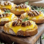 - 1 französisches Baguette, in 1,5 cm dicke Scheiben geschnitten - 200 g Brie-Käse, in Scheiben geschnitten - 1/2 Tasse Pekannüsse, grob gehackt - 1/4 Tasse reiner Ahornsirup - 2 Esslöffel Olivenöl - 1 Esslöffel frische Thymianblätter - Salz und Pfeffer nach Geschmack Um diese leckeren Maple Pecan Brie Crostini zu machen, brauchen wir frische Zutaten. Ein französisches Baguette bietet die perfekte Basis. Es hat eine knusprige Kruste und einen weichen Kern. Der Brie-Käse schmilzt schön und gibt einen cremigen Geschmack. Pekannüsse fügen einen nussigen Crunch hinzu, während der Ahornsirup eine süße Note bringt. Frischer Thymian gibt den Crostini einen aromatischen Hauch. Achten Sie darauf, hochwertigen Olivenöl zu verwenden. Es hebt den gesamten Geschmack. Vergessen Sie nicht, Salz und Pfeffer hinzuzufügen. Diese Zutaten machen das Gericht noch besser. Sie können alle Zutaten leicht im Supermarkt finden. Suchen Sie nach frischen, reifen Produkten für den besten Geschmack. Indem Sie diese Zutaten verwenden, schaffen Sie ein eindrucksvolles Gericht, das jeder genießen wird. Heize deinen Ofen auf 200°C vor. Während der Ofen warm wird, schneide das Baguette in 1,5 cm dicke Scheiben. Lege die Baguettescheiben auf ein Backblech. Bestreiche jede Baguettescheibe leicht mit Olivenöl. Backe sie für etwa 8-10 Minuten, bis sie goldbraun sind. Wende sie zur Hälfte der Backzeit, damit sie gleichmäßig knusprig werden. Nehme eine kleine Pfanne und erhitze sie bei mittlerer Hitze. Füge die grob gehackten Pekannüsse hinzu. Röste sie 2-3 Minuten lang, bis sie duften. Achte darauf, sie nicht zu verbrennen. Füge dann den Ahornsirup und die Thymianblätter hinzu. Rühre gut um und lasse die Mischung 1-2 Minuten köcheln, bis sie leicht eindickt. Nehme die Crostini aus dem Ofen. Lege auf jede warme Scheibe einen Brie-Scheibe. Gib die Crostini für weitere 3-4 Minuten in den Ofen, bis der Brie zu schmelzen beginnt. Träufle die Ahorn-Thymian-Mischung über den geschmolzenen Brie und streue die gerösteten Pekannüsse darüber. Würze die Crostini leicht mit Salz und Pfeffer, bevor du sie servierst. Um die besten Crostini zu machen, ist die Backzeit wichtig. Ich empfehle, den Ofen auf 200°C vorzuheizen. Backe die Scheiben 8-10 Minuten. Achte darauf, sie nach der Hälfte der Zeit zu wenden. So werden sie gleichmäßig knusprig und goldbraun. Lass sie nicht zu lange im Ofen, sonst verbrennen sie. Kräuter und Gewürze machen einen großen Unterschied. Ich benutze frische Thymianblätter für diesen Rezept. Sie geben einen tollen Geschmack. Du kannst auch etwas Rosmarin oder Oregano hinzufügen. Ein Hauch von frisch gemahlenem Pfeffer hebt die Aromen hervor. Experimentiere mit deinen Lieblingstexturen und Geschmäckern. Die Präsentation ist wichtig, um die Crostini ansprechend zu servieren. Ich lege die Crostini auf ein schönes Holzbrett. Garniere sie mit frischen Thymianzweigen. Das sieht toll aus und bringt Farbe auf den Tisch. Du kannst auch ein wenig extra Ahornsirup darüber träufeln, um das Aussehen zu verbessern. {{image_4}} Wenn Sie eine neue Note suchen, probieren Sie Camembert oder Ziegenkäse. Camembert hat einen ähnlichen Geschmack wie Brie, ist aber kräftiger. Ziegenkäse bietet eine frische, pikante Note. Beide Käsesorten schmelzen gut und passen perfekt zu Ahornsirup. Experimentieren Sie mit diesen Käsesorten, um verschiedene Aromen zu entdecken. Fügen Sie Honig für extra Süße hinzu. Feine Früchte wie Birnen oder Äpfel bringen Frische. Auch frische Beeren sind eine tolle Wahl. Nüsse wie Mandeln oder Walnüsse ergänzen das Gericht mit einem knusprigen Biss. Diese Toppings machen Ihre Crostini noch interessanter und leckerer. Für glutenfreie Crostini, verwenden Sie glutenfreies Baguette oder Knäckebrot. Viele Marken bieten schmackhafte Alternativen. Achten Sie darauf, die Zutatenliste zu prüfen. So können Sie sicher sein, dass Ihr Brot glutenfrei ist. Diese Optionen schmecken gut und sind perfekt für alle Gäste. Um übrig gebliebene Crostini gut zu lagern, lege sie in einen luftdichten Behälter. So bleiben sie frisch. Du kannst sie auch mit einem feuchten Tuch abdecken. Stelle den Behälter in den Kühlschrank. So bleiben sie bis zu drei Tage genießbar. Vermeide, sie in einer offenen Schüssel zu lassen. Das macht sie schnell weich. Wenn du die Crostini wieder aufwärmen möchtest, heize den Ofen auf 180°C vor. Lege die Crostini auf ein Backblech. Backe sie für etwa 5 bis 7 Minuten. So werden sie wieder knusprig. Du kannst auch eine Mikrowelle verwenden, aber die Crostini werden dann weich. Das Aufwärmen im Ofen ist am besten. Im Kühlschrank halten sich die Crostini etwa drei Tage. Sie verlieren jedoch an Geschmack und Knusprigkeit. Du kannst die Crostini nicht gut einfrieren, da sie dann matschig werden. Es ist besser, sie frisch zu genießen. Crostini bleiben im Kühlschrank bis zu drei Tage frisch. Bewahren Sie sie in einem luftdichten Behälter auf. Im Gefrierschrank halten sie etwa einen Monat. Achten Sie darauf, sie gut einzupacken, damit sie nicht austrocknen. Ja, Sie können die Crostini im Voraus machen. Backen Sie die Baguettescheiben und bereiten Sie die Ahorn-Pekannuss-Mischung vor. Lagern Sie alles getrennt im Kühlschrank. Kurz vor dem Servieren können Sie die Crostini fertigstellen. Für eine perfekte Konsistenz sollte der Brie warm und leicht geschmolzen sein. Backen Sie ihn bei 200°C für 3-4 Minuten, bis er weich wird. Achten Sie darauf, dass er nicht zu lange im Ofen bleibt, um eine Überhitzung zu vermeiden. Ja, für eine vegane Version können Sie Cashewkäse oder Mandelkäse verwenden. Diese Alternativen schmelzen nicht wie Brie, bieten aber einen tollen Geschmack. Verwenden Sie auch Ahornsirup und die restlichen Zutaten wie im Rezept. Die Zutaten für die Crostini sind in jedem Supermarkt erhältlich. Suchen Sie nach frischem Baguette, Brie und Pekannüssen in der Back- oder Käseabteilung. Achten Sie auf Bio-Optionen für die besten Aromen. In diesem Blogpost haben wir lecker Crostini mit Brie, Pekannüssen und Ahornsirup zubereitet. Ich habe die Zutaten, den Backprozess und Lagerungstipps sorgfältig erklärt. Denken Sie daran, dass die Zutaten variieren können. Probieren Sie auch andere Käsesorten oder Toppings aus. Ihre Crostini werden so ein Hit bei jedem Anlass. Viel Spaß beim Zubereiten und Genießen!