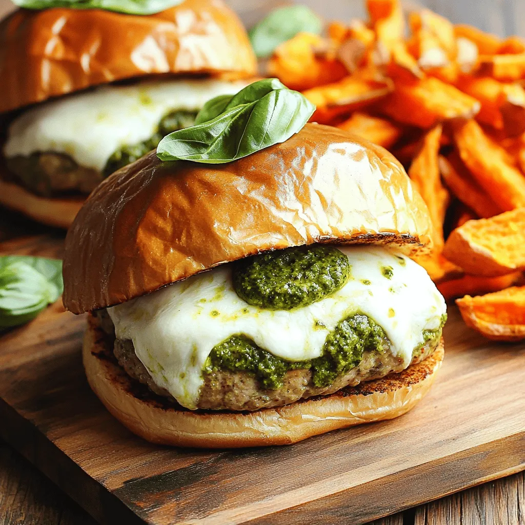 Für die Pesto Mozzarella Stuffed Turkey Burgers brauchst du: - 450 g gemahlenes Putenfleisch - 120 ml Pesto-Sauce - 170 g frischer Mozzarella, gewürfelt - 30 g geriebener Parmesan - 30 g Semmelbrösel - 1 Teelöffel Knoblauchpulver - 1 Teelöffel Zwiebelpulver - Salz und Pfeffer nach Geschmack - 4 Vollkorn-Burgerbrötchen - Olivenöl zum Grillen Diese Zutaten sorgen für einen saftigen und geschmackvollen Burger. Das Putenfleisch ist mager und leicht. Das Pesto gibt einen tollen Geschmack. Frischer Mozzarella schmilzt schön und macht die Burger besonders. Parmesan und Semmelbrösel sorgen für die perfekte Konsistenz. Um die Burger zu verfeinern, empfehle ich: - Frische Basilikumblätter - Ein Löffel Pesto Die frischen Basilikumblätter geben einen tollen Duft. Ein Löffel Pesto auf dem Burger macht ihn noch leckerer. Du kannst auch andere Beläge verwenden, wie Tomaten oder Avocado, je nach deinem Geschmack. Falls du einige Zutaten nicht hast, gibt es tolle Alternativen: - Verwende Rinderhack oder Hähnchenhack statt Putenfleisch. - Nutze ein anderes Pesto, wie Walnuss- oder Spinatpesto. - Anstelle von Mozzarella kannst du Cheddar oder Gouda nehmen. - Für eine glutenfreie Option, wähle glutenfreie Brötchen und Semmelbrösel. Mit diesen Alternativen kannst du die Burger anpassen. So schmecken sie immer gut und du kannst kreativ sein! Zuerst nimmst du eine große Rührschüssel. Gib das gemahlene Putenfleisch hinein. Füge dann Knoblauchpulver, Zwiebelpulver und Semmelbrösel hinzu. Streue den geriebenen Parmesan darüber. Jetzt kommt das Wichtigste: Mit Salz und Pfeffer würzen! Mische alles gut, aber achte darauf, das Fleisch nicht zu überarbeiten. So bleibt es saftig und lecker. Teile die Fleischmischung in acht gleich große Portionen. Nimm eine Portion und forme sie in deiner Handfläche zu einer flachen Frikadelle. Halte etwas Mozzarella bereit. Lege einige Würfel in die Mitte der Frikadelle. Klappe die Ränder vorsichtig über den Käse. Forme nun eine Kugel und drücke sie sanft platt. Wiederhole das mit den restlichen Portionen. Heize den Grill oder eine Grillpfanne auf mittlere Hitze vor. Pinsle die Grillfläche mit Olivenöl ein. Das verhindert das Ankleben. Lege die gefüllten Putenburger auf den Grill. Grill sie für etwa 5 bis 6 Minuten auf jeder Seite. Achte darauf, dass die Innentemperatur 75°C erreicht. Drücke die Patties nicht während des Grillens. So bleibt der Käse schön drin. Wenn du magst, kannst du die Burgerbrötchen in den letzten Minuten leicht toasten. Das macht sie goldbraun und knusprig! Grillen ist eine Kunst. Du willst deine Pesto Mozzarella Stuffed Turkey Burgers bei mittlerer Hitze grillen. Heize deinen Grill auf etwa 180 °C vor. Diese Temperatur sorgt dafür, dass die Burger gleichmäßig garen. Grill die Burger für 5 bis 6 Minuten auf jeder Seite. So bleiben sie saftig und geschmackvoll. Die Innentemperatur sollte 75 °C erreichen. Das garantiert, dass das Putenfleisch gut durch ist. Die Formung der Burger ist entscheidend. Teile die Putenfleischmischung in gleich große Portionen. Nimm eine Portion und forme sie in deiner Handfläche zu einer flachen Frikadelle. Lege ein paar Mozzarellawürfel in die Mitte. Klappe die Ränder vorsichtig über den Käse. So entsteht eine gefüllte Frikadelle. Drücke sie sanft platt. Achte darauf, nicht zu fest zu drücken, damit der Käse nicht herausquillt. Das Anrichten der Burger macht Spaß und sieht toll aus. Lege jede gefüllte Frikadelle auf ein Vollkorn-Burgerbrötchen. Füge einen Löffel Pesto hinzu und garnier mit frischen Basilikumblättern. Du kannst die Burger auf einem Holzbrett servieren. Das sieht nicht nur gut aus, sondern macht auch Appetit. Eine Beilage von Süßkartoffelpommes rundet das Gericht perfekt ab. {{image_4}} Wenn du eine vegetarische oder vegane Option suchst, habe ich einige Ideen für dich. Du kannst das Putenfleisch durch schwarze Bohnen oder Linsen ersetzen. Diese Hülsenfrüchte sind nahrhaft und bieten eine gute Textur. Für den Käse kannst du veganen Mozzarella verwenden. Viele Marken bieten schmelzbaren Käse an, der perfekt für diese Burger ist. Pesto kann auch in einer veganen Version gefunden werden, oft aus Nüssen und Kräutern. So bleibt der Geschmack erhalten, und du hast eine tolle Option für alle. Experimentiere mit verschiedenen Käsesorten. Feta oder Gouda können den Burger ganz anders schmecken. Wenn du Pesto magst, probiere verschiedene Sorten aus. Basilikumpesto ist klassisch, aber Rucola- oder Spinatpesto geben eine neue Note. Du kannst auch Nüsse oder Samen hinzufügen, um die Textur zu variieren. So wird jeder Biss spannend und lecker. Die richtigen Beilagen können dein Essen aufwerten. Süßkartoffelpommes passen hervorragend zu diesen Burgern. Sie sind knusprig und süß, was toll mit dem herzhaften Burger harmoniert. Auch ein einfacher grüner Salat bringt Frische auf den Teller. Du kannst auch gegrilltes Gemüse servieren. Zucchini oder Paprika sind einfach zuzubereiten und schmecken lecker. Ein cremiger Dip könnte ebenfalls gut dazu passen. Um die Pesto Mozzarella Stuffed Turkey Burgers frisch zu halten, lege sie in einen luftdichten Behälter. Stelle sicher, dass die Burger abgekühlt sind, bevor du sie lagerst. So bleiben sie saftig und lecker. Du kannst die Burger bis zu drei Tage im Kühlschrank aufbewahren. Wenn du die Burger länger aufbewahren willst, friere sie ein. Wickele jeden Burger einzeln in Frischhaltefolie. Lege die eingewickelten Burger dann in einen Gefrierbeutel. So kannst du sie bis zu drei Monate einfrieren. Achte darauf, das Datum auf den Beutel zu schreiben, damit du nicht vergisst, wann du sie eingefroren hast. Um die Burger wieder aufzuwärmen, nimm sie aus dem Kühlschrank oder Gefrierfach. Wenn sie gefroren sind, lasse sie zuerst im Kühlschrank über Nacht auftauen. Erhitze eine Pfanne bei mittlerer Hitze und lege die Burger hinein. Brate sie etwa fünf Minuten auf jeder Seite, bis sie heiß sind. Du kannst auch den Ofen nutzen. Heize ihn auf 180°C vor und backe die Burger für etwa 15 Minuten. So bleiben sie gut und frisch. Um die besten Pesto Mozzarella Stuffed Turkey Burgers zu machen, mische frisches Putenfleisch mit Gewürzen. Verwende Knoblauchpulver und Zwiebelpulver, um Geschmack zu geben. Teile das Fleisch in Portionen. Forme eine flache Frikadelle, füge den Mozzarella hinzu und forme dann eine Kugel. Grille die Burger bei mittlerer Hitze für 5-6 Minuten pro Seite. Achte darauf, die Patties nicht zu drücken, damit der Käse nicht herausläuft. Ja, du kannst die Burger auch im Ofen zubereiten. Heize den Ofen auf 190 °C vor. Lege die Burger auf ein Backblech mit Backpapier. Backe sie für etwa 20-25 Minuten. Überprüfe die Innentemperatur mit einem Fleischthermometer. Die Burger sollten 75 °C erreichen, um sicher zu sein. Die ideale Innentemperatur für Putenburger liegt bei 75 °C. Diese Temperatur stellt sicher, dass das Fleisch sicher zu essen ist. Verwende ein Thermometer, um genau zu messen. Dies ist wichtig, um das Risiko von Lebensmittelerkrankungen zu minimieren. In diesem Artikel haben wir die besten Zutaten für köstliche Putenburger besprochen. Wir haben auch eine Schritt-für-Schritt-Anleitung zum Zubereiten gegeben. Tipps zu Grilltemperatur und Formen der Burger sind wertvoll. Außerdem haben wir Variationen und Aufbewahrungsoptionen erwähnt. Zum Schluss gibt es Antworten auf häufige Fragen. Die Zubereitung von Putenburgern ist einfach und macht Spaß. Experimentiere mit Variationen für neuen Geschmack. Jeder Biss wird zeigen, wie gut du es gemacht hast.