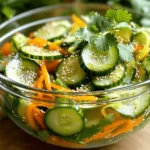 Für einen frischen und knusprigen Sesamknusprigen Gurkensalat benötigen Sie folgende Zutaten: - 2 große Gurken, dünn geschnitten - 1 Paprika (nach Wahl), in feine Streifen geschnitten - 1/2 Tasse Karotten, gerieben - 1/4 Tasse rote Zwiebel, dünn geschnitten - 1/4 Tasse frischer Koriander, gehackt - 1/4 Tasse Sesamsamen (leicht geröstet) Diese Zutaten bringen Farbe und Textur in den Salat. Die Gurken sorgen für Frische, während die Paprika süß und knackig ist. Für das Dressing brauchen Sie: - 2 Esslöffel Sojasauce - 1 Esslöffel Reisessig - 1 Esslöffel Sesamöl - 1 Esslöffel Honig oder Ahornsirup - Salz und Pfeffer nach Geschmack Diese Zutaten verleihen dem Salat einen herzhaften und süßen Geschmack. Sojasauce bringt Umami, während Honig eine angenehme Süße hinzufügt. Sie können den Salat nach Belieben anpassen. Hier sind einige optionale Ergänzungen: - Avocado für eine cremige Textur - Geröstete Nüsse für zusätzlichen Crunch - Chili für etwas Schärfe Diese Ergänzungen können den Salat noch interessanter machen. Spielen Sie mit den Zutaten und finden Sie Ihre perfekte Mischung! Zuerst schneide ich die Gurken in dünne Scheiben. Du kannst auch einen Spiralschneider verwenden. Das gibt dem Salat eine lustige Form. Dann nehme ich eine Paprika und schneide sie in feine Streifen. Es ist wichtig, die Farben zu mischen. Jetzt reibe ich die Karotten und schneide die rote Zwiebel dünn. Schließlich hacke ich den frischen Koriander. Alle Zutaten kommen in eine große Schüssel. In einer kleinen Schüssel mische ich die Sojasauce, den Reisessig, das Sesamöl und den Honig. Du kannst auch Ahornsirup verwenden. Ich verquirle alles gut. Das Dressing wird dann über die Gemüsemischung gegossen. Es ist wichtig, dass jeder Bissen gut gewürzt ist. Jetzt werfe ich die Gemüsemischung vorsichtig um, bis alles gleichmäßig bedeckt ist. Ich füge die gerösteten Sesamsamen und den gehackten Koriander hinzu. Eine Prise Salz und Pfeffer sorgt für den letzten Schliff. Der Salat sollte 10-15 Minuten ruhen. So können sich die Aromen entfalten. Serviere den Salat kalt oder bei Zimmertemperatur. Die Farben sind schön und die Texturen sind knusprig. Um den Geschmack zu verbessern, können Sie frische Kräuter hinzufügen. Minze oder Basilikum passen gut zu diesem Salat. Eine Prise Chili-Flocken bringt etwas Schärfe. Variieren Sie die Sojasauce mit Tamari für eine glutenfreie Option. Präsentieren Sie den Salat in einer klaren Glasschüssel. Dies zeigt die bunten Gemüsestücke und macht Lust auf mehr. Garnieren Sie die Oberseite mit zusätzlichen Sesamsamen und frischem Koriander. Dies macht das Gericht noch appetitlicher. Verwenden Sie übrig gebliebene Gurken in Sandwiches oder Wraps. Sie sind auch toll in Tacos. Die restlichen Zutaten können in einer Suppe oder in einem anderen Salat verwendet werden. So verschwenden Sie nichts und genießen verschiedene Gerichte. {{image_4}} Für den Sesamknusprigen Gurkensalat können Sie viele Gemüsesorten verwenden. Statt Paprika probieren Sie Radieschen oder Zucchini. Diese bringen frische und Farbe. Sie können auch Frühlingszwiebeln oder Erbsen hinzufügen. Diese Variationen halten den Salat spannend und lecker. Möchten Sie es schärfer? Fügen Sie etwas gehackte Chilischote hinzu. Für einen süßeren Geschmack können Sie mehr Honig oder Ahornsirup verwenden. Wenn Sie mehr Crunch mögen, versuchen Sie, Nüsse wie Mandeln oder Erdnüsse hinzuzufügen. So passen Sie den Salat einfach an Ihre Vorlieben an. Dieses Rezept ist fast vegan. Ersetzen Sie den Honig einfach durch Agavendicksaft. So bleibt der Salat süß und lecker. Außerdem können Sie die Sojasauce durch Tamari ersetzen, um den Salat glutenfrei zu machen. Diese kleinen Änderungen machen den Salat für alle zugänglich. Bewahre den Gurkensalat in einem luftdichten Behälter auf. So bleibt er frisch und knusprig. Stelle sicher, dass die Schüssel gut verschlossen ist, um Feuchtigkeit zu vermeiden. Kühle den Salat sofort nach dem Servieren. Im Kühlschrank hält sich der Salat bis zu drei Tage. Nach dieser Zeit kann die Frische nachlassen. Achte darauf, dass er nicht matschig wird. Überprüfe den Geruch und die Textur, bevor du ihn isst. Wenn du Reste hast, die etwas schlaff wirken, mache folgendes: Füge frische Gurkenstücke hinzu. Ein Spritzer neues Dressing kann auch helfen. Rühre alles gut um, um die Aromen zu beleben. So schmeckt der Salat fast wie neu! Du kannst den Gurkensalat bis zu drei Tage im Kühlschrank aufbewahren. Achte darauf, ihn in einem luftdichten Behälter zu lagern. Die Gurken bleiben knackig, aber die Aromen entwickeln sich weiter. Wenn du die Gewürze magst, wird der Salat über die Tage intensiver. Ja, du kannst das Rezept leicht anpassen. Verdopple einfach die Zutaten. Für eine größere Gruppe, multipliziere die Mengen nach Bedarf. Halte das Verhältnis der Zutaten gleich, um die perfekte Balance zu behalten. So bleibt der Geschmack immer frisch und lecker. Du kannst verschiedene Dressings ausprobieren. Ein einfaches Limettendressing bringt Frische. Ein Erdnussdressing fügt Tiefe hinzu. Für einen asiatischen Touch, verwende ein Miso-Dressing. Jedes Dressing hat seinen eigenen Charme und passt gut zu den Gurken und dem Gemüse. Zusammenfassend zeigt dieser Blogpost, wie man einen leckeren Gurkensalat zubereitet. Wir haben die Hauptzutaten, Gewürze und optionale Ergänzungen besprochen. Die Schritt-für-Schritt-Anleitung hilft dir bei der Zubereitung. Tipps zur Verbesserung des Geschmacks und zur Präsentation runden dein Gericht ab. Zudem haben wir Variationen und Aufbewahrungsinformationen behandelt. Denk daran, dass frische Zutaten und kreative Anpassungen deinen Salat besonders machen. Experimentiere und finde deine perfekte Mischung!