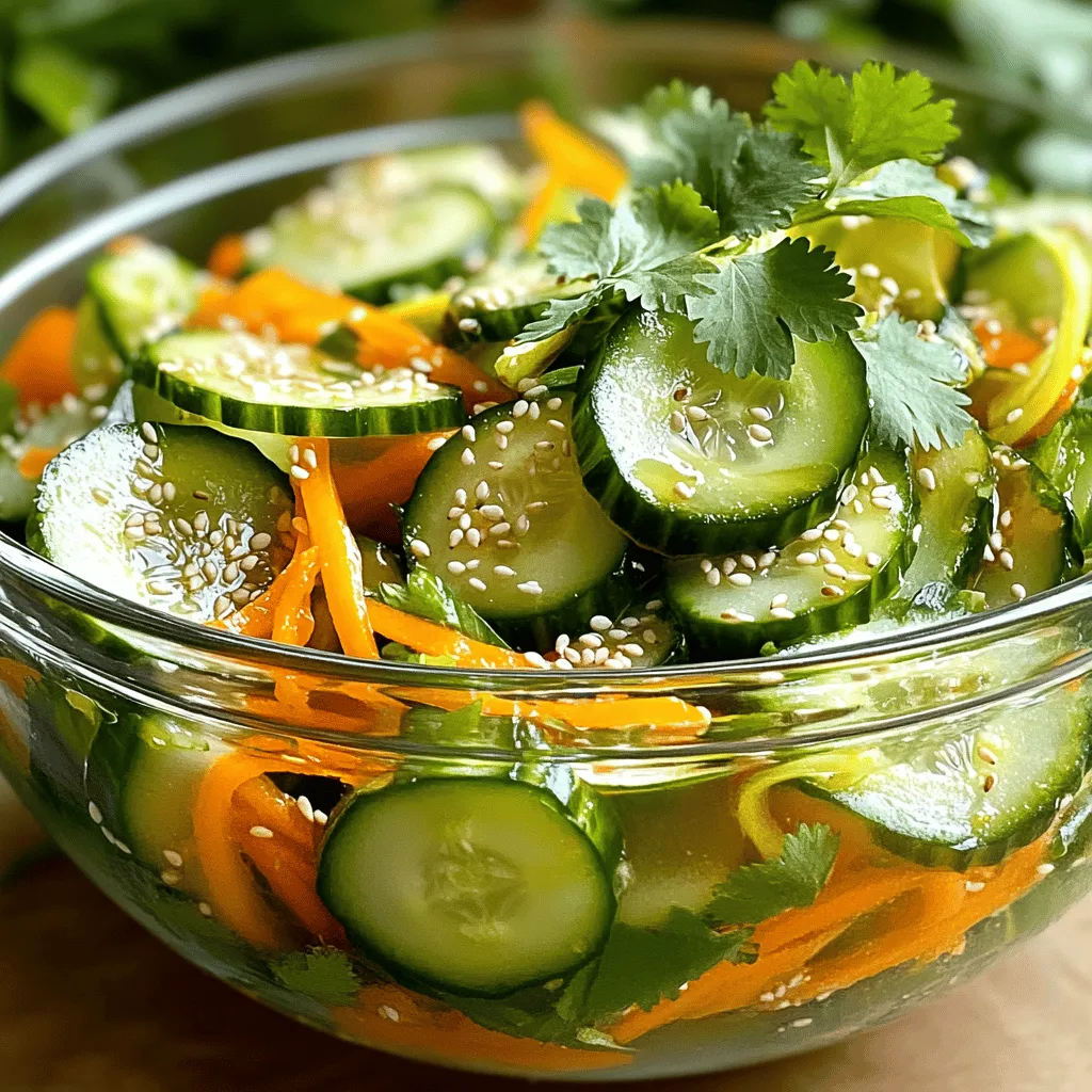 Für einen frischen und knusprigen Sesamknusprigen Gurkensalat benötigen Sie folgende Zutaten: - 2 große Gurken, dünn geschnitten - 1 Paprika (nach Wahl), in feine Streifen geschnitten - 1/2 Tasse Karotten, gerieben - 1/4 Tasse rote Zwiebel, dünn geschnitten - 1/4 Tasse frischer Koriander, gehackt - 1/4 Tasse Sesamsamen (leicht geröstet) Diese Zutaten bringen Farbe und Textur in den Salat. Die Gurken sorgen für Frische, während die Paprika süß und knackig ist. Für das Dressing brauchen Sie: - 2 Esslöffel Sojasauce - 1 Esslöffel Reisessig - 1 Esslöffel Sesamöl - 1 Esslöffel Honig oder Ahornsirup - Salz und Pfeffer nach Geschmack Diese Zutaten verleihen dem Salat einen herzhaften und süßen Geschmack. Sojasauce bringt Umami, während Honig eine angenehme Süße hinzufügt. Sie können den Salat nach Belieben anpassen. Hier sind einige optionale Ergänzungen: - Avocado für eine cremige Textur - Geröstete Nüsse für zusätzlichen Crunch - Chili für etwas Schärfe Diese Ergänzungen können den Salat noch interessanter machen. Spielen Sie mit den Zutaten und finden Sie Ihre perfekte Mischung! Zuerst schneide ich die Gurken in dünne Scheiben. Du kannst auch einen Spiralschneider verwenden. Das gibt dem Salat eine lustige Form. Dann nehme ich eine Paprika und schneide sie in feine Streifen. Es ist wichtig, die Farben zu mischen. Jetzt reibe ich die Karotten und schneide die rote Zwiebel dünn. Schließlich hacke ich den frischen Koriander. Alle Zutaten kommen in eine große Schüssel. In einer kleinen Schüssel mische ich die Sojasauce, den Reisessig, das Sesamöl und den Honig. Du kannst auch Ahornsirup verwenden. Ich verquirle alles gut. Das Dressing wird dann über die Gemüsemischung gegossen. Es ist wichtig, dass jeder Bissen gut gewürzt ist. Jetzt werfe ich die Gemüsemischung vorsichtig um, bis alles gleichmäßig bedeckt ist. Ich füge die gerösteten Sesamsamen und den gehackten Koriander hinzu. Eine Prise Salz und Pfeffer sorgt für den letzten Schliff. Der Salat sollte 10-15 Minuten ruhen. So können sich die Aromen entfalten. Serviere den Salat kalt oder bei Zimmertemperatur. Die Farben sind schön und die Texturen sind knusprig. Um den Geschmack zu verbessern, können Sie frische Kräuter hinzufügen. Minze oder Basilikum passen gut zu diesem Salat. Eine Prise Chili-Flocken bringt etwas Schärfe. Variieren Sie die Sojasauce mit Tamari für eine glutenfreie Option. Präsentieren Sie den Salat in einer klaren Glasschüssel. Dies zeigt die bunten Gemüsestücke und macht Lust auf mehr. Garnieren Sie die Oberseite mit zusätzlichen Sesamsamen und frischem Koriander. Dies macht das Gericht noch appetitlicher. Verwenden Sie übrig gebliebene Gurken in Sandwiches oder Wraps. Sie sind auch toll in Tacos. Die restlichen Zutaten können in einer Suppe oder in einem anderen Salat verwendet werden. So verschwenden Sie nichts und genießen verschiedene Gerichte. {{image_4}} Für den Sesamknusprigen Gurkensalat können Sie viele Gemüsesorten verwenden. Statt Paprika probieren Sie Radieschen oder Zucchini. Diese bringen frische und Farbe. Sie können auch Frühlingszwiebeln oder Erbsen hinzufügen. Diese Variationen halten den Salat spannend und lecker. Möchten Sie es schärfer? Fügen Sie etwas gehackte Chilischote hinzu. Für einen süßeren Geschmack können Sie mehr Honig oder Ahornsirup verwenden. Wenn Sie mehr Crunch mögen, versuchen Sie, Nüsse wie Mandeln oder Erdnüsse hinzuzufügen. So passen Sie den Salat einfach an Ihre Vorlieben an. Dieses Rezept ist fast vegan. Ersetzen Sie den Honig einfach durch Agavendicksaft. So bleibt der Salat süß und lecker. Außerdem können Sie die Sojasauce durch Tamari ersetzen, um den Salat glutenfrei zu machen. Diese kleinen Änderungen machen den Salat für alle zugänglich. Bewahre den Gurkensalat in einem luftdichten Behälter auf. So bleibt er frisch und knusprig. Stelle sicher, dass die Schüssel gut verschlossen ist, um Feuchtigkeit zu vermeiden. Kühle den Salat sofort nach dem Servieren. Im Kühlschrank hält sich der Salat bis zu drei Tage. Nach dieser Zeit kann die Frische nachlassen. Achte darauf, dass er nicht matschig wird. Überprüfe den Geruch und die Textur, bevor du ihn isst. Wenn du Reste hast, die etwas schlaff wirken, mache folgendes: Füge frische Gurkenstücke hinzu. Ein Spritzer neues Dressing kann auch helfen. Rühre alles gut um, um die Aromen zu beleben. So schmeckt der Salat fast wie neu! Du kannst den Gurkensalat bis zu drei Tage im Kühlschrank aufbewahren. Achte darauf, ihn in einem luftdichten Behälter zu lagern. Die Gurken bleiben knackig, aber die Aromen entwickeln sich weiter. Wenn du die Gewürze magst, wird der Salat über die Tage intensiver. Ja, du kannst das Rezept leicht anpassen. Verdopple einfach die Zutaten. Für eine größere Gruppe, multipliziere die Mengen nach Bedarf. Halte das Verhältnis der Zutaten gleich, um die perfekte Balance zu behalten. So bleibt der Geschmack immer frisch und lecker. Du kannst verschiedene Dressings ausprobieren. Ein einfaches Limettendressing bringt Frische. Ein Erdnussdressing fügt Tiefe hinzu. Für einen asiatischen Touch, verwende ein Miso-Dressing. Jedes Dressing hat seinen eigenen Charme und passt gut zu den Gurken und dem Gemüse. Zusammenfassend zeigt dieser Blogpost, wie man einen leckeren Gurkensalat zubereitet. Wir haben die Hauptzutaten, Gewürze und optionale Ergänzungen besprochen. Die Schritt-für-Schritt-Anleitung hilft dir bei der Zubereitung. Tipps zur Verbesserung des Geschmacks und zur Präsentation runden dein Gericht ab. Zudem haben wir Variationen und Aufbewahrungsinformationen behandelt. Denk daran, dass frische Zutaten und kreative Anpassungen deinen Salat besonders machen. Experimentiere und finde deine perfekte Mischung!