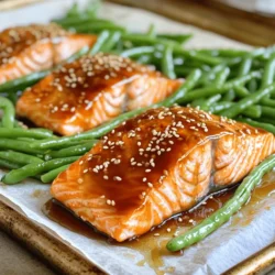 - 4 Lachsfilets - 2 Esslöffel Teriyaki-Sauce - 450 g grüne Bohnen, geputzt - 1 Esslöffel Honig - 1 Esslöffel Olivenöl - 1 Esslöffel Sesamöl - 1 Teelöffel frischer Ingwer, fein gehackt - 2 Knoblauchzehen, gefräst - 1 Esslöffel Sesamsamen - 2 Frühlingszwiebeln, gehackt (zum Garnieren) Die Zutaten sind die Basis für den vollen Geschmack. Die Lachsfilets sind zart und voller Nährstoffe. Die Teriyaki-Sauce gibt dem Gericht einen süßen und salzigen Kick. Die grünen Bohnen fügen eine knackige Textur hinzu. Die Gewürze und Öle bringen alles zusammen. Honig sorgt für einen Hauch Süße. Olivenöl und Sesamöl geben reichhaltigen Geschmack und helfen beim Braten. Frischer Ingwer und Knoblauch sorgen für Tiefe und Aroma. Sesamsamen bringen einen schönen Crunch und Frühlingszwiebeln fügen Farbe und Frische hinzu. Mithilfe dieser Zutaten kannst du ein einfaches und schmackhaftes Gericht zaubern. Jede Zutat hat ihren eigenen Platz und macht das Essen besonders. Heize deinen Ofen auf 200°C vor. Lege ein großes Blech mit Pergamentpapier aus. Das macht die Reinigung einfach. Jetzt bereiten wir die Teriyaki-Mischung vor. Nimm eine kleine Schüssel und vermenge 2 Esslöffel Teriyaki-Sauce, 1 Esslöffel Honig, 1 Esslöffel Olivenöl und 1 Esslöffel Sesamöl. Füge 1 Teelöffel fein gehackten Ingwer und 2 gefräste Knoblauchzehen hinzu. Rühre alles gut durch, bis du eine glatte Sauce hast. Jetzt kommt der Lachs. Lege 4 Lachsfilets auf eine Seite des Blechs. Pinsle die Teriyaki-Mischung großzügig über die Filets. Sie sollten gut bedeckt sein. Auf der anderen Seite des Blechs ordne 450 g geputzte grüne Bohnen in einer einzigen Schicht an. Beträufle sie leicht mit Olivenöl und würze sie mit Salz und Pfeffer. Tossiere die Bohnen, damit sie gleichmäßig gewürzt sind. Schiebe das Blech in den Ofen und backe alles für 15-20 Minuten. Der Lachs ist fertig, wenn er leicht mit einer Gabel zerfällt. Die Bohnen sollten zart, aber knackig sein. Nach dem Backen nimm das Blech heraus. Streue 1 Esslöffel Sesamsamen über den Lachs. Lass ihn ein paar Minuten ruhen. Vor dem Servieren garniere das Gericht mit gehackten Frühlingszwiebeln. Jetzt ist dein leckeres Gericht bereit, um genossen zu werden! - Garzeit und -temperatur: Um den perfekten Lachs zu erhalten, backen Sie ihn bei 200°C. Die Garzeit beträgt 15-20 Minuten. Der Lachs sollte sich leicht mit einer Gabel zerteilen lassen. - Verwendung eines Fischthermometers: Ein Fischthermometer hilft Ihnen, die perfekte Garstufe zu erreichen. Der Lachs sollte eine Innentemperatur von 60°C haben. So bleibt er saftig und zart. - Vorbereitungsrichtlinien: Waschen Sie die grünen Bohnen gründlich. Schneiden Sie die Enden ab, um die Bohnen für das Backen vorzubereiten. Achten Sie darauf, dass die Bohnen gleichmäßig auf dem Blech liegen. - Tipps für den idealen Biss: Um den perfekten Biss zu erzielen, backen Sie die Bohnen nicht zu lange. Sie sollten zart, aber knackig bleiben. Wenn Sie sie nach 15-20 Minuten herausnehmen, haben sie den besten Geschmack. - Zusätzliche Gewürze oder Zutaten: Experimentieren Sie mit Gewürzen wie Paprika oder Chili-Flocken. Diese geben dem Lachs und den Bohnen einen extra Kick. - Alternative Saucen ausprobieren: Neben Teriyaki-Sauce können Sie auch Sojasauce oder Hoisin-Sauce verwenden. Diese Saucen verleihen dem Gericht neue Aromen und machen es interessanter. {{image_4}} - Verwendung von Tofustücken: Du kannst den Lachs durch festen Tofu ersetzen. Tofu nimmt die Teriyaki-Sauce gut auf. Schneide ihn in gleichmäßige Stücke. Mariniere ihn wie den Lachs und backe ihn auf dem Blech. - Gemüseänderungen: Probiere verschiedene Gemüse. Brokkoli, Paprika oder Zucchini passen gut. Schneide sie in kleine Stücke, damit sie gleichmäßig garen. So bleibt das Gericht bunt und knackig. - Vorschläge für Reis- oder Nusstoppings: Jasminreis ist eine tolle Beilage. Du kannst auch Quinoa oder braunen Reis nutzen. Nüsse wie Mandeln oder Cashews geben extra Crunch. Streue sie über das fertige Gericht für mehr Textur. - Salatalternativen: Ein frischer Salat ergänzt die Mahlzeit. Mische grünen Salat, Gurken und Karotten. Ein einfaches Dressing aus Öl und Essig rundet den Geschmack ab. - Glutenfreie Optionen: Achte darauf, glutenfreie Teriyaki-Sauce zu verwenden. Viele Marken bieten diese Option an. So bleibt das Gericht für alle verträglich. - Keto-freundliche Zutaten: Für eine Keto-Diät kannst du den Honig weglassen. Verwende stattdessen ein kalorienfreies Süßungsmittel. Achte auch darauf, Gemüse mit niedrigem Kohlenhydratgehalt zu wählen, wie Zucchini oder Spinat. Um die Reste von Ihrem Teriyaki-Lachs mit grünen Bohnen richtig zu lagern, verwenden Sie luftdichte Behälter. Diese helfen, den Geschmack und die Frische zu bewahren. Füllen Sie die Behälter mit dem Lachs und den Bohnen. Stellen Sie sicher, dass die Reste vollständig abgekühlt sind, bevor Sie sie in den Kühlschrank stellen. Im Kühlschrank halten die Reste bis zu drei Tage. Achten Sie darauf, dass die Temperatur unter 4°C bleibt. Wenn Sie das Gericht länger aufbewahren möchten, können Sie es einfrieren. Teilen Sie die Portionen in geeignete Behälter oder Gefrierbeutel auf. Achten Sie darauf, die Luft so gut wie möglich herauszudrücken. So vermeiden Sie Gefrierbrand. Der Lachs und die Bohnen sind bis zu drei Monate im Gefrierschrank haltbar. Zum Auftauen legen Sie die Behälter über Nacht in den Kühlschrank. Erwärmen Sie die Reste bei niedriger Hitze in der Mikrowelle oder im Ofen, bis sie heiß sind. Um den Lachs saftig zu halten, decken Sie ihn beim Aufbewahren mit etwas Teriyaki-Sauce ab. Das hilft, die Feuchtigkeit zu bewahren. Wenn Sie den Lachs wieder aufwärmen, fügen Sie einen Spritzer Wasser oder Brühe hinzu. Dies verhindert, dass der Fisch trocken wird. Vermeiden Sie es, den Lachs zu lange zu erhitzen, da dies die Textur verschlechtert. Genießen Sie Ihre Reste in einem neuen Gericht oder als schnellen Snack! Die Zubereitung dauert insgesamt nur 25 Minuten. Die Vorbereitungszeit beträgt etwa 10 Minuten. Dann backen Sie alles für 15 bis 20 Minuten im Ofen. So haben Sie schnell ein köstliches Gericht. Ja, Sie können viele andere Gemüsesorten hinzufügen. Mögen Sie Karotten? Schneiden Sie sie in dünne Scheiben und fügen Sie sie hinzu. Zucchini passt auch gut. Brokkoli ist eine gesunde Wahl. Sehen Sie, was Sie im Kühlschrank haben. Experimentieren macht Spaß! Ja, dieses Gericht ist sehr gesund. Lachs ist reich an Omega-3-Fettsäuren. Diese Fettsäuren sind gut für das Herz. Grüne Bohnen sind voll von Ballaststoffen, Vitaminen und Mineralien. Sie tragen zur Verdauung bei. Die Teriyaki-Sauce und der Honig geben Geschmack, ohne zu viele Kalorien hinzuzufügen. Insgesamt ist es ein nährstoffreiches Essen. Die Zubereitung von Sheet-Pan Teriyaki Lachs ist einfach und lecker. Wir haben die Hauptzutaten wie Lachs, Teriyaki-Sauce und grüne Bohnen behandelt. Die Schritt-für-Schritt-Anleitung hilft dir, das Gericht perfekt zuzubereiten. Vergiss nicht die Tipps für den perfekten Lachs und zusätzliche Variationen. Dieses Gericht ist nicht nur schmackhaft, sondern auch gesund. Mit den richtigen Lagerungshinweisen bleiben deine Reste frisch. Lass dein kreatives Kochen nun beginnen!