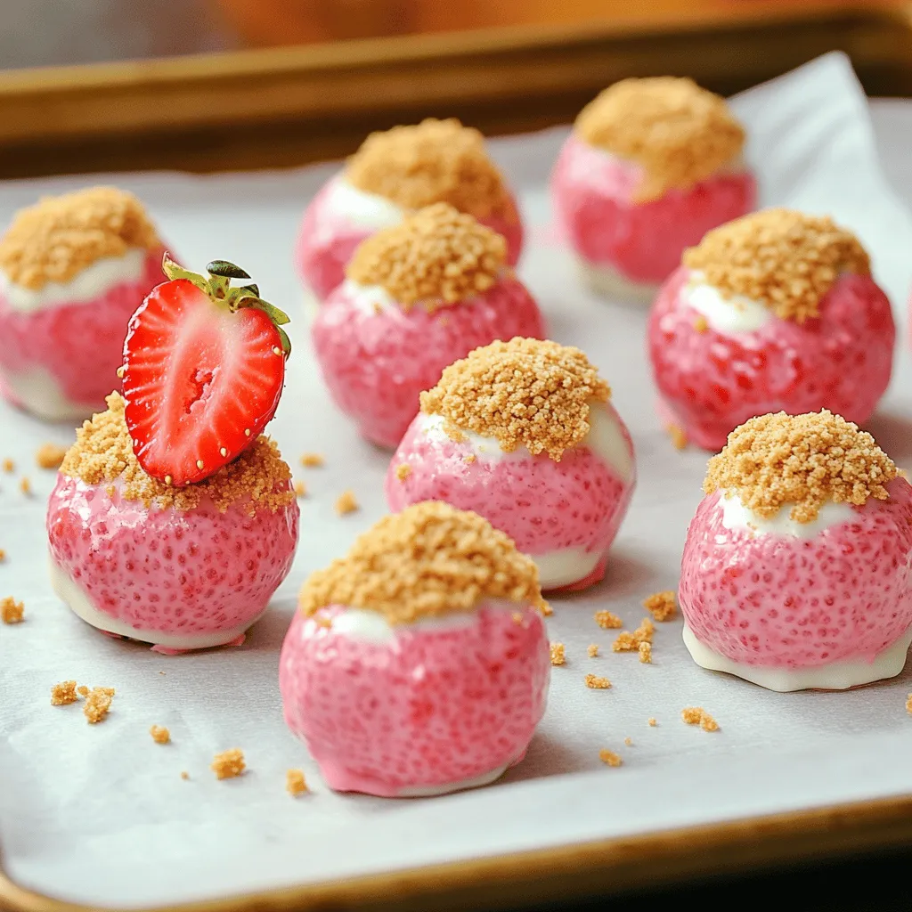Für die perfekten No Bake Strawberry White Chocolate Truffles benötigst du: - 1 Tasse frische Erdbeeren, entstielt und püriert - 225 g weiße Schokolade, grob gehackt - 1 Tasse Frischkäse, weich - 1 ½ Tassen Graham-Cracker-Brösel - ½ Tasse Puderzucker - 1 Teelöffel Vanilleextrakt - Eine Prise Salz Diese Zutaten sind wichtig, um den vollen Erdbeergeschmack und die cremige Textur zu erreichen. Die weiße Schokolade sorgt für eine süße Basis, während der Frischkäse die Trüffel schön reichhaltig macht. Um die Trüffel ansprechend zu dekorieren, brauchst du: - Extra Graham-Cracker-Brösel, zum Wenden - Frische Erdbeeren, zur Dekoration Die zusätzlichen Graham-Cracker-Brösel geben einen tollen Crunch. Die halben Erdbeeren obenauf machen die Trüffel besonders hübsch und frisch. Falls du bestimmte Zutaten nicht hast, gibt es Alternativen: - Du kannst die weiße Schokolade durch Zartbitter- oder Milchschokolade ersetzen. - Für eine leichtere Variante, nutze griechischen Joghurt anstelle von Frischkäse. - Anstelle von Graham-Crackern kannst du Kekse wie Butterkekse verwenden. Diese Alternativen helfen dir, die Trüffel nach deinem Geschmack zu variieren und anzupassen. Zuerst brauchst du frische Erdbeeren. Entstiele sie und püriere sie in einer Schüssel. Du benötigst auch Frischkäse, weiße Schokolade, Graham-Cracker-Brösel, Puderzucker, Vanilleextrakt und eine Prise Salz. Stelle alles bereit, damit du schnell arbeiten kannst. Nimm eine hitzebeständige Schüssel und fülle sie mit der gehackten weißen Schokolade. Stelle die Schüssel über einen Topf mit simmerndem Wasser. Rühre die Schokolade ständig um. Warte, bis sie glatt ist und nimm sie dann von der Hitze. Lass die Schokolade etwas abkühlen, bevor du sie verwendest. In einer großen Schüssel vermischst du den Frischkäse und das Erdbeerpüree. Nutze einen Handmixer oder einen Schneebesen dafür. Mische alles gut, bis es glatt ist. Jetzt fügst du die abgekühlte, geschmolzene weiße Schokolade hinzu. Rühre alles vorsichtig um. Danach gib nach und nach die Graham-Cracker-Brösel, den Puderzucker, den Vanilleextrakt und das Salz dazu. Mische, bis ein fester Teig entsteht. Nimm dann etwa einen Esslöffel Teig und forme kleine Kugeln. Wälze jede Kugel in den extra Graham-Cracker-Bröseln. Lege sie auf ein mit Backpapier ausgelegtes Blech. Stelle das Blech für mindestens 30 Minuten in den Kühlschrank. Das macht die Trüffel fest. Nach der Kühlzeit kannst du jede Trüffel mit einer halben Erdbeere dekorieren. Serviere die Trüffel auf einer schönen Platte, vielleicht mit frischen Minzblättern. Um die besten Trüffel zu machen, achte auf die Schokolade. Schmelze die weiße Schokolade sanft. Zu hohe Hitze kann sie verbrennen. Rühre sie ständig, bis sie glatt ist. Lass sie etwas abkühlen, bevor du sie hinzufügst. Der Frischkäse sollte weich sein, damit sich alles gut vermischt. Nutze frische Erdbeeren für den besten Geschmack. Die Mischung darf nicht zu feucht sein. Wenn sie es ist, füge etwas mehr Graham-Cracker-Brösel hinzu. Ein häufiger Fehler ist, die Schokolade zu heiß zu machen. Das führt zu einer klumpigen Konsistenz. Ein weiterer Fehler ist, die Trüffel nicht lange genug zu kühlen. Stelle sicher, dass sie mindestens 30 Minuten im Kühlschrank sind. Wenn die Trüffel zu groß sind, brauchen sie länger zum Kühlen. Achte darauf, gleichmäßige Kugeln zu formen. So sehen sie besser aus und schmecken toll. Du kannst das Rezept leicht anpassen. Probiere dunkle Schokolade statt weißer Schokolade. Das bringt einen intensiveren Geschmack. Für einen besonderen Kick füge etwas Minze oder Zimt hinzu. Wenn du keine Erdbeeren magst, kannst du Himbeeren oder Mango verwenden. Diese Früchte geben einen erfrischenden Geschmack. Experimentiere mit verschiedenen Nüssen oder Keksen in der Mischung. So machst du die Trüffel einzigartig. {{image_4}} Du kannst die Erdbeeren durch andere Früchte ersetzen. Himbeeren oder Blaubeeren passen gut. Probiere auch Aromen wie Orange oder Zitrone. Ein wenig Zitronensaft bringt Frische. Für einen besonderen Kick füge einen Schuss Likör hinzu. Amaretto oder Erdbeerlikör sind tolle Optionen. Erdbeeren sind klassisch, aber nicht die einzige Wahl. Du kannst frische Pfirsiche oder Mangos verwenden. Püriere die Früchte, um eine glatte Textur zu erhalten. Denke daran, die Süße anzupassen. Einige Früchte sind süßer als andere. Achte darauf, dass die Mischung gut schmeckt. Um vegane Trüffel zu machen, ersetze den Frischkäse durch eine pflanzliche Alternative. Kokosnusscreme ist eine gute Wahl. Du kannst auch vegane weiße Schokolade verwenden. Für die glutenfreie Version nutze glutenfreie Graham-Cracker. Es gibt viele Marken, die das anbieten. So kannst du alle genießen! Um die no bake Erdbeer-Trüffel frisch zu halten, lege sie in einen luftdichten Behälter. Das schützt sie vor Feuchtigkeit und Gerüchen. Stelle den Behälter in den Kühlschrank. So bleiben die Trüffel kühl und lecker. Achte darauf, dass sie nicht in direktem Kontakt mit anderen Lebensmitteln sind. Dies hilft, ihren Geschmack zu bewahren. Die no bake Erdbeer-Trüffel halten sich im Kühlschrank etwa eine Woche. Nach dieser Zeit können sie an Geschmack verlieren. Wenn sie eingefroren sind, halten sie bis zu drei Monate. Stelle sicher, dass sie gut verpackt sind, bevor du sie ins Gefrierfach gibst. So bleibt ihre Frische erhalten. Um die Trüffel einzufrieren, forme sie zuerst in Kugeln. Lege sie auf ein Backblech und friere sie 1-2 Stunden ein. Danach kannst du die Trüffel in einen Gefrierbeutel oder Behälter umfüllen. Denke daran, das Datum auf den Beutel zu schreiben. So weißt du, wann du sie gemacht hast. Wenn du die Trüffel auftauen möchtest, lasse sie einfach im Kühlschrank über Nacht. Die Trüffel brauchen mindestens 30 Minuten im Kühlschrank, um fest zu werden. Ich empfehle, sie etwas länger zu kühlen, wenn du eine festere Textur möchtest. Über Nacht im Kühlschrank zu lassen, kann die Trüffel noch besser machen. Die Geduld lohnt sich! Ja, du kannst gefrorene Erdbeeren verwenden. Achte darauf, sie zuerst aufzutauen und gut abzutropfen. So vermeidest du eine zu flüssige Mischung. Gefrorene Erdbeeren können sogar intensiveren Geschmack bieten. Für die besten Ergebnisse empfehle ich eine hochwertige weiße Schokolade. Sie sollte einen hohen Kakaoanteil haben. Vermeide Schokolade mit Zusatzstoffen, die den Geschmack beeinträchtigen könnten. Gute Qualität macht einen großen Unterschied! Mit diesem Rezept kannst du etwa 20 Trüffel machen. Die Anzahl kann leicht variieren, je nachdem, wie groß du sie formst. Kleinere Trüffel sind perfekt für einen süßen Snack, während größere eine sättigende Option bieten. Zusammenfassend haben wir die wichtigsten Schritte zur Herstellung von leckeren Trüffeln behandelt. Du hast gelernt, welche Zutaten du brauchst, wie du die Trüffel zubereitest und die besten Tipps zur Perfektionierung. Variationen und Lagerhinweise helfen dir, die Trüffel frisch zu halten. Denke daran, kreativ zu sein und das Rezept nach deinem Geschmack anzupassen. Mit diesem Wissen kannst du nun eigene Trüffel kreieren, die jeden begeistern werden. Viel Spaß beim Ausprobieren!