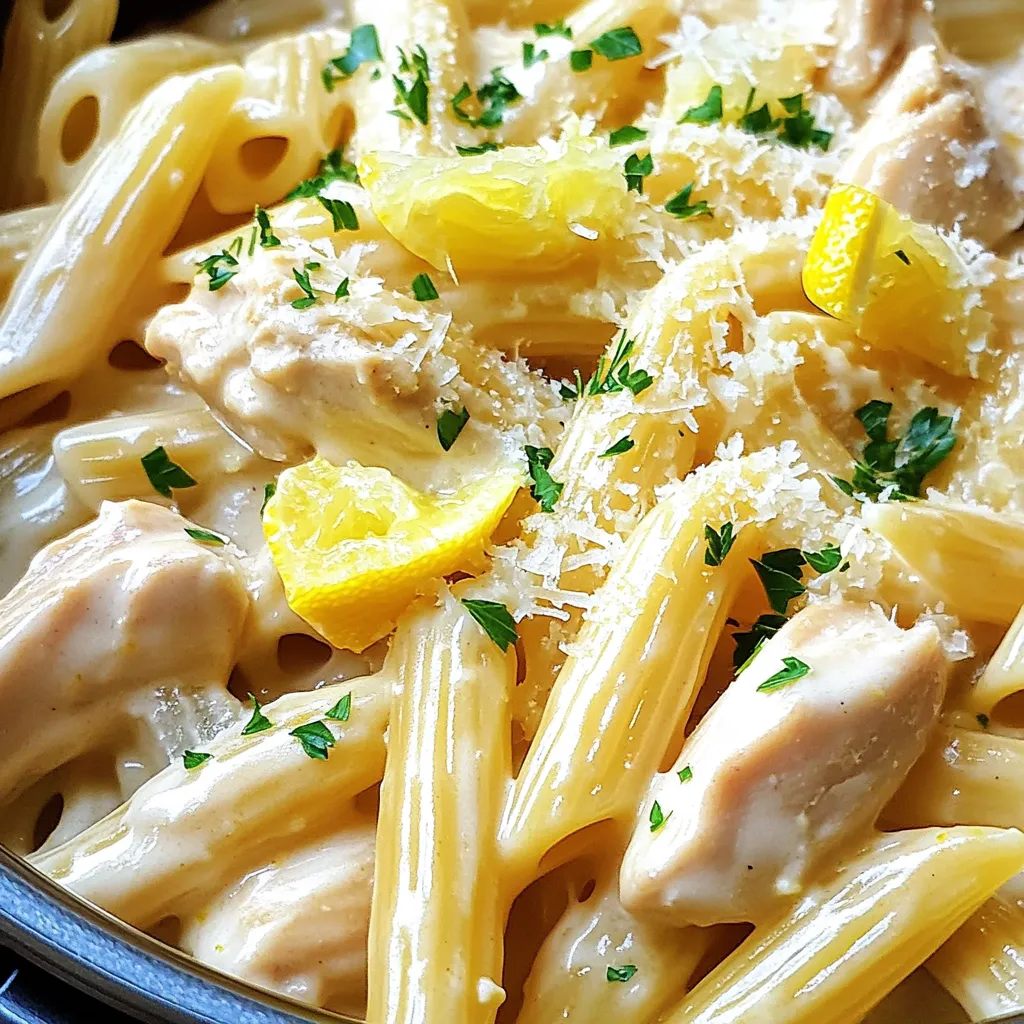 Für diese einfache und leckere Pasta benötigst du folgende Hauptzutaten: - 450g Hähnchenbrustfilet, in mundgerechte Stücke geschnitten - 225g Pasta (Penne oder Rotini sind am besten geeignet) - 1 Esslöffel Olivenöl - 1 kleine Zwiebel, gewürfelt - 3 Knoblauchzehen, fein gehackt - 240ml Hühnerbrühe - 240ml Schlagsahne - Schale von 1 Zitrone - Saft von 1 Zitrone - 1 Teelöffel getrockneter Oregano - Salz und Pfeffer nach Geschmack - Frische Petersilie, gehackt (zum Garnieren) - Geriebener Parmesan (optional) Diese Zutaten machen das Gericht frisch und cremig. Die Zitrone bringt eine spritzige Note. Die Gewürze sind wichtig für den Geschmack. Ich benutze: - Salz und Pfeffer, um die Aromen zu verstärken. - Getrockneter Oregano gibt der Pasta eine herzhafte Note. - Frische Petersilie bringt Farbe und Frische ins Gericht. Diese einfachen Gewürze machen einen großen Unterschied. Sie heben die Zitrone und das Hähnchen hervor. Die Wahl der Pasta ist wichtig für den Erfolg. Ich empfehle: - Penne, weil sie die Sauce gut festhält. - Rotini, da die Spiralen viel Sauce einfangen. Beide Sorten sind perfekt für diese cremige Zitronen-Hühnchen-Pasta. Sie sorgen für eine tolle Textur. Beginnen Sie mit dem Schneiden des Hähnchenbrustfilets in kleine Stücke. Diese Stücke sollten gleichmäßig sein, damit sie gleichmäßig garen. Messen Sie dann die Pasta ab. Penne oder Rotini passen gut. Hacken Sie die Zwiebel und den Knoblauch fein. Diese Zutaten bringen viel Geschmack. Vergessen Sie nicht, die Zitrone zu reiben und ihren Saft auszupressen. Die Schale gibt einen frischen Duft und der Saft bringt Säure. Stellen Sie den Instant Pot auf 'Sauté'-Modus. Geben Sie das Olivenöl hinein und lassen Sie es warm werden. Fügen Sie die Zwiebel hinzu und braten Sie sie 3-4 Minuten lang. Sie sollten weich und durchsichtig werden. Dann kommt der Knoblauch dazu. Rühren Sie ihn eine Minute lang, bis er duftet. Jetzt fügen Sie die Hähnchenstücke hinein. Würzen Sie sie mit Salz und Pfeffer. Kochen Sie das Hähnchen etwa 5 Minuten, bis es nicht mehr rosa ist. Danach gießen Sie die Hühnerbrühe hinein. Kratzen Sie den Boden ab, um den Geschmack zu halten. Geben Sie die ungekochte Pasta, Zitronenschale, Zitronensaft und Oregano dazu. Rühren Sie vorsichtig, damit alles gut vermischt ist. Schließen Sie den Deckel und stellen Sie ihn auf 'Sealing'. Kochen Sie auf hoher Druckstufe für 6 Minuten. Nach der Kochzeit führen Sie einen schnellen Druckabbau durch. Öffnen Sie den Deckel und rühren Sie die Schlagsahne ein. Sie muss gut vermischt sein. Probieren Sie die Pasta und passen Sie die Gewürze mit Salz und Pfeffer an. Wenn die Sauce zu dick ist, können Sie den Instant Pot wieder auf 'Sauté' stellen. Erhitzen Sie das Gericht für 2-3 Minuten. Servieren Sie die Pasta heiß. Garnieren Sie sie mit gehackter Petersilie und nach Belieben mit geriebenem Parmesan. Guten Appetit! Um das Hühnchen zart zu halten, gibt es einige einfache Tricks. Wählen Sie frisches Hähnchenbrustfilet. Schneiden Sie es in gleich große Stücke. So garen alle Stücke gleichmäßig. Würzen Sie das Hühnchen gut mit Salz und Pfeffer. Dies bringt den Geschmack hervor. Achten Sie darauf, das Hähnchen nicht zu lange zu braten. Fünf Minuten sind genug. Durch das schnelle Kochen im Instant Pot bleibt das Hühnchen saftig. Die Sauce sollte cremig und glatt sein. Dazu fügen Sie die Schlagsahne zum Schluss hinzu. Rühren Sie sie gut ein, bis sie sich vermischt. Wenn die Sauce zu dick ist, geben Sie etwas Hühnerbrühe hinzu. So erreichen Sie die gewünschte Konsistenz. Wichtig ist, die Pasta gut mit der Sauce zu vermengen. Verwenden Sie einen großen Löffel, um alles gründlich zu mischen. Garnituren machen das Gericht besonders lecker. Frische Petersilie gibt Farbe und Frische. Streuen Sie sie direkt vor dem Servieren über die Pasta. Geriebener Parmesan passt ebenfalls gut dazu. Servieren Sie die Pasta mit einem einfachen grünen Salat. Auch ein Stück knuspriges Brot ist eine tolle Beilage. So wird das Essen noch genussvoller. {{image_4}} Wenn du die cremige Zitronen-Hühnchen-Pasta vegetarisch machen möchtest, ist das einfach. Du kannst das Hähnchen durch Gemüse ersetzen. Zum Beispiel eignen sich Zucchini, Paprika und Brokkoli gut. Schneide das Gemüse in kleine Stücke. Sauté das Gemüse im Instant Pot, bis es weich ist. Füge dann die Pasta und die anderen Zutaten wie gewohnt hinzu. Diese Variante wird ebenso lecker und cremig! Du kannst auch andere Proteine verwenden. Statt Hähnchen kannst du Putenbrust oder Garnelen nehmen. Wenn du Garnelen verwendest, füge sie erst in den letzten Minuten hinzu. Sie brauchen nicht lange zum Kochen. Das macht das Gericht schnell und einfach. Jede Proteinwahl bringt ihren eigenen Geschmack mit. Probiere es aus! Für eine glutenfreie Variante wähle glutenfreie Pasta. Es gibt viele Optionen im Handel. Stelle sicher, dass die Hühnerbrühe ebenfalls glutenfrei ist. Du kannst auch Zucchini-Nudeln nutzen. Sie sind gesund und passen gut zur Sauce. So bleibt das Gericht leicht und lecker. Egal welche Anpassung du wählst, die Geschmackskombination bleibt wunderbar! Um deine cremige Zitronen-Hühnchen-Pasta frisch zu halten, lagere sie in einem luftdichten Behälter. Lass die Pasta auf Raumtemperatur abkühlen, bevor du sie in den Kühlschrank stellst. So bleibt der Geschmack erhalten. Im Kühlschrank hält sie sich bis zu drei Tage. Wenn du Reste hast, kannst du die Pasta einfrieren. Teile sie in Portionen auf und lege sie in gefriergeeignete Behälter. Achte darauf, die Luft so gut wie möglich herauszudrücken. So bleibt die Pasta bis zu drei Monate frisch. Wenn du sie wieder auftauen möchtest, lass sie über Nacht im Kühlschrank auftauen. Um die Pasta wieder zu erwärmen, kannst du sie in der Mikrowelle oder auf dem Herd erhitzen. Wenn du sie auf dem Herd erwärmst, füge etwas Hühnerbrühe oder Wasser hinzu, um die Sauce cremig zu halten. Rühre gut um, um ein Anbrennen zu vermeiden. So wird deine Pasta wieder lecker und cremig! Die gesamte Kochzeit für die cremige Zitronen-Hühnchen-Pasta beträgt etwa 30 Minuten. Davon sind 10 Minuten für die Vorbereitung nötig. Im Instant Pot dauert das Kochen auf hoher Druckstufe nur 6 Minuten. Nach dem Kochen lassen Sie den Druck schnell ab, was zusätzlich 2-3 Minuten in Anspruch nimmt. So haben Sie schnell ein leckeres Gericht. Ja, Sie können andere Zitronenrezepte verwenden, um verschiedene Geschmäcker zu erzielen. Zitronen passen gut zu vielen Gerichten. Sie können frischen Zitronensaft oder Schale aus anderen Rezepten nutzen. Achten Sie darauf, das Verhältnis von Säure und anderen Zutaten auszugleichen. Zitronen verleihen Ihren Gerichten Frische und Lebhaftigkeit. Ja, die Schlagsahne kann durch verschiedene Alternativen ersetzt werden. Sie können griechischen Joghurt oder Kokosmilch verwenden. Diese Optionen machen das Gericht leichter oder vegan. Achten Sie darauf, die Menge anzupassen, um die richtige Konsistenz zu erhalten. Mit den richtigen Zutaten bleibt der Geschmack trotzdem köstlich und cremig. Die cremige Zitronen-Hühnchen-Pasta ist ein einfaches, aber leckeres Gericht. Wir haben die wichtigen Zutaten und Gewürze besprochen, die für den besten Geschmack sorgen. Die Schritt-für-Schritt-Anleitung hilft dir, im Instant Pot schnell zu kochen. Tipps für zartes Hühnchen und die perfekte Sauce runden das Rezept ab. Vergiss nicht, die verschiedenen Varianten auszuprobieren. Die richtigen Lagerungstipps sichern dir frische Reste. Diese Pasta ist ein tolles Gericht für jeden Anlass und einfach zuzubereiten. Sie bringt Freude auf deinen Tisch!